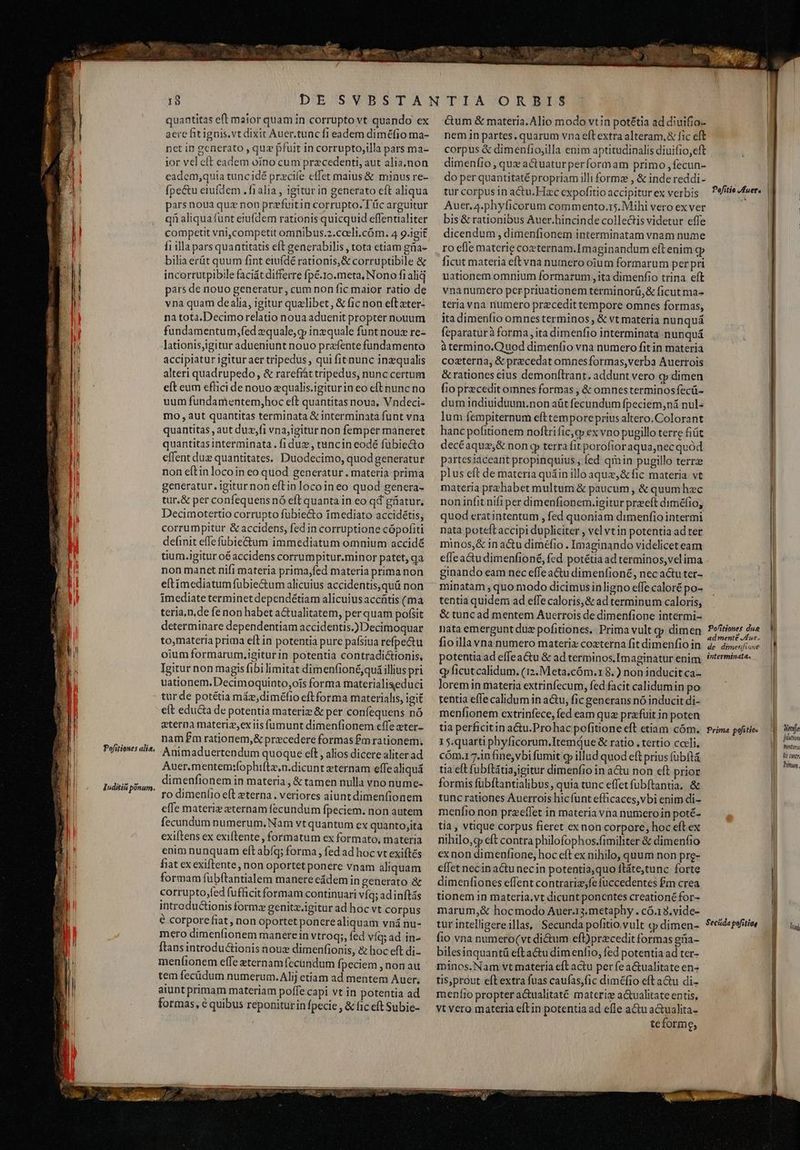 Pofitiones alia. Iuditid pónum. quantitas eft maior quam in corrupto vt quando ex aere fit ignis.vt dixit Auer.tunc fi eadem diméfio ma- nct in generato , quz pfuit in corrupto,illa pars ma- ior vel eft eadem oíno cum precedenti, aut alia,non cadem,quia tuncidé przcife cffet maius &amp; minus re- fpectu eiufdem . fialia , igitur in generato eft aliqua pars noua quz non przfuitin corrupto. Tüc arguitur qfi aliqua funt eiufdem rationis quicquid effentialiter competit vni,competit omnibus.2.ceeli.cóm. 4 9.igit fi illa pars quantitatis eft generabilis, tota etiam gia- bilia erüt quum fint eiufdé rationis,&amp; corruptibile &amp; incorrutpibile faciát differre fpé-10.meta, Nono fi alij pars de nouo generatur, cum non fic maior ratio de vna quam de alia, igitur quelibet, &amp; fic non eftater- na tota.Decimo relatio noua aduenit propter nouum fundamentum,fed zquale,g» inzquale funt nouz re- lationis,igitur adueniunt nouo prafente fundamento accipiatur igitur aer tripedus , qui fitnunc inzqualis alteri quadrupedo, &amp; rarefrát tripedus, nunc certum eft eum effici de nouo zqualis.igiturin eo eft nunc no uum fundamentem,hoc eft quantitas noua, Vndeci- mo , aut quantitas terminata &amp; interminata funt vna quantitas , aut duz,fi vna,igitur non femper maneret quantitas interminata . fi due, tuncin eodé fubie&amp;to effent duz quantitates. Duodecimo, quod generatur non eftin locoin eo quod generatur. materia prima generatur. igitur non eft in locoin eo quod genera- tur.&amp; per confequens nó eft quanta in eo qd gatur, Decimotertio corrupto fübie&amp;to imediato accidétis; corrumpitur &amp; accidens, fed in corruptione cópofiti definit effe fübie&amp;tum immediatum omnium accidé tium.igitur o6accidens corrumpitur.minor patet, qa non manet nifi materia prima,fed materia prima non eftimediatum fübie&amp;um alicuius accidentis,quà non imediate terminet dependétiam alicuius acchtis (ma teria,n,de fe non habet a&amp;tualitatem, per quam pofsit determinare dependentiam accidentis.) Decimoquar to,materia prima elt in potentia pure pafsiua refpectu oium formarum,igiturin potentia contradictionis, Igitur non magis fibi limitat dimenfioné;quá illius pri uationem. Decimoquinto,ois forma materialiseduci tur de potétia máe,diméfio eft forma materialis, igit eft educa de potentia materiz &amp; per confequens nó eterna materiz,exiisfumunt dimenfionem effeazter- nam£m rationem,&amp; procedere formas fm rationem, Animaduertendum quoque eft , alios dicere aliter ad Auer.mentem:fophiftz,n.dicunt eternam effe aliquá dimenfionem in materia , &amp; tamen nulla vno nume- ro dimení1o e(t eterna . veriores aiuntdimenfionem effe materiz eternam fecundum fpeciem. non autem fecundum numerum, Nam vt quantum ex quanto,ita exiítens ex exiflente , formatum ex formato, materia enim nunquam eftabíq; forma , fed ad hoc vt exiftés fiat ex exiftente, non oportet ponere vnam aliquam formam fubftantialem manere cádem in generato &amp; corrupto,fed fufficit formam continuari víq; ad inftás introductionis formz genitz.igitur ad hoc vt corpus e corpore fiat , non oportet ponere aliquam vná nu- mero dimenfionem manerein vtroq;, fed víq; ad in- ftans introdu&amp;ionis nouz dimenfionis, &amp; hoc eft di.- meníionem effe eternam fecundum Ípeciem , non au tem fecüdum numerum.Alij etiam ad mentem Auer, aiunt primam materiam poffe capi vt in potentia ad formas, e quibus reponitur in fpecie , &amp; fic eft Subie- &amp;um &amp; materia. Alio modo vtin potétia ad diuifio- nem in partes, quarum vna eft extra alteram,&amp; fic eft corpus &amp; dimenfiojilla enim aptitudinalis diuifio,eft dimenfio , quz a&amp;uaturperformam primo ,fecun- do per quantitaté propriam illi formz , &amp; inde reddi- tur corpus in actu. Hzc expofitio accipitur ex verbis Auer, 4.phyficorum commento.15. Mihi vero ex ver bis &amp; rationibus Auer.hincinde collectis videtur effe dicendum , dimenfionem interminatam vnam nume ro efle materie coeternam.Imaginandum eft enim gp ficut materia eft vna numero oium formarum per pri uationem omnium formarum , ita dimenfio trina eft vnanumero perpriuationem terminorü,&amp; ficut ma- teria vna numero precedit tempore omnes formas, itadimenfio omnesterminos, &amp; vt matería nunquá feparaturà forma, ita dimenfio interminata nunquá àtermino.Quod dimenfio vna numero fit in materia cozterna, &amp; precedat omnesformas,verba Auerrois &amp; rationes eius demonftrant. addunt vero q» dimen fio przcedit omnes formas , &amp; omnesterminosfecü- dum indiuiduum.non aüt fecundum fpeciem;ná nul- lum fempiternum efttemporeprius altero.Colorant hancpofitionem noftrific,cp ex vno pugillo terre fiüt decéaque;&amp; non gp terra fit porofioraqua,nec quód partesiaceant propinquius , fed qmin pugillo terre plus eft de materia quáin illo aque,&amp;fic materia. vt materia prehabet multum &amp; paucum , &amp; quum hec non infit nifi per dimenfionem.igitur precft diméfio, quod eratintentum , fed quoniam dimenfiointermi nata poteft accipi dupliciter , vel vtin potentia ad ter minos,&amp; in a&amp;u diméfio . Imaginando videliceteam efleactudimenfioné, fcd potétia ad terminos,vel ima ginando eam nec effea&amp;u dimenlion£, nec actu ter- minatam , quo modo dicimusinligno effe caloré po- tentia quidem ad effe caloris, &amp; ad terminum caloris, &amp; tuncad mentem Auerrois de dimenfione intermi- nata emergunt duz pofitiones.. Prima vult cp dimen fioilla vna numero materiz cozterna fit dimenfio in potentia ad effeactu &amp; ad terminos, Imaginatur enim qp ficut calidum. (12. Meta.cóm.r 8. ) non inducit ca- lorem in materia extrinfecum, fed facit calidumin po tentia effe calidum in actu, fic generans nó inducit di- menfionem extrinfece, fed eam qua prafuit in poten tia perficitin actu.Prohac pofitione eft etiam cóm. 15.quarti phyficorum.Itemque &amp; ratio . tertio cceli. cóm.17,in fine,vbi fumit gp illud quod eft prius fübítá tia eft (ubftátiajigitur dimenfio in a&amp;u non eft prior formis fübftantialibus, quia tunc effet fubftantia. &amp; tuncrationes Auerrois hicfunt efficaces,vbi enim di- menífio non przeffet in materia vna numeroin poté- tía, vtique corpus fieret exnon corpore, hoc eft ex nihilo,c eft contra philofophos.fimiliter &amp; dimenfio exnon dimenfione, hoc eít ex nihilo, quum non pre- effet nec in actu nec in potentia,quo ftáte,tunc forte dimenfiones effent contrariz,fe füccedentes £m crea tionem in materia.vt dicunt ponentes creationé for- marum,&amp; hocmodo Auer.13.metaphy . có.13.vide- tur intelligereillas, Secunda pofitio vult cj dimen- fio vna numero(vt dictum eft)przcedit formas gfia- bilesinquantü efta&amp;u dimenlio, fed potentia ad ter- minos.Nam vt materia eft actu per fe a&amp;tualitate en- tis,prout eft extra fuas caufas,fic diméf1o eft a&amp;u di- meníjo propter a&amp;ualitaté materiz a&amp;ualitate entis, vt vero materia eftin potentia ad efle actu a&amp;tualita- teforme, Pofittones due ad mente Jus. de dimenfione tnterminata. Prima pofitiee Secáda pofitíag mm, füluim Wentory fir contr, Pium. fig]