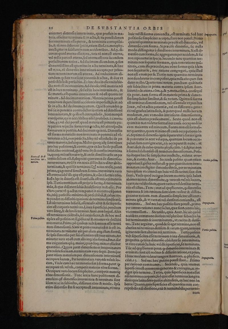 Sexta qo de di enenfione fere Inunatq. Prime pofitio. Lo enimmet dimenfio interminata , que prefuitin ma- teria,efücitur terminata & in actu, & ita poteft dimen fiointerminata effeeterna , & terminata corruptibi- lis.& tf non differunt fpecie, etiam illud.ro.metaphy. intelligitur in fubftantiis non accidentibus. Ad.o. di- cerent quod eterna effet tota , tota tii non eft eterna, vel nulla pars eft seterna,fed xterna efttota fecundum perfectionem totius . Ad decimum dicendum, g fun damentüillius eft quantitas in a&u terminata;& hec eft noua, tà dimenfio interminata accepta per priua- tionem terminorum eft eterna, Ad vndecimum di- cendum c furit vnaficüt potentia &actus, & due vt pérfedtibile & perfectio . Fthecduo ineffe vnifubie- Gonon eft inconueniens. Ad duodecim materia nó eít in loco termináto ;fed eftin locointerminato, & fic materia eft. quanta interminate & nó eft quanta ter minate , Ad. decimumtertium , Materia prima poteft terminare dependentid accidentis imperfe&tiJlicet. nó fit in actu. Ad decimumquartum. Quidá concedat oq má fit in potentia contradictoriis etiam ad diimeéfioné interminatam,& o illa eft corruptibilis , licet nunquá corrüpetur,qa 1a accidétibus nihil prohibet.12imeta; Cóm.4.1.vel dici potelt quod materia eft potentia pu- re pafsiua refpectu formarum jn actu, 6 aütrefpectu formarum in potétia. Ad decimum quintü. Dimenfio eft forma materialis non terminata in potentiaad vl. teriorem actü,non pérfecta.Ideo nó eft educta de po tentia materiz,fed coeua. Mult quoq; alie funtrónes pro hac pofitione;& contra;quz ex his facile poffunt folui.ideo omittant,quid. vero fit diraenfio intermina ta;quoq; mó infit materie, & anit dim&fio àctu an po tentia dictum eft. Reliquuui quaeramus de dimenfio- netermjnata,vtrü ft resnoua di(tinctarealiterabin- terminata,& quid fit terminus.O d noua resfit; patet primo,qagenerat fimuülcum forma.interminata yero eit cternafaltéilla qüeeftprima,& oibus formis cóis; Scdo hecin diuerfis elt diuerfa.illa eft vnà;vti materia ipfa. Tertio terminata ell propria formenterminata máx,& que differunt fubieGto differunt re& effe ; Pro altera parte vf cp actus non ponatin numéro;cüpoten tiajitéd; perfectio minime cü perfectibili-R eshzc to-- ta pendet ex differéti opinione determino diméfioniti. Eftàüt terminus bifaria,effentialis.alter &icfuperfi« cies eft corporis terminus, Linea fuperficiei.punctum vero linee, & dehmói termino Auer.nonloquif, Aliüs eftterminusaccidétalis,fed intrinfecus,& dehoc mul tiplex eft pofitio.vt Egidiusnr Romanus vir doüfsi mus narrat.Prima pó quidem yult formam effe termi tum dimenfionü.Nam vt prima máteria £m fe eft in- terminata.terminatur aüt peraliam atqsaliam formá; ficipía dimenfio per fui effentiam eftinterminata,tec minatur vero vt eft cum alia atq; alia forma.fm.n.for mz exigentiam qriq; maior,quandoq; minor efücitur quantitas , Quare patet dimenfionem interminatam precedereformam.terminatam vero fequi. Itemque patet etiam materiam per dimenfionem interminatá occupare locum , Perterminatam verotín veltin lo- cum, Vndecumhzcterminatio fiatàform a.patet cp occuparetín vel tmn, competit materiz róneforme, Occupare vero locumfitpliciter, competit materie rone dimenfionis.. T'unc iuxta hancpofitionem di- cendum qd dimenfio interminata & terminata fünt idem reacin fubiecto, differunt róne & modo. Ipfa enim dimenfio £m fe accepta eft interminata, vt vero ^ P » U^ ale pofitioficfimpliciter accepta,ftarenon poteft.Primo quia vel quantitas terminata przcife eft dimenfio , vel dimenfio cum forma. Si przcife dimenfio, fic nullo modo diftinguiturà diméfioneinterminata, Si eft di- menfio cum forma,fic aggregatum peraccidens,& fic non reponetur in fpecie.Secundo tunc quantitas ter- minata non fequetur formam, quia nonratione quá titatis, cum illa precedat,nec róne formz quia idem non fequituríe , nec ratione congregati, quiaillud non eft vnum per fe. Tertio tunc quantitas terminata non fundaretur in compofito;quia nulla eius pars fun daturinillo.Quarto tunc totum pun&um quátitatis erit fübiectiue in prima materia contra ipfum Auer. fecundo de anima.cóm.4.& 7. meta.cóm.s. confequé tia patet ..nam forma eft in materia prima & dimen- fiofimpliciter fimiliter,& fic totum. Quinto fi forma eft terminus dimenfionum, vel effentialis vt punctus linez , vel vta&uspotentiz , vel vt differentia gene- ris velgradus latitudinis, & patet quod nullo horum modorurm nec vt modus intrinfecus dimenfionum, quia eft alterius predicamenti. Sexto quod. non eft quantitas non videtur formaliter caufa occupandilo cum maiorem vel minorem, Forma non eft formali- ter quantitas,quare minime eft caufa occupationislo ci,Septimo fi dimenfio ignis feparareturà forma ignis & poncretur in aere velaqua; quantum locum occu- pabat dum cumigneerat ,tÀn occuparet & nunc . vt Auer.dicit decubo quarto phyfi.cóm.7 6.Igitur non à forma fubftantiali eft terminus dimenfionum. Pofi- tioitaquehac fic fimpliciterintelle&a , videtur. erro- nea, contra Auer. . Secunda pofitio quam etiam approbat Egidius nofter eft gj per quantitatem inter- minatamintelligitur dimenfio Pm fe, per terminatam veroipfum vt cóiun&am huic velilli raritati (iue den fitati, Vndequod occupetlocum materia ipfa habet abinterminata dimenfione,qg vero tn vel t locum, àraritate veldenfitate,quare raritas vel den(itastermi- nus eft illius; Tunc patetad queftionem,q dimenfio terminata & interminata funt idem realiter & diítin- guuntur ratione. nam dimenfio fimpliciter eftinter- minata ipfa , & vt raritati vel denfitati coniuncta, eft terminata... Sed nechacpofitioftarepoteft, primo per omnes rationes nunc factas,quo funt contra hác, vtcontraillam. ...Securdo; quia Auer. hicait quód accidens commune duóbus vel pluribus fübie&is.ha betterminatum & incerminatum , vt raritas & deníi- tas Tuncarguitur, quod defe eget termino,non eft alteriusreitérminus.denfum & rarum egent,termino igiturnonfuntalterius rei terminus... T'ertiapofitio vultfüperficiem effeterminum tring dimenfionis,.& proptetea cp trina dimenfio abfolute fit interminata; vt Vero coniticta huic velillifuperficiei,fit terminata. Tücad queftionem patet.g» dimenfio interminata & erminata funt idé realiter & differüt ratione;vt prius, Hunc modum videtur tangere Auerroes. 4. phyfico, comis. | Sednechxc pofitio poteft ftare... Primo per rationescommunes; Secundo , quia vnamet fuperficieseft communisgeherato & corrupto,ac in- diget ipfatermino . Tertio, quia fuperficies non effet niliterminus corporis;fed qüis effet terminus Jongitu betur.Quarto;quia fuperficies eft quantitas non cor- ruptibilis nifi diuifione;etiá & terminabilis pertermi- à num | | : mignatio. yit? | 1 | | | pri TL IT Seciida pofitia, | Impugnatia, T'ertia politia, I. hindi | Áiniag | Impuguatia, | Pi