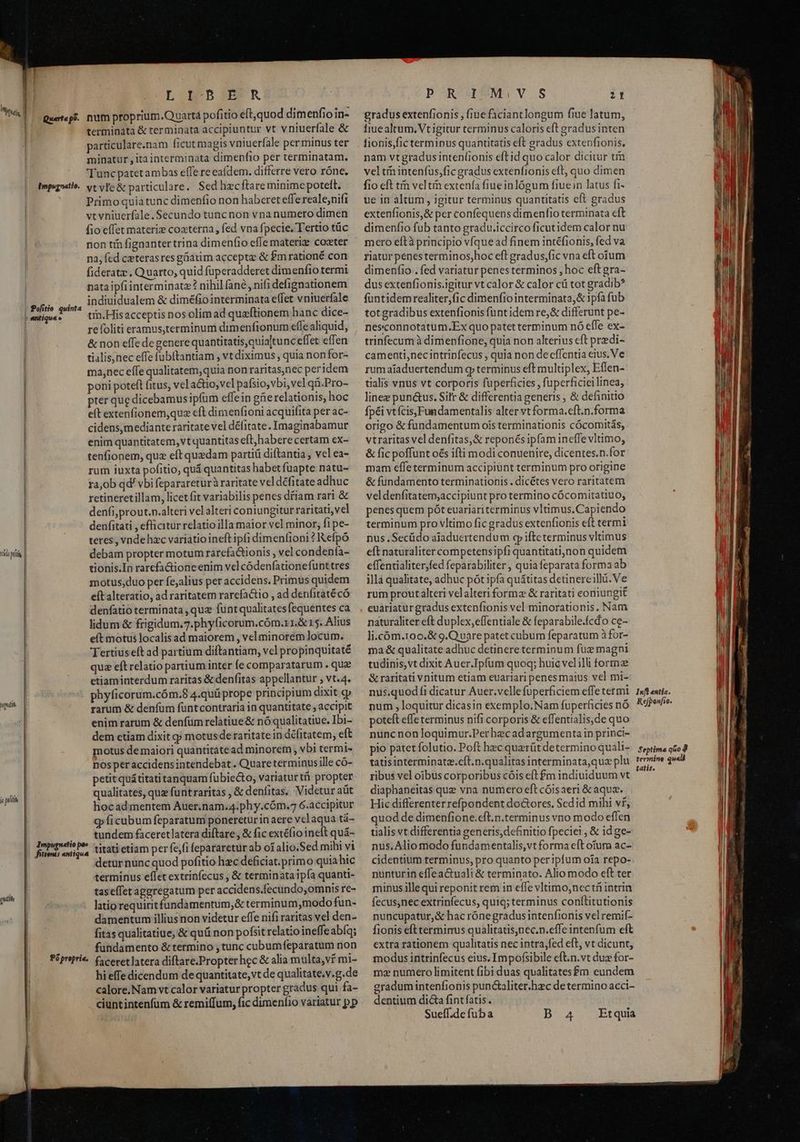 higwtit jc puli | pHlih LIBM-BOWR terminata &amp; terminata accipiuntur vt vniuerfale &amp; particulare.nam ficut magis vniueríale per minus ter minatur , itainterminata dimenfio per terminatam. Tuncpatet ambas effe re eafdem. differre vero róne. vtvle&amp; particulare, Sed hzcftare minime poteft. Primoquiatunc dimenfio non haberet effe reale;nifi vt vhiuerfale.Secundo tunc non vna numero dimen fio effet materiz coaterna, fed vna fpecie, Tertio tüc non tín fignantertrina dimenfio cffe materiz coxter na, fed caeterasres gáatim accepta &amp; £m rationé con fideratz . Quarto, quid fuperadderet dimenfio termi nata ipfiinterminatz? nihil fané, nifi deignationem indiuidualem &amp; diméfio interminata effet vniuerfale tin.Hisacceptis nosolimad quaftionem hanc dice- refoliti eramus,terminum dimenfionum effe aliquid, &amp; non effe de genere quantitatis, quialtunc effet effen tialis,nec effe fübítantiam , vt diximus , quia non for- ma,nec effe qualitatem,quia non raritas,nec peridem poni poteft fitus, vela&amp;tio,vel pafsio,vbi, vel qi.Pro- pter que dicebamus ipfum effein güe relationis, hoc elt extenfionem,quz cft dimenfioni acquifita per ac- cidens,mediante raritate vel défitate .Imaginabamur enim quantitatem, vt quantitas efl, habere certam ex- tenfionem, quz eft quedam parti diftantia, vel ea- rum iuxta pofitio, quá quantitas habet fuapte natu- ra,ob qd' vbi feparareturà raritate veldéfitate adhuc retineretillam, licet fit variabilis penes dtiam rari &amp; denfi;prout.n.alteri velalteri coniungitur raritati,vel denfitati , efficitur relatio illa maior vel minor, fi pe- teres , vnde hzc variatio ineft ipfi dimenfioni ? Kefpó debam propter motum rarefa&amp;ionis , vel condenfa- tionis.In rarcfa&amp;ioneenim vel códenfationefunttres motus;duo per fe;alius per accidens. Primus quidem et alteratio, ad raritatem rarefactio , ad denfitatécó denfatio terminata , quz funt qualitates fequentes ca lidum &amp; frigidum. 7.phyficorum.cóm.r1.&amp; 15. Alius eít motus localis ad maiorem , vel minorem locum. Tertiuseft ad partium diftantiam, vel propinquitaté quz eft relatio partium inter fe comparatarum . qua etiam interdum raritas &amp; denfitas appellantur ; vt.4. phyficorum.cóm.8 4.quü prope principium dixit cp rarum &amp; denfum füntcontraria in quantitate ; accipit enim ratum &amp; denfüm relatiue&amp; nóqualitatiue. Ibi- dem ctiam dixit gj motus de raritate in délitatem, eft motus demaiori quantitátead minorem , vbi termi- Dosperaccidens intendebat . Quare terminus ille có- petit quátitatitanquam fubiecto, variaturtü propter qualitates, quz funtraritas , &amp; denfitas. Videtur aüt hocadmentem Auer.nam.4.phy.cóm.7 6.accipitur c» ficubum feparatum poneretur in aere vclaqua tá- tundem faceretlatera diftare, &amp; fic extéfio ineft quá- titati etiam per fe,fi fepararetur ab oi alio.Sed mihi vi detur nunc quod pofitio hzc deficiat. primo quia hic terminus effet extrinfecus , &amp; terminata ipfa quanti- taseffet aggregatum per accidens.fecundo,omnis re- latio requiritfundamentum,&amp; terminum,modo fun- damentum illius non videtur effe nifi raritas vel den- fitas qualitatiue, &amp; quá non pofsit relatioineffe abía; fundamento &amp; termino ,tunc cubumfeparatum non faceretlatera diftare.Propter hec &amp; alia multa, vf mi- hi effe dicendum de quantitate, vt de qualitate.v.g.de calore.Nam vt calor variatur propter gradus qui fa- ciuntintenfum &amp; remiffum, fic dimenfio variatur pp P RIM.V.S 11 gradus extenfionis , (iue ficiantlongum fiue latum, Iiuealtum.Vt igitur terminus caloris eft gradus inten fionisjfic terminus quantitatis eft gradus extenfionis, nam vtgradus inten(ionis eftid quo calor dicitur tim vel tim intenfus,fic gradus extenfionis cft, quo dimen fio eft tin veltin extenía fiueinlógum fiuein latus fi- ue in altum , igitur terminus quantitatis eft gradus extenfionis,&amp; per confequens dimenfio terminata cft dimenfio fub tanto gradu.iccirco ficutidem calor nu mero eftà principio víque ad finem intéfionis, fed va riatur penesterminos,hoc eft gradus;fic vna eft oium dimenfio . fed variatur penes terminos , hoc eftgra- dus extenfionis.igitur vt calor &amp; calor cü tot gradib? füntidemrealiter,fic dimenfiointerminata,&amp; ipfa fub totgradibus extenfionis funtidem re, &amp; differunt pe- nesconnotatum.Ex quo patet terminum nó efle ex- trinfecumà dimenfione, quia non alterius eft przdi- camenti,necintripfecus , quia non decffentia eius. Ve rumaiaduertendum g terminus eft multiplex, Effen- tialis vnus vt corporis fuperficies , fuperficiei linea, linez pun&amp;us. Silr &amp; differentia generis , &amp; definitio fpéi vtfcis,Fundamentalis alter vt forma.cft.n.forma origo &amp; fundamentum ois terminationis cócomitás, vtraritas vel denfitas,&amp; reponés ipfamineffe vltimo, &amp; fic poffunt oés ifti modi conuenire, dicentes.n.for mam effe terminum accipiünt terminum pro origine &amp; fundamento terminationis . dicétes vero raritatem veldenfitatem,;accipiunt pro termino cócomitatiuo, penes quem pót euariari terminus vltimus.Capiendo terminum pro vltimo fic gradus extenfionis eft termi nus ,Secüdo aiaduertendum qp ifte terminus vltimus eft naturaliter competensipfi quantitati,non quidem effentialiter,fed feparabiliter , quia feparata forma ab illa qualitate, adhuc pót ipfa quátitas detinereillü.Ve rum proutalteri velalteri formz &amp; raritati eoniungit euariatür gradus extenfionis vel minorationis, Nam naturaliter eft duplex,effentiale &amp; feparabile.fcdo ce- li.cóm.100.&amp; 9.Q vare patet cubum feparatum à for- ma &amp; qualitate adhuc detinere terminum fuge magni tudinis,vt dixit Auer.Ipfum quoq; huic velilli tor &amp; raritati vnitum etiam euariari penes maius vel mi- nus.quod fi dicatur Auer.vellefuperficiem effe termi num , loquitur dicasin exemplo.Nam fuperficies nó poteft effe terminus nifi corporis &amp; effentialis,de quo nuncnon loquimur.Perhec adargumenta in princi- pio patet folutio. Poft hec querüt determino quali- tatisinterminatz.eft.n.qualitas interminata,quz plu ribus vel oibus corporibus cóis cft £m indiuiduum vt diaphaneitas que vna numero eft cóisaeri &amp; aqua. Hic differenter refpondent do&amp;ores, Sedid mihi vf, quod de dimenfione.cft.n.terminus vno modo effen talis vt differentia generis, definitio fpeciei , &amp; id ge- nus, Alio modo fundamentalis,vt forma eft otum ac- cidentium terminus, pro quanto per ipfum oia repo- nunturin effea&amp;uali &amp; terminato. Alio modo eft ter minus illequi reponit rem in effe vltimo,nectü intrin fecus,nec extrinfecus, quiq; terminus conítitutionis nuncupatur, &amp; hac róne gradus intenfionis vel remif- fionis eftterminus qualitatis,nec.n.effe intenfum eft extra rationem qualitatis nec intra,fed eft, vt dicunt, modus intrinfecus eius. Impofsibile eft.n.vt duz for- me numero limitent fibi duas qualitates Pm eundem gradum intenfionis puncüliter.hzc de termino acci- dentium dicta fint fatis . Sueff.de fub a B' 4^ 3Brquia Inft entia. Refponfic. Septima qiio teranino quali tatis.