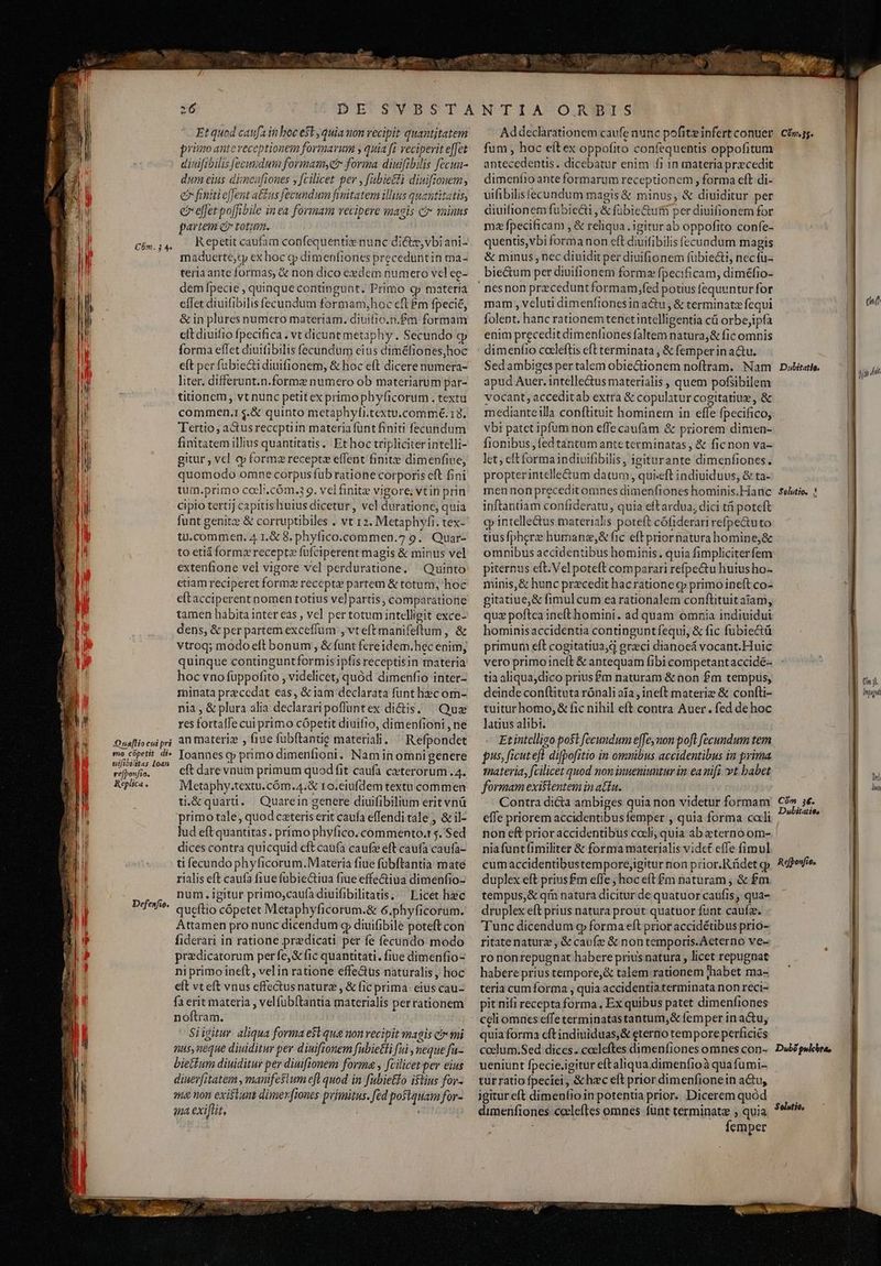 uc Aion :6 qna exiflit, dimenfiones cceleftes omnes funt terminate 5 quia | femper Et quod caufa i boc e$t quia uon vecipit quantjtatem Addeclarationem caufe nunc pofitz infert conuer. cis. vino ante receptionem formarum ; quia fi veciperite[fet ^ fum , hoc eftex oppofito confequentis oppofitum divifibilis [ecuudum formam, forma diuifibilis [ecun- ^ antecedentis. dicebatur enim f1 in materia precedit il dum eius dimeufiones y fcilicet per , [abiecti diuifionem, dimenfio ante formarum receptionem , forma eft di-  e finiti e[Jent a&amp;£us fecundum fimitatem illus quantitatis, uifibilisfecundum magis &amp; minus, &amp; diuiditur per * 3 c effet po[fibile inea formam vecipere magis c minus — diuitionemfubiecti , &amp; fibie&amp;um per diuifionem for | E partem cr totum. ma fpeciicam ,&amp; reliqua .1giturab oppofito confe- | s KRepetit caufam confequentie nunc di&amp;tm,vbiani-. quentis,vbiformanon eft diuifibilis fecundum magis 2T. maduerte;cy ex hoc gy dimenfiones preceduntin ma- — &amp; minus; nec diuidit per diuifionem fübiecti, necfu- ili teriaante formas, &amp; non dico exdem numero veleg- — bie&amp;tum per diuifionem forma fpecificam, diméfio- n dem [pecie , quinquecontingunt. Primo qp materia ^ nesnon praecedunt formam,fed potius fequenturfor i effet diuifibilis fecundum formam,hoc cft&amp;m fpecié, ^ mam , veluti dimenfionesinactu, &amp; terminatz fequi i) &amp; in plures numero materiam. diuifio.n.£m formam — folent. hanc rationem tenctintelligentia cü orbejipfa (i cit diuifio fpecifica. vt dicuntmetaphy. Secundo qp enim preceditdimenfiones faltem natura,&amp; fic omnis | forma eflet diuifibilis fecundum cius diméfiones,hoc : dimentio cocleftis eft terminata , &amp; femper in a&amp;u. Pag eft per fubie&amp;tidiuifionem, &amp; hoc eft dicerenumera- — Sedambiges pertalem obiectionem noftram. Nam De. — 1, a liter, differunt.n.formz numero ob materiarum par- — apud Auer. intelle&amp;us materialis , quem pofsibilem n E titionem, vt nunc petitexprimophyficorum.textu — vocant, acceditab extra &amp; copulatur cogitatiuz, &amp; | ' eh commen.1 $.&amp; quinto metaphyli.textu.commé.13, — medianteilla conftituit hominem in effe fpecifico, d | Tertio, actusreceptiin materiafüntfiniti fecundum — vbi patct ipfum non effe caufam &amp; priorem dimen- j Ji finitatem illius quantitatis. Et hoc tripliciter intelli- fionibus , fed tantum ante terminatas , &amp; ficnon va- 280 gitur , vcl cp formzreceptz effent finite dimenfiue, — let, cft formaindiuifibilis, igiturante dimenfiones. CM quomodo omne corpus fub rationecorporiseft fni —propterintelle&amp;um datum, quiseft indiuiduus, &amp; ta- EU. tum.primo cocli.cóm.3 9. vel finitz vigore; vtinprin | mennon preceditomnes dimenfiones hominis.Hanc estie. ; Ji cipio tertjj capitishuiusdicetur, vel duratione, quia — inftantiam confideratu, quia eftardua, dici ti potcft | funt genitz &amp; corruptibiles . vt 12. Metaphyfi.tex-' cpintelle&amp;tus materialis poteft cófiderari refpe&amp;uto tu.commen. 4 1.&amp; 8. phyfico.commen.7 9. Quar- — tiusfphere humane,&amp; fic eft priornaturahomine,&amp; Ti to etiáformz recepte fufciperent magis &amp; minus vel ^ omnibus accidentibus hominis. quia fimpliciterfem extenfione vel vigore vel perduratione. Quinto piternus eft.Velpoteft comparari refpe&amp;tu huiusho- | | ctiam reciperet forma recepte partem &amp; totum, hoc — minis, &amp; hunc precedit hacratione gy primo ineft co- 1 eftacciperentnomen totius velpartis, comparatione — gitatiue,&amp; fimul cum earationalem conftituitaiam, | | tamen habita inter eas , vcl pertotumintelligit exce- — que poftca inefthomini. ad quam omnia indiuidui 1 [| dens, &amp; per partem exceffum , vteftmanifeftum, &amp; ^ hominisaccidentia continguntfequi, &amp; fic fübie&amp;tü t vtroq; modoeftbonum, &amp;funtfereidem.hecenim, primum eft cogitatiua,d grzci dianoeá vocant.Huic | quinque continguntformisipfisreceptisin materia — vero primoineft &amp; antequam fibi competantaccidé- i I, hoc vno füppofito , videlicet, quód dimenfio inter2 tiaaliqua,dico prius&amp;£m naturam &amp; non $m tempus, Em minata praecedat eas, &amp;iam declarata fünthecom- — deindeconfltituta rónali aía , ineft materie &amp; confti- | E 1 Jl nia, &amp; plura alia declarari poffuntex dictis, ^ Que — tuiturhomo, &amp; fic nihil eft contra Auer. fed dehoc : 1 li res fortaffe cui primo cópetit diuifio, dimenfioni,ne latiusalibi. 1 ' j — Quafliocuipri D materie , fiue fübftantie materiali . . Refpondet Etintcllio pofi fecundum effe, non poft fecundum tem EE .d« Ioannes qp primo dimenfioni. Naminomnigenere — pus, ficuteft di[pofitio in omnibus accidentibus in prima ERES eft dare vnum primum quodfit caufa ceterorum .4. — materia, fcilicet quod non inueniuntur in ea mifi vt babet Üü | MEESLAE Metaphy.textu.cóm.4.&amp; ro.eiufdemtextu commen — formam existentem in atfu. M dn W ti.&amp;quard. | Quarein genere diuifibilium erit vnü Contra dicta ambiges quia non videtur formam Cos B i primo tale, quodcateriserit caufaeffenditale , &amp;il- — effe priorem accidentibus femper , quia forma coli ^ E li lud eft quantitas. primophvfico. commento.t5. Sed — non eft prioraccidentibus coli, quia ab eterno om- 1| dices contra quicquid eft caufa caufeeftcaufa caufa- — niafuntfimiliter &amp; forma materialis vidct effe fimul T ti fecundo phyficorum.Materia fiue fubftantia maté ^ cumaccidentibustemporejigitur non prior.Rüdet g;. Rdfovfre. 3 rialis eft caufa fiue fubiectiua fiue effe&amp;tiua dimenfio- — duplex eft prius£m effe ; hoceft £m naturam , &amp; £m num.igitur primo,caufadiuifibilitatis,; Licethzc —tempus,&amp; qm natura dicitur de quatuor caufis, qua- queftio cópetet Metaphyficorum.&amp; 6.phyficorum. ^ druplex eft prius natura prout quatuor funt caufz. | Attamen pro nunc dicendum g diuifibile poteftcon — Tunc dicendum g forma eft prior accidétibus prio- | fiderari in ratione praedicati per fe fecundo modo — ritatenaturz , &amp; caufz &amp; nontemporis.Acterno ve- predicatorum perfe,&amp; fic quantitati.fiue dimenfio- ^ ro nonrepugnat habere prius natura , licet repugnat niprimo ineft, velin ratione effe&amp;us naturalis, hoc — haberepriustempore;&amp; talem rationem ;habet ma- eft vt eft vnus effectusnaturz , &amp;íicprima eiuscau- — teria cumforma , quia accidentiaterminata non reci- fa erit materia , velfubftantia materialis perrationem — pit nifi recepta forma. Ex quibus patet dimenfiones noftram. celiomnes effe terminatastantum,&amp; femper in actu, Siigitur. aliqua forma esl qua non vecipit magis cy mi — quia forma cftindiuiduas,&amp; eterno tempore perficiés nus, neque diuiditur per diuifonem [ubietli [à nequefa- ^ coelum.Sed dices. cocleftes dimenfiones omnes con-. Dubógslebra, bietfum diuiditur per dinifionem forma , fcilicet per eius ^ ueniunt fpecie.igitur eftaliqua.dimenfioà quafumi- diuerfitatem , manifestum eft quod in fubietfo istius for- ^ turratiofpeciei, &amp;hec elt prior dimenfionein a&amp;u, ma non existant dimerfiones pvimitus. fed poslquamfor- — igitureft dimentioin potentia prior. Dicerem quód Jh ; 195