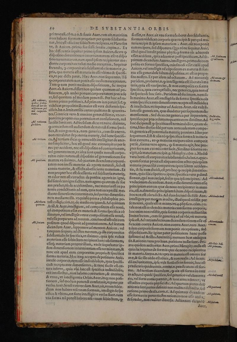 Ww nas a. vif. Gaio. 2o primo cocli,cóm.: o.&amp; fentit Auer.cum ait materia non habere formam propriam per quam fübftantia- tur, hoc eft efüciturfubie&amp;um recipiens.vtPlato fen tt, &amp; Auicen, primo fue füflicientiz, capitezz. Ex hac diffeventia fequitur primo ipfum Auicen.dicere difpofitio dimentionum interminatarum eft vt difpo fitio terminatarum.nam apud ipfüm recipiuntur me- diante corporcitate veluti medio receptiuo., Sequitur fecundo, 3 corporcitatis fub(tantialis fit materie Te pria, qua materia eft materiain cffe vltimo &amp; fpecifi- co,vt per dicta patet, Hec Aucr.non fequuntur, Tü (p corporeitatem non poniteffe a recdium receptiuum. JTumqg eam ponit medium difpofitiuum, fic itaque Auer.ab Auicen.differt non quidem quantum ad po- fitionem , qin ambo ponunt corporeitatem pracede re, fed quantum ad modum ponendi. Perhzc ad ra- tiones prime pofitionis. Ad primam iam patuit fol.q» videlicet propolitio illa maior eft vera deformis fpe- cificis.ha.n.limitant fibi certas qualitates &amp; quantita- tes,Generice vero &amp; maxime generalifsimz, vt cor- poreitas propter eius potentiam et copnfufionem, nul lasfibilimitant. Ad fecüdam dicas vt nunc diximus, Cp antecedens eltaudiendum de naturali forma Ipeci- fica,&amp; nongenerica, nam generica , cum fitaterna. non extrahitur depotentia materie , fed bene fpecifi- ca. Ad tertiam dicas g antecedésintelligitur deater- | nofimpliciter, hoc eft quod nec corrumpitur perfe l nec per accidens, nec eft difpofitio ad corruptionem, | vel generationem,vtidez funt qualis non eft corpo- Bla reitas cuius natura eft difpofitio ad generationem for o. «dd quartam. marum vtdiximus, Ad quartam dicendum corporei- P. tatem non ineffe materie ab acente naturali , fed eft coxua materiz , &amp; effecta ab efficiente materiam . Et BT non propter hoc eft deeffentia vel fübftantia materie, * vt calor non eft extractus de potétia agentis in igne; f fed (imulcumignefa&amp;us.nam agens quantum de for ma prabettr de accidentibus , necmateria eft in po tentia condi&amp;tionis ad eam, quia non recepitillá me- diante dimenfioneinterminata,fed potius dimenfio. nem medianteilli. vt quinto primz philofophiz po- teft colligi.cóm.23.de medio recipiendi. Ad quintum Arift,&amp; Auer.intelligunt , oé compofitum effe noui, qi compofitum effet ex materia &amp; forma fpecifica có fütutum,velintelligütomne compofitum effe nouü, veleffepreparansad nouum. cuiüfmodi efttale com pofitum quod difponitad generationem; Ad fextam dicendum Auer, füpponeread mentem Auicen . vel tanquam fequens ad illius mentem,cp illa corporeitas fubítantialis fit fpecifica,vt diximus quia ipfe; volüit materiam effe fübie&amp;um recipiens hanc ob formam; effed; materiam propterillam, vnde lequebatur ip- fum dimenfionem interminatam effe terminatam,&amp; tunc erit apud eum. corporeitas propria &amp; Ípecifica forma materiz.Hoc itaq; accepto de pofitione Auic, | intulit corporeitatem effe indiuifibilem , quia fpecifi- E ca &amp; receptaante dimenfiones , &amp; tunc facile efl ca E i ; terainferre, quia vbi hc eft fpecifica indiuifibilis, erit intellectus ,non habenscontrarium ,&amp; &amp;ternus, &amp; vnus; vt intelligentia Orbis/Auer.itaq: non pofi- tionem ,fed modum ponendi confutauit,vt patet per verba Auer.Simili ratione dum Auer.ait, vnum fubie: &amp;um non haberenifi vnam formam, intelligit defpe cifica &amp; vltima,aut forte intelligit vt verba ftart.nam yna forma nó poteft haberenifi vnum fubiedtum,gp wAd vationer, quibus probae hl gum eft non da ' TN vi formam pri j ma corpQvete fatis. — vAd rationem Jécádam. bi vd tertiam. eld rónem quintam : !| eH fextam. L] tü ; 7 u : EUN ui 9 M fi cfet,vt Auer.ait vna forma haberet duo fubftantia; | formam videlicet corporis quz recipit &amp; per quá ma- 1 teria recipit &amp; ipfam materiam ;» Auer.aütnon ponit eamrecipere, fed difponere.Qua rónefequitur A uic, | illud quod intulit primo phyti.cp forma ois adueniés effet accidens , quia adueniret poft fpecificam.Ad fe- primum dicendum Auerro.intelligerc.primo decom pofito ex forma fpecifica, cuiufmodi cífet coelü apud Auicen.vcl intelligit oé cópofitum ex materia &amp; for- ma cfle gencrabile faltem difpofitiue.vt eft in propo- | fito noftro. Et per idem ad octauam, Ad nonam; 4d»onam gp | per idem, probatur.n.g intelligentiaeftliberataàma ^***» — | teria,quia eft vna fpecies, &amp; non compofita ex forma | Ípecifica, quia corruptibilis, nec generica,quia non ef | fet fpecies &amp; hoc fatis, Peridem ad decimam. nam il- | la maxima Auer.eft intelligéda de forma fpecifica.ois enim fpecificaantedimenfiones recepta eftindiuidua &amp; intelle&amp;us.vt fequitur ad Auicen.Auer.aüt vultil- lam effe genericam, qua diuidatur per fequentem di- menfionem . Sed dices curgenerica per fequentem, fpecifica per praecedentem quantitatem diuiditur. Ad hoc dici poteft o fpecitica eltterminabilior,quam vl-  tima,Ideo diuifio fibi perrem antecedentem compe- tit;generica eft potentialis materie proxima.Ideo per JU fequentem.Eft &amp; aliaró qp fpecificaforma&amp; materia — | € eclauam, Dubitatio, Rej; onfia. perfe , forme vero agere, cp fi materia agit; hoc pro- pierformam cui miícetur facit Similiter fi forma re vero horü eft corporcitas fubftantialis.habet.n.quics materi prout fibi competit reciperefaltem acciden- tia, &amp;ficeam diuidi,eft prohoc (y recipit dimenfio- nem, quia fibi cópctit recipere. fpecifica vero p.dimé. fionem,quá non recipit,fedin qua ipfarecipitur. Ad vndecimam dicendum. Auer.velledimenfionem effe | principium eorum quz de nouo recipiuntur in mate aU ria;cft.n.diménfio principiumfaltem difpofitiuum;&amp; hocnoü eft cótradi&amp;a. Ad duodecimá dicédü Aue. intelligereper mo fe motori , quale eft in mixtis.vt; 4.phyfico. cóm.7 1. Add duodecima hocenim non refiftit,quia forma corporis nullius fibi: limitat locum , cum fit generica ad o vbi, vti materia: ipfa eft, Ad tertiamdecimam dicendum rónem effe e£ Adtertiamde» ficacem contra Auicen.non contra Auer,nam Auer, mem. talem corporisformam non ponit receptiuam ; fed. . difpofitiuam.Sic igitur patet pofitioriem hanc poffe fuftineri ad Arifto. Auerroifá; mentem licet ambigua fit. Rationes vero proToan.pofitione nvllz funt; Pri- ma quidem auctoritas Auer,primi Metaphy,nulla eft quiaibiloquitur de formis qux:denouo recipiuntur in materia.forma;n;recepta in materia elt omnes for mz,&amp; ficilleordo eft rónis , &amp; non realis, Ad fecun-- dáauctoritatem, ipfe vult ftatü effein formis, hoc eft przdicatisquiditatiuis ,omne.n.przdicatum eít for: ma,. Adtertiam dicendum ; gi aia clt formain ente in actuynó quidé fpecifico,fed generico vel elementa rio, vel forte confequenter, &amp; non antecedenter, vt étt'a&amp;us corporis phyfici &amp;c. Ad quartam partes def nitionis füntpartes definiti non realitcr diftinGs,fed ratione.primo deafa.com.6. Ad quintam dicendum effe tormasin potentia $m rationem non cff: reales, &amp;fi reales non realiter diuerfz. Ad (extam dicendi Aucr, vAd rónis Io&amp;, vdd primam, Ad fecádam, . vd roug terti vd quartamt Ad quintam, Ad fextam.
