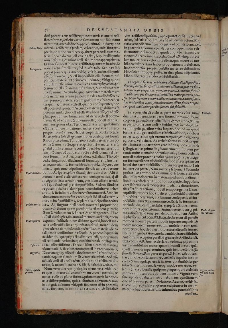 Pefitio Ioan. Impagnatie. Pofitio feciida. Pofitio tertia. Peofitio quarta. Inflantia, Refpotjfio, Pofitio quinta proprias 4 Ts a Nui f gt $2 defi potentia ens refifteret,tunc materia elementi refi- fteret formz,&amp; ficin vacuo elementum non fübito mo ueretur vt Auer.deducit. 4.phyfi.cóm.6 r.quia ratione materiz refifteret. Quedam, vt Ioannes, enixi fünt pro- pter hancrationem dicere qp altera pars coeli, quz ma- teriz loco habetur, eft ensinactu, &amp; gp intelligentia non fit forma, &amp; anima cceli , fed motorappropriatus. Et tunc facilee(t foluere, refiftit.n.quantum in a&amp;tu,&amp; nonin a&amp;u fimpliciter , fed in a&amp;utale. Sed hzcfot. peccat primo quia Auer. vbiq; vultipfam intelligentiá effe formam coeli , &amp; eft impofsibile effe formam nifi erficiat materiá; vt primo coeli.cóm.6 3. Vbiq; quoq; vult illam effe animam caeli.vt 12.metaphy.cóm.5 6, &amp; non poteft effeanima,nifianimet, &amp; conftituat rem in efleanimali.Secundo.quia Auer.inter materiam cce li &amp; materiam rerum gfiabilium tales traditdifferen- tias. primo q» materia rerum gfiabilium eftanteceden ter quanta, materia cceli eft.quanta confequenter, hoc eft poftintelligentiam.Secundo materia gfabilium eft potentia multa, hoc eftad effe &amp; ad non effe, &amp; ad effe plurapro numero formarum . Materia coeli eft poten- tiavna &amp; ad elfetm , &amp; ad vnum effe, hoc eft ita ad.A. animam q nonad.s. Tertio materia rerum güabilium eft vna numero priuatione , materia coeli vna numero propter formá vnam, d habet femper. Et caufefecüdze &amp; tertie dfiz fola eft qp dimenfiones confequunt formá &amp; non przcedunt. Tunc patet q coeli materia eftin po tentia &amp; non in actu,quia recipit formá vt materia rerü güabilium,licet materia coeli femper.Hec materia non fem p.Quarto oé quod eft in a&amp;u veleft forma velha- cedit vbiq;modo illud non eft forma,quia nullius ma- teris,materia.n.&amp; forma dür ad aliquid.2.phy.nec ens in actu, quia tunc cópofitum effet, &amp; tunc redderetur pofitio Auépaces,plura alia adijciemusin dies. Alij di xerunt materiá coeli refiftere refiftentia priuatiua, d eft incópofsibilitas terminorum, jputidem effetin termi- noà quo &amp; ad qué,g eftimpofsibile. Sed neciftud fta repoteft,quia hecfaluari poteft cuminfinite velociter moto,&amp; fic infinite velociter coelum mouerct. Amplius elementum mouerctin vacuo,quiaibi eft talis termi- norum incópofsibilitas , &amp; plura alia dici poffunt cótra hec, Alij finguntintelligentiá mouere proportione quam vult &amp; non quam poteft;quia eft motor pintelle &amp;um &amp; voluntatem &amp;liberet &amp; contingenter. FIec fol.eft theologica,fed non ad mentem au&amp;oris, quem expono. Inlib.de.d.nos dicimus q colü,hoc eft ma- teria cceli refiftitfua corporeitate a&amp;uali, non quidem praecedente aiam,fed confequéte,illa.n.materia ab in- telligentia conftituitur in effea&amp;u,&amp; per confequensin accidentibus proprijs a&amp;tualitati ceelethi, quorü vnum eft refiftentia ccelum itaq; conftituitur ab intelligentia in tali effe refiftitiuo. Dicestuidem dicam demateria elementaria,&amp; fic elementum poteftin vacuo moueri, Dicerem ego qp effe a&amp;uale elementari eft adhuc po- tentiale,quum elemétum fit vt materia mixti, Sed effe actuale coeli eft vc effe actuale hors, quod eftlimitatifsi- mum,&amp; tu confidera hec &amp;illa,&amp; habebis veritatem, Nunc vero dicerem g duplex eft materia , videlicet eaque limitaturad vnam formam vt cceli materia , &amp; materia cis ad plures formas, prima materia benepo- teít refiftere pofitiue, quia eft limitata ad vnum &amp; non in potentia ad omne vbi,quia ficut non eftin potentia nif1ad formam, itanonnifiad certum vbi, &amp; fic habet vim refiftendi pofitiue, nec oportet gfitin a&amp;u vel actus, fed fatis eft qp limitata fit ad certum a&amp;tum.Ma- teria vero cóiscum fitin potentia ad omnes formas,eft in potentia ad omne vbi, &amp; per confequens non refi- ftit motori,qui mouet ad quodcunq; vbi. Hanc folu- tionem Auerro.innuit.2.cccli.cóm.6 3.&amp; vbiq; vbi cce- lum moueri certa velocitateatferitquia motorad mo- bile ccelefte certam habet proportionem . refültar.n. hzc proportio, propter coeleftis materiz refiftentiam. Hecfatisnunc, quia poftea in dies plura adijciemus. Hic.n.liber totuseft de cocli fubftantia. Et negauit formas corporum celestium diuidi per diui - fionem fubietti fuiycr elfe finitarum a&amp;ionum propter fini - tatem eorum corporum , quoniampotentia totius in formis diuifibilibusper diuifionem fubietli eft maior potentia pav Us. N ami forma eorum exiflerent in materia dimenfioni- bus medantibus ,tunc potentia corum e[Jent finite propter boc quod diuiduntur per diuifionem fui fubietti. Tria conclufit dé ccelo ex parte materiz eius, nunc duas alias differentias ex parte formz.Primam Cp forma corporis generabilis eft diuifibilis, &amp; tota i toto,&amp; pars in parte,forma vero coeli indiuidua;tota in toto,&amp; to- tain fingulis partibus vtita loquar. Secundam quod forma rerum generabilium eft finita actione, videlicet in parte, quia non agit eterno tempore,&amp; in vigore Cp agit certa velocitate, Ac ccelefti forma velocitate qui dem finita exiftit,tempore veroinfinita, hoc eterna,&amp; [yllogizat has primo fic , formarum diuifibilium po- tentia totius eft maior potentia partis , formz coeleftis non eft maior potentia totius quàm potétia partisjigi- tur formacoelinon eft diuifibilis,hoc eft recepta in cce lo vel eiuspartediuifibiliter. Huius accepit maioré tr in litera , vt patet. Nam materia fi forma.] Secundo probatillasà primo ad vltimum fic. fi forma coeli effet diuifibilis,reciperetur in materia mediantibus dimen- fionibus,vtdeclarauit.Hoc non accepit,fed fuppofuit, vltrafi forma coeli reciperetur mediante dimenfione, tüc effetfinita actione , hoceft tempore genita &amp; cor- ruptibilis,propter hoc videlicet, quia diuidit diuifione fubiecti vt declarauit, atvltimum confequens eftim- pofsibilejgitur &amp; primum antecedés,&amp; fic forma cceli eritindiuidua &amp; impartibilis, erit; &amp; actione intem- poreinfinita, quiazterna, Animaduertendum g pri- ma ratio fortalle tenetper demonftrationem Ariíto. S. phyfice aufcul,cóm.8 8.Ibi,n.declaratum eft partdin motoris mouere partem mobilis in parte temporis , &amp; totum motorem mouere totum mobile in toto tem- pore, &amp; pro hoc deduxitmotores coeleftes effe impar- tibiles. In quibus Auer.multas ambiguitates diffoluit. Autfortafle accipitur per illud cp accepit Arifto.i.coeli. rext.cóm, 4.6,&amp; Auerro.declarauit cóm.4 9.«p omnis virtus diuifibilisin maiori quanto,hoc eft in toto quá- to eft maior,&amp; in parte minor, quiain toto eft tota, &amp; £m effe &amp; vires.&amp; in parte eft pars,&amp;£m effe,&amp; poten- tias , modo conftat motore, coli effe equales in toto ccclo.&amp; in fingula partes &amp; ita non funt diuifibiles per fubie&amp;ti extenfionem, &amp; vtroq; modo ratio Auer. va- let. Quzret fortaffe quifpiam propter quid coeleftes motores fint temporequideminfiniti. Vigore vero fiue agendi qualitate finiti. — Ad hanc quzftionem quoad primam partem, Solutio ex Auerro. verbis fa- tis conftat , eo videlicet p non recipiunturin eorum materijs fiue fubie&amp;tis dimenfionibus potentialibus median- Cóm.4 0. Fnde yis pri» ma rattonta.