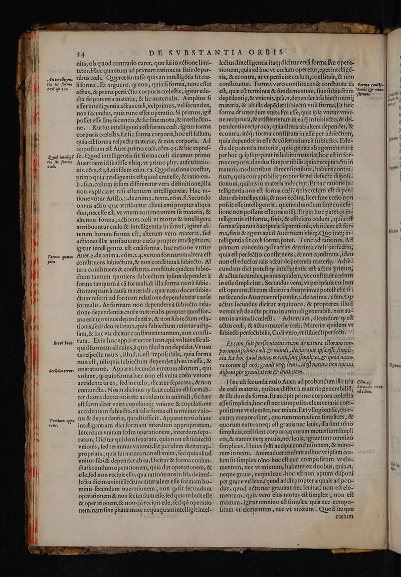 v/Lfn intelligene fia ht forma cali.qó 1 o. Qoued intelligà tia [it forma «ali. Ferma quetue plex Error Iean. £ecidus error. Tertium appa fe£n$s x nita, ob quod contrario caret, quo fui in a&amp;ionelimi- tetur.Hxcquantum ad primam rationem fatis de par- tibus coeli. Quzret fortaffe quisan intelligétia fit cce- li forma . Et arguunt, q» non, quia fi forma, tunc eflet acus, &amp; prima perfectio corporis coeleftis , igitur edu- &amp;ta de potentia materiz, &amp; fic materialis. Amplius fi effetintelliaentia actus coeli, vel primus, velfecundus, non fecundus, quia tunc effet operatio. $i primus;igit poffet effe fine fecundo,&amp; fic fine motu,&amp; intelle&amp;io- ne. Rurfusintelligentia eft forma coeli. igitur forma corporis coele(tis.Et fic forma corporis,hoc eft falfum, quia eft forma refpe&amp;u materiz, &amp; non corporis. Ad oppofitum eft Auer.primo coeli.cóm.9 s. &amp; hic expref- fe. Quod intelligentia fit forma coeli dicamus primo Auerroem id fenfiffe vbiq; vt primo phy. aufcultatio- nis.cóm.6 3.8.eiufdem cóm.52.Qwuod ratione conftat, primo quiaintelligentía eft quod erat effe, &amp; ratio coc- li. (i.n.ceelum ipfum difBniretur vera diffinitionejilla non explicaret nifi eflentiam intelligentiz. Hac ra- tione vtitur Arifto.z.deanima .textu.cóm.8.Secundo omnis actio quzattribuitur alicui enti propter aliqua duo, neceffe eft. vt vnum eorum tantum fit materia, &amp; alterum forma , aiones coeli vt motus &amp; intelligere attribuuntur coelo &amp; intelligenti in fimul ; igitur al- terum horum forma eft, alterum vero materia. fed actionesille attribuuntur coelo propterintelligétiam. igitur intelligentia eft codli forma . hacratione vtitur Auer.2.de anima. cóm.» 4.verum formarum altera eit conftituens fubie&amp;tum,&amp; non conftitutaà fubiecto. AI tera conftituens &amp; conftitüta.conftituit quidem fubie- Gum tantum quotiens fubie&amp;um ipfam dependet à forma tanquam à cá formali, &amp; illa forma nonà fübie- &amp;o tanquam à caufa materiali . quz ratio docet fubie- &amp;um referri ad formam relatione dependentiz caufe formalis. Atformam non dependereà fübie&amp;to rela- tione dependentiz caue miterialis.propter quodfor- ma eritterminus dependentiz, &amp; non fübiectum rela- tionis,fed ideo relatiua,quia fubie&amp;um refertur ad ip- fam,&amp; hac via dicitur conftituenstantum,non confti- tuta, Etin hoc apparet error Ioan.qui voluiteffeali- quid formam alicuiusjiquo illud non depédet.Vt nau ta refpectu nauis , iftud.n.eft impofsibile, quia forma non eft , nifi quia fubie&amp;um depeadetab eain effe , &amp; operatione. Apparetfecundo erratumaliorum, qui volunt, g quia formahzc non elt vnita coelo vnione accidentein ea, fedin coelo , dicatur feparata , &amp; non coniuncta. Nos.n.dicimus q ficut colüna eft formali- ter dextra dexterioritate accidentein animali , fichzec eft formaliter vnita copulatad; vnione &amp; copulatione accidentein fübiecto.ná ralis forma eft terminus vnio- nis &amp; dependentiz, quod fufficit. Apparet tertio hanc intelligentiam dici formam interdum appropriatam. ratam, Dicitur quidem feparata, quia non eft fubiectü vnionis , (ed terminus vnionis.Et peridem diciturap- propriata , quia füi natura non eft vnita; fed quia aliud vnitur fibi &amp; dependctab ea, Dicitur &amp; forma coniun- &amp;afíecundum operationem, quia dat operationem, &amp; effe,fed non recipit effe, qua ratione nosin lib.deintel- le&amp;u dicimusintellectum mterialem efTe formam ho- minis fecundum operationem , non gp fit fecundum operationem &amp; non fecundum effe,fed quia tribuit efle &amp; operationem,&amp; non qi recipit effe, fed q operatio nem.nam fine phátafmate nequaquamiintelligit intel- tionem,quia ad hoc vt ccelum operetur,eget intelligé- tia, &amp; econtra, at vt perficiat ccelum, conftituit, &amp; non conftituitur. Forma vero conftituens &amp; conftituta ea elt, quz eftterminus &amp; fundamentum, fiue fubie&amp;tum depédentie,&amp; vnionis.ipfa.n.dependetà fubie&amp;o tang materia, &amp; ab illa depédetfuübiectü vtià forma;Et hec forma df interdum vnita £m effe,quia ipfa vnitur vnio- nereciproca,&amp; exiftentetamin ea d in fubiecto,&amp; de- pendentia reciproca, quiaaltera áb altera dependet, &amp; econtra. itéd; forma conflitutain effe per fubie&amp;tum; quia dependet in effe &amp; cóferuationeà fubie&amp;o. Edu- Ca depotentia materiz , quia genita ab agentenatüre perhoc qp ipfa preeratin habitu materiz,hoc eftin for- ma corporis.diuidua fiue partibilis;quia recepta actu in materia mediantibus dimenfionibus ; habens contra- rium, quia corruptibilispropterfe vel defe&amp;u difpofi- tionum;quibus in materia inducitur. Ethac ratione in- telligentia non eft forma celi; quia ccelum eft depen? densab intelligentia, &amp; non ecótra.licet fine ccelo non pofsit effeintelligentia , qiemadmodum fine conclu fionenon poffunt effe premiffe.Etper hoc patet cp in- telligentia e(t forma, finis, &amp; efficiens coclum ; quia eft formafeparata hac fpecie feparationis, vbi idem eftforz telligentia fit cocliformá;patet. uncadrationes. Ad primam concedo opfit actus &amp; prima cceli perfectio; quia eft perfe&amp;io conflitüens ; &amp; nón conftituta ; ideo non eft edu&amp;us talis aGus depotentia materie. ' Ad fez cundam dici poteft intelligentia eft a&amp;us primus; &amp; a&amp;us fecundus,primus quidem, vt conftituit ccelum in efle fimpliciter, Secundus vero; vt peripfam coelum eft operans.Etcum dicitur a&amp;üsprimus poteft effe fr: ne fecundo Auerroes refpondit.».de anima | cóm.5.ey actus fecundus dicitur equiuoce, &amp; propterea illud verum eft dea&amp;u primoin animali generabili. non au- teminanimali ccelefti. ^ Adtertiam , dicendum cp eft acus cceli , &amp; a&amp;us materiz cali; Materie quidem vt fubiecti perfectibilis, Coeli vero, vt fubiecti perfecti. Et cum fuit per[cvutatus etiam. de natura. islorum cov- porumin primo cali c mundi , declavauit ipfae[fe (impli- cia. Ex boc quód motus eorum [utt [nnplices,e quod natue. va eorum e[L neqs grauis neq; leuis , ideft natura mon innata, difponi per gramtatem c leuitatem. oM Hec eft fecunda ratio Auer; ad probandum illa tria de coeli materia , quibus differt à materia generabilii, &amp;illa duo deforma.Et accipit primo corpora cceleftia elfefimplicia)hoc eft nec compofita elementaria com- pofitione vteleméta;nec mixta; Et fyllogizat fic,quz- cunq; corpora funt, quorum motus funt fimplices , &amp; quorum natura neq; eft grauis nec leuis, illa fünt oino fimplicia,cceli funt corpora;quorum motus funt fimpli ces,&amp; natura neq; grauis,nec leuis, igitur funt omnino fimplices, Huius fylti accipit conclufionem, &amp; mino- remintextu, Animaduertendum adhoc vtipfüm cce- lum fit fimplex oino hoceftnec compofitum vtele- mentum, nec vt mixtum; habetur ex duobus, quia.n. neque graue, nequeleue; hoc eft non aptum difponi per graue velleue.(quod addit propter equale ad pon- dus, quod a&amp;u nec gratitat nec leuitat) non eftele- mentum. quia vero eius motus eft fimplex ,.non eft mixtum igitur omnino eft fimplex quia nec compo- fitum vt elementum ; nec vt mixtum , Quod itaque colum ! Forma conflie Euens e3* cóne | flituta: ! Cóm.43. ad idem. j] wii f gjmpld  y