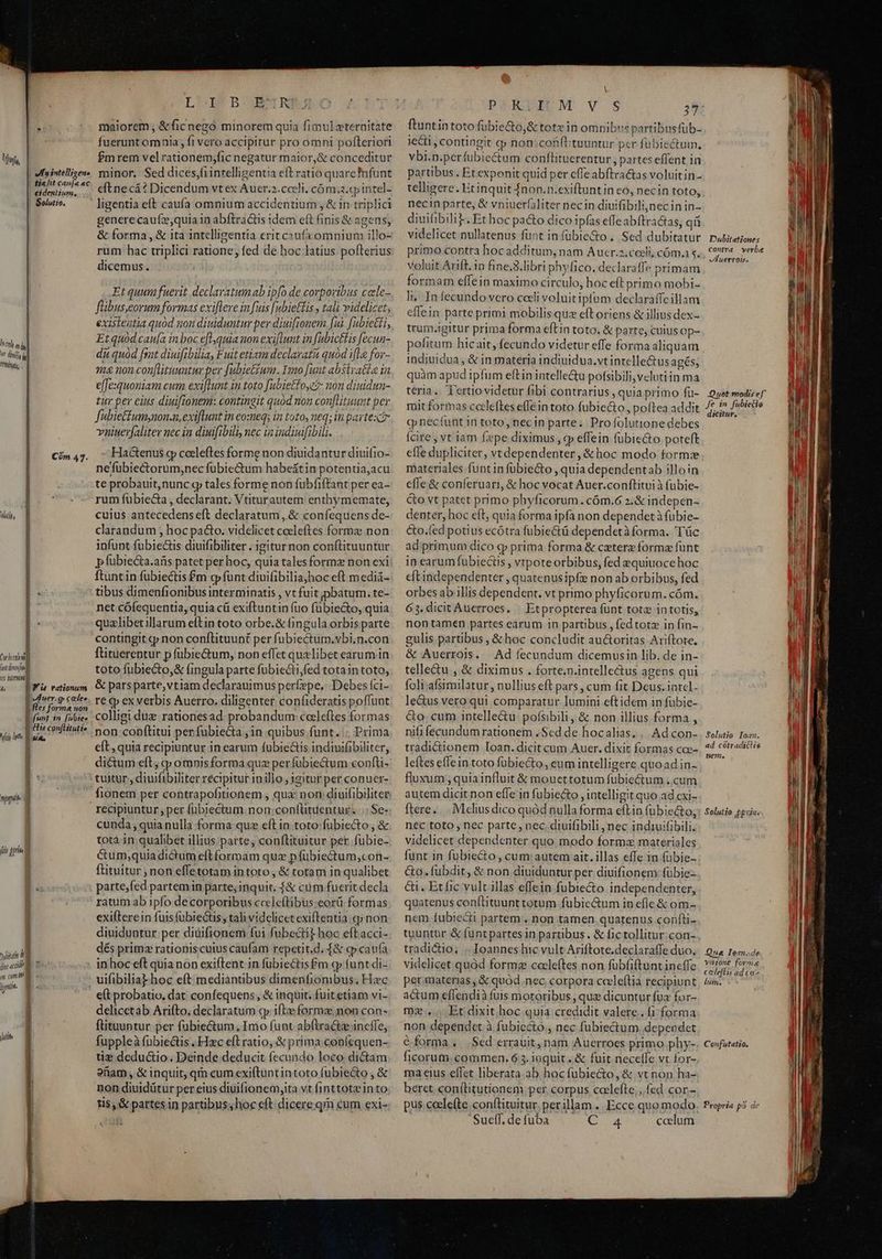 Mr, | | Mfuintelligene | tait caufa «c eidentium, Golatio. LT PR ur dinify ü 1,172 Cóm 47. ullh, l i || || d hi li || Curt cem fint nef je5 fnit &amp; — RÀ rationum k uer. go caleo B fles forma non Bfunt in fibi» B iEfis conflHitut io (ILE 7X L npde. fii prie 777] : H Jine acide |  m cum m ae lineniids d ! H jute LIEB um Rj maiorem; &amp;ficnego minorem quia fimul zternitate fuerunt omnia, fi vero accipitur pro omni pofteriori bmrem vel rationem,;fic negatur maior,&amp; conceditur minor. Sed dices,fiinrelligentia e(t ratio quare fnfunt eftnecá? Dicendum vt ex Auer.2.cocli. cóm.a.cpintel- generecaufz,quiain abftractis idem eft finis &amp; agens, &amp; forma, &amp; ita intelligentia erit csufa omnium illo- rum bac triplici ratione, fed de hoc latius pofterius dicemus. Et quum fuerit declaratumab ipfo de corporibus cele- fübus,eorum formas exiflere in fuis [ubietis , tali videlicet, existentia quod nou diuiduntur per diuifionem [ui [abietti, Etquod cau[a in boc e[lquia non exiftumt in abictis [ecun- du quod fent diuifibilia, Fuit etiam declarata quod ifl« for- ma non con[ütumntur per fubietfum. I1p0 [unt absira&amp;ta in e[fexquoniam cum exifTunt iu toto [ubietfoyc? non diuidun- tur per eius diuifionem: contingit quod non con[lituunt per fubie£fumynon.n,exiflunt in eo:neq; in toto, neq; in partes vniuerfaliter nec in diuifibili, nec in indiuifibili. Hactenus g ceeleftes forme non diuidantur diuifio- nefubiectorum;nec fubie&amp;um habeátin potentia,acu te probauit,nunc g tales forme non fubfiffant per ea- rum fuübieca , declarant. Vtiturautem enthymemate, cuius antecedens eft declaratum , &amp; confequens de- clarandum ; hoc pacto. videlicet cceleftes formz non infunt fubiectis diuifibiliter. igiturnon conftituuntur p fübie&amp;ta.ans patet perhoc, quia tales forme non exi ftuntin fübiectis £m q» funt diuifibiliajhoc eft mediá- tibus dimenfionibus interminatis , vt fuit pbatum. te- net cófequentia, quia cü exiftuntin fuo fübiecto, quia qualibet illarum eltin toto orbe.&amp; (ingula orbis parte ftituerentur p fübiectum, non effet quelibet earum in toto fübiecto,&amp; (ingula parte fubiecti,fed totain toto, &amp; parsparte,vtiam declarauimus períepe, Debes fci- re €p ex verbis Auerro. diligenter confideratis poffunt colligi due rationesad probandum celeftes formas non conftitui per fubiecta , in quibus funt. Prima eft, quia recipiuntur in earum fubie&amp;is indiuifibiliter, di&amp;um eft, qp omnisforma quz perfuübiectum «onfti- tuitur , diuifibiliter recipitur inillo;, igitur per conuer- recipiuntur , per fübiectum non;contütuentur. :: $e- cunda, quia nulla forma quz eft in toto fubiecto , &amp; tota in qualibet illius. parte; conftituitur per fübie- &amp;um;quiadictum eft formam quz pfübiectum,con- ftituitur non effetotam intoto, &amp; totam in qualibet parte;fed partemin parte, inquit, f&amp; cüm fuerit decla ratum ab ipfo de corporibus cccleítibus:eorü formas exifterein fuisfuübiectis , tali videlicet exiftentia ginon diuiduntur per diüifionem fui fubecti? hoc eftacci- dés primz rationis cuius caufam repetit.d. f&amp; c» caua inhoc eft quianon exiftent.in fubiectis fm qp funt di- uifibilia- hoc eft mediantibus dimenfionibus. Hxc e(t probatio, dat confequens, &amp; inquit. fuit etiam vi- delicetab Arifto, declaratum qp ifte forma non con- fütuuntur per fubie&amp;um., Imo funt ab(ira&amp;e incffe, fuppleà fübiectis. Hxc eft ratio, &amp; prima coníequen- tie deductio. Deinde deducit fecundo loco dictam Stam , &amp; inquit, qm cum exiftunt intoto fubiecto , &amp; non diuidütur per eius diuifionem,ita vt (inttot»into fis, &amp; partes in partibusshoc eft dicere qm cum exi- | POKIIULM V $ TI ftuntin toto fübie&amp;o,&amp; totzin omnibus partibusfub- iecti, contingit qp non cofiftituuntur per fubiectum, vbi.n.perfubiectum conflituerentur , partes effent in partibus. Et exponit quid per cffe abftractas voluitin- telligere. Et inquit fnon.n.exiftunt in eo, necin toto, necin parte, &amp; vniuerlaliter necin diuifibili,nec in in- diuifibili.. Et hoc pacto dico ipfas effe abftra&amp;tas, qii videlicet nullatenus funt in fübie&amp;o .. Sed dubitatur primo contra hocadditum, nam Auer.2.coeli, cóm. «. voluit Arift. in fine.3.libri phyfico. declaraffe primam formam effein maximo circulo, hoc eft primo mobi- li, In fecundo vero cadi voluitipfum declaraffeillam effein parte primi mobilis quz eft oriens &amp; illius dex- trum.igitur prima forma eftin toto. &amp; parte; cuiusop- pofitum hicait, fecundo videtur effe forma aliquam indiuidua, &amp; in materia indiuidua.vt intellectus agés; quàm apud ipfum eftin intelle&amp;u pofsibili,velutiin ma teria. Tertiovidetur fibi contrarius, quia primo fü- mit formas cocleftes efleintoto fubiecto, poftea addit cp necfunt 18 toto, nec in parte; Profolutione debes fcire , vt iam fepe diximus, cp effein fübiecto poteft efle dupliciter, vedependenter, &amp;hoc modo tormze materiales funt infübiecto , quia dependentab illoin effe&amp; conferuari, &amp; hoc vocat Auer.conftitui à (übie- &amp;o vt patet primo phyficorum. cóm.6 2. &amp; indepen- denter, hoc eft, quia forma ipfa non dependet à fubie- cto.fed potius ecótra fubiect dependetà forma. 'üc ad primum dico gp prima forma &amp; cxterz formae funt in earum fubiectis , vtpoteorbibus, fed equiuoce hoc eftindependenter , quatenusipfie non ab orbibus, fed orbes ab illis dependent. vt primo phyficorum. cóm. 63. dicit Auerroes, — Etpropterea funt totz in totis, nontamen partes earum in partibus , fedtotz in fin- gulis partibus , &amp;hoc concludit au&amp;oritas Ariftote, &amp; Auerrois. | Ad fecundum dicemusin lib. de in- telle&amp;u ,.&amp; diximus . forte,n.intellectus agens qui foli afsimilatur , nullius eft pars , cum fit Deus. intcl- lectus vero qui comparatur lumini eftidem in fübie- &amp;o. cum intelle&amp;u pofsibili, &amp; non illius forma , nifi fecundum rationem Scd de hocalias. . Ad con- tradictionem [oan. dicit cum Auer. dixit formas cce- leítes eflein toto fübiecto, eum intelligere quoadin- fluxum , quiainfluit &amp; moucttotum fubiectum ..cum autem dicit non effe in fubiecto , intelligit quo ad cxi- ftere.... Mcliusdico quód nulla forma eftio fubiecto; nec toto , nec parte, nec diuifibili , nec indiuifibili. videlicet dependenter quo modo forma materiales funt in fubie&amp;o , cum autem ait. illas effe in (übie- Go. fubdit, &amp; non diuiduntur per diuifionem: fübie- &amp;i . Etfic vult illas effein fubie&amp;to independenter, quatenus conftituunt totum fubicctum in efle &amp; om- nem fubiecii partem . non tamen quatenus confti- tuuntür &amp; funtpartes in partibus. &amp; fictollitur.con- tradictio, .. Ioannes hic vult Ariftote.declaraffe duo, videlicet quód forma cocleftes non fübfiftunt incffe per materias , &amp; quód. nec corpora cccleftia recipiunt actum effendià fuis motoribus , quz dicuntur fua for- mz... Etdixit hoc quia credidit valere. fi forma non dependet à fubiccto., nec fubiectum dependet &amp; forma. Sed errauit, nam Auerroes primo phy- ficorum.commen. 63. inquit ..&amp; fuit necefle vt for- ma eius effet liberata.ab hoc fubiecto, &amp; vt non ha- beret con(titutionem per corpus colefte;, fed cor- pus ceele(te conftituitur. perillam . Ecce quo modo. Sueff, de fuba C4 ccelum Dubitationes contra verbe Auerrois. uet modis ef Je in fübieclo dicitur, Solutio Ioan. ad cotradi(lie nem, Solutio bpiia. nue Iecn.de ynione forme ctle[lis ad ca lum. Cenfutatio. Propria po de