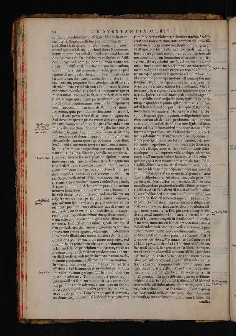 Wl | Quafiie quoe mo motus elee méti predomi* t ? nantis eft. Dedutliolpofie finis. Confutatio. p» i ER 3 - 2 ym. ES ME Kio xv ou tanto, quia coelum non quie(cit,neclaboratin motu, Etpotellfyllogifmus effehoc pa&o,oé animatü quod finelabore & in quiete mouetur, animali tm motu, mouef celum eftaiatü, quodfinelabore & quiete mo uetur,ieitur motus celi eft animalistantum.Heec fünt qua Auerrocs ait, Debes fcire , vt colligitur ab Arift. & Auerro.2,cceli.cóm.3.«p compofitioin motu acci- dit propter differentiam principiorum mouentium, ytinanimali euenit, nam corporis eius grauitas prin cipium elt motu sdeorfum, anima aüt motus circu- laris.omnis.n. afa quatenus anima füaptenatura mo- uet in orbem, propterea Empedocles dixit illam effe circulum.Plato vero dixit eam effe numerum feipfum mouentem,& quia hzc principia funt contraria,fit vt motus animalis nec rectus fitjnec circularis, & ita mix tus ex vtroquequi vocatur progrefsiuusab Arifto.in lib.decaufa motuum animalium , Ex hocfequitur vt coelum moueatur motu animali , & fimplici , anima- li quidem, quia per nullam inclinationem naturalé, fimplici vero per carétiam diuerforum principiorum, Sed circa hvc queres primo vtrum elemento predo- minanti competat aliqua actio pro efüiciendo motu mixti , fiue mixtum fit animatum , fiueinanime, & videtur g fic,quia Auer.primo coeli. cóm. 9. ait,mo- tum mixti effeab elemento predominante, quod nó effet,nifi elementum ageret quicquam in motu illius, Secüdo nifi elementum ageretin motu mixti anima- lis,non cffet motus progrefsiuus per contraoperátid, nam nullaibi effet refiftentia , & nulla repugnantia. Ioannes primo cceli tenet qp quandoipfum mixtum inoucturab elemento predomináte vtlapistunc mo tus eft effe&tiue ab elemento predominante . Imagi- natur.n.motum illum primo competere cleméto pre dominanti & effe effe&iue ab elemento przdominan te. Secundo effe mixti, Mixtum.n.moueri dicit mo- tu elementi predominantis,non vt fubie&tum primü, & agens primum Sed elementum pradominans mo uetur vt fübie&um primum & mouens primum. Et fic vult elemento competere quandam cfficientiam refpectu motus mixti. perfuadet Ioannes pofitiones, quia mixtum ipfum ( vtfenfu patet) moueturaut ab elemento predominante effectiuz., aut ab elemento exuperato , aut ab vtroque. non ab elemento exupe- rato,quiaà proportione minorisinequalitatis non p- uenita&io ,non ab vtroque, quia tunc effent zqui- potentia, Et fic eft motus animalis, & habetur cp fal tem particulariter elementum przdominans concur- rit vna cum anima , igitur ab elemento predominan te.Secundo illud debet moueri à natura eleméti pre- dominantis , cuius principium motus in fe habet. Sed mixtum habet principium elementi przdominantis, vtlapisin fe habet principium motusterrz, videlicet grauitatem igitur elementum predominans concur^ rit effc&iue.Etita vult Io&nesin mixto 1nanimato ele- mentum przdominans effe totale efliciens motum. In mixto animato vtin ipfo animali, effe tim partiale efficiens. SedIoannescrrat in duobus,primo;quia non videtur verum qp elemeutum fit primü mobile in mixto inanimato. Tum motusquia primo com- petit mobili per fejquam mobili peraccidens.at mo- bile per fe eft totum mixtum. elementum aüt mobi- leper accidens, quia mouct vt pars mixtijigitur mix- to competit primo. Tum fecundo, quia fi compete- ret elemento primo motusille deinde mixto;tüc mix tum motieretur violenter,quia motu tra&us, Secüido errat quia non vf verum,ernto competerealiquá efh- cientiam refpectu motus mixti,qm oéquod agit,agit vtelt ina&u.at forma eInti in mixto nó eftin actu , qa fiue fit vera pofitiolatinorum , fiue pofitio Auer.de mixtione,nunquam forma etnti eft acta in mixto, fed vel virtualiter , vt latini fentiüt,vel dilpofitiue & mó mediointer potentiam & actum vt Auerro.tenet cle- mentum ;igitur non agit, Propterea tenédü eft de mé- te Auer.qp1d quod per fe mouetur cftipfüm mistum, id vero quod per feagit motum, eft formaipfius mix ti vltima, & propria , quecunque fitilla quz in ma- teria recepta eft mediantibus formis ef'atorü, Vbi de- besfcire cp licet difpofitio alicuius forme non agat per fe; eft velpótefle conditio,& quafi difpolitio agendi. veluti caliditas ignis refpectu forme ignis. Ex iis fequi- tur cj id quod per fe primo agitmotü mixti, eft forma mixti.hec,n,mouet corpus mixti in quo eft & mouct, mouetur.n.vtin materia, Mouet vero vtforma. Se- cundo fequitur gy primo primitate difpofitionis mix- tum mouetur ab elemento predominante,fiue forma illius.vt.n.ignis calefacit,)nó quatenusignis,fed qua- tenus calidus ficforma mixti mouet quatenus effecta forma eInti predomin&tis.Et ita mixtü moueri ab cle méto pdominante cft mixtum moueri difpofitiue ab illo,& principaliterab eius forma.fequitur,;.aíal mo- ueri motu progrefsiuo compofito ex recto & circüla- riab aia , fed quatenus afficitur à difpofitione el'ata- riaaliquo modo.Propterea videtur aliqua cótraope- rantia hic. Tunc patet rónes Ioan.nullas effe, Primam quidem , quia non mouctur mixtum ab efto. fed ab aia,difpofitiueab efato.. Ad fecundum patet folutio etiam peridem.nam principium motus mixtinon eft eiatum fed afa qua eft ois motus,licet Qtenus afücitur diuerla difpofitione. Ad rónes principales patet fofo per dictain qóne, au&oritas.n.Auer.intelligitur mo- tum effeab efato predomináte difpofitiue, & nó prin cipaliter. Ad fcdam di&tü eft motü atalis effe penitus ab aia effectiue.Sed quatenus aia afficitur difpofitio- ne cf'ataria, fic dicit per contraoperantià.Hzc de qó- nehac dicta fint fatisquia.1.cceli dicemus diligentius. Scdo occurres quotfunt caue laboris . quibufie ali- quid mouct cum poena. Dict pót caufaspoene & labo ris effe tres.R emotifsimá quidem effe materia. nihil.n. pót cü labore moueri;nifi fitin má,non tfi oé exiftés in materia, mouetur cü labore,graue.n.non laborat in defcendendo.Remotá vero effe contrarietate prin cipiorum motus, móquo expofüimus.nihil.n.mouet cü labore,nifi cóponat ex principijs cótrariis.nó tfi 0é talemouet cü labore; Mixtum.n.terraceü non mouet cü labore proxima demü cá eft fpirituü refofo. hac.n. ftante eftlabor,& hac remota ceffatlabor.Et propte- rea cáhec cum cóuertibilis fit cum effe&u, proxima habetur, quibus patet coclü ob trianon moueri cum labore, & quia caret caufa remouísima, videlicet má. & quia caret cauía remota 5 videlicet principiorü mo uentium cótrarietate,& quia caret proxima cá, vide- licet refolutionefpirituü . Vtrum vero coelum refiftit intelligenti; Etquo refiftenti genere, fcribimus inhbro.d.d.& in fecüdo.celi fcribemus.Sed id quod contradicta eft dubitatione. dignumeft, quia Pla- to voluit celum fuftineriab anima. ^ Contraquem Arifto.fecundo cceli. vt: Auerroes dedücit.commen; 6.intulit,g tunc colum mouerctur cum lábore. Et conftat Pelitio Muer| 7i$, tra dicla. EM tei Yoyutt [uir wt yith nt, bj