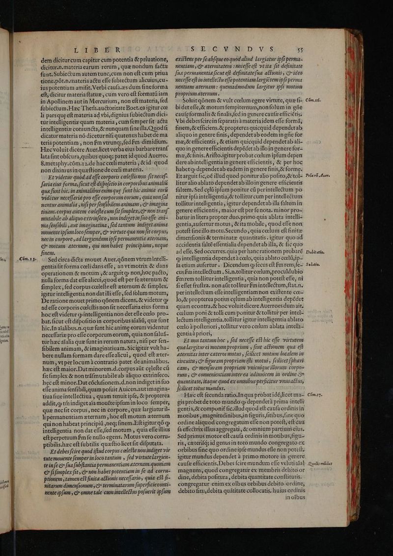 TN Com, x y. dem diciturcum capitur cum potentia &amp; priuatione, dicitur.n.materia earum rerum , que nondum facte funt. Subiectum autem tunc,cum non eft cum priua tione.pót.n.materia a&amp;u effe fubrectum alicuius,cu- ius potentiam amifit. Verbi caufa.:es dum fineforma elt, dicitur materia ftatus , cum vero eft formatü iam in Apollinem aut in Mercurium, non eft materia, fed fübie&amp;um.H:c Thern.auctoritate Boet.ea igitur coe li parsque eft materia ad vbi, dignius fubiectum dici- tur intelligenti» quam materia , cum femper fit actu intelligenti coniun&amp;a,&amp; nunquam fineilla.Quod fi dicatur materia nó diceturnifi quatenus habet de ma teria potentiam , non $m vtrunq;,fed $m dimidium. Hc voluitdicere Auer.licet verba eius barbaretranf lata fint obfcura,quibus quoq; patet id quod Auerro. 8, metaphy.cóm.12.de hac coeli materia ; &amp;id quod non diximusin quaftionede coeli materia. Et videtur quód ad e[fe corporis caleflismon fit necef- favia eius forma, ficut efl difpofitio in corporibus animialiu qua funt bic. in animalibus enim qug funt bic anima eor videtur nece[Jaria pro e[fe corporum eorum , quia non fal uantur animalia y nfi per fenfibilem animam , &amp; imagina tiuam. corpus autem calefte cum [it femplex e? non tranf anutabile ab aliquo extrinféco , non indiget in fuo effe-ani-- ma.[enfibili ,aut imaginatiua , fed tantum indiget anima nouenteipfumloco femper, c? virtute que won [it corpus; necin corpore ,ad largiendmm ipft permanentia eternam; cb motum. eternum , qui non babet. principium , neque finem. Sedcircadicta mouet Auer.qónem vtrumintelli- gentia fit forma cceli dans effe , an vtmotrix &amp; dans operationem &amp; motum ,&amp; arguit cp nori,hoc pacto, nulla forma dat effe alicui,quod eft per fe sternum &amp; fimplex; fed corpus coclefte eft eternum &amp; fimplex. igitur intelligentia non datilli effe, fed folum motum, Deratione mouet primo qÓnem dicens. &amp; videtur cp ad effe corporis coeleftis non fit neceffaria eius forma hoc eft videtur cy intelligentia non det efle coclo pro- bat. ficut cft difpofitioin corporibus aíali, quz funt hic.In aialibus.n.quz funt hic anime eorum videntur neceffariz pro effe corporum eorum, quia non faluá- tur hzc aíalia que füntin rerum natura, nifi per fen- fibilem animam, &amp;imaginatiuam. Sicigitur vult ha- bere nullam formam dare effealicui , quod eft zter- num, vtperlocumà contrario patet deanimalibus. hzceft maior.Dat minorem.d.corpus aüt celefte cü fit fimplex &amp; non tráfmutabileab aliquo extrinfeco. hec eft minor.Dat cóclufionem.d.non indigetin fuo eleanima fenfibili,quam pofuit Auicen.autimagina- tiua fiueintellectiua , quam tenuit ipfe, &amp; propterea addit,cy tin indiget aia mouéteipfum inloco femper, qua nec fit corpus , nec in corpore, quz largiatur il- lipermanentiam eternam , hoc eft motum aeternum qui non habeat principii ,neq; finem.Eftigitur qÓ cp intelligentia non dat effe,fed motum , quia effe illius eftperpetuum £m fe nullo egens. Motus vero corru- ptibilis.hec eft fubtilis quzftio licet fit difputata. Et debes fcive quod iflud corpus celeste non indiget vir tute mouente femper in loco tantum , fed virtutelavgien- teinfe c fua fubflantia permanentiam aternam.quoniam € fi fimplex fit , c non babet potentiam in fe ad. corru- ptiouem , tamen e$t finita a&amp;fionis uece[Jario , quia est fr- nitarum dimen[ionum , c terminatarum f uperfi cieconti- nente ipfum yc omnetale cum intelle&amp;fus pofuerit ipfum existens per fe abfque eo quod aliud largiatur ipft perma- nentiam , € aeternitatem :nece[[eefl vtita fit definitate fna permanenti ficut efl definitatefue actionis , ct ideo nece[Je eft in intellotfn elfe potentiam largietem ip[i perma nentiam &amp;ternam : quemadmodum largitur ipfi motum proprium eternum. Soluit qónem &amp; vult coelum egere virtute, qua fi- bi det effe,&amp; motum fempiternum,nonfolum in giíe caufeformalis &amp; finalis,fed in genere caufi efficiétis. Vbi debesfcirein feparatisà materiaidem effe formá, finem;&amp; efficiens.&amp; propterea quicquid dependetab aliquoin genere finis, dependetab eodem in ghe for 12,&amp; efficientis , &amp; etiam quicquid dependetab ali- quoin genereefficientis depédetab illo in genere for- mz2,&amp; finis. Arifto.igitur probat coelum ipfum depen dereabintelligentiain genere efficientis, &amp; per hoc habet cp dependetab eadem in genere finis,&amp; forme. Etarguit fic,o€ illud quod ponitur alio pofito;&amp; tol- lituralioablato dependetabilloin genere efficientis faltem. Sed celü ipfum ponitur cü perintelleé&amp;tum po nitur ipfaintelligentia,&amp; tollitur cum per intellectum tolliturintelligentia ; igitur dependetab illa faltem in genere efficientis, maiorceft per fenota. minor pro- batur inlitera propter duo.primo quia ablata intelli- gentiaaufertur motus , &amp;ita mobile , quod effe non poteft fineillo motu.Secundo , quia coelum eft finite dimenfionis &amp; terminatz quantitatis. igitur quo ad accidentia falté effentialia dependetab illa, &amp; fic quo ad effe, Sed occurres.quia per hancrationem probaré cp intelligentia dependet à ccelo, quia ablato ceelüjip- Ía etiam aufertur .. Dicendum q fecus eft m rem;fe- cus£mintelle&amp;um . Si.n.tollitur ceelum,proculdubio fmrem tolliturintelligentia , quia non poteft effe, ni fi effet fruftra. non aüt tollitur £mintelle&amp;um,ftat.n. per intelle&amp;um effeintelligentiam non exiftente coe- lo,&amp; propterea potius celum ab intelligentia depédet quam econtra.&amp; hoc voluitdicere Auerroes dum ait. colum poni &amp; tolli cum ponitur &amp; tollitur per intel- le&amp;umintelligentia.tollitur igitur intelligentia ablato coelo à pofteriori , tollitur vero coslum ablata intelli- gentiaà priori, | Et won tantum boc , fed nece[fe e$t bic effe virtutem que largitur ei motumpvoprium y [iue atfionem qua eft eteruitas inter ceteros motus , fcilicet motum localem in circuitu, ci figuram propriam ifli motui , fcilicet fobari cams, e men[uram propriam vnicuique illorum corpo vUM y C conuenientiaminter ea adinuicem in ordine c7 quantitate, itaque quod ex omnibus pevficitur vnusatius, fcilicet totus mandus. Hzc eft fecunda ratio.In qua probat idé,licet ma- gisprobetdetoto mundo g dependetà prima intelli gentia, &amp; componit ficiillud quod eft caufa ordinis in motibus , magnitudinibus,in figuris fitibus;finequo ordinealiquod congregatum effenon poteft, eft cáü fa effe&amp;rix illiusaggregati , &amp; omnium partium etus. Sed primus motor eft caufa ordinisin motibus,figu- ris, ceteriíd; id genusin toto mundo congregato cx orbibus fine quo ordineipfe mundus efle non poteít. igitur mundus dependet à primo motore in genere caufz efficientis.Debes fcire mundum effe veluti aíal magnum, quod congregatur ex membris debito or dine, debita pofitura , debita quanutate conflitutis. congregatur enim ex oibus orbibus debito. ordine; debito fitu, debita quátitate collocatis, huius ordinis in oíbus [0] 4 2s alis mudus