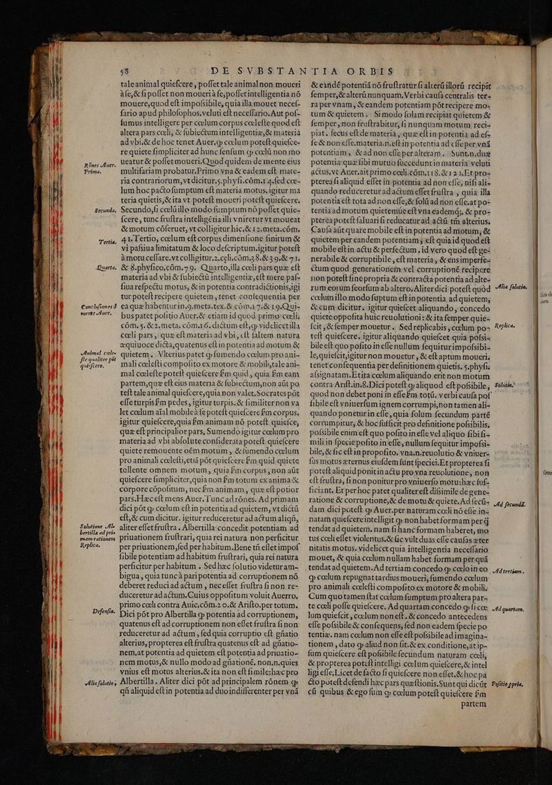 Rónes Auer. Prima. Secunda, 'P'ertia. Quarta, €onclufiones d merte Auer, Iinimal cale. fle qualiter pst quic[iere, Solutioene JA» bertille ad prie gnam rationem Replica. Defenfio. zm 2: AMET. E mum. 58 taleanimal quiefcere , poffet tale animal non moueri àfe,& (ipoffet non mouerià fe;pofletintelligentia nó mouere,quod eft impofsibile, quia illa mouet necef- fario apud philofophos.veluti eft neceffario. Aut pof- fumus intelligere per ccelum corpus coclefte quod eft altera pars cacli, & fubiectum intelligentie,& materia advbi.& dehoc tenet Auer.qp cocum poteft quicíce- requiete fimpliciter ad hunc fenfum «p coclü non mmo ueatur & pofletmoueri.Quod quidem de mente eius multifariam probatur,Primo vna & eadem eft mate- ria contrariorum, vt dicitur.s.phyfi.cóm.r 4.fed coe- lum hoc pactofumptum eft materia motus. igitur ma teria quietis,& ita vt poteft moueri poteft quicícere, Secundo,i cocláille modo fumptum nó poffet quie- Ícere , tunc fruftra intelligetia illi vniretur vt moueat & motum cóferuet, vt colligitur hic.& 12. meta.cóm. 41. Tertio, ccelum eft corpus dimenfione finitum & vi pafsiualimitatum & loco defcriptum.igitur poteft àmoru ceffare.vt colligitur.2.ccli.cóm.38.& 3 9.& 71. & 8.phyfico.cóm.7 9. Quartojilla cceli pars quz eft materia ad vbi & fubiectà intclligentiz,eft mere paf- fiua refpectu motus, & in potentia contradictionis;igi tur poteft recipere quietem , tenet confequentia per eaquz habenturin.9.meta.tex.& cóm.i 7.& 19.Qui- buspatet pofitio Auer.& ctiam id quod. primo ceeli, cÓm. 5. & 2, meta, cóm.16. dictum eft, vidclicetilla cali pars, qua eft materia ad vbi , clt faltem natura vquiuoce dicta,quatenus eftin potentia ad motum & quietem. . Vlterius patet cp fumendo coelum proani- mali ceelefti compofito ex motore & mobili;taleani- mal ceelefte potett quiefcere £m quid , quia £m eam partem,quz eft eius materia & fubiectum,non aüt po teft taleanimal quicfcere,quia non valet.Socrates pót efTe turpis£m pedes, igitur turpis. & fimiliternon va let coelum aíal mobileà fe poteft quiefcere £m corpus. igitur quiefcere,quia £m animam nó poteft quiefce, quz eft principalior pars, Sumendo igitur coelum pro materia ad vbi abfolute confiderata poteft quiefcere quiete remouente oém motum , & fumendo coelum pro animali coeleíti;etiá pót quiefcere fm quid quiete tollente omnem motum, quia £m corpus , non aüt quiefcere fimpliciter,quia non £m totum exanima & corpore cópofitum, necf£m animam , qui eft potior pars.Hec eft mens Auer. Tuncad rónes. Ad primam dici pót g» coelum eftin potentia ad quictem, vt dictü eft, & cum dicitur. igitur reduceretur ad actum aliqfi, aliter effet fruftra . Albertilla concedit potentiam ad priuationem fru(trari, quia rei natura non perficitur per priuationem,fed per habitum.Bene tf efletimpof fibile potentiam ad habitum fruftrari, quia rei natura perficitur per habitum . Sed hac folutio videtur am- bigua , quia tuncà pari potentia ad corruptionem nó deberet reduci ad actum , nec effet fruftra fi non re- duceretur ad actum.Cuius oppofitum voluit Auerro, primo coeli contra Auic.cóm.2 o.& Arifto.per totum. Dici pót pro Albertilla cp potentia ad corruptionem, quatenus eft ad corruptionem non eflet fru(tra finon reduceretur ad actum , fed quia corruptio cft gatio alterius, propterea eft fruftra quatenus eft ad griatio- nem.at potentia ad quietem eft potentia ad priuatio- ncm motus,& nullo modo ad güationé, non.n.quies vnius e(t motus alterius.& ita non eft fimile:hac pro qf aliquid eftin potentia ad duoindifferenter per vná Ein M & earidé potentiá nó fruftratür fi alterüillorü recipit femper,& alterü nunquam. Verbi caufa centralis ter- ra per vnam, & eandem potentiam pótrecipere mo- tum & quietem. Simodo folam recipiat quietem & femper ,non fruftrabitur, (i nunquam motum reci piat. fecus eft de materia , quz eltin potentia ad ef- fc & non cfle.materia.n.eft in potentia ad cffeper vná potentiam ,, &ad non cfleperalteram. | Sunt.n.dus potentis quz fibi mutuo fücceduntin materia veluti actus. vt Auer.ait primo coeli.cóm.118.& 12 x. Et pro- ptereafi aliquid effet in potentia ad non effc; nifi ali- quando reduceretur ad actum effet fruftra , quia illa potentia eft tota ad non effe,& folü ad non effe.at po- tentiaad motum quietemüe eft vna eademd;, & pro- pterea poteft faluari fi reducatur ad a&tü tin alterius. Caufa aüt quare mobile eftin potentia ad motum; & quietem per eandem potentiam; eft quia id quod eft mobile eftin a&u & perfectum , id vero quod eft ge: nerabile & corruptibile , eft materia , & ensimperfe- cum quod generationem: vel corruptioné recipere non poteft fine propria X contra&ta potentia ad alte- rum eorum feorfumab altero, Aliter dici poteft quód cclumillo modo fuptum eft in potentia ad quietem; & cum dicitur. igitur quiefcet aliquando , concedo quieteoppofita huic reuolutioni :& ita femper quié- cit , & femper mouetur .. Sed replicabis , ccelum po- tcít quiefcere. igitur aliquando quiefcet quia pofsi- bilecft quo pofito in effe nullum fequiturimpofsibi- equiefcitigitur non mouctur , & eft aptum moueri; tenet confequentia per definitionem quietis. s.phyfi; aísignatam.Etita coelum aliquando erit non motum contra Arift.in.8.Dici poteft qj aliquod eftpofsibile , fibileeft vniuerfum ignem corrumpi,non tamen ali- quando poneturin effe, quia folum fecundum parté corrumpitur, & hoc fufficit pro definitione pofsibilis, pofsibile enim eft quo pofito in effe vel aliquo fibi fi- mili in fpecie pofito in effe, nullum fequitur impofsi- bile, &fic eftin propofito. vna.n.reuolutio & vniuer- fus motus zternus eiufdem funt fpeciei.Et propterea fi poteft aliquid ponitin a&u pro yna reuolutione, non cft feuftra, fi non poniturpro vniuerfo motu:hzc fuf- ficiant, Et per hoc patet qualiter eft difsimile de gene- ratione & corruptione, & de motu & quiete. Ad fecü- dam dici poteft qp Auer.per naturam coeli nó efie in- natam quiefcere intelligit cp nonhabetformam per j tendat ad quietem. nam fi hanc formam haberet, mo tus cceli effet violentus.& fic vult duas effe caufas ster nitatis motus. videlicct quia intelligentia neceffario mouet, & quia celum nullam habet formam per quá tendatad quietem.Ad tertiam concedo q» celoin eo cp coclum repugnattardius moueri, fumendo coelum pro animali ccclefti compofito ex motore & mobili. Cum quo tamen ítat coelum fumptum pro altera par- te coeli poffe quieícere, Ad quartam concedo g 1 coe lum quiefcit , ccelum non eft. & concedo antecedens effe pofsibile& confequens, fed non eadem fpecie po tentia. nam cocum non effe eft pofsibileadimagina- tionem , dato qp aliud non fit.& ex conditione,atip- fum quieícere eft pofsibile fecundum naturam coeli, & propterea potcft intelligi coelum quiefcere,& intel ligi efle; Licetdefacto fi quiefcere non effet.&hoc pa &o poteft defendi hic pars quzftionis.Sunt qui dicüt c6 quibus & ego fum c» coelum poteft quiefcere fm partem Mia falutio, TZ Aud Tol | duni, Replica. Solutie. VId fecunda. V Ad tertiam . Ad quartam. Pefitio ?pri«,