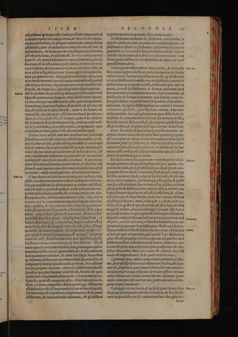 DU n. f. tao qe ens ii» —À— Csma7, D IBONUE adprimam g» materia & forma poflunt comparari ad tertium vtpote ad compofitum,& inter fe.Si compa- renturadtertium, fic propter materiam compofitum eft fenfile,quia ob materiam compofitum elt hoc & jndiuiduum, ob formam vero intelligitur,quia forma eft vlepoteftate, vt dictum eft. Si vcro comparentur inter fe , fic materiafentitur propteríormam;quia ob formam eft in a&u.non.n.pót materia fentiri nifi m o- ueat fenfum , & non mouetfentum,nififitin actu, & non eftin actu,nifi propter formáigitur materia fen- titur propterformá . Sed pulchra dubitatio eflet, quo nam modo materia quz fui natura infenfilis eft; poteft effe id quofentitur cópofitum que res propofitü trá- fcendit , & etiam in.1.cceli diligentius difputabimus. Ad fecundam dici poteft q; Auer.per effein a&uintel ligit effe permanens femper, veluti fübftantiz fepara- tx dicuntur per excellétiam in actu, quia fempiternze, formaitaq; dum intelligitur eft in actu , & cft inpoté tia; eft quidem ina&u effendi , quia vt fic habet efle vniuerfàle, & eternum. eft in potentia ad przdican- dum.in a&u quidé effendi femper , quia vt fic abítra- hit à materia & potentiz materie, ratione culus red- ditur potentialis.g.metaphy.cóm.2.in potentia vero ad predicandum;quia vtíic eft,vniuerfale quid. Corpus-vero ceclesle cum nou tranfimtetur fecundum fabietlum ueceffc eft componi ex fubftantia in atiu y c di- enfionibus in atius etrideoest ingenerabile e incorrupti bile,ec cum ita fitycorpus colefle efl materia. vecipiens for mam celi, boc modo qui declaratus eft de bac materia. [.de eius contenicutia cum materia genevabili cir corruptibili inaliquo cix diuevfitate eius ab ea in aliquo /N am vtraq; etium efl materia fecundum quod videtur e [imiliter etia fecunduquód inuenitur in eis potentia ad moti in locoseir f in corpore calefti uon fit potentia. ad tranfmutationem . Cum dixit conditiones materie generabilium, nüc addit conditiones materiz cacli.vt colligatur dria cce- li & generabilium.Ex dicit primo cp corpus céclcfte.i, coelum ipfum quod eftanimal , cum nontranfmute- tur £m fubiectum;neceffe cft vt componatur ex füb- ftlantiain actu, & dimenfionibusina&u. Hoc elt vt ea pars quz locum materi tenet,fit emper actu for- mz copulata, & dimenfionesillius fint fempcr termi- natz,& nunquam in potentia adterminos, & hocpro tahto , quia ccelum ipfum eft eternum , &non trarit- mutabile £m fübiectum , veladipfum fubiectum ; vt habetalius textus, & conuertitur,vt quia coclum eft ex materiain a&u & dimenfionibus in actujideo eftinge nerabile, & incorrüptibile. Dicit fecundo cp talecor- pus quod fetenet loco materiz eft materia recipiens animam cceli , finéformam coeli, non abfolute quide, fed £m modum conuenientiz, & dfiz dictum ;' Dicit tertioquod conuenientiz funt duz,prima quia amba materiz,videlicet;hec generabilium: &illaicoelorum funt quatenus videntur ,.& non intelligit fecundum qp videntur;fcilicet per accidentia fenfilia,vtn oftti có temporarij fentiunt,fed fecüdü cp vnum , hoc eft funt inaétu propter formis, ambz.n.cóftituunturin effe Ípecifico propterformas vt dicti eft ; fecüda e(t quia ambe funtin potentiaad motum . Licet:materia cce- li perfe, quia eft corpusinactu .. Hxc veroperacci- dens ; vt pars,compofiti ;. Dicit quarto,g idifferentia hzc materia cítin potentia ad ghationem, & fic patet differentia , & conuenientia coelorum , & güiabilium X XE CHR WEN D.v.s exparte eorum corporum , fiue materierum. Et fubflantia existentes in. fabflantüs. exislentibus in corpore celeflt non funt potentiaad trapfmütationem : at Jubflantis exiflentes in fubflantiis exiflentibus in corpore generabili & corruptibili funtycir [militer est in corpore celesti . declaratum efl.n.de eis eas efTe conteuientes: cum formis geuerabilibus c corruptibilibus in aliquo, e iaali quo differentes ab eis. Nuncponit differentiam inter coelos , & animalia fiue corpora generabilia ex parte formarüm,& fenfus verborum fic barbare tranflatorum eft , c fubftantiz i.forme fübftantialesexifteates in fubítátiis.i. materiis cxiftentibusin corpore ccclefti, ideft coclo ipfo aiali vt partes, hoc eft & fübítantie & forma celorum non funtpotentia ad tranfmutationem. funt,n.zternz, at fubftantiz & formen materiis qux funtin corpori- bus giabilibus vt partes funt.f.in potétia ad tranfmu- tationem. ficigiturdifferuntformz coclorüà formis corporum gnüabiliü , quia ille funt zterne . He vero tráfmutabiles . hoc aüt,pbat per ea quz dicta funt cir cadtiam & conuenientiam harum formaárum abillis, & vt de formis dictum eft,fic de corpore cclefti fimilt eft dicendum,& degencerabili que omnia dicta funt. Etex boc modoid quod congregatur bicex anima. € corpore dicitur azabcum bocquod illud quod congregatur illic ex corpore c anima dicitur non equiuoce animal;fed fecundum prius c pofterius,ct ideo nece[te el in talibus naturis vt prius fit caufa po[lerioris , vt ditum eft de bac natura alibi.verbi gratiajilla qua dicuntur talia fed. diuer fant ur [fecundum magis ci miuus. Ex dictis infertduo;quorum vnum fequitur adal- terum.primum eft quod intelligendo hoc modo có- pónemin ccelo, & in gfiabilibus tam illud quod con- gregatur hic ex aia & corpored illud quod congrega tur illic etiam ex aia & corpore dicituraial nó tn vni- uoce, neczquiuoce, fed analogice £m prius & pofte rius,hoc eft primum, Secundum eft g» p p hoc ceclum eft cá aralium fublunarium:; namin talibus naturis ana logicisfemper quod prius efb;eft cá effectrix, & | effen- tialis eius quod eft pofterius.vt de hac natura dictum cítalibi,videlicet.2 meta. cóm.4.& 1 2.meta;cóm.5 1. di&ü eft.n.gp illorü que funt talia,& qua funt dfia £m magis & minus, id quod eft magis femper. eft cá eius quod eft minus.vt quia ignis eft calidus per effentiam, ideo eft caufa calidorum.Sed occurres,quod nam aíal eft prius,an atal caclicum,an hoc fublunarethoc,n. vi- deturprius,quia per hoc fublunare illud na&ti fumus. Dici poteft.vtin lib.Pofterio.dicitur prius effe& quo ad nos,& quo ad naturám;aial quidé hoc-fublunare prius eft ad nos,quia vt re&eargutum eft;pertioc aíal fublunareilud ceelicum venati fumus. Aíal.vero cce- licum eft prius quo ad naturá;quia praftantius & no- bilius.Hacróne illud huiccaufà eft. effendi , hocilli caufa elcognofcendi, & fic patet ordo horum. Quoniamigitur celum coviponitur ex nateria e» for- qma yficut efl difpofitioin animalibus qua fimt bicydeclara- tum eft. Amplius in quo.conueuit forma istorum cum for- qüis illoruinyet in quo differuit : ci inquo differt vltimus snotor istorum ab vltimo swtore illorum. Remanet igitur declavarein quo differunt bac duo genera quo ad «cciden- tia e inquo conueniunt. deproponitintentionem dicendorü,& ait fe velle di- cerein quo differunt & conueniunt hzc duo ga aia - lium 61 Doubitatio: Solutio,