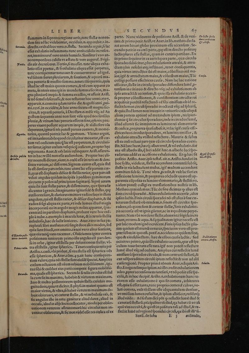 Viri | | viis tdrihy | ji im un rim ndi B Secunda, Tertia. Quarta . Seciida pofito de laci [£7 Cofutatio pofi fonts iuntoria. Prima ratio, Becunda. LUN BURR flammatain füprema regione aeris,tunc ftella noneo- dem fitu adlac videbuntur, occiduis.n.apparebir.r.in- directe.oriétalibus vero.p.ftella, Secundo arguit,filac effet exhalatio inflammata.tunc annis calidis increfce- retimminuerct veroannis humidis.Similiteri vno an- no temporibus calidis vt eftate&amp; vere augeret. Frigi- dis aüt decrefceret. T'ertio,fiita effet. tuncaliqua exha- latio effet ppetua , &amp; f1exhalatio aliqua effet perpetua, tunc corrüperetur totusaer &amp; conuerteretur adigné. velfàltem fieret pluuiarum,&amp; fontium,&amp; aquarü ma- gna penuria &amp; exuftio füumma.tenet cófequentiaquia iftud lac eft maius quouis cometa, &amp; tt cum apparet co meta, iisannis emergitin mundo fumma ficcitas, ma- gna pluuiarüi inopia &amp; fumma exuftio, vt afferit Arift. fe nó femelobferuaffe,&amp; nos teftamur hoc anno.1507. apparuit.n.cometa qdam tertio die Augufti anni jpxi- mi.1$06.in occidéte,&amp; hoc anno fecuta eft magna fic- citas,&amp; aquarü penuria, à Decébre.n.méfe víq; ad Au guftum fequentis anni non fünt vifze apud nos fenfiles pluuiz,&amp; vtinam hac penuria effet in fine,qm vix pau- peres viuere poffunt aquarum inopia , &amp; aialia fere oia depereunt;igiturfi tin poteft paruus cometa, &amp; momé- tarius, quantü poteritlac &amp; ppetuum. Vltimo arguit, oéintranfmutabile quod circulariter mouetur,cft cce- lum vel ccelicum quicd lac eft perpetuum, &amp; circulari- terferturjigitur coelum velquicq coelicum;propter hec argumenta Auer,&amp; oéslatini relinquunt Arift.afferen- tesin hacreillü non effeaudiendum. Propter hecali- ter nonnulli dicunt,aiunt.n.coelü effein raritate &amp; den- fitate varium;ac difforme.Signum autem cft;quia ftel Ja eft denfior pars orbis.tunc aiunt lac effe partem coe« li,quz eft diaphanis délior &amp; (tellis rarior, quz pars eft veluti angulus quidam incipiés à pedibus geminorum circuens p polos ad principium fagittarij. Sign autem quiaibi funt ftelle paruz,&amp; diffeminatz, que fporadz dicunturàgracis.Imaginantur igitur folé &amp; ftellas,que rutilioresfunt,&amp; clariores emittere radios fuosin illum angulum;qui eft ftellisrarior, &amp; défior diaphanis,&amp; ibi radios frági aliqua ex parte,vtinde lumen illud magis incorporatü eoin angulo magis nobis appareat, d iu- centratü in partibus diaphanis;probant vero hoc exé- loà nube.2.exemploà macula lunz, &amp; à ceteris ftellis nebulofis)hec dela&amp;teiuniores. : Auer.veroin fua pa- raphrafi libri metheororü fingit duos alios modos, fed quia funt friuoli,eos omitto.czteri vero aliter fentiunt, quz oia tand vana tacemus. Obiiciamus igitur contra pofitionem iuniorum primoifte anguluselt pars den- fain orbe , igitur eft ftella per definitionem ftellz. vl- tra eft ftella , igitur fphzrica. Tenet confequentia per Arifto.2.cceli.vbi probat , fi vna ftella eft fphaerica oes effe fphericas , &amp; Auer.cóm.4 9.ait hanc confequen- tiam valere,quia oés ftelle funt eiufdé fpeciei, Amplius ccelum o&amp;auum e(t ofum orbium nobilifsimum ,igi- tur fibi &amp; cuilibet eius parti competit figura nobilifsi- ma,qualiseftfphzrica, Secundo fi talis circulascft (tel lacum fitita maxima, habebit &amp; virtutem maximam, Imo &amp; multo pollentiorem quáuis ftella cuiufuis ma- gnitudinis,quia vt dicitur. 8.phyli.in maiori quanto eft maior virtus, &amp; vltra,fi habet virtutem maximam de- buitobíeruari, vt ctere ftelle, &amp; vt nebulofe oés, &amp; ficangulus ifte in ortu geniturz aliud daret, aliud in occafu, aliud in alijslocis collocatus, modo per obfer- uationem veterum aflronomorü hic circulus non in- venitur obferuatus,&amp; fic non videt effe res coclica oi ex S TESCO WIEN D .V 5S: 67 parte. Nunc videamus de pofitione Arift. &amp; de veri- De llle feci tate.&amp; primo petit Arifl.vt Auer.inlib.metheo.decla- 2775, ^^ rataerem lunari globo proximum effe accenfum . Se- cundo petit in ea cceli parte, que eft in dire&amp;o pofiture lactis plures effe ftellas, quamin caeteris parübus. Ex iis primo fequiturin ca aeris fupera parte , quz circulo fporadeo fübiicitur, plus exhalationis attrahi, &amp; attra- Cam plus refoluiatq; inflámari , tenet confequentia, quia virtus attractiua ibi eft maior, cóbufliua etiá ma- iorjigit &amp; attractatum maius, &amp; cóbuftum matus, Tüc | C«fe, colligi poffunt effe&amp;rices caue . Nam lac hac ratione efficitur,ftelle in circulo fporadeo diffundunt lumé ,p- tenfum in cótinuo &amp; dire&amp;o víq; ad exhalationem ab ipfo attractá &amp; accenfam,&amp; quia illa exhalatioaccen- fa propter cóbuftionem, &amp; confiftentiam attract rei acquifiuit potétiá refle&amp;endi oé fibi emiflum ob id re- fle&amp;itlumen circulifporadei in octauá vfq; ad fphará, &amp; quiaillud lumen non nuenitin vniuerfo coclo aliquá aliam partem aptioré ad mutandum ipfum , recipien- dumüe d fit circulus fporadeus,indeis circulus lumé, illud affumit ficimmixtum ex lumine rei elementari &amp; codice, propterea quafi albefcit,vt lac igit caufe effe- &amp;ricesíunt circulus lporadeus , vt luminis emiffor , &amp; exhalatio attra&amp;a vtillud refle&amp;ens . Materia &amp; fubm eftea cceli o&amp;aui pars que cü circulo fporadeo. coexi- ftit. Náheclucet,hzcd; albacernit,&amp; nó exhalatio.for ma elt albedo illad luci addit.hxc.n.albedo luci fpo- radarum addit ex accéfione exhalationis, Et gj hc fit pofitio Arifto. Auer.ipfe teftat. ait.n. Arifto.fundari in hocfyllo, videlicet, (telle accendunt contentü fub fe, ftelle in viala&amp;tea funt multa. igit multum accendunt contétum fub fe. Tunc vltra jpcedit;&amp; vultlac fieri ex reflexioneluminis,&amp; propterea cócludit quare eft ap- parentia cópofita exlumine elementario,&amp; ftellifero. 2.idem poteft colligi ex trapflationibus noftris inlib. Metheo.quas edemus.Tüc define dicimus cp alius eft finis circuli fporadei. Alius exhalationisaccenfz alius ipfius la&amp;is.Finis circuli fporadei nó cftaliusà fine ce- terarum ftellarü ob eundem.n.finem eft circulus fpo- radeus,ob quem funt &amp; caterz ftelle, finis exhalatio- nisaccenfz eft vtignis giietur,acin equalitate perpe- tuetur, Nam vbi non funt ftelle,elementa frigida incre Ícunt,vt terra &amp; aqua. Ad cqualitatem igitur neceffe eft per hüác modumignéincrefcere.Finis ip(iusla&amp;is gia- tim quidem eft mundi ornatus,fpeciaum vero eft pro- pterfubm in quo ell. potit.n.accidens co quidem fine, quo &amp; eiusfübiectum., hzc deoibus caufisla&amp;is. Sed occurres primo;quia illa exhalatio accenfa,quz eft fpe culum reuerberans effe rara.igif non poteft refle&amp;ere lumé illud víq;ad coelum. Amplius cur reflectit lume emiflumà fporadeo circulo,&amp; non ceterarü ftellarü, &amp; cur ad (poradeum circuli ipfum refle&amp;it &amp; non ad ali ! cceliregioné, Propter primárónem Aucr.reliquitAri- $oltie.  fto.Etegorelinquoipíum.náillecredit exhalationem adeo ,ppteraccenfionem rarefieri, vt nó pofsit effefpe- culü,&amp; in hoc decipit. Arifto.n.exhalationem hanc ra- riorem effe exhalationeé qua fit cometa , arbitratus eft; quia fi effettanta;tunc proprio cernerct calore, ve- luti cometa, vulttüillam effe aliquantulum denfam , ytemiffum lumen refle&amp;at,&amp; ipfum albificet,reddatd; illud vijle. Adícdam dici pót qp refle&amp;itlumé illud &amp; ceterarü ftellarü.pricipaliter ti illud,qa habet cü eo ali quá vim occultá;&amp; qa'eftin pofitura tali ad illud, &amp; re- fle&amp;it lumé adregionéfporadei circuli,qa ibi eft illi? fi- Suell, de fuba E 3 miltudo, uod fi t po fi» d Dubitationes cotra edeifio,
