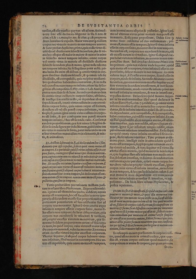 1 1 f ' l, W T4 tenfiue,eft alia quxftio quenon eft ad rem.Animad- uerte hzc. effe declarata diligenter in lib. 8. text. & «6m. 78.& 22.metaphy.tex. & cóm.41,& propterea Aucr.breuibus fe expedit, Maior vero erat qp nullum corpusnec virtusin materia mouet tempore zterno. & hanc probat dupliciter,primo;quia nulla virtus di- uifibilis ad diuifionem fubie&i fecundum plus & mi- nushoc eftquz eft maiorin maiore & minorin mino re fubie&o mouet tempore infinito , omne corpus vel omnis virtus in materia eft diuifibilis diuifione fubiecti fecundum plus & minus. igitur nulla talis mo uet tempore infinito.hic fvllogifmus patet exlib. pri- mo huius.Ibi enim eft di&um c» omnis virtusin cor- pore diuiditur diuifionefübiecti , & cp omnis talis fic diuifibilis, eft corruptibilis, quia recipitur medianti- bus qualitatibus habentibus contrarium , & ita nulla talis poteft mouere temporeinfinito.etiam hic fyllo- gimus eft compofitus.S. Phy. cóm.^ 3.ab Auer.pro- pterea nunc fatis fit dictum . fecundo probateandem fic.omnis virtus exiftensin corporcfinito, eftfinita , & intellige fiitaexiftitinillo , vt dependeat ab eo,vt fxpedi&um eft, omnis virtus exiftensin corpore exi- ftitin corpore finito , quia omne corpus eft finitum, & nullum e(t vel effe poteft corpusinfinitum , vt ter- tiophyfr.patuit.igitur omnis virtus exiftensin corpo- re eft finita, & per confequens non poteít mouere tempore infinito. Hzc eft fecunda ratio. Confirmat eandem propofitionem,quz fuit minor fyllogifmi di- &iin fecunda figura per inductionem,quód enim om nibus virtutibus materialibus vt in elementis,& mix- tis, & animalibus, Et Ariftote.laborauit in. 8.ad declarandum boc € fun- dameniis qua ipfeexpofuit, fcilicet quód. omnis motus esl intempore.Ex quointulit quod fi virtus infinita efJet in cox pore fiiito , contingeret iflud moueriper illam innontem- pore.corpora enina non excedunt [e in velocitate (* tardi» zate: nifuin exce[[u cavumin virtutibus motiuis mateviali- bus . Et exce[[us virtutum fequitur exce[[um corporum.f. quod corpus:cuius virtus eft maior:eft velocioris motus.ex quo fequitursquàd [i aliquod corpus babuerit virtutem in- finitamymouebitur in nontempore,fed declaratum eL om- nem motum e[[ein tempore, nam in omui motu e5l peius ca» posterius,qua fimt in tempore. Tertio probatidem perrationem Ariftote. pofi- tam in octauo libro Phyficorum . Et procedit enthi- me. à primoad vltimumhoc pacto. videlicet, omnis motus eftin tempore;hoc eft füccefsio in.motu tem- peraria eft fecundum exceffu (iue proportionem pro- portiorium potentiarum ad fuas refiftentias fiue ad corpora quz mouentur. Igitur íi virtus terna atque inBinitain tempore effetin corpore finito , motusil- lius effetin non tempore.declarat cófequentiam,quia corpora non exceduntfe in velocitate & tarditate, ni(i propter exceffus virtutum mouentium , quz fü- munturífecüdum proportionem earum àd füa corpo ra motajita quód corpus, cuius virtus eft maior refpe €tu corporis mouendi, velocius mouetur.Et econtra etiam exceffus virtutü fequitur exceffum corporum. Viterius fequitur, fialiquod corpus habuerit virtu- tem infinitam, illud moueriin nontempore, Hoc au- tem eft impofsibile, quia omnis motus efti tempore, namin omni motu eft prius & pofterivs. igiturà pri- mo ad vltimum virtus primi motoris non poteft effe in materia , Et fic patet propofitum. Debes fcire qj textus Auer, refoluitur ad duo enthimemata . pri- mum eft;motus eftin temporc.Igitur fi virtusinfinita effetin corpore finitomoueret illud in non tempore. Secundum eft, corpora non exceduntfein motu,nifi ab exceffu earum in virtutibus. Igitur fi aliquod cor- pus habet virtutem infinitam,moueretur in non tem- pore.Hzc Auer. Sed circahzc dubitatur.Primo con quia motus eftin tempore, virtus infinita fi effetit cor pore finito, debeat mouere in non tempore. ita enim videtur fequi , fiilla effet extra corpus, ficut fi effet in corpore,modo fit infinita.Secundo dübitatur contra fecundum;quoniam motuum exceffus fequitur excef fum virtutum fecundumintenfionem, & non fecun- dum extenfionem, modo virtusilla infinita primi mo toris eft infinita in extenfione, & non in intenfione, vt poftea dicetur. Debes fcirequód Auerro. fuppo- nit in hisenthimematibus illud quod declarauit in octauo libro Phyfi.cóm.7 9.videlicet,qp omnis virtus infinita extenfiue fi elt in materia fiue corpore depen denter;illa fit infinita intenfiue.quia fiilla eft in mate- ria dependenter, erit corruptibilis , & fi corruptibilis, habet contrarium,cuirefiftit tempore infinito.Et om ne illud quod refiftit alicui tempore aterno,eftinfini- tum intenfiue, quia non refitlit, nifi per aliquam vir- tutem . igitur fiper infinitum tempus refiftit, etiam per virtutem infinitam intenfiuc refiftet , Et fic fequi tur quód omnis virtus infinita extenfiue fi fitin cor- pore, illa (it infinita intenfiue . Tünc primum enthi- mema patet. intelligit enim in antecedente quód fi motus eftin tempore,füpplepropter rationem exceí- fus virtutis ad mobile , & tuncfequitur vt fi virtus illa eterna effetin materia ; quód moueretin non tempo re,quia fequiturillam effeinfinitam non modo exten fiue,fed etiam intenfiue, vt diximus .fecundum etiam enthimema patet peridem , quiafi vnum corpus fer- tur altero velocius propter virtutis exceffum, igitur corpus cuius virtus eft infinita intenfiue , mouebitur innontempore, & hoc pactofehabebit coelum (i pri mus motorfit ineo dependenter. erit enim primus motor virtusinfinita extenfiue & intenfiue, vt fup- pofuimus . De hisin libro o&auo Phyficorum, & poftea repetemus., Et cum ita fit et demon[tvati fit quód cerpus caeli com ponitur ex motore c moto , c quód ifle moternon con- Slituitur per vem motam: neque exiflit in ea.fed efl ab[olu- tus ab omui materia querendum est de boc quod mouetur ab eo, fcilicet de corpore celefliyptrum fit compofitum ex materia cr forma ficut difpofitio corporum que mouentur apud nos ex feà primo motore qui efL in eis , [cilicet corpo- vum animalium que mouentur ab. anima 2 an [it- [rmplex € non eft in eo potentia omnino, fcilicet forma à qua pro- ueniat atio prater formam mouentem qua non conflüitui- tur per ipfam,fcilicet formamsqua largitur ei motum con- 'tinuum, fcilicet mouere infimitum. Iisrefumptis mouetquzftionem de corpore cacli- co,quod eftres mota in animaliccelico , que quz- ftio eft, vtrum corpus ccclicum quod mouetur, fit compofitum ex anima & corpore, per quam animam fit COO fa. | | | | uere 9 nilo Cóm.4, Metrum, lini Vut.