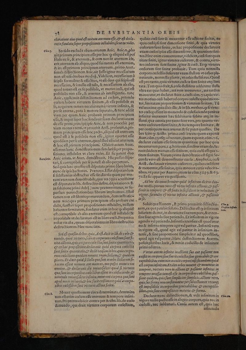  claratione eius quod eft notum eternum efe, cr eft decla ratio fundata fuper propofitiones instabiles, [cut tu vides. Secüdo excludit alium errorem Auic, Auic.n,pba uit primum principium effe per hoc cp aliquid eft pof fibile ex fe, &amp; eternum , &amp; cum non fit aternum àfe, erit aternumab aliquo,quod fui natura eft eternum, &amp; ita eft primum priacipium zterpum , primo Auer, fumés diftin&amp;ionem Auic.ait effe igitur neceffarium non elt nifi duobus modis?, Videlicet, neceffarium à feipfo formaliter &amp; effe&amp;tiue, vt eft deus qui feipfo eft neceffacius, &amp; à nullo eft talis, &amp; neceffarium ab alio, quod tamen eft ex fe pofsibile, vt motus cceli, qui eft pofsibilis non effe, &amp; zternus ab intelligentia. tunc Auic. applicauit diftin&amp;tionem ad colum, putando Lll ccelum habere virtutem finitam ,&amp; effe pofsibile ex fe acquirere tamen necefsitatemà virtute infinita, &amp; Cnm.5. uai T perfe xterna , puta à motore feparato, &amp; tunc addit l 1h viam per quam Auic. probauit primum principium ml cífe,&amp; inquit fuper hoc fundauit fuam declarationem : Ii de elle primi principij ipfe Auic, &amp; non procefsit per à Vl viam motus xterni,vt procelsit Arift. probauit.n.pri- mum principium effe hoc pacto aliquid eft eternum quod eft à fe pofsibile non effe , igitur oportet effe quoddam perfe xternum,quodillud efriciat eternum &amp; hoc eft primum principium. Obiicit autem Auer, afferens hanc demóftrationem fundari füper propo- Mb fitiones inftabiles vt clare vides. Et. fic patent duo Exeatio, Auic errata, vt Auer, demóftravit, Hic poffct difpu- ES tari, fi corruptibile perfe poteft ab alio perpetuari, | Sed quiahzc quizeftio cft difputata primo libro huius, [rl nunc deipía ha&amp;enus. Przterca.Effet difputandum | fi fübftantias abftra&amp;as effe fitalia via quam per mo- El tüm'eternum demóftrabilequz rcs (quia acutifsime | eft difputata in lib. deftruc&amp;tio deflru.difputationes.8. in folutione primi dubij.) nunc pratermittatur; nefu-: perfluis pertra&amp;ationibus librum impleamus. tllud tamen aon elt filentioprztereundum, demon ftratic- nem Auic.qua primum principium effe probare cre didit, fundari fuper propofitiones inftabiles, nullam M habentes firmitatem, fundatur enim in hoc qp aliquid [i eft corruptibile ab alio eternum quod eft inftabile'&amp; impofsibile vt declaratum eftin libro cocli.Propterca reítat viaalia quam difputabimusin libro deftructio defítru&amp;tionum.Hec nunc fats. a P Sed efl queflio de boc,quia JA rifl.dicit in lib. de calo e quundo, quód virtutescilicet corporum celeftiwm [unt fi- li aita ablionis,quia corpora catle$lia funtfinita quantitatiss | er ex bac propofitione declavauit quód corpora celesti fuat finit quautitatisc dedit cau[aminbocyquia.corpo- vum calestiumquadam mouent vnam flellamycr quedam plures. Et dixit quód fi $ielle que funt sa orbe stellarum fi- xau effent wanores aut maloves, non po[]et mouere eas omnino , cà declarauit ille wuiuerfaliter quod ft virtutes qua funt incorporibus calestibus e[Jent in calefaciendo e apud nos in inslantiye? boc facit exiftimave quód ui corpo- gibus cele[ibus [unt virtutes atfiua fruta. | Mouet' queftionem circa determinata.determina Com. 8. ! d j tum eft enim ccelum effe eternum &amp; tempore infini- &amp;mundo , qui dixit virtutes corporum coeleftium, » quibus coeli fünt&amp; mouentut effe a&amp;tione finitas, éo quia coeliipfi funt dimenfione finiti , &amp; quia virtutes celorum funt finite , ex hac propofitione declarauit etiam coelos ipfos effe dimenfione; &amp; quantitate fini- tos.Hx»c enim conuertuntur, vidclicet, coeli funt quan titate finiti, igitur virtutes coelorum , &amp; contra, virtu- tesceelorum funt finite igitur &amp; cocli . Et qp virtutes coelorum fint finite probauit. Tum quia nonnulla corpora cccleftia deferunt vnam ftellam vt orbes pla- netarum , nonnulla plures , vt orbis ftelliferus. Quod cítpro tanto;quia virtutes coclicz füpt finite atq; limi vltra eas quas habet ; aut non moueretur , aut tardius moueretur,vt declarat Auer.2.coeli cóm, 7 1.quia vir tus motiua cceli habetad corpus coelefte quod moue- tur, limitatam proportionem &amp; virtutem finitam. Tü vel maxime;quia dixit illic, &amp; in lib.metheo.gp fi virtu- tcs ceelice effentin mouendo &amp; calefaciendo penitus infinite mouerept hzc fublunaria fübito atq; in in- Ítanti, que omnia protanto funt vera;pro quanto vir- tutes coclorum funt finite, &amp; ita temporelimitatz , &amp; per confequens non xternz.&amp; fic patet quaítio. De bes fcire qp Arifto. primo coeli àtextu quem exponit Auer.cóm.33.víq; ad textum,quem exponit.cóm.7 6, declarat ccelum effe finitum quantitate per hoc quia mouetur tempore.2 4.horarum,fimiliter etiam decla-- rauitibidem motum cffe finitum; quia coelü eft quaa- titate finitum. Verum prima demóftratio eft figni Se- cunda vero eft demonílratio caufe . Amplius. cceli Arift. declarauit virtutes coelorum , quibus cceli funt &amp; mouentur,effefinitas, quia monent certis velocita- tibus, vt patet per Auerro.ctiam in cÓm.3 3.3 9.&amp; 6 3. 7.Etficapparet vis quvfüonis, Ad boc dicamus breuiter quód. infinitum dicitur duo- bus todis, quorum vuus eft virtus infinite a&amp;lionisycir pa[- Jionis in tempore: c eft finita in [e) fcilicet in velocitate c vigore . fecundus efl virtus infinita, atlionis , cir pafsionis in fe. Soluit quzftionem , &amp; primo premittit diftin&amp;tio- nem,ex quá patebit folutio.Diftinctio eft p infinitum bifariam dicitur, in durationefinetempore,&amp; exten- fiue fiueagendo fiue patiendo. Etinfinitumin vigore agendo vcl patiendo.Infinitü extenfiue eft quod xter no&amp; infinito temporeagit vel patitur. Infinitü vero in vigore cft, quod agit vel patitur in infinitum in- tenfe, &amp; fine proportione fimpliciter ad quodlibet, quod agit vel patitur. Hanc deftin&amp;ionem Auerro. pofuit pluribus locis , &amp; nosin codicillo de infinitate primi edimus. | Virtus autem ivfinita inatione fua aut pafsione non exiflit in corpore:iue fuerit cade$le:fiue generabile ct cor vuptibilébec euim non accidit corpori nift [ecundum quód est corpus infinitum.Et ideo orbes smouent cá mouentur in tempore , virtutes vero in a&amp;lione er pa[sione infrnitas in tempore nece[Javium eft effe in corporibus calestibus.paf- fione quidem, quia funt fimpliciter [amplicia.atfione vero, quia [ua forme non con[lituumtur per Wbietfum:et vtrunq; eft impo[sibile in corporibus generabilibus e corruptibi- libusyquia funt comp ofita ex materia c forma. Declarat nunc diltinctionem, &amp; vult infinitum in vigorenullo pacto effeinaliquo corpore,quia necin colefti, nec fublunari. Cauía autem eft, quia hec inhinitudo | bj 3 ZONE | Front Com.9. | Duplex infiuie tum, ] Cóm.18.