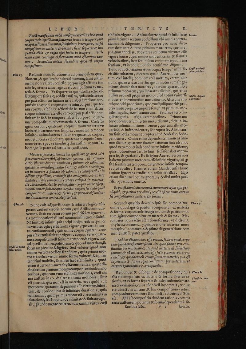 Lo BBAXIEE- KR Et efi manifeflum qud non fequitur eti ex boc quod corpus recipit paftionem finitam in fe uonin tempore aut | vecipit atlionem finitam in fe infinitam in tempore , vt fit 1 compofitumyex materia etr forma , ficut. fequeretur boc | quando a&dio c pa[[io effet finita in tempore . — Pri- m | aum enim contingit ei [ecundum quod efl corpus tan- l tum . Secundum autem fecundum quod efl. corpus compofitum. Qi; — Refumit nunc folutionem ad principalem que- | fionem, & quafi refpondetad formam, & ait enthi- mema non valere. ccele(te corpus agit actione fini tainfe, xterna tamen igitur eft compofitum ex ma- teria &forma. | Vtfequeretur quandoilla actio ef- fet tempore finita,& reddit caufam, quia ccelefte cor pus pati actionem finitam in fe habetà ratione cor- poris in eo quod corpus omneenim corpus , quate- |j nus corpus, eft finite actionis in fe, non enim datur corpusinfinitum cceleftre vero corpus pati actionem finitam in fe& in tempore habet à corpore , quate- nus compofitum eft ex materia & forma. Coclefte igitur corpus , quatenus corpus, mouetur certa ve locitate, quatenus vero fimplex , mouetur tempore infinito . animalautem fublunarequatenus corpus; E mouetur certa velocitate, quatenus compofitü mo- d uetur certo tpe, vt tamdiu à diu exiflit. & non la- borat,& fic patet ad formam quaftionis. ju, ?Moduseergo deeeptionis in bac questione c? quod Ari flot.contradicere fibi fufpicionem peperit , eft. equiuo- | catio iflorum duorumnominum , finitum. ci infinitum, T quonia ci non diflinguuntur finitas c infimitas contingeu tes in tempore à finitate e infinitae contingentibus in a&tione ci paf[ione, contingit ifla ambiguitas, ct ex bac finitate ,in qua conueniunt corpora cale[lia & materia- lia , declarauit Aristo. vniuer(aliter corpus omne ejfe fi- sitim. non ex finitate que accidit corpori fecundu quod componituy ex materia c? forma , e pev bac ab[cindun- tur dubitationes contra JAriflotelem. | €wa€ — Nuncvult ad quaftionem fatisfacere logice afsi- gnans caufam erroris eorum , qui Arifto.contradi- | xerunt, & ait errorem eorum proficifciex ignoran - E tia zquiuocationis illorü nominum finitü & infinitü. l Ná finitü & infinitá pit accipiin vigore &in tpe, & jta virtutes celice erüt finite vigore , tpe vero infini- tz.caufaautem eft , quia omne corpus,quatenus cor | pus eft virtutis finitz in vigore. corpus vero quate- nus compofitum eft finitum tempore & vigore. hzc | . . adquzítionem expofitorum & quo ad materiam,& | nnne formam phyfice & lggice. Sed videtur quód. non | omnes virtutes coelice fint finite , quia primus mo- | tor eft codlica virtus , immo forma vniuerfi;& fignan | ter primi mobilis , & tamen hac eftinfinita , quod etiam Auerro.1 2.metaphyfi.commen.4 1.aperte di- 1 cit.aitenim primum motum componi ex duobus mo i toribus , quorum vnus eft finite motionis, vt eft ani j ma cxiftens in eo , & alter e(t finit» motionis , ficut j eft potentia quz non eft in materia. ecce quód vult motorem feparatum & primum efle virtutemánfini- tam , & nonloquitur de infinitate durationis, quia 'tamanima , quam primus motor eft virtus infinita in l duratione, fed loquitur de infinitate& finitate vigo- ris, igitur de mente Aucrro. non omnis virtus coeli Jd' SEINE V5 81 eft finitavigore. | Animaduerte quód deinfinitate. soie. primi facimus acutum codicillum vbi omnia pertra- Gamus, &diligenter. Propterea pro nunc dice- rem de mente Auerro.primum motorem, quem fe- paratum appellat , & cateras coelorum virtutes efle vigore finitas , quia omnes mouent certis & ftatutis velocitatibus , licet fecundum veritatem oppofitum fentiam , vtin codicillo illo acutifsime difputo. Tunc adau&oritatem Auerro.quz femper mihi fe» Expó verbora citdifficultatem , dicerem quod Auerro, per mo- MN IG tum coeli intelligit omnem cceli motum, vt tam diur num, quam erraticum . hicigitur motus cum it ge- minus, duos habet motores , alterum feparatum,vt primum motorem , qui feparatus dicitur, quatenus nullius orbis eft proprius motor , fed totius vniuerft. aforer duplex mouet enim vniuerfüm motu diurno. Alterum vni-. ceimetu;. cuique orbiproprium , quo vnuíquifque orbis pro- prio motu proprio tempore fertur , vt primum mo- bilefingulis.36.mil.annorum. Saturnus vero fin- gulistrigenis. Aljaliistemporibus. . Primusmo torquo vniuerfüm fertur motu diurno , dicitur. in- finitusinfinita motione mouens , quatenusille mo- uetàfe, & independenter , & propterfe, Alij.dicun- tur finiti quia mouent propter aliud, & ab alio, & de- pendenter. Omneenim dependenter mouens fini- tum dicitur, quatenus fuam motionem finit ab alio. quod vero mouetindependenter infinitum videtur, quia motioné eiusà nullo £init, fedàfe habet & pro- pter fe , & gratia fui . Ex iis igitur Auerro.verbis non habetur primum motorem effeinfiniti vigoris, fed cp fità fe infinitus tempore.. cxteri veroinfiniti tempo- re,fedabalio. Ioannes autem Gandauenfis hunc fenfum ignorans truditurin aniles fabellas. Ego etiam diu hunc locum ignoraui , & dixi multa pue- rilia, quz nuncomitto. Et poteft aliquis dicere quod cum omne corpus agit per aliquid , c patitur per aliud ,nece[je efl vt omne corpus fit compofitum ex materia ci- forma. Secunda quafftio de:coclo ipfo fic componitur, cóma 7. omne quodagit & patitur componitur ex materia & forma. corpus ccelefteagit motum & patitur mo- tum, igitur componitur ex materia & forma. Ma- ior patet , quia actio eft rationeformz , vt dicitur.3. phyfico.commen.1 7.pafsio ratione materie nono metaphyfi.commen.2.& primo de generatione.com men.5 4.& fic patet quaflio. Etad boc dicamus boc e[Je verum, fcilicet quod corpo rum quoddam eft compo[itum . ita quod forma nom con- füituitur per materiam ct ita quod materia efl fubietfum tantumyet nó materias cuius effe fit in potentiayvt corpus calefleer quoddam est compofitum ex materia , qua eft inpotentia cr forma , qua con[ltuitur per materiamyvt corpora generabilia & corruptibilia. Refpondet & diftinguit de compofitione, quia có. & alia eft compofitio ex materia & forma alteriusra- ,., ,.. arise : » Copefitio due tionis , vt ex forma feparata & independenteà mate- pe. ria & ex materia,cuius cfle nó eftin potentia , & quee eftfubie&um tantum .& hac compofitione coelum componitur ex motore & mobili, vt totiens dictum eft. Aliaeftcompofitio eiufdem rationis vt ex ma teria exiftentein potentia & forma dependente à fu- Sueff.de fuba. p biecto.