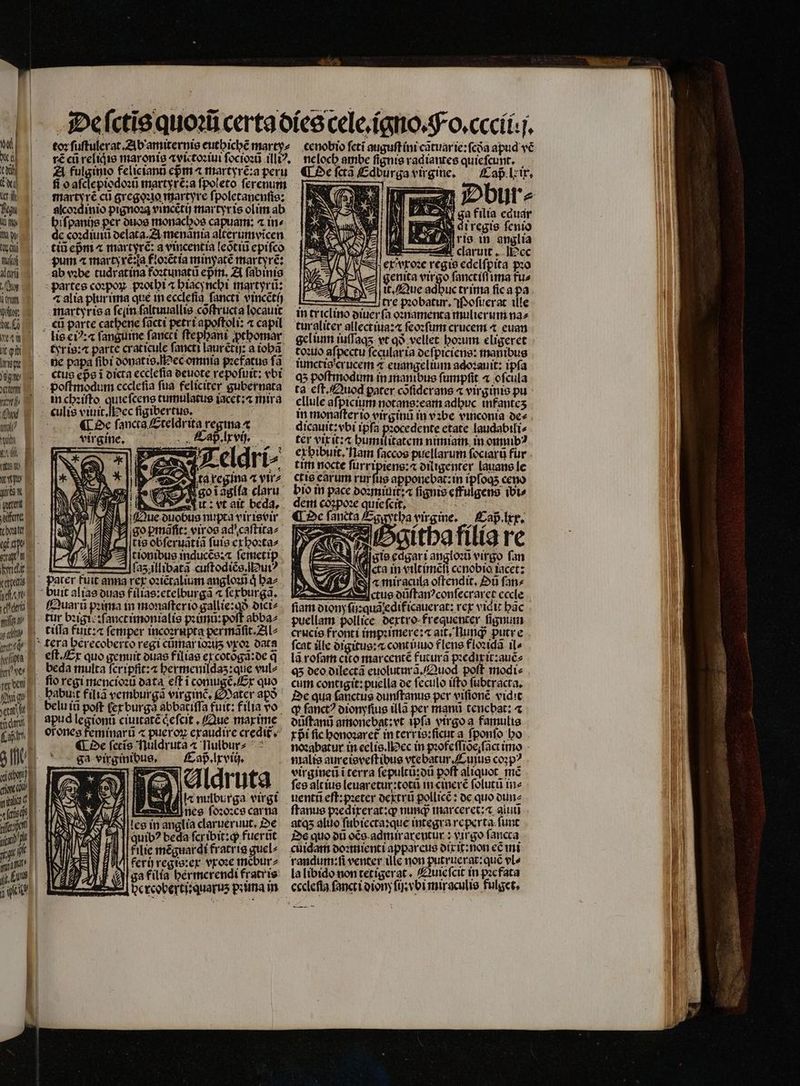 Ur Du d (5 dT ter Tri UU fiy Tt a (Qon LT ad arii Sur Anm i. b. C ) fre chene emp e ccteas el | ether ye it ta A fulginio felicianũ cpm ⁊ martyrẽ:a peru fi o aſclepiodoꝛũ martyré;a ſpoleto ſerenum martyrẽ cũ gregoꝛio martyre ſpoletanenſis: iſpanijs per duos monachos capuam: ⁊ in⸗ € coꝛdiuiũ delata.A menãnia alterumvicen gum « martyrẽ:ſa floꝛẽtia minyatẽ martyrẽ: ab vꝛbe tudrat ina foꝛtunatũ epᷣm. A fabinis partes coꝛpoꝝ pꝛothi ⁊ hiacynchi martyrũ: ⁊ alia plur ima que in ecclefia fancti vincctí) martyris a ſeſin ſaltuuallis cõſtructa locauit €i parte cathene facti petri apoſtoli: ⁊ capil tyris:⁊ parte craticule fancti laurẽ᷑ti a iohã ne papa fibi donatis. Mee omnia prefatus fà in chꝛiſto quieſcens tumulatus iacet:⁊ mira Pec ſigibertus. ö ¶ De ſonctã Eteldrita regina a virgine. Caß . lx vij. — 2 as Pas cdrí- ta regina 4 vir⸗ &amp; goiaglfa claru it: vt ait beda. Ak nulburga virgi nes ſoꝛoꝛes car na les in anglia clarueruut. De quib? beda fcribit: fuerũt ilie méguardi fratris guel⸗ l ferü regis:ex vxoꝛe mcburz Aga filia hermerendi fratris be rcoberti:quaruʒ pꝛima in Wil it Que adbuc trima fica pa tre poobatur, Poſuerat ille in triclino oiucr(a oꝛnamenta mulierum na^ turaliter allectiua:⁊ ſeoꝛſum crucem ⁊ euan toꝛuo aſpectu ſecular ia de ſpiciens: manibus lunccio'erucem ⁊ euangelium adoꝛauit: ipfa q5 poftmodum in manibus fumpfit « ofcula ta eſt. Quod pater cõſiderans ⁊ virginis pu ellule aſpicium notans:eam adbuc infantes in monaſter io virginũ in vꝛbe vinconia de⸗ dicauit:vbi ipfa procedente etate laudabili⸗ ter vixit:⁊ bumilitatem nimiain in omnibꝰ exhibuit. Nam ſaccos puellarum ſociarũ fur tim nocte e diligenter lauans le ctis earum rur ſus apponebat:in ipſoqʒ ceno bio in pace doꝛminit:a ſignis effulgens ibi⸗ dem coꝝpoꝛe quie ſcit. , IE ancta 0 yirgine. aß. lxx. 1 E. SAT Sgitha filia re sis edgari angloꝛũ virgo fan I cca in viltimẽſi cenobio iacet: a miracula oftendit, Oũ ſan⸗ cus dũſtanꝰconſecraret eccle fiar otony ſij:quã edificauerat: rex vidit bac puellam pollice. dextro frequenter ſigmun crucis fronti impꝛimere:⁊ ait. Tung putre ſcat ille digitus:⁊ contiuuo flens floꝛidã il lã roſam cito marcentẽ futurã pꝛedixit:auẽ⸗ qʒ deo dilectã euoluturã. uod. poft modi⸗ cum contigit: puella de feculo ifto ſubtracta. De qua ſanctus dunſtanus per viſionẽ vidit ꝙ ſanctꝰ dionyſius illã per mant tencbat: ⁊ dũſtanũ amone bat: vt ipfa virgoa famulis xpᷣi fic honoꝛaret᷑ in terrie:ficut a ſponſo bo noꝛabatur in eelis.Mec in pꝛofeſſiõe ſãct imo virgineũ i terra ſepultũ:dũ poſt aliquot mé fes alt ius leuaretur:totũ in cinerẽ ſolutũ in⸗ uentũ eſt:pꝛeter dextrũ pollicẽ: de quo dun⸗ ſtanus pꝛedixerat:q; nung marceret: aiuti atqʒ alùo ſubiecta:que integra reperta ſunt De quo oU oẽs admirarentur: vir go fancca cuidam doꝛmienti appar eus dix it:non ec mi randum:ſi venter ille non putruerat:quẽ vl⸗ la libido non tetigerat . Quieſcit in pꝛe fata eccleſia ſancti orony ft vod miraculis fulget,