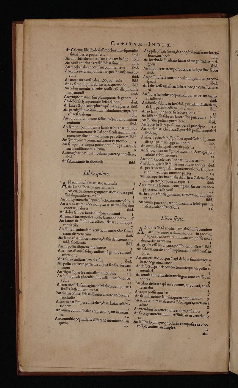 An morbi habeant caufam continentem Aníymptomatum fint plura quàm triagenera An dolor fit fymptomainlzfaadtione víus eft Galenus fenfüumi Áníymptomata omnia nafcantur ex morbo Án ym pathia aliqua poflit beri Íine;priuation autimmiffionerei alicuius ibid. An faícinatioais fit aliqua vis Lihro quinto. r A N vomitus fit euacuatio naturalis An purisgeneratio fit putrefa&amp;tio,an concoctio contrarij calores An doloríem perfiatàfolutione continui midafübftantía Anira poffit aliquem interimere Anriíus nafcaturàfolo gaudio:an àgaudio cum ad- mitatione 9 Anrifus ex titillatu fit vere tifus ibid. An poflitperirein particula aliqua fenfus, feruato ibid. eo motu IO Anfri gus fit perfe caufa alicuius actionis T0: An leth argus &amp; phrenitis fint inflammationes ce- rebri i 23 An neceffe fitlzfa imaginandi vi alicuius fingularis fenfus inftrumentum pati 13 An metus &amp;mo*rftitia nafcanturabatro colore me- lancholiz I4 An caros fiat femper cum febre,&amp;can laedat refpira- tionem ITO Anomnisconuulfio fiatà repletione, aut inanitio- | nec IG | Anconuulíio &amp; paralyfis differant intenfione ,an E | fpecie 17 tentia cibi 7 An famem animalem ventriculi antecedat fames naturalis venarum ibid. x fimas fpecies procefferit ibid. ^ fione,an fpecie Re ibid. An morbihabeant caufamaliquam infine ibid. Anfortitudo facultatis faciat ad magnitudinem ri- Ancaufa continensrecté foleat finiri ibid. goris ORA Ancaufrexternzpoflintfieriperfecauf morbo- ^ ibid. rum ibid. Anpoflint fieri morbi nouinunquam antea con- à An motus fit caufa caloris,&amp; quomodo ibid. fpecti , ibid, An ex famealiquisfebricitety&amp; quomodo ibid. Anfebriseffentia fit infolo calore,an cum ficcitate Anroburmembrialicuius poflit effe illiipfi caufa 18 | agrotandi ibid. Anfebrisfittotius corporiscalor, an etiam mem- 4 brialicuius ibid. fitlata perfubiectam materiam ibid. 19 ibid. ibid. Anfebris hecticapoflitincipere àprincipio .10 Anfebris diaria]he&amp;tica,&amp; putrida poffint copulari ibidem. pud Galeni primos í diesan primam aegreífionem ibid, e Anomnisfebrispeflilens fit putrida 2t culoíus febre ardente 22 Anfebresaccidentes fint naturz diariarum — 25 An perfebrem epialam fentiatur calor &amp; frigus Íe- cundum eaídem omnino partes P! Anintemperies inzqualis dicta fit à Galeno fecun dum partesco rporis inzqualis ibid, Anfüdor fit euacuatio naturalis ?- prietate;analiacaufa 2$ Án euacuationes [ymptomaticz vocata pot Anf aliquafebris quintana, autfextana, aut fepti- fint aliquando vtileseffe | 3 $211 ibid. naícatur ab obflructione 26 Libro fexto. N opus fit ad medicinam abfoluiffe omnium A arüuméyxoxegmdgarannon in prooem. Án per tuendz valetudinisartem poflit mors deuitariin aeternum | I Angenita effe interitura, poffit demonflrari ibid. Ancalor naturalis confumptionis humidi caufa fit 'abidem ; | An conferuatio corporü agi debeat fimilibus qua- litate &amp; gradu,annon 2 Andefe&amp;tus priorisconcoctionis fequenti pofíite- mendari .. | 3 Antenuia alimenta debeantingeri ante craffà, an contrà 4 Àn cibus debeat capiante potum, ancontrà, an al- ternatim $ Anaqua poffit nutrire 6 Anfit coenandum lautiüss, uàm prandendum p Anacida cruditas nafcatur à folofrigore,an etiam à calore D 8. An vtendum fit venere ante cibum,anicibo 9 Anfzces eenerentur in inteflinisan in ventriculo 1o Anlaffitudo phlegmonodesfit com pofita ex Ice. rofa &amp; tenfiuaan fimplex 1i Án