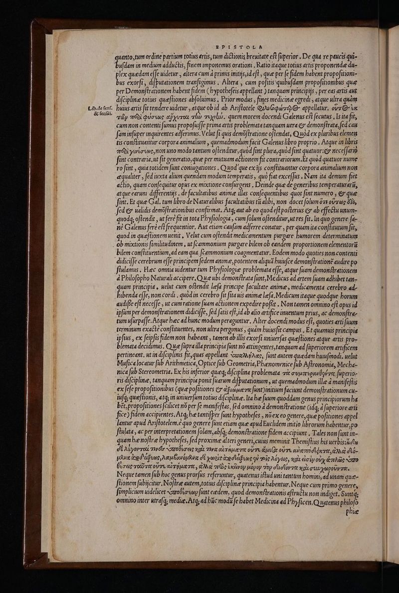Lib.de (enf. &amp; fenfit, RPISTOLA ufdam in medium addu&amp;tis, finem umponemus orationi , Ratio itaque totius artis proponende du- plex quedam effe uidetur , altera cum a primis initijs,id eft , que per fe fidem babent gropofitioni- bus exorfi', dijputationem tranfigimus , Altera , cum pofitis'quibufdam propofitombus que per Demonflrationem babent fidem ( bypotbefeis appellant ) tanquam principiis 5 per eas artis aut difciplinee totius quefliones abfoluimus , Prior modus , fes medicine egredi , atque ultra quàm τῶν πόδὶ φύσεως etpyeroti slo τεχνίωώ, quem morem docendi Galenus efl fecutus , Is ita fit, cummon contenti fumus propofufJe prima artis problemata tanquam uera e demonftrata, fed cau tis conflituantur corpora animalium , quemadmodum facit Galenus libro proprio . Atque in libris πόδὶ γενέσεως, non uno modo tantum oflenditur, quod fint plura, quod fint quatuor:ez neceffario fint contraria, ut fit generatio, quee per mutuam a&amp;tionem fit contrariorum.Et quod quatuor nume ro fint , quia totidem funt coniugationes , Q uod'que ex ijs confütuantur corpora animalium nou equaliter , fed iuxta alium quendam modum temperatis , quo fiat exce[Jus . Nam itá demum fiet actio, quam confequitur opus ex mixtione confuroens , Deinde que de generibus temperaturarit, atque earum differentijs . de facultatibus anime illas confequentibus quot fint numero , &amp;' quee int. Et quee Gal, tum libro de Naturalibus facultatibus tii alibi, non docet folum 1 σἵνεως ὄξι, Jed ez ualidis demoffrationibus confirmat. Atq; aut ab eo quod efl poflerius e ab effectu unum- πὸ Galenus feré eft frequentior, Aut etiam caufam adferre conatur , per quam ita confütutum fit, quod in quaflionem uenit , Velut cum oftendit medicamentum purgare bumorem determinatum bilem conflituentium, ad eam qua. [cammonium coagmentatur. Eodem modo quoties ton contenti didicifJe cerebrum effe principem fedem anmee, potentem aliqua buiufce demonlratione audire po flulamus , Heec omnia uidentur tum Pbyftologie problemata effe, atque [uam demonstrationem à Philofopbo Naturali accipere, Q ue ubi demonflrata funt, Medicus ad artem fuam adbibet tan- quam principia , uelut cum oftendit lefa principe facultate anime , medicamenta cerebro «ἀν | abends efJe, non cordi . quod in cerebro fu fita uis animee lea, Medicum itaque quodque borum audi[fe eff neceffe , ut cum ratione [uam actionem expedire pofsit . Nontamen omnino efl opus id tum ufarpafJe. Atque bec ad bunc modum peraguntur, Alter docendi modus eft, quoties arti fium terminum exacte confütuentes, non ultra pergimus , quàm buiusfit campus , Et quamuis principia ipfius , ex feipfis fidem non babeant , tamen ab illis exorft uniuerfas quefliones atque artis pro- blemata decidimus. Quee füpra lla principia fant no attingentes, tanquam ad faperiorem artificem pertineant, ut in difciplinis fit, quas appellant ᾿απαλλόλας, fünt autem quedam buwfmodi. uelut Muficalocatur fub Arithmetica, Optice fub Geometria, Pbanomenice Jub Aflronomia, Mecha- nica fub Stereometria. Ex bis inferior queeq; difciplina problemata. συμπερανθύτα,. fuperio- vis difciplinee, tanquam principia ponit fuarum difputationum , ut quemadmodum ille à manifefüis . ex fefe propofitionibus (que pofttiones t7 ἀξιώματα funt initium faciunt demonftrationum cu- iwfq, queefltonis, atq; in wmiwerfum totius difciplinee, Ita bee [uum quoddam genus principiorum ba bét;propofitiones fcilicet nà per fe mauifeflas, féd omnino à demonflratione (ida, ἃ fuperiore arti fice) fidem accipientes, Atq; bee tantifber funt bypothefes , nàex eo genere, que pofitiones appel lantur apud Ariflotelem.e quo genere fimt etiam quee apud Euclidem initio librorum babentur, po füilata , ac per interpretationem [olam,abfa; demonftratione fidem accipiunt , Tales non funt in- quam bee noftre hypotbefes, fed proxime alteri generi,cuius meminit Themiflius his ip dt λέγονταί σινόῖν «ασοθέσεις olt τινὰ αὐτήματο οὔτε Gas Qe οὔτε αὐασεύσίφετα, ἀλλο σὶό- μῆνα oed eife λαμβανόμθυᾳ δὲ χωρὶς ed ligue qi voie λόγοις, xoi ἐσὶν οὐχ ἁπλῶς πο θεσεις ταῦτα οὔτε αἰτύματα, ἀλλ ec re ἔκένον μόμον oy σισϊόντα Kg στ χωροῦντα. Neque tamen fub hoc genus pror(us referuntur, quatenus iftud uni tantüm bomini, ad unam qu&amp;- flionem fübijcitur, Noflre autem,totius difciplinee principia babentur.N eque cum primo genere, onmino inter &amp;trafa; medie, Atq, ad bic modi fe babet Medicina ad Pbyficen, Q uatenus philofo phie ————à