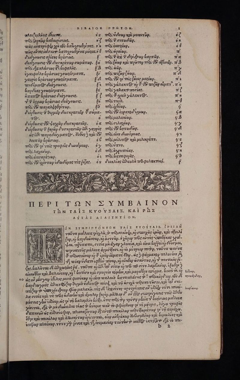 n qi | q, ἐν T » | d | | T i ul | l | M KE ? [| ] | Ι I BINAIONH rTPOQIONM. i σλοιφομβ οι d'en, vs πόδι ὑσίνωρ uox μυκωτῶν, T4 πόδι Groxiop ἰαθαιρεσεως, v( πόδι Κ σιτωσϊῶρ. Y “σῶς oweapeddy 2g cs Laco volor ree. Vu πόδὲ δατοίωψ, | o «ὡς od nc iedaraue ltr roc μόρια, Ü πόδ ὡραίωγ. 7T διαίγνωσις ebisqe ἰάσεως, £ πόδι Τ ἀκ 7 dl deoy kapzry. πὰ σπιαϊγνωσις PW διυσκράτων σωμάτων, £e πόδὶ ζώων xo τορῶτομ πόδι ἢν σήϊω ὧν. vr B πόδι σαπλάσεως Φὶ (εφαλῆς, E£B πόδι ὠῶν, 7 ἐγκεφαϊλσ ἀράσεως γνωρίσματα, £r πόδι τοϊζὼν ζώων. z d yy&amp;spoe ἰράσεως γνωρίσματα, ξσὶ πόδι TW qu τοῖς ζώοις μορίωψ. 7s πονόύμονΘ’ σϊιάγνωσις, ξε πόδι γάλακτθ᾽ ὁ 7 3W ποιίῶν αἵματ', πὶ s ἰιαρσιίας γνωρίσματα, £s πόδι γαλακφσποσίας, UT ἥπατθ᾽ ἰράσεως διάγνωσις, £( mf T quss γάλακτθ΄, 7T 72 4 ὄρχεων ἰράσεως dueyvecie, £u σππόῤδὲ τυρῦ. ποῦ ado; ἣν πσαραλάφθοντων. $^ πόδι ἰχθύων. διόρθωσις ἢ ϑερμὼν σ᾽ υσκρασιὼμ σώμα. πόὸὶ ἣν ὀορακοδέρμωγ, ζα TG, ὃ πόδι μαλακίωμ, 2. διόρήωσις PW ψυχρῶν dlurxpmri p. δα πόδι σελαχίωψ, gy διόρθωσις ? ξυρῶν δυσκρασιῶμ GU γαςρὺς πόδι ἣν lays. g di ὡς ἀϑὲ πυαρασϊέιγματθ. ὄυθυς ἢ κοὰ 7W πόδι οἵνσ dluuzusot. gt λοιπῶν liogoeoy. 66 πόδὶ μέλιτι’ κοὰ μελικράτσ, gs πόδι T qu ταῖς τροφοῖς δωυαίμεων. δὴν πόδι ὕπνο, οζ “πόδὶ λαχωνωψ. δῖ πόδι ἀγρυπνίας, gu “πόὸὶ ἀασαράγων. σε 760i ἰαταφορᾶς. g9 eróoi TW ἐχόντων edd μος τὰς iac. ὃς διοκλέος GA soMi zb QuAq xd. [3 eu - νυ στα CPRN E εν NS ITE vd jj ἢ πρὸ il : EA }} i ud Ru : S € APT 3 4 I ἃ í FN : NA OG SN TTE cioe xli, κ i $ TRA) ry N o Jn ΩΝ “ lide 5 γι ἡ} (s ἢ 4 3 7 A jJ τὴ “δ. m Vite S ἣ ^ TUE (s mui πα Dx ett Ec Nb bafi a sai iv Ὁ ήον gba 1j IPEPITONEYMBAINO:N τῆν ΤΑΙ͂Σ KYOYEZAIZ ΚΑὶ ΠΩΣ À YOTLASI/35A01 ASK IOROY ΟἿ RN 7 4 ΚΥΟΥΣΑΙΣ, ἘΠΕΙΔῊ dN SYMEIRFTÓNTON ΤΑΙ͂Σ ^9 5 DE Y ! '* Ὡς VN ive * , T70U TX καΐϊλιςα ψνοχλε. STU ST TROU] συυεχὼρ epi, You. zi[usAt (psg l.«odumiose, xj GO VEG, δ χείρον “πῶς αὐτὰς κασοθήκας γρώ- , ; A o» [i No $e V », Με, σερίπατοι, σιτία μὴ ἄγαν γλυκεα oU. οἶνοι laggot sa ὄνοσμοι, ο e ! * ^ , πσφυτάττεις μάλιςα &amp;ppo isi.) τὸ perm gotop Trop, OU τ e 70e ^5e«v ΕἸ /5^. cw , E πϑδιοσαίνειν 1) T. sip ἰάματα dy , ὡς 2 φάρμακον πολυγονδ M, ADS (f Ui V 9 QU] ΠΤ ΠΥ ΕΠ jiu onere RE KS πόαν vdlazi equo give, v) αὐκθον ὡσαύτως, ἡ P στον τὶ κῆς ῥί- Que lA iro d ἑδιχωρίως ga . TOU € Y) GA S9. σίτῳ ig 76 πὸ σιτὸ λαμβανεψ. ἐξωύρν 5 οἰγαν δίνω κοὰ βαλαώςιον, 1e) 1 rins o σμυρνίσ κομέω κοὰ μαραΐθρο ασέρμα. lows τι | καταπλάσεις Ἢ 1 πόδικαρδιον. coss δε , καρδιωγμὸς ἕλκοι Ae σιτία κοὰ τὰ me ndlov T *?Y * / , ἐδδιάν «e σοικί- L γίνυτοιι, dat d'azroweo ὡς ἀδδινεςόβον, πλέονας, Ou oi ποικίλων κοί: ἀλλοκυτῶν «c v ) Y v0 wrdjop geóvep rura op quet nga σῇ μήτρᾳ, λόγῳ τροφῆς Σ (εὐζνομ, προκαϊροδιομ, * [4 dwéPxxrse