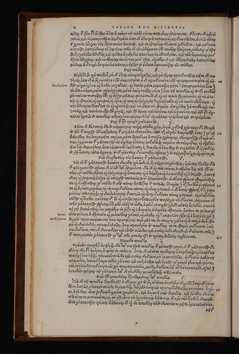 , sea uae Aunt προδρύξογτάο' 4. FAYAOY TOY AITINHTOYX κίλου Y (us &amp; ἐ κοι ἢ ὅτι lento τῷ zd πότῳ πολλαίκις iM rol δύσιι d kg οἱ στόνοι ποὺ οὗ μακροτόβαι ἀρ d npo, ἥτις δὲ ἡθισον ἀταλαιπώρως διαυτᾶόϑοα, lys Ge QUT t χρυςῶς ἰὥεγκ: Tut γαπιναίος lavjode . κοὰ τὸ σ)οιμέωμ σίεστοτε γόνεῦδας said pedis e viv Go erridleiop τῇ egere ms σὲ τὰ οἰσίύμουστο T στοσϊῶν cipere solu g qi ὄξει Bc Gocypdulluu God Gp ox φύλλα ἀρωμθις πλατίως 7 Govrilyras » κρὰ viU Lauda uer ὄξους G2 ete, ou ευσἤκοίαν accro με ὄξος ,ἄγαθον σὲ «oct 7i tad ucoy ἀάλομβύωμ μήλων, δὴ xg lusit καλοῦσιν, ev ee qu ὑσῖατι ἱξωταωυνίζαν cio πόσας, | περ 71705c, γι Αἱρδιῶς ὧν ppt redu. μὴ d δι νόσπμα vo ep κοὰ μὴ ἄγαν aper vá sep μύτε de veto “ἰραγἄφω dU si δὴ νεοτάτῳ v1 W εἰκοσισούτε ἡ σὲ aper usen d πρικιοντάστφντε, sfü- UG μέγα exero v) eros μεγαΐλος. ὁ 9nAüc Uj7&amp; μεμυκύας Lime | ἀπερρεμμδυύας esto j 0 (0 CAR μότε σιὸν ἰφιυρῶς, fre ασερλεσήομ, μέγα ὃ sto τῷ audias P $ 70h83 A orEAG χυρκῆαν ev, i) ἀῤῥῳν μᾶλλομφυλάοσεῶ) δὲ uj τὰ ταν ξυραενοντα, σὰ ἄλυ- κὰν ἀδριμὶα, io σρυφν δ ὸ ὀξέα, prt ἰχυρῶς ϑερμαίνονίε, νὴ τὰ τοαύυ dii Gra νὴ σὰς ἁδλσίμος ὄυωδιίας 7x 19 apr Vade τὰ ἄλλα S dPipce απεχεόδω 7171 6n vol A&amp;- γνειῶμ,κοὰ πσονέτω d “χειρῶν, gi TW ὦμωρ. X02 &amp;Aerz t, ou. VQUWET Gol GA ἐγ- καλης xov Ce Ὁ areud Moy πτδριαγύτω, φέρει σὲ vai. ἀγκάλαις πρίμέωᾳ κοὰ “ιτράμίωκ, Περὶ 7- Φὶ προφῦ yodAeez Gr. » γάλα δὲ βέλτιςου ὅδ, Ὁ σύμμετηοου σταχά, πλήθει, edax. ὀσμῇ, ydf ὑσά χύσιμου δὲ 5 κοὰ P à 7 ὄνυχθ’ GA sa (away μεγάλυ σϊακτύλσο,νσσο ἢ αὐγάὼ SuepsuSW. ozwp 5 qv τῷ ἑιάμσήεν Top ὄνυχα μύτε ταχέως, ud βρασΐξως ἀτοῤῥέν, λεύσιμον, σϊοκιμοίζυ δὲ κοὰ ov - 00, ἐγχέονσα à y Acier G7 ἐς ἀγγξίον ὑέλινον, ἐμβαίλλάν eruta 7o συμμέβου, τὸ d]afai- Abou oie σϊατύλοις͵ ἔσα att T o ἕως δ παγῇ, ϑεωρᾶμ el ἔλα ῆον d ved lt 4 σῤῥώδιος, d» yp Gisepy γάλα Gyeusoy.P dU qvowzioy d 'vazezijay.abisou ἢ d» σύμμέβα ἔχον ἀμφότερα, πῶς σϊιορθωτίου τὰς ἰακίας 3 ya Air Gr, d. | Τὰς σὲ 7 γάλακεθ᾽ Laco duopÜsy γρὰ God. et A, τύχοι “ταχύτόδου 5 &amp;urtie δελευ δῷ Ἴ φλεγματίΘ',αξιςοι σὲ οἱ ἀδϑὲ G9 ὀξυμέλισι, δέ δὲ χὰ τοῖς στόνοις λεσηυῦαι Gic πὸ TW σι- lp i τοῦθᾳ σϊζπο νὰ ὀρίγανον τὴ ὕοσώστον 1g n Svp epe ὁ ὃ exei dug γα ὃ 9VuG- , ἐπιστῇ σεις, ἡ ῥαφανὶς ὀλίγο vg ROI σπταλαιὸν uer. fuus Ar Gr, e σίεπο yore δριμυτόδόμ σε ὦ Maforépoy. qi τοιῦύα 7 uw πόνων ἀσφαίαν 7 πολλῶμ, Suy ἢ T ἀτθίω ῥοφύμασι 7&amp;9 loea Xotgeitoy.tà σίραεσν did loves VW. ovo γλυκυὼ. εἰ δὲ ἄσσον yyeu2.77 [fs jog μάτωμ r6eoeody, vo σ᾽ αψμιλέςερον d'unvrii se] οἷν oy διδόναι πίνειν γλυκωὶ, τὸ αὐαβίβειν SuUG vj loro, ταύταις δὲ ὃν v σικῆα προσθαλλομθύα τσχρᾶσχοι τὸ δέονσα, φάρμακα σὲ πῶς yo Meer (Bo Ayer, δὰ μὴν cou rt vide, μίὼ στυεχῶς πο cule lA Vw. ou xd γα Βιακώτοδον esi μαράθρο qs ῥίζα τὸ ὃ ἀιχρπὸς, ἡψυμθύᾳ σἤιοσούν, rias re φύλλα oV οἴνῳ μέλανι s σηιοσ cun à μελανιον γλυκὺ, τὸ αὔθομ. ἃ Τ᾿ «αφυλίνο ῥίζα νὸ ὃ ξαρπὸς.γοὰ ἢ ϑερμῶϊ προσεωνήσαντας ὅτω προσφέρειμιτσρῖν μὴν τοι “Ὁ στονυρὸμ γάλα τὸ εἰ σταγὺ eig &amp; dos pu τὸ σ᾽υσῶσισῖν, vro oe hA Enix τω προςι νας e astu Loy. πότε deu under ὡσί- Ζῳ dd ova, τὰς σὲ dlyatod lae ox otvG εὐώσιας κοὰ σιτίου fidly σἸιορθουῖ d'ulouzo 63; τυτυρωμθύσ yz Aa O qi Gd πόδὶ μαςῶμ 5] Ὁ τον βιθλίον λεχθήσωτοα, Kopadli axoud'is, ΤΣ πρώτέω τηοοφίὡ ἀσφέρᾳν dl Go νεωγῆυξι xod i 7 μελιτίθ', μετὰ σὲ Y γάλακτι» δὲ dvo στὶς QV ἁμέρας, ἢ πγρξις 7o πλέιςομ ovy δὲ αὐτότε πρόθυμομ à λαμξαϑν Ὁ ἐλσίδιας eed vere d du, τίωικαῦπα üdlg κοὰ σισίου dud oye μὰ ἐμπιπλᾶζων, ἃ d'ézrov λαδένχα σλυρωθέιυ, σανωδέςερα εὐθὺς γίνωτοιι sco νωβρότόνα, κοὰ d'y γήγασρὶ γῦεςι κοὰ φύσαε, «00V o6 ὑσϊχτωδέςξερα, οἷς Jgh σεκμαερομβμίω. undty διισϊόναι ld. αὐ Gero exci) | πτερὰ Τὴν yiousty dJoowügua ey Gd. ππακσϊίῳ. s. Ox δὲ τῷ aycu dli row v7] Ὁ σϊξρμα. Aon o ἦδ αὐτίκα quu dcvsa)j ore dt vorow (jou los clio ree dl SepearáUdu. oio μὴν λοπροῖς προσεμ eJaks xy μυρσίνης, ἡ gi- νσ ἡ Pod loy, ἄτα ῥοδιίνῳ t οινίνῳ γρωμθύέω,, κοὰ leno συὼ ψιμιδίῳ, xoi ῥύσει dlezrau Pie virpoote μαλακώτερον. οὐ 92b οἷσαι τὰ ἰχυρώτερα. ἐάλλιτον δὲ vg ali lerüla σιιαιτᾷ- 834 yi Ta προύπῳ, ἐξζλλέτου δὲ ve do τακεσίίον edito σιιαυτῆσαι UT ἐμπιπλαύτας, ) ἃ pv το 20 30 4o 50