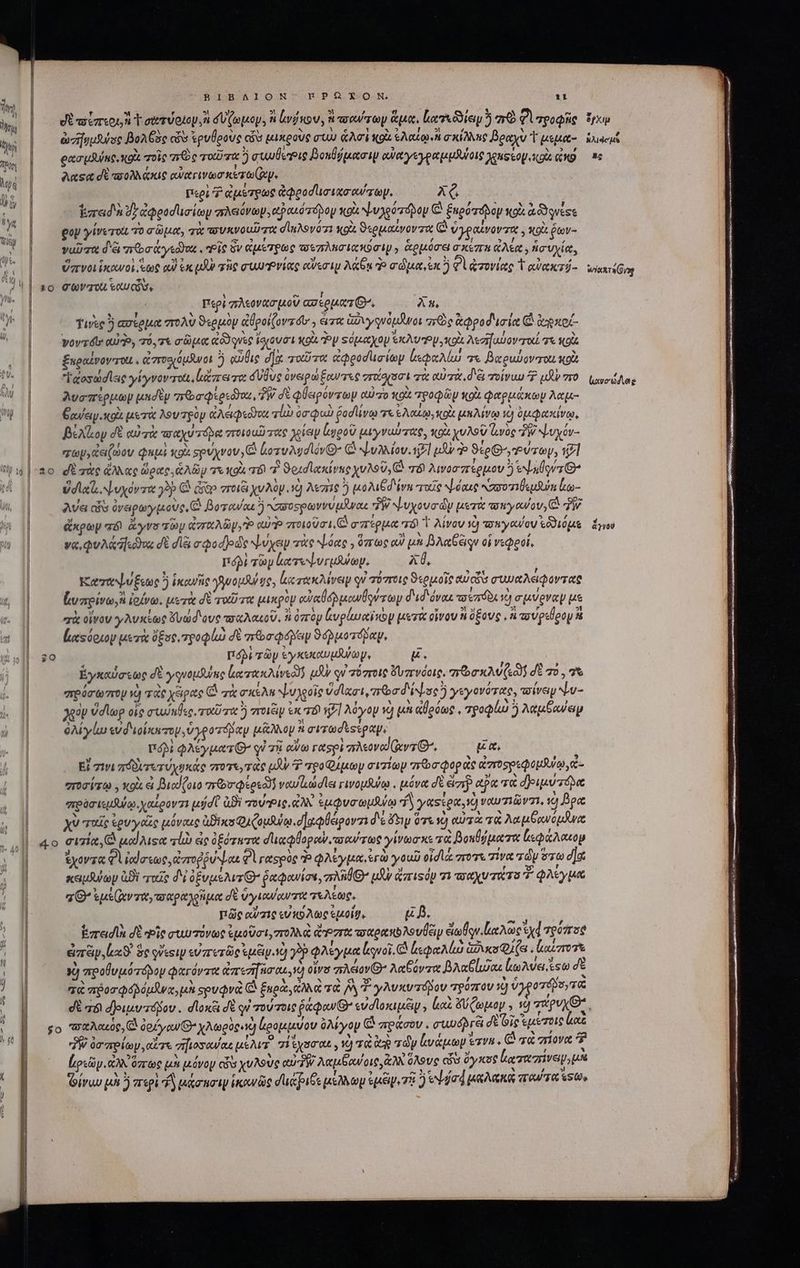 dU τοΐπεοι, κ T σιυτύοιου, ἢ δύζωμομ, i ἰνύκον, &amp; xou rey ἅμα, lolo ὃ m Φὶ τροφῆς rx ὴ : | ὠσἤημθύος Bonae (δὺ Ἐρυύρους có μικροὺς quU) ἁλσὶ κρὰ ἐλαίῳ ἢ σκίλλης βραχὺ t μεμα- inus T ἢ τυ μϑύκο, κοι δὴ πῶς asidos) συωθερις Douljuatoiy aWaysypeet uu pois Jenseop.xox. ἄρ » » λαςα σὲ euoM «xig αὐατινωσ'κετωζθμ. : : ul MEME ooo iioenemur s Aes n kzrad'u Jr aQeaducity σλεαονωρμ. etpauoópoy «os. Nujgerópoy e ξηροτόδοψ κρὰ &amp; Orest 9 Qoy γίνετοι τὸ σῶμα; qu πσυκνουῦ τις σκλονότι «gi ϑερμαίνοντα (ᾧ ὑγραίνοντα y ox ῥων- ' - ^ ' Sr 3r ΄ ! 5...) c ͵ LM val ὅδ ει πῶσαγεσ)ας, PIC ὃν ἀμέτρως τοσπλησιχκοσιμγ ἁρμόσει σκεστα AQ ; ἡσυχία, : | e d 3? 1  , 3 ' * REY. 5 » ^ ÜzrVoL ἱκανοὶ ἕως αὐ ἐκ μὴν τῆς συωῬνίας ceri An ᾧ σώμα, ἐκὸ Φὶ ἀτονίας Y awexzj- oir Gig 1o GV TO eU CO. » περὶ πλεονασμοῦ ασέρματῷ. PA e Tuse ὃ ασίρμα πολὺ ϑερμὸν ἀθροίζοντοι᾽ , cvm ἁδιγρνόμϑνοι ao ἀφροδισία C ἀῃποί- ^ | ψᾳγηδῖν αὐ, τό,τε σῶμα eoo ques Vo ava xol Py Ξόμαχον erp κοὰ λεσήαύον τοί τι κοὰ ξαραίνονποιι. eros Guo ἢ αὖθις d] τοῦτα eeodueiey ἰεφαλίω πε βαρυώοντοι xoi ᾿ς 'Iaosudlac γίγνοντοιι, κἄπειτα d Udug ὀναρώξαντες στίσσσι τὰ αὐτὰ d à τοίνυυ μὴν τὸ used Aug V | λυσπέρμωμ μηδὲν 26a Qod'oz δὴν σὲ φθειρόντων αὐτὸ κοὰ τροφῶν κοὰ φαρμάκων λαμ- WW Ὁ βανανικοὰ μετὰ λουτρὸν ἀλειφεόϑος T2 ὀσιφωὼὺ fad va τε ἐλαίῳ, κοὰ μκλίνῳ v) ὑμφακίνῳ, βέλίζον δὲ αὐτὰ πταχύτόδᾳ ποισαῦτας yap ἰψροῦ μιγναύτας, κοὰ χυλοῦ loe TW ψυχόν- | — χωρ,ἄειζώον quus κοὰ Ξρύχνου C LozuAgdlóvQ- C ψυλλίου. ἐδ] μὰν» ϑέργῬύτωψ, 171 5) |-20 δὲ τὰς ἄλλας ὥρας. GAB τε κοὰ T0 7 ϑοισϊχκίνκς χυλοῦ, (ὦ T8) λινοσπέρμου 5 ψαῦον’ vdlet. ψυχόντα γὸ € dio voa χυλὸν. ὦ Asziie 5 μολιβ δίνη ταῖς ψόχις κασοτιθεμθύπ ω- τς wa cis ὀναρωγμοὺς, C βοταναε 5 αὐυσορωννυμᾶῆνας PW NLuyova dy μετὰ ποιγανουγ ἃ Δ» | ἄκρων πόϊ ἄγνο τῶν zr ABT eU ποιοῦσι, C σπέρμα πόϊ T λίνον τὴ τοκγαύον ἐδϑιόμε fw να, φυλάη dt dlà σφοφοῶς ψύχεψ τὰς ψόας , ὅπως αὐ μὰ BAG Giov οἱ νεφροί, ποβὶ τῶν (ατεψυγμλων. X0, Καταψύξεως 5 ἱκανῆς γηνομλύψς, κατακλίνειψ qu τόπτοις ϑερμοῖς αὐτῶν συμαλειφοντας ζυπρίνω,Ν ἰοίνω. μετὰ δὲ ταῦτα μικρὸν αὐκθόρμωνθρντων διδόναι τοίπόδι ὁ σμύρναν με Γ΄ χὰ οἶνον γλυκέως δυώδιυς πσαλαιοῦ. ἢ ὀπτὸν ἀνρίωαϊκον μετὰ oiu ἢ ὄξους, ἢ πούρεθρον ἢ luxsóoxoy μετὰ ὄξος, τροφι δὲ mo ép ϑόῤμοτόβαν, go Ii τῶν eyxexoutJura ye u. | Ἐγκαύσεως δὲ γηνομδύης κατακλίινεῶῦ μὲν ον τόπτοις ὄυπνόοις, qiboxAv(«9 δὲ το, τὰ “πρόσωπομ v) τὰς χξιρας C τὰ nsn ψυχροῖς vd lut πο σδέψος ἢ γεγονότας, τοίνεψ ψυ- | qoot ὑσίωρ οἷς cunc. τοῦτα ὃ ποιξν ἐκ τό 7] λόγον νὰ μὴ ἀθρόως, 7poQlu ἢ λαμξαύαν ὀλίγίω εὐδιοίκετομ, ὑγροτάδαμ μᾶλλον A σιτωσὲςέραμ, M φλέγματθ’ qi 7 eV OD respi aval (ixvz G^. A Εἴ zii πόδυτετύχκάς ποτε, τὰς tAv 7 τροφήμωμ σιτίων no Qop ac ἀστοσρεφομθύῳ,οἰ- “ποσίτῳ., xoi e βιαίζοιο πεοσφέρεῶῥ ναυϊιώσϊει γινομένῳ . μόνα dt eimi epa τὰ σδοιμντόδα πρὸσιεμθψῳ, χαίροντι jd t ἀϑὶ τούρις, ἀλλ ἐμφυσωμβύῳ Ἵν γαείρα. ὁ ναυτιῶντι, τὸ Beo: XU ταῖς ἐρυγαῖς μόναις Bis Qi Cousin οχφθέροντι δ hy ὅτε 10 αὐτὰ τὰ Aa uoo poe 4o σιπίᾳ, C μαϊλιςα clo ἐς ὀξότατα due lopow avoue γίνωσκε τὰ βοκθόματα [εφάλακον ἔχοντα Φὶ ἰαίσεως, ἐστοῤῥώψιαι Φὶ γασρὸς P φλέγμα, ἐγὼ γουῦ οἰσιά ποτε τίνα τῶν rte d] κειμβων Bi ταῖς d'i ovus wr Q^ ῥαφανίσε, a μὴν ἀπιςόν τι παχυτάτο ἢ φλέγμα a G^ sus ev mit, ταραλοῖμα δὲ ὕγιοαντις τελέως, | πῶς 219 εὐλλως eoi. u p. | Ezradln dt “οἷς συὼτόνως ἐμοῦσι, πολλὰ ἀῬστα ap eti λουθειν Sfr Lx τρόπος f | eap, xS. ὃς esi εὐπετῶς sue. 2p φλέγμα luo. C ἐεφαλίω ἀδικοφλζαι aoro | y) προθυμότόρον φαγόντα ἀπεσλσαι, νὰ ois πλέον’ λαβόντα βλαβίωϑαι le kso δὲ | cà πῥοσφόρόμθνα, μὴ «ρυφνὰ C ξκρὰ, ἀλλὰ τὰ MV γλυκυτόβον TPO7IQU 10) ὑγροτόδοντ « | δὲ a&amp; δριμυτόβδου. dlox&amp; δὲ qi σούτοις ῥάφαν G εὐσϊοκιμᾶψ, (αὶ ὄύζωμον , τὸ guy. ! B go “Φαλαιός, Εἰ ὀρέγανιΘ’χλωρὸς. ἡ ἔρομμυου ὀλίγον (ὃ πράσον.. συυυόβτέι δε Gig sertis Lo JR ὀσπρίων, αἶτε τήιοσαναι μίλιτ᾽ i sacan τὸ τὰ eg τῶν lusto ervn Q τὰ πίονα Loy. ἀλλ όπως μὴ μόνον cis χυλοὺς αὐτὴν λαμδανοις, ἀλλ ὅλους cis ὄγκους ἀαταπίνωμ,μα iras μὴ ὃ περὶ ἢ μάσησιψ ἱκανῶς σιιάβιβεμέλλωμ ἐμὲ, τῇ 2 end en aeu Ta ἐδῶ,
