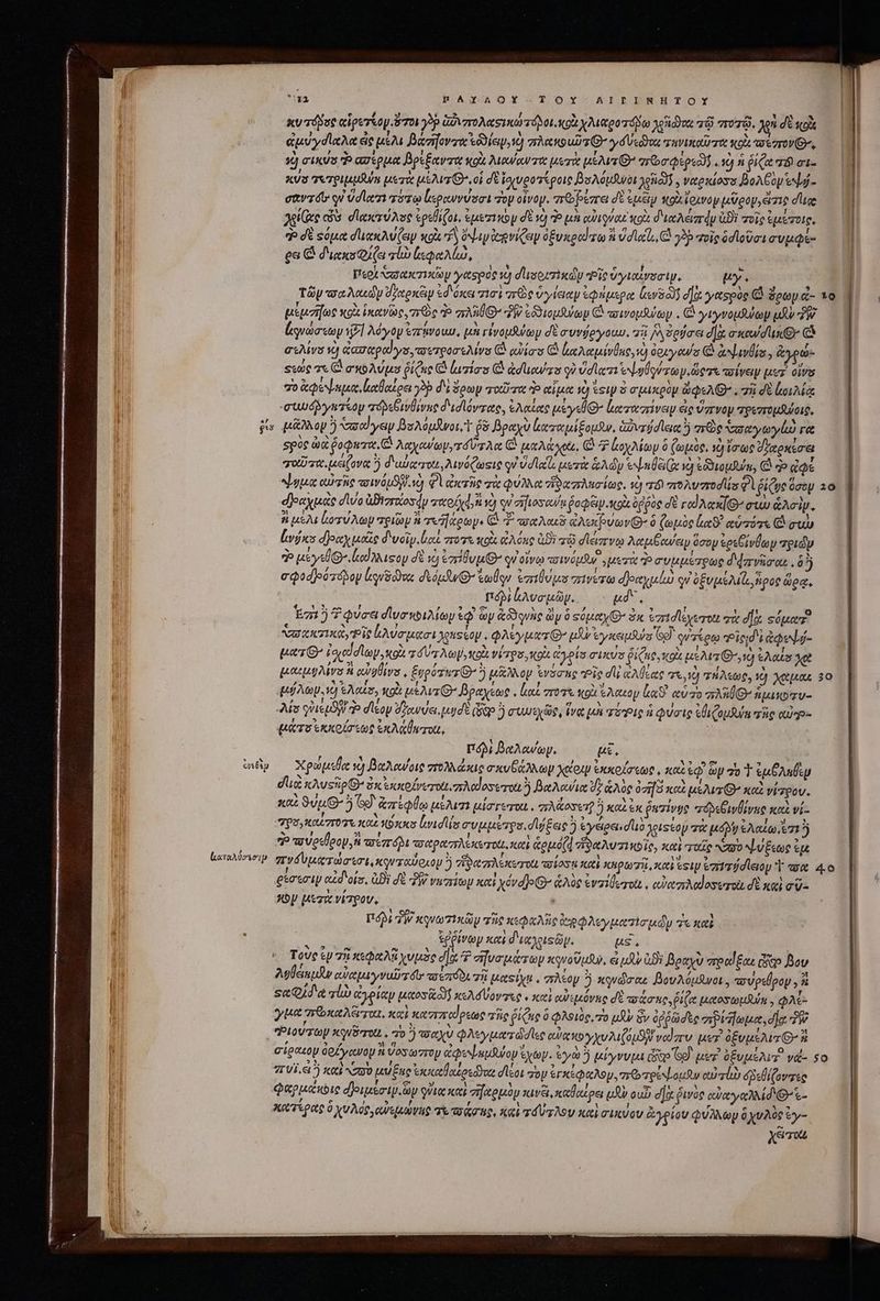 a? i23 LI L3 QÉsU s doseip a PAZXZAOY-TOY-AIIINHTOY | κυτόδος αἱρετίομ. ὅΤοι γὰρ ἁδυπολασικώτόλοι, κοὰ χλιαροπόδω 1osidou τῷ ποτῷ, P δὲ κοὰ ἀμύγσϊαλα ἐς μέλι Baoifovza &amp;ódiey, 1) zr ui y sato TAVIT τος NU wi, 1) σικύσ Ὃ ασέρμα βρέξαντα κοὰ Mowowte μετὰ uera aro depsodj ad ἡ ῥίζα πὸ σι- κύσ σετριμμθύε μετὰ μέλι, οἱ δὲ ἰσινροτέροις βολόύμθυσι JgnioJ , ναρκίοσσ BoAGop εψῴ- σαντο: qi Ule τότῳ ἱεραννύσσι Toy οἶνον. πρέπει di epey ToU. fou tgo, eizie due — JelGxe ὧν σιακτύλος ἐρεβθίζοι, ἐμεσικον d sd do μὴ αὐεψναι xo. διαλειστάν (δὲ τοῖς ἐμέτοις, Ῥ σὲ Ξόμα διακλύζεν «gar ὄψιν ἀτενίζων ὀξυκραύτῳ ἡ uda, C yp τοῖς ὁσϊοῦσισυμφί- — 1 ga C d'ici (a τὼ lon, ' | Περὶ σακτικὼμ γάσρος τὸ drsorzisdy “Οἷς ὑγιαίνοσιψ, Uy. | τῶν τσαλαεὼν one ἐδόκει τισὶ re ὑγίειαν ἐφήμερᾳ lv o1 d]. γασρὸς C ὅρων ἐ- τὸ | μέμσῆως κοὰ ἱκανῶς, τεὸς o AUG ΤΕ ἐδδιομθων C owopsuley . C »pryvaufulap (PW ἐονώσεωμ vl λόγον ἐπάνοιω, μὴ γἰγομθύων δὲ συνήργοαυ. σῇ δὰ ὀρόσει dit σκανσίμιν ὦ σελίνο νὴ ζαπαρωγο, τετροσελίνο C αὐίσσ (ΒΔ ἰαλαμίνθας,νὸ ὀριγανο C ἀψινθία, ἀγρώ- Ξεῶς σε C σκολύμυ ῥίξες C ἀιγίσο (Αἰ ἀσϊιανσο q? Ud lr eal yr p ὥςτε ποίγειν per. otras vo ἀφεψαμα, καθαίρει γὸρ δὲ Sow τοῦτα Ὁ αἷμα ὦ ἔςιψ ὁ σμικρὸν ὥφελθ᾽, πῇ σὲ (οιλίᾳ -συωόῥγπτίον πόβεβινθένες δισϊόντας, ἐλαίας μέγεθ’ καταπίνειν εἰς ὕπνομ τρεπτομβύοιρ, μᾶλλον 5 aod yep βολόμᾶνοι, Ἱ 68 βραχὺ ἰωταμίξομεν. ἁδυτφοσϊεια ὃ σῶς ὑπσαγωγίω ra spos aa ῥοφαπα Βα Accor vA ὦ tA yet, C T ἀοχλίωμ ὃ ζωμὺς, V) ἴσως ὑϑαρκέσει ταῦτα, μείζονα διώκποι, λινόζωςις qu Ud cle μετὰ ἁλῶν Sue 1d εδϑιομθύα, Ο Ὁ ἀφε Jute οὐτῆς aw ug.) Φὶ ὠκτῆς τὰ φύλλα δαπλασίως. d τόν moved φὶ ῥίζῳς ὁσὲν 20 σδοαχμὰς dvo üBizrzosdy zwei v) οὐ vifo ei ῥοφεινοκοὰ ὀῤῥος δὲ γαλακί σιὼ ἁλσὶψ. ἢ μέλι Lor Moy τριῶν ἃ eT] oto. (ΑΔ παλαιῷ ἀλοίρύων. ὃ ζωμὸς La αὐτότε C oup ἔνύκο δραχμαῖς dvoly. [αἱ vro κοὰ ἐλόκς ἀδὲ τῷ σϊάπνῳ λαμβάνειν oap ἐρεβίνθων πριῶν d Bey lo] soy dt wj vmiluu GO qu οἴνῳ τοινόμθν, μετὰ συμμέτρως δάπνῆσαε, δὴ σφοσ)ούτόδον ἰγνδῶνα dedtdu uolo ἐπιθύμο πινέτω δοαχμέω q/ ὀξυμέλίά ἄρος ὥρᾳ, ποδὶ ἀλυσμῶν.. μά“, Ez Ὁ φύσα σϊυσκοιλίων ἐφ᾽ ὧν &amp;Sqvic dp ὃ spe ὁκ ὑπισϊεχεοίι πὴ d]y. edge? AD UCAXG, Toit ἀλύσμασι yeso $ φλέγματθ’ X yeu So] qu7teto Pied i ἀφοψ- ματι’ Loved doy olt τόύτλωμ, κοὰ virgas κοὰ ἀγρία σικύσ i Che, κοὰ usu G^) ἐλαίσ χροὶ pgs n αὐφθίνα, £upózuz ὃ p oy Ἐγόσπο oie dui ἀλθίας 7X,10 πήλεωρ, ὁ Xeon 30 μύλωρ. ὦ Ἐλαίσ, κοὰ μέλιτ΄ βραχέως, Lio ποτε κοὰ ἔλαιον bx S. αὖ 270 πλλθ ἡμικότυ- As qisidy de disop eve μυσὲ (ip ὃ uoi, ἵνα μὴ τότρις ἡ φύσις ἐβιζομθύα τὴς αὐηρ- ψμάτοεκκοίστως ἐκλάθωτιι, | πόδ᾽ βαλανων, μὲ, Χρωμεθα ὦ βαλανοις πολλάκις nx e Ap χάριν ἐκκοίσεωρ, καὶ ἐφ᾿ ap “Ὁ T ἐμθλπθερ duc κλυςῆρ( ὁκἐκκρίνετοι. πλαϊοσοτοὺ ὃ Beet y ἁλὸς ὀσῇδ καὶ μέλι’ καὶ νίτρου. καὶ ϑύμ ἢ 59 ἀπέφθῳ μέλιτι μίστωτοι. aos ἢ xad εκ ῥατίνυς “πτόδεδινθίνας καὶ νί- προ, ίστοτε καὶ κόκκο Lnd ls συμμύτρο. σι ἕξεις 5 ἐγέιρει.στιὸ yorscop τὰ ula ἐλαίω 6717) Ἢ πυρεύρον, ἢ arco t τοαραπλίκωτοι, καὶ ὡρμόζ ἥϑδαλυσικοῖο, καὶ ταῖς ngo νυξεως ἐμ πνόὺματώσεσι, κονταύοκον ἢ “ἴδ πλέκοτοι alos καὶ κηρωτῇ, καὶ stp ἐπτϑσίειον t wa. 4.9 ῥεσεσιψ αἰδιίσ, (Di δὲ YU νκππίωμ καὶ xévd]G- ἁλὸς &amp;vzilerot , αὐασλα!οσωχοὼ σὲ καὶ σῇ- bU μετὰ νίτρου, ' FóM v κονωτικῶμ τῆς κεφαλῆς δερφλεγματισμῶν ἐς καὶ ἐῤῥίνωμ καὶ διχχοιςῶμ. ps. : Τοὺς ἐν 73 κεφαλῇ χυμὸς οἿὰ Ὁ aua ier oy κονοῦμην, ei uiv ἀϑὲ βραχὺ πραίξαι Go βον Agli ud cte uyvulr dr τοΐπόδι τῇ μαςίχῃ, πλέον ἢ κονώσαε BovAGusuot., πουρεῦροψ, ?à seQIda qub ἀγρίαν IOS Uo) κελόύονταρ « καὶ αὐεμόνης σὲ τοάσηπς, ῥί(ᾳ μαοσωμδύ , φλί- “Ῥιούτωψ κρυδαοίι. πὸ δσαχν φλεγματώσίες αὐχκογχυλι(όμϑη ναϊπὸ uer ὀξυμελιπ δι s σίρακομ ὀρέγανομ &amp; ὕοσωστον ἀφοψαμθύου XO. ἐγὼ ἢ μίγνυμι cao Gd μετ᾽ ὀξυμέλια vd- so E Vi. αὖ καὶ σοῦ uM Eno ἐκκαθαέρεάναι σϊίοι zoy ἐγκέφαλομ, ποτρέψομον orb δβεθίζοντες φαρμάκοις σ)οιμέσιμιὧν quiae καὶ σχομὸν save καθαίρει μῦν ou σὰ Quo αὐαγαλλίδιΘ' e κατέρας ὃ χυλός, αὐεμώνας Ti πάσης, καὶ τάελον καὶ σικύου ἀγρίου QUAM δχυλὸς ἐγ- Xeoou