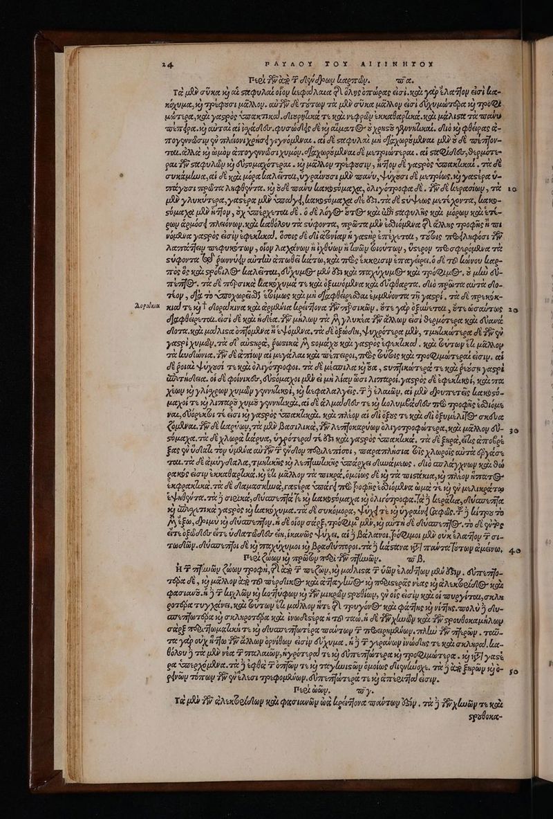 Aopahiux BPAYAOY ΣΟΥ AITIINHTONXM o Tot? 7 dlid]ea Laezrdy. ad. TQ μδὸ σῦκα ye) αἱ reu Ant οἷον ζεφαίλαεα φὶ GA ge ὑπώρας eimi κοὰ γα ἐλαῆϊορ εἰσὶ loca κόχυμα, ὦ pueri MOV» οὐδὸν δὲ τότων τὰ pU) σῦκα μᾶλλον ἀσὶ dU viua ἢ pil. μώτερα,κοὶ yetspag σακτικα), . d'Aspg lacet τε ou. νεφρῶν ἐκκαθαρζοκά κοὰ κάλισις τὰ Te τουπάρα νὸ αὐταὶ αἱ iyd fo. φυσώσϊ 4ς dé vc) αἵματίθ’ ὃ ens γλυνκζικαΐ, elu voy φθάρας &amp;- πογφυνῶσιψ οὐ πλειονιχρήσᾳ γιγνομῆναι. αἱ δὲ σχφυλαὲ μὴ σἠαχωρόμαναε uM ὃ dt πσετῆον- σοι. CO 6 so) ὠμὸν ἀπογρφννώσιχυμόμ. οἰχχωρόμᾶναι δὲ μετγοιώτεραι. αἱ said, cquo ρα 39 sttQuAdy v) δυσομαχότεροιι. τὺ μᾶλλον πρεφσσιν. foy dt γατρὸς σσακίσιας, τὰ σὲ συκάμίωα, αἱ d yos μόρα loe emot, ὑγραίνσσι uU πσανυ,ψύχασι σὲ μετρίως, ὁ γαςέρα ὑ- χάγοσι πρῶτα λαφθοντα. v) δοξ τσαύυ ἐκκοσύμαχα, ὀλιγότροφα δὲ, TW δὲ lsoataitoy , τὰ QA γλυκύτερα, γαςέρᾳ μὴν aod yd, ακοούμαχα σῖε ὅτι. τὰ δὲ s beoe μετέχοντα, ἰωνο- σὐμαχοὸ μὴν ná[oy , Sy σπερχυτοι δὲ, ὃ δὲ λόγιΘ’ Sr G κοὰ GBi σχφυλῆς qol μόρωμ xo sai gy ὡρμόσᾳ πλειόνωψ. κοὰ καθόλου τὰ suave, πρῶτα μδὰ εϑϑιόμανα QV One πρροφῆς fi vo vatur: γασρὸς εἰσὶν ἐφεκίωκα!, ὅσοις δὲ di νίαν fi γατὴρ &amp;zreyerot , τόζις περφλκφόσι TR. Aczrcajeu τσεφυκύτωμ , οἷον λαχάνων ἡ ἐχθψωμ &amp; ἀινῶν Giov ry , Vsseoy πτοσφερομῶνα qot suqovzu Gd Gmvvedy αὐτίὼ ἀπωθᾷ κάτω, κοὰ mre coni ezratyeigat.à dt ri ἰκώνου ἔμαρ- πὸς ὃς κρὰ seobuA G^ ἀαλῷται, AU ue μὲ ὄξι κρὰ ry uu κοὰ 900), ὁ ula d- arsi]. τὰ σὲ vrépaunee lecuo uut τε ot ὀξαυόμϑνα sou. σύφθαοτα, diuo πρῶτα αὐτὰ σῖο- γίον . d]à το Noire oec] εφίμως κοὰ μὴ οἠχφθέριδδαι ἐμμθύοντα τῇ y&amp;spi . τὰ dt πρεκῦκ- κια! τς ὁ Τσϊοραίκινα κοὰ ἀρμϑϑια ἰιρένῆονα δὲν σῇ)σικῶμ, ὅτε yotp οξωύοτοι, ὅτε ὡσαύτως σἠαφθειρωτοὰ. εἰσὶ δὲ κοὰ idle. PE union πὰ y γλυκέα TW ἄλλωγ εἰσὶ ϑερμότερα κοὰ δύανά d'ou. gi uod soc ὀσηομῆνα i ἀψόμανα, τὰ σὲ opui ψυχρότερα ur, τιμηιώτερα δὲ PR qu yesei χυμῶν τὰ dU ausuee, Posi δὰ Ξομάχο κοὰ yerspoc &amp;eclaced . gg Grey t μᾶλλον σὰ lud laviee δὲν δὲ ἀπίων αἱ ya Aot κοὰ τούπειροι, re GU Le κοὰ προφιμώτεραέ ἐσιν, αἱ δὲ δοιαὶ ψύχοσί πε κοὰ ὀλιγόσροφοι. τὰ dt μίασιλα X) δα , Ξυσηικώτερᾷ τε κοὰ «sot yespl Govrnd sc. οἱ δὲ qolvixdtr, δὐεύμαχοι μὲν εἰ μοὶ λίαν ot 2uzrttpok. yorspóc dt éqracnblo qois vrax Aa τὸ γλίδιρωμ χυμῶν yqueult, τὸ ξεφαλαλγξς. 7 Ὁ ἐλαιῶν, αἱ μὲν djovzrerai letbsi- μαχοί τε 10) λισπταρδ χυμῦ γρννηίαχοὶ, αἱ δὲ Aue elder τς ἡ lo vibe dtr χρξὺ προφῆς ἐδϑιόμε ψακ,δύρεκίοι τί εἰσι V) γασρὸς casta oic, κοὰ πλέον αἱ ell ὄξος τε κοὰ di CEvus2u[ G7 σκόνα ida, TW δὲ ἀαρύων, τὰ uf βασιλικαὶ, SW λυσηοκαρύων Ὀλιγοτροφώτερα, κοὰ μᾶλλον σὺ- σύμαχα, τὰ σὲ χλωρὰ louer, ὑγρότερα τί 85i uod γασρὸς sca atia, τὰ σὲ προ, ἐϊὰς ἀσπτοθρὲ ξχὸ ὕσϊχί, τὸν ὑμλύᾳ αὐ TW^F Salou πόδιλεπίσοι, ποαραπλησίᾳ Gic χλωροὶς αὐτὰ ya “οαιυτὰ σὲ ἀμύγσϊαλα, unto 27 Aszifuutacic ὑσάρχει σϊαυάμεως, do ασλάγχνων vou. ϑώ ρακῦς eigiy ἐκκαθαρζικα, v) Ἐς μᾶλλον τὰ ποικρά, ὅμοίως σὲ ὦ πὰ τοι στέκια,νὼ σλίον irr (S ἐκφρακίσκ. τὰ dt σϊαμασκίω αὶ τατέρα Nard Ty podio ἐϑιόμῆνα ὠμὲ ἐς ὁ qu μελικράτῳ tali zat. τὰ ὃ σιοικα, σὐασετῆχ ε ὁ ακοσύμαχα vo ὀλιρύπγοσφᾳ a) ἐεραζιᾳ, σ΄ζασεσῆα J UAI γασρὸς 10 ξακούχυμα.τὰ σὲ συκόμορα; ψύχᾳπὲ 19 ὑγραϊνφ Gepás. 3 bias τὸ Iso. δριμὺ τὸ σα ὐασεσῆον.ἡ σὲ οἷον σάρξ, paie pv, ὁ αὐτὴ σὲ σἰύασεσῆθ. τὸ σὲ οὐὴὸς ἔτε οξώσιοι rre od leer ltr ἔπ, ἱκανῶς ψύχει ei 5 βάλανοι, βόφαμοι uU οὐκ λα-ον σι- τωσϊῶψ. σἰδασεσῆροι δὲ ὁ σταχύχυμοι γὺ Βρασϊύποροι. τὰ ὃ ἐζσανα ἐξ] παύπίίστων ἀμάνω, I'«oz ζώωμ v) πρῶζυ πόδι TW zia. aj D. HU afar ζώων τροφὴ Φὶ Meg Ὁ τοιζῶν, νὸ μυλιοα 7 δῶν ἐλωϑήων uf fy. σὐποπῆο- πόδα σὲ, 10) μᾶλλον o τόν cepe iic κοὰ ἀαγ li^ v) πόδιςερῶο νέας id GA«x Gold xol φασιαυδ ἢ 2 Ly My v) ἰοἼύφων v) TW μικρῶν spsliaw, qi οἷς εἰσὶν x3 οἱ aveylrott σκλν ροτόδᾳ rwy xetvet, oa Guru el ud oy ἥτε QA pov yov κοὰ iue ἡ viiisgasoAv ἢ σῖυ- az ráo v) σκλκροτόβᾳ sott ἱνωσεςίρᾳ ἡ er ταώ ἡ δὲ TW xli xoi δ spouÜoxe nA oy cet πόδι ωμαΐοσι Τε ἡ dlucareziforrsoa τοαύτων 7 σρορημΆψωγ, πλίω δὴν σηερῶν. τοιῶ- ks yap ουχ Hift “άλλων og (loy εἰσ' ἐν δύχυμα fü ὃ Y γερανων ivadse τε xo σκλκραί, ζα- θόλου 3 τὸ UU eat Φσταλαιῶψ, ἡγρόύτερα! τε 1d δύὐπευηώτερα νὴ προξιμώτερα. 14 ti] yas ga σαερχόμλνα. τὰ ἢ eda: 7 ὑῶν τε 19 τωγίωιςῶν ὁμοίως οιρνίωοχι. Tu jg Bp c) de glvo τόπων TW φ)ελεσι τρεφομένων, δύπεσώτερά τε ὁ ἀπιοιήα! ἀσιψ. T'coz ὠῶν, τὸ}. τὰ iJ ἣν GA Oel Ap κρὰ φασιανῶμ dq ἐράπονα as irs ig , rà 3 ἡῥχάωυῶν τε κοὰ | σρσθοκα- m [*] 29 30 49