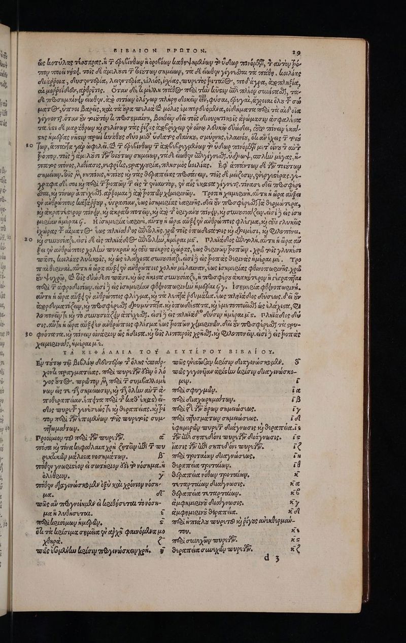  ΒΙΒΛΙΟΝ, ΠΡΩΥΟ Ν, 99 hus ὥς κοτύλας oS tette. * δδεβίνθων Ἀ ὀροβίων Lat donusoy Ὁ ὕσίωρ πανόμϑῖ᾽ 3- αὐτου bé» M “που 7rti&amp; vjsd. τοῖς δὲ ἀμιλῦσι T Οιότωυ σημέωμ, τὰ δὲ ἄωθῳν yeyvedoa πὰ στάθῳ, liane d Ὶ ᾽ς dl “ λ 7 A , Ad Y eo 23 o Li 5 / d du&amp;ggoie , voerépia, equ Tóplet si «0, ioplace superos pueri, 7100 ἄγρα, ἀγπληξία, y μοῤῥοϊσίσιν, αὐθρῖτις, Ὅταν σῖε ls μελλη vro πόδὶ τέω lUi ὡδὶ σλεοῦ CUUfst oli, au» [ » $ , Lee d ! “οἷ ͵ * Sel ἘΣ ἮΝ dt πῶσκμκένν eeu ἀ σιτίων ὀλίγων πληρ d'loxéiy et^, QUT 0, ὀδυγαε, ἄχροιαι ὅλο σώ t | - [7] ΩΝ Ἃ tx 1 Pu ? V 5 I hs 1 ἃ par G^, ὕπνοι βαῤές, xou τὰ spa πσελιὰ (ἃ μόλις ἐμπτορσυόμᾶνα,οἰσϊάματα πόδὶ πὰ αἰδοῖα is γίγνοντῷ ὅταν ὃν “οιδ y ἀ, aro guo, Bonléy σίξ τοῖς σϊιουρατικοῖς ἀρώμασιψ ἀσφαλέσε «iH πα ἴοι δὲ uetoxÜpty sc) σελίνων τὰς ῥίζας ἀγρξρίχειν qu οἴνῳ λδυκῷ συώσῖει, Qo πίνειν cod Suc ἡμόρας νῆσιψ πρωὶ ἰυάθος duo μιϑ' veo σϊαύκυ, σμύρνης, ἐλαινίσ, δι αὖ ἔχεις P nois 0 Ἴων, aro [ac ye? ὠφελᾷ, C 7 (ewoy 7 ac eG oeyuSuay d? ὕσίωρ zrvopSy uer otra Σ oui y | ῥόπον. τοῖς ?) «A71 TW Gri rey σημείων, τασε ἐϊωθῳν ἀφιγίγνεαν, ὕδοωψ, «σλίω μἰγας, fo | zimope στόνος, λιθίωσις,νεφρῖ ἐς, ραγγσοία,πλησμὸς loue. Eq? ἁσπτάντωμ dt Τῇ ποιόπτωμ b 1| σαμέωψ.ἷοῖς j ναππίοις, ἐπτίος τὸ πὰς ϑόδαπείας πιῶ σάτειμ, πόῖς δὲ μειζοσιν, e pyeetptec. ye ^ | gxQa d σοι Κὶ σπόδὶ 7 οπῶν Hd εἰς Ἃ qVIQU' TO, QW αἷς ExpL stt γίγνετ πίνασε cla σσῶσφερα MI QUO, VA τίνων Grey. tp Eoo ἢ ἀρ ῥοπὼυ χἀμερινῶν. τροπὴ χειμεοινὰ, oru ἡ ὥρα αὔξει iai οὐ αὐδρώστοις ἰωξα ῥῥον , ὑγρασίων eue ἰσαμεοίας ἐαοινῆς. di Gv aor QxpscT [a ϑερμώτε ρα, AE xj ἀκρατέςερομ πίνψν. ὦ ἀκραο ποτά, ὁ ἀῷ τ ὑρέγανα σπίνάν,»ἡ σιμσσιαίζεν εἰσὶ ὃ εἰς ἰσὴ | μερίαν ἅμεραι σ΄. Ἡ ἰσαμερία ἐαράνη, OUT ἡ ὥρα αὖ Ed qv αὐθρώπτοις φλέγμα, ὁ GS γλυκξις 4 ἢ ἐχώρας 4 auc τως zrAuiod d'oe GzXG Auc. χρῶ ποῖς ὀπτωσεσιζτοις ἡ δ)ριμέσι, 19 Φμλοστῦνει, ^| x0 xj συυσσίαζε, ἐσὶ δὲ εἰς πλκιασῖ’ ἁδιολίω ἡμέραι us, πλκίώσιος Guo Mi UTR f ὥρα αὔ | £e qv αὐθρώστοις oA lus πουκροαὺ 14 εδὸ τοϊκρὸς ἰχώρ xe, eux S«otvay pozriay . yed γοῖρ γλυκέσε ἢ πσῆσις ἰοιλίας λυζικοῖς, τὸ ὡς ἐλαϊχισὰ συωσσιαζε. εἰσὶ ὃ εἰς ῥοπαὶς 9«ouvae ἡμέρας με, ToO σταξθεριναὶ, corru ἡ ὥρα Ed qv αὐθρώποις χολὴν μελαιναν τως ἐσημερίας φθινογτωοινῆς. χρῷ ὅν ψυχοῦ, C ie δθωώσεσι Tyri.) ὡς ἥκισα CU O1 Qs qr dos QC 49 700p Ἦ γέγρασίαε πόδὶ Ὁ ἀφροσῖισίων. εἰσὶ ὃ eic ἰσαμεοίων φϑφνοπωοινίι susto Gy. ᾿σρμεοία φθάνοπωοινή, | 9 cd 57 $19 ! ! Xp Uwe ' a sd f “αι | ern ἡ ὥρα Ud q αὐθρώπτοις φλίγμα, νὼ τὰ λεσήα ῥδυμάζια toc πλυϊάσῖος σϊύσεως. δ ξ ὃν ἀγρδυματίζειν, νὼ πεοσφέρεον! duis rale. ἡ 07r Gd lest zt, v) ἐμετόττοιει ὡς A yuste, DA λοπονέμι νὸ τὸ συωσσιάζᾷν ἀπέχεον. εἰσὶ 5 εἰς guid dei ἡμέραεμῶς. πιλπϊάσῖος diu μ ἢ} σις b [n ἡ ὥρα xD Ed v αὐθρώποις φλέγμα ἕως pozriv yduseudv. dli ὃν arb Qoa] τὰ spy wh|| $6 φνότατὰα, y) σήνειν owe exo ὥς ad usu. d (a λιγταροῖς yencd] ag QuAS rov ἔν. εἰσὶ ἢ ei pore μ᾿ χειμεριναθρ, ἁμέραε με. | Ead Eun. Ἄνα αὐ δι Ἂς EXT ROELOSY B ΒΑ OX, κ΄ ἢ} Eu τότῳ τῷ βιθλίῳ σιδυτόμῳ ὅλης υσαΐρ, aoc οὐες(αν lodo σΠιαγινώσκομ, S &amp; ἢ yov πραγματείας. πόδὶ oup PW fS ὃ λό ποὼς γεγονῆαν agis lu loai οσἱιαγινώσκο- γος $a G^, τορώτομ ^ πόδὶ 7 συμβαλλομε μῳ. i Voy eic τε ἢ σαμάωσιψ, νὼ ὅλίω y ἀ’ σπόδὶ σφυγμῶν. ic “τοθεραπειων zr dre “πόδὶ “ἢ hx κατ ἀ-. nó σϊιαχωραμαίτωμ. iD : σῖος auge? γινέσεώςε νὸ ϑεραπειας. x] fà πόδι Φὶ PW apu σκμειώσεως, Py 2 | σου πϑδὶ δϑεπομθυίων Pie τουρωρῖς συμ’ πόδὶ zrjvm uero σκμαιώσεως, idi w ll σήωμαϊτων. ἐφημερῶν aavpe σϊιάγνωσις ij ϑεραπεια. ἴα Τπροοιμίομ “τό πόδὶ 7W aoo? W. € δ᾽ λσυπεσιόνι πουροδν διάγνωσις. — is “πόσα vy τίνα ἰκφαϊλαια χρὴ Qr ἀϑὲ ἢ αν ἴασις TW OBI σκπεδόνι oues. ΧΆ - H gudoxdy μάλιςα νοσαμάτωψ. B^ πόδ τροιταίωμ σϊιαγνώσεως, £u A || στόθον yvaoiscop εἰ σωτήριον 49v? νόσημα. ϑεραπάα πριτοΐωμ. τῇ | 1| ἜΝ y Sean νόθων πρριτοιίωμ, x D | , , : .3e* x , , .l - j eroe σ᾽ χγινώσκὁ μὴν o EU xoa χρόνιον vorne πεταρτοώωμ διιαὐγνωσις. x :. || μα. σ᾽ ϑόῤαπεια τεταρτοίωμν. x al “σῶς αὖ σε γνοίεμδν εἰ ἰρχβύσωτοιι τονόση- ἀμφαμεοινδ σἸιαἰγνωσις, Xy 1 | px n AvÜnosrot. d ἀμφυμερινδ ϑέραπεια. em x A “τόδὶ ἀρισίμωμν ip dv. : s πόδι πιχλὺ τούροτόὶ Y) Qryse αὐεκθερμαύ-- Il Ul. τὰ ἀρίσιμᾳ συμέια qu αὐχᾷ Quo uuo τον. : xs | χθκρὰ, C πϑὸδὶσωχῶν πυροῦ, xs ! nos 2