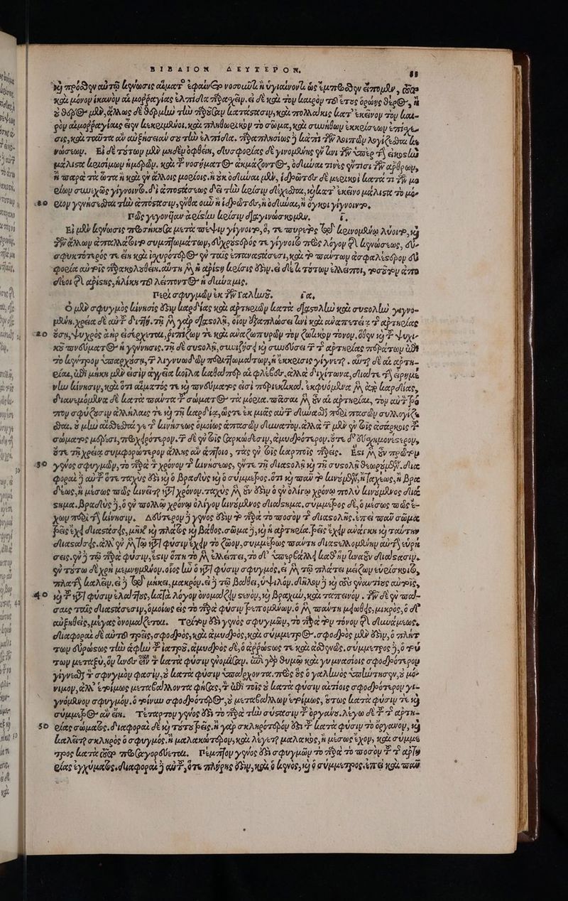 «80 5o 8B1BAIONMXM AEXYTEPON, IT y mede αὐτῷ ἄρνωσις αἵμαπ' ἐφαίνερ νοσοῦν ὑγιαίνονι ὡς tuno ἄπομῆν , κοὶὰ μόνου ἑκωνὸμ οἷ μοῤῥαγίας ἑλπίσῖα φασιν. τ σὲ κοὰ του ἰιαιρὸν r8 ἔτος δρώψς ϑέρ., ἃ à 94M μὴν, ἄλλως δὲ iulio vds ἥδίαν lcracsto noi στολλαίκις lue ἐκῶνομ τον la φὸν aueoffoyloue eio enouuduiat, xls σλιιθωρικὸν τὸ σῶμα, κοὰ στωνήδων ἐκκοίσεων rios σις XQ TOC vtt οὖν cuj Ena eio) σὺ τί Sri A, ἥϑαπλησίως ὃ hri P λοιπῶν Asyl Ceo s γώσεων, Eidtzorty pA? μεσὲμ oque, σἹυσφορίας δὲ ywousume qv Qui δῷ Vote TA ἐκοοίωΣ μάλισι ἔκοισίμων ἡμόρώμ, 9.9 von dto O- ἀκμάζοντι», od luto zi quzici TW αῤύρων, $i παρὰ τὰ (79€ À ποὰ Y ἄλλοις μορίοις. ἢ δκὑσϊαύαι Jy, ἑα)ρῶτου: δὲ μερικοὶ ζατά σι δῇ ua οίων συνεχῶς γίγνοινῷ, δὲ ἀποφάσεως d'à zl lolo deco, ὁ εκ τ' &amp;X€IVO A AM SC 70 μόν οἷον γηνήσεϑοά lib ἀπτόσχσιψ,γυθα ou ἃ id jod rd i ὑσϊαύαι, A ὄγκοι ylyvowre, πῶς yeyovqow x eistu leo δα γινώσκομθυ, í, Ei Ji foie meo tics x μετὰ wivv γίγνοι»,δ, τε vovpeioe (God. ζρινομβύῳ Avo, τὰ δῇ ἄλλων daret Gv συμσηωμάτωμ, δυχρόφόβός τε γίγνοιζο zie λόγον QV ἀφνώσεως, dU» σφυκτότιρύς τε €t κοὰ iuge ré οὐ ταῖς ἐστκυχσίσεσι, olt T9 πσαύσων ἀσφαλίςόβου δὺ φοοίᾳ αὐ Ῥῖς voee Nslem. corn I ἢ αῤίτυ (ιοίσις ὄρ, εἰ σῖς ὦ, τό των ἑλλώσι, γοσδοὸμ ἄστο περι σφυγμῶν ἐκ W ταλίωδξ, TA ὁ jJ? σφυγμὸς lavueic Fw Leod lee κοὰ αὐταρχῶμ ἱιατὰ d|asoAlu wo συτολίω γέγνό- pus. χρεία σὲ ou? dva τῇ vy γοῦ οἤχεολᾷ, oioy Vega e li κοὰ eU cz eT x P αρτκοίας P7, ψυχρὸς à.nip iateyero rz (toy τὰ «oi ewe tor vedi oy ξωζικὸν πόνου, dU 07 Ny xS ωνδύματί Θ΄ ἡ γρύνησις, τῇ δὲ ausoMi σιιυιζύσᾳ v) σωυδύσει Ὁ τ αὐτηρίας πόρῴτωυ apt “Ὁ lispoy σααρχόσῃ, λιγννωδιὼν πόδι πωμαίσωμ, ἡ ἐκκοῖσις γίγνετ. . oir σὲ αἱ αὗτη- οἴχε, GDi μήκη pXU εἰσὶν ἀγγέκ lola ἐαθαϊσόρ αἱ A Ctr ἀλλὰ διχίτωνα͵ duod. fy aprus νίω ldvncup, ox ὅτι αἵματός τε τὸ vov 6 Vpoerog ἐσὲ ré pyendaxod. ἐκφυόμϑνα IN ἀν ἱαρσίϊας, διανιμόμαναᾳ δὲ ἰκτὰ youre σώματ᾽’ τὰ μύρια, ποᾶσας [v GV αἱ ατκρίαε, σον αὐ pa roy σφύξζαοσιψ ἀλλήλαις τε νὴ 78 καρδίᾳ, ὥςτε ἐκ μιᾶς αὐ doit δ) πόδὶ στασὧν συλλογίζᾳ dox. 3 luo αἰδδεῶτά γε T. ἰμνάσεως ὁμοίως rta diy duro. ἀλκὶ P. JJ qv Gig extento T σώμα: μόβδεσι, Tr by dooreoop. T dE qv Gic (ἀρκώσεσιψ, uev d]eoTepop. ὅτε d δϊ a upeaves gap ὅτε τῇ χρειᾳ συμφορώτερον ἄλλες ocv &amp;zifoto , τὰς y) Gic καρποῖς ἥδεις. — Est δὰ ὃν vro deu γύνος σφυγμῶν, zo ἥδε Σ χρόνον τ᾽ ἰανήσεως, qure πῇ duasoMi x) τῇ ausos ϑεωρόμϑη. duce φοραὶ ἣ αὐ Ὁ τε ταχὺς E47 ij ὃ βρασῖὺς ὁ ὃ σύμμεξος.ὅτι Kj A0) f. lavi, i [ety ee, Boe δέως ἢ μέσως arde lavi tl xoovoy. ταχὺς / Gv Ky ὃ qv ὀλίγῳ χρόνῳ πολὺ ἰμνόμᾶνος dide sua. Bpadtuc 0 qv τοολλῷ χρόνῳ ὀλίγον luvsuwoe d'ued suu σύμμέβος dU, ὃ μέσως vo ὡς - xov πόδ Τὸ livuci. Δούτερον ὃ yes d* o ἴδια 7o -σοσὸν 7 σϊιαςολῆς. ἐπ εἰ τταῦ σῶμὰ fact duasttade, ust νὸ Ae 1) βάθος. σῶμα 5,10 ἃ ar wed eic ydp αὐζγκα τὸ ταύταν eiasedadc.doN qv δὰ Τῷ $7 φύσιν ἐχήν τὸ (oV, visse wow rw d'uso opsu/my αὐτῇ «up σεις. οὐ 78 ἥδ QUri estu ὅπη 70 A ϑλλέπει, 70 dU τασερθαλλά liac ἣν ἀναδν die semi. οὐ τότω d xofi μεμνυμδομ. οἷος luo ὃ ἡ] φύσιν a'Quyisoc 6 jr πλάτει μέζων εὑρίσκοιζ, gre dA ἰκαλξι, εἰ ὃ Td μάκει, μακρόψ.εἰ ὃ τῷ βαϑθει, ψιλόν. disp 5 ὁ BS φὐαντίσς αὐτοῖς, Ὁ 7l φύσιν eAdd fs, locos λόγον üvouod (du serop, vo βραχαὺ, Kot ταπεινόν. PW δὲ qu cd- gaze τοῖς σἹιασιίσεσιψ, ὁμοίως εἰς τὸ ἥν φύσιν PezropSuay, f arowti μφωθάς, μικρὸς, σὺ αὐξαθεὶς, μέγας üvousd Qeon. Tofu δὅδι γονὸς σφυγμῶν, τὸ ἥδ Toy πόνου QA σϊωυάμεως, οἹιαφοραὶ σὲ cum πγοξις,σφοαβοὸς,κοὺ ἀμνσ)ρὸς,κοὰ σύμμετροί, σφοσ)οὺς μὴν Kyo πλὰξ oy σύρώςως τἰὼ ilu T ias. ἀμυσ)οὸς σὲ, ὃ cé parse τε κοὰ ἀδδονῶς, σύμμετρος 7,0 τύ roy μεταξὺ, du (rtr Εἶν Σ ἀα τὰ φύσιν γὐομάζαν. Gao γὸῤ ϑυμῷ κοὰ γυμνασίοις σφυοαβρότερου γίγνεαν! 3 σφνγμὸμ φασὶν, ὃ leti φύσιψ ὑσαίοχον τας τὼς ὃς δ γαλίωὸς “αἰώτησον, ὁ uo» γιμον, ἀλλ ἕγίμως uet bod Mov ree pi Gee Bi τοῖς ὁ leere φύσιμ αὐτίοις σφοσ)ρότερου yt yvouswoy a Qvyuoy. 6 “ίναυ eod] óTé C ὃ μεταβαίλλων voip, ὅτως ἑκα τὰ φύσιν 7e ij σύμμερ: αὖ ein. τέταρτοι γγύίος ὄδι τὸ τ αὶ τίὼ σύσασιν T ὀργαύσιλέγω dé 7 ePTH- efte σώματος, διαφοραὶ δὲ v) rr pie. tp σκλπρύτόρον GT (ατὰ φύσιν τούργανομ, ij ζαλξιτῇ σκληρὸς ὃ σφυγμός, ἢ μαλακώτοβομ, ot λέγετῇ μαλακὸς, ἢ μέσως t χον» κοὰ σύμμ qoos luere ds ποί(ἀγορδύντοι, πέμσήου γυνος d σφυγμῶμ 70 δὰ 70 070p τ΄ d ejl» glas ἐγχύμαζς, duaQogaa ἡ edi? ὅτε aM gue wig ὃ ἐκανὸρ d à a Vie pog eb gi so πο πα Umi t IG cm Im MER sas UM rata στ To EID mccum —