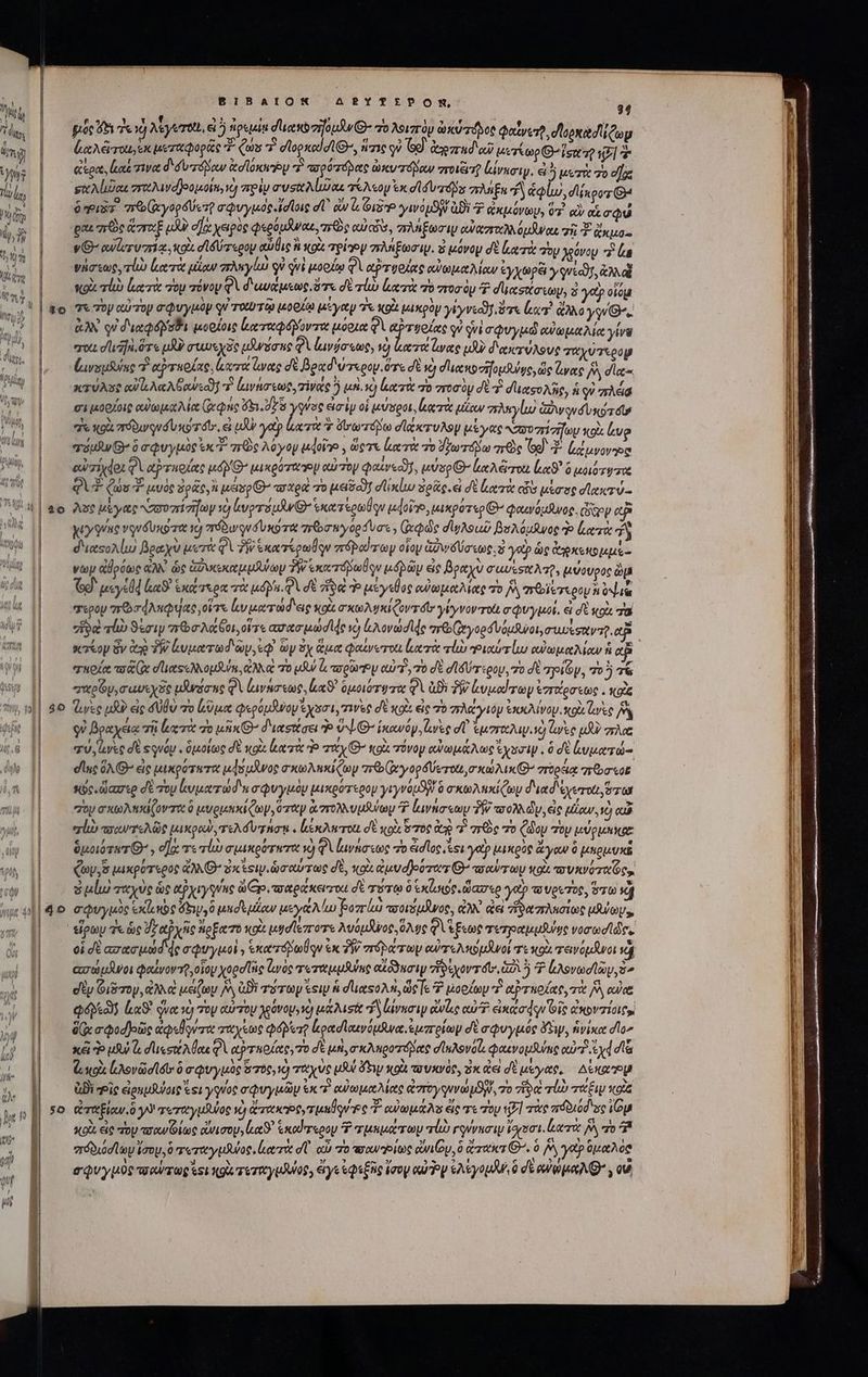 $34 | BIBAIOK ARPYTEPOR (M T We, | μέρ λοι λίγυσαι, εἰ ipudeduoduO. πὸ λουτὸν ἀκύ πος φαίνετῇ, δυρκα δίζων imi | ἀαλῶτοιι, ex μεταφορᾶς ^ Quis Y. eLopxod d UG, ἅτις οὐ Ge). ἀγοπαδιαῦ μετίω pls Um diga ἐαέ τινα d δυ τόβαν ἀσίόκιβῃ πὶ bd ὁ πόδας ὠκυτόβραν roii] (ίνκσιψ. &amp; 5 μετὰ 70 df jj, | sula ertdardjeoutin, cy πρὶν συσαλίισαι τέλεον ἐκ dM veris πλήξε f S ἀφίω, dipor δ.  M pisa. ποω(ᾳγορδύετρ σφυγμός dd lie dT οὖν ἴω ὍιΣ γινόμϑι δὲ Ζ ἀκμόνωμ, T. αὖ o σφώ Ι “ v δ p ι N , j N DATA r » / ; [o 5 | | dy gat gre core μὲν elo: χειρὸς φερομᾶνακ, πρὸς curis, sri ET I αὐχοτχλλόμαναι 7l? ἄκμο.- j |.-— v cwlervzria, «o σϊδύτερου αὖθις ἢ ox τρί ον πληξωσιρ. καὶ μόνομ dt acri τὸν χόνου La ᾿ ο΄ ψήσεως, rl) loeo μίαν πληγίω οὐ qui μορίῳ φὶ erue αὐωμαλίων ἐγχωρξι yii d li κοὰ lab ἰατὰ “τὸ τόνον QV διανάμεως, ὅτε σὲ lo lucere τὸ ποσὸν ἢ σιιχσίσιωμ, 3 *yotp οἷόμ ll | to τε τὸν αὐτὸν σφυγμὸν qi τοῦ τῷ μορίῳ μέγαν ἐκ κρὰ μικρὸν γύγνεοῦ, ὅτε (κα τὶ ἄλλο yo G-.. |.— ἀλὴ qe dunqdpsBa μορίοις loeroepéovawe μόρια QY PEN q si σφυγμῶ αὐωμαλίᾳ yiv | mu σι 7, ὅτε uA a wo esc μλνύσας Φὶ ἀινύσεως, νὸ lea lae iU δακτύλους παχύτερον πον, dasusius Τὶ αὐταοίας, xa luas δὲ βραδύτερον ὅτε δὲ v) d'oro zifotsuige, ὥς ἕνας A dc | γκσύλος od li Ac AGowsco] Y. ἰμνάσεωρ, τῖνάς ὃ μή. 2 Locri τὸ ποσὸν σὲ Ὁ σιιαςολὴ METER | — σεμορίοις αὐωμαλία Genio 8.78 γρύος ἐσὶν οἵ μύσροι, aede μίαν πληγίω δινονδυκύτοιν | | 5}. πρὰ πόδινονόδῦ κοτόϊν, εἰ μὴν yet Le * ὄνωτόβω σϊάκτυλομ μέγας Naso zriziTa κοὰ Lug vuuRw G- ὃ σφυγμὸς vc πὼς A0 yop μφοῖγ»., ὥςτε (κα τὰ τὸ ϑξωτόμω πὼς G9 δ: ἰρέμνονηρς ψι E ὔ ͵ 5! ! '  P euwziyder φὶ atpyznokees wd! G^ μικρόταγου our To φαινεοῦ, μύσρ Θ’ Lx Arrou l9 ὃ μοιότητα 278 | — QV Quu ar μυὸς soc, uetspO παρὰ τὸ 9829] σϊίκίω ὁρᾶς, ἐ δὲ κατὰ cis μίσος σϊακτύ- T4 | ao Axe μέγας συπίσηων τὸ levors po G ἑκατέρωθον idolo uaxporeo G^ φαινόμθνος. diaep «P M yty qune νονδυκότα τὸ πτόδινονσυκότα (born opua , (φῶς σιγλοωῦ βολύμανος do ἐξα τὰ 3 d'uesoAlui βραχὺ μυτὰ φὶ δὲῥεκατέρωθον zrépod rey oioy ἀῤινδύσεως. κα γοῦ ὡς ἀρκοιομμὲ- ἐνῶ ἀβρόως ἀλλ ὡς ἁώυακαμμάψων PW ἑκατόβδωθῳν μόβῶν εἰς βραχν σωύεσχλτῇ, μὐουρος ὼμ ^| — Gd μεγίθφαϑ' ἑκάτερα τὰ uda. QA σὲ voe Ὁ μέγεθος αὐωμαλίας τὸ jv qiero n ora M || σερον πῶσάληφιας, οἷτε luv ματωδεις κοὰ σκωλυκίζοντοιν yioyvov erus σφυγμοί. εἰ δὲ soi τὰ 5 || πὲ τίὼ ϑίσιν πϑσλαθοι, ἴτε aram d c d ἀλονώσϊφς περοχγορσνόμϑνοι, cues T ap scr op ὅν op TW ἀυματω δῶν, ἐφ᾿ ὧν Sy ἅμα φαίνεται luere τίὼω »»ιαύτίω αὐωμαλίαν f «B | σκρία a d ots NN opm, ἀλλα τὸ pf! Lay pafoy αὐτῷ, τὸ σὲ σ᾽δύπτερου, 7o σὲ yo Gy, ro ὃ τς “ταρῶρν,σαυεχᾶς ulwaawe φὶ ἰμνήσεως, aS ὁμοιότῳτα φὶ ἀϑὲ δῷ Luck rey ἐσίρσεως. κοὶς ^» nl| 86 Tute uR? εἰς δυθὺ o μα φερόμβνον ἔχσσι, τινὲς δὲ κοὶ εἰς πὸ πλάγιον υσιλίνομ oi Greg y 9 βραχέιᾳ σῇ lero 70 uix G^ διαςσει o vL Ὁ’ ἱκανόψ. leg i UTICA VG ke μὴ πλα | — «rv, aveo dt squóp . ὁμοίως δὲ κοὰ ἐξα τὰ do Ty O^ κοὰ τόνον αὐωμάλως ἔχουσιν, ὃ δὲ ζυματώ-- | | — disc ὅλ Ὁ eic μικρότατα μφόμανος σκωλπκίζων r6 χγορδύετοχι, ou ax 7rbocix στῶσεοε Ι κὃς, ὥαχτερ δὲ τὸν lvo d n σφυγμὸυ μικρότερον γιγνόμϑην ὃ σκωληκίζων δια δέχετοι ὅτ “ον σκωληκίζοντα ὃ eU Quod (y, ὅταν ἀντολλυμθύωμ ἰμινήσεωμ TW oA dy εἰς μίαν, ὁ αὦ |o πές ποανπελῶς μικρωὺ, τελόύτησῃ . ἔξκλητοῦ d κοὰ ὅ τὸς ἀν σὸς τὸ (doy τὸν LA QUAYGE: ópoioTwTO , e] τε τίὼ σμικρότητα 2] QVavnastoo 70 ed loc es yet μικρὺς ἄγον ὃ μπρμυκῇ ζῶν, δ μικρότερος ἄλλ Θ΄ ὁκεοιγιὡσαύτως dE, xo auid]Joo ons G^ τσαύτων κοὰ πυκνόταζς, ὅμίω ταχὺς ὡς αῤχιγγίης ὥξξρ, πσαράκειγοιι δὲ τότῳ ὃ ἑκζωιος, ὥασερ γοῦ τουρυτὸς, ὅτω sj l : * ' τ ^f ' M , Ee rue .1 » E (αὐ 4o σφυγμὸς exl e ὄξιμγδ pndeuitow μεγάλίω βοπίω «σοισμῆνος, ἀλλ ἀεί zit rni UU, εἴρων ἐκ ὡς d 2c Hofat7e xoc ud eroe λυόμᾶνος. ὅλος QU Ee τιτραμμῆνος νοσωσί ὗς, οἱ σὲ πο OTI. σφυγμοὶνγ ἑκατόδωθον ἐκ TW πτόράτων αὐτελκομλνοί τε κοὰ τεινόμῆνοι d iu ασώμᾶνοι φαίνον τῇ, οἷον Xoed lic vac remoti αἴδϑησιν vix ovr óe, αὐλὴ Ὁ ἐλονωσϊῶν, ὅσ » M o οδὲν Φιδπον, ἀλλὰ μάζων M ἀϑὲ τόπων ἐσ ἡ duesoAn, dc [e 7 μορίων 7 αῤτπρίας, τὰ δὰ αὐ G uox ἰωλονὥσϊσυ: ὃ σφυγμὺς ὅτὸς, ὦ ταχὺς Uu ὄξιν xp WUXVG?, Ex ἀεὶ dt μέγας, Δέκα n». | (Bi “οἷς ἐρημθύοις si uoc σφυγμῶν ex τὶ αὐωμαλίας ἀπογφννώμϑῃ, τὸ δὰ τἀ vw vola m E ἀταξίαν. ὃ 3 mreroypiuloo v) aeree rp ee Τ᾽ ow as εἴς τε roy (P1 τὰς πόδιόδιας Tem Try xot εἰς doy τσαυίως ἄνισου, lut ἑκαύτερον P pentru rb γρννασιν ἴσχοσι. Laert δὰ τὸ “ὦ “πόδιόσίων ἴσομ, δ΄ τοταγμνος, κατὰ dU. αὖ το πσανηρίως ὠνιίου͵ ὃ ἄπακτθ᾽’. ὁ Aye δμαλὸς a QV'y uoc τοαὐτωρ est κοὰ τεταγρϑυύος, ἄγε ἐφεξῆς ἴσον cul p ἐλέγομλν, ὃ δε αὐώμαλθ’, qu |: URL Uu e EG E TATEM Áo DUUM Da I