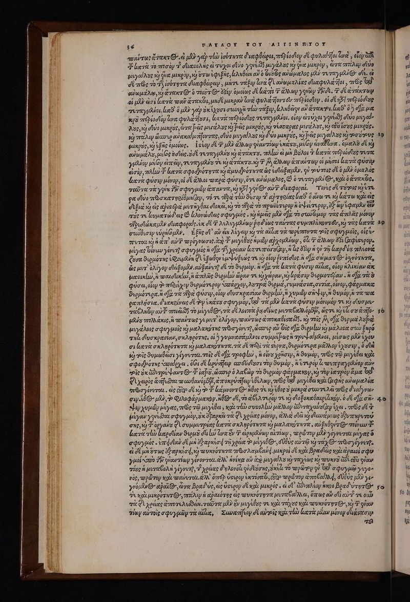 5$ prAYAOY Y OY AQ IA RiBIoY πσαύτως ert et μὴν yat “ἰὼ ἰσύτατα διαφθέιροι, zréptodloy δὲ QuAd foi Ly y οἵου δι 3 oer τὸ ποσὸν 7 σϊικτολῆς di τύχοι e/o qued μεγάλος τὸ qua μικρὸν, ἄτα σππτέλιψ diua μεγαίλυς τὸ quet μικρὸν, ὁ ὅτω ἐφεξῆς, lidem TT Φισῶς euet Aoc μλν Twy uu Qr σῖξ, εἰ di Ge 70 f ἰσότητα διαφθείρειν. μήτε TE ἀνὰ φὶ αὐωμχλίας σϊιαφυλάῆοι, πῶς Gd αὐωμάλῳ,ὁ derer ὃ τόιδτ Θ΄ Sy. ὁμοίως σὲ [μὰ Ὁ ἄλλων γονῶὼν Wt. T dé ἀπακτωμ οἱ uA icd lare ταῦ eri, uid μικραν ἀνὰ φυλάῆοντδι» zrápiodloy . οἱ δὲ jV] vrápiod lue erericytdutoi, lac! d uA yet ὀκέχοσι Tue “ἰὼ «Ew, ἀλκθξῳον ei ἀτακΡι, La ὃ j ea: μα x93 vrépiodlay lare φυλαΐσσι, lx σπόβιοσῖσς τεταγμᾶοι, οἷον εἰτύχοι yqued divo μεγα» λυς, ὁ dvo μικρός, erre pie μεγαλὺς xj pese μικρῷ, ἢ γίοσαρας pra Aut, v) cos σὸς μικρδφς sc) πάλιν ὥασερ αὐακαὐμαήζον τὰς, duo μεγαίλος τὸ i; ὅς, Ὁ pie. ove μικρός, ὁ e£uc ὁμοίως. ἰτέον δὲ JU ἄλλων γνανπίων ἑκάςσ, usCpy sva ure . δμαλδ dE 1) αὐωμέλυ, ui Ge ὀσϊάς. ἐσὲ rit y duh ve) ἀτάκτο, πλίω εἰ un βόλοι Σ ἑατὰ “πόριόσῖος 7V70t yudulop uy ἐπῶν, ertt uiuis γε i) Criteri. Ὁ y ἄλλων ἁπαύτων οἱ μὲσοι ἀχτὰ Quoty εἰσὶν, πλίω lucri σφοσότυτα v) ἀμυφοότατα ὡς ἐσϊειξαμᾶν. qu qov7tie dt ὃ p jx Aoc ἀκτὰ φύσι μόνου, οἱ δὲ ἄλλοι παρὰ φύσιν, ὅτε αὐώμαλος, CO ὃ τυσταγμδν Θ’,κοὰ ὃ xe, ταῦτα πὰ γγύκ PW σφυγμῶν ἅπαντα, d ἡξί γυνθ’ eu διαφοραί. τινὲς δὲ TUTUP τὸ VT ρα divo arGoxr gol lun ep, τό τε ἰδ τἰὼ ϑέσιν τ αὐπφοίας lS δ ἄνω σι ἡ ἀάτω Xo εἰς δεξιοὶ τὸ ἐς tpusépa μυτῆχθαι dlonci, τὸ τὸ ioc: το πρωΐετερον ἢ Ὀψιετερου, dz ὧν sed εἰν σέο τε ἐυματώδεις C LAovadlec σφυγμός.. τὸ ἡμᾶς μὲ οἵᾳ To σιωόμου τὰς ἁπλᾶς μόνον «ἥδισϊώκαμῆν σϊιαφοραίς ἐκ δὲ T λελεγμέύων ῥαδίως ταύτας amena dr, ve πὰς κατὰ συώθεσιν εὑρηίομᾶν, Ἑξῆς dU αὖ eiu λίγεψ 2 σὰ a loe τὰ πρέποντα Ῥἴς σφυγμοῖς, οἷς» στότοιι νὴ ἡ ἀπ᾿ αὐ πσρύγνωσιο, Og T μεγίθος ἡμῶν αῤχομάνωμ, 0&amp;7? ἄλλων 45 (ἀφίξερομε ἐγας Φίνωυ γίνετῇ σφυγμός n e]: Ty χρείαν ἰκτεπάγσο(αν, le Fw ἡ qv πῇ pd ios πλεονά ζυσα ϑιρμότης Quum φὶ ἐξωθον ἐμ ψυξεώς σε νὸ οἷου διππίσϊος. ἢ ela cuna G- ἰοινότησα, ὡς μετ᾽ ὀλίγομ σϊειξομὴν. αὐξανετῖ δὲ πὸ ϑερμὸν, fà σΐᾳ τὰ leere φύσιν αἴζια, οἵου ἡλικίαν ἀκ μαςικίω) ἢ aree sch ἢ ἁπλῶς ϑερμίω ὥρων τε ἡ χώρων, ve) laa ϑερμοτόδαν «ἢ ela τὰ ὃ φύσει, οἷου T πόδιεχον ϑερμότερον ὑπάρχου, λουτρὰ ϑερμά, γυμνάσια, σιπίᾳ, o MOV φάρμακα ϑερμότερα ἢ σα τὰ 7i ua, οἷον σϊυσκρασίαν ϑερμίμυ, ἡ χυμῶν σήν, ἢ ϑυμόυ, n τὰ ot ραπλύσια, διακοίνεις δὲ ay kx σφυγμῶν Ge) τὰ uU ἀχτὰ φύσιν μόνιμον τε νὴ diua uta παθληΐζυ cuv. στοι εἰ δ) τὸ μέγεθ’ τὰ d* λοιστὰ ῥασϊίως Ta Got ouv, ὥςτε id τὰ ea eo pubs πολλάκις, à πσαύτως ys use ολίγομψντσαύτως ἀστοκαθισοκο)ϑ. vc) τοῖς ἦν el]a ϑερμά λοβὲὰ μεγάλοις σφυγμοῖς v) καλακότης πε σγίνετῇ, ὥασερ αὖ Gic οἵᾳ ϑερμίμ) à μάλιξα σιὼ ἕπρό “κί, σδίυσκρασιον, σκλφρότας, οἱ 5 γυμνασάμνοι συμμεβως n πρυψαίμανοι, μίσως pX έχουν σι leri σκλυρότατα νὴ μαλακότητα, τὰ δὲ πόδὶ τὰ seva ϑερμότερα μᾶλλον ἔχοσιψ, ὃ d cj “οἷς ϑυμωθᾶσι γίγνωτοι. τοῖς σὲ d]. τροφίω, ἢ ots χρῆσιψ, ἢ ϑυμὸν, πὸς τῷ μεγέθει stolz eQodjeorue “πσαύίοχει, 061 δὲ ἰιρυσήειν ασόύσισσι oy ϑυμὸν.. ἢ Ἑτερόμ ὦ πσεπραγμδύομ eus» Pic ἐκ Govrpevbews O- 7 ἰαβδ, ὥασερ 0 λαβὼν πὸ ϑερμὸν φάρμακον, vg ty ἰατρὸν ἅμα Ὅσ᾽' φλ χειρὸς ἅσηεῶνα πσαὐθανόμϑην, ἀποκρύσήειν ἐθέλων, γερὸς (od μεγέθει κοὰ (χφὴς αὐωμαλία queo yirerot. εἰς Geo δὲ sg Ὁ ἐάμνοντί: ἅθος ἐκ τὸ log s pao συωτελᾷ ms διαίγνω» σινάθθ: ul, Ὁ Φιλοφάρμανον. nÜG- σὲ, τὸ ἀξέλτερου τὰ νὸ σϊοξοκαθακρεάπον. ὃ δὲ σΐᾳ σῇ» Sw xvuóv μέγας, mre τῷ μεγέθει» κοὰ alb συτολίμ μᾶλλον ἁὐνταχυύσ(ιν xe . πες di ἐέγαν γνεόνας σφυγμὺν, ὅπ drei τὰ Qi χρέας μόνου, ἀλλὰ dá 2 dluva uoo JyvzrhpezoU σης, 0 - ógyowas φὶ συμμετρίας Locri σκληρότητα vo μαλακότητα, own G^ ποίναυ Ὁ laret vla ὠχροϊίων ϑερμδ d lij ἀνα ἕν 7 ἐρημδύων αὑτίωμ. wed zoy μὲν yryverot μέγας ὃ σφυγμός «ἐπασϊαὺ σὲ μὴ ὄγαρκεσά 7H χρεία P usy«l G-, δύθὺς αὐτῷ 2 quy G- qroytyven. γμοί xao TW quourzitoy yioverot ἀλλ᾽ ἡνίκα οὖν ege μεγαΐλα τὸ παχίως νὴ τουκνξ ἀδὲ ἐὺ qd “ἴσος ἡ μεταβολὴ γίγνετῇ, ἢ χρείας δωλονοίς qudtzoney xl. 70 ar pünPy qi Ὅσ᾽ σφυγμῷ γεγο: vos, τορῶτον κοὰ Vater ot doré? Ustony ἐκσίσοῶ, δῷ wedzoy ree IAM, 400 ve ud γι» γνομᾶνθ’ apo Qr τὰ Bed ve, εἰς ὕςερον σὲ κοὰ μικρός, εἰ dt ἁὔνπλεον ἥκοι Bond vryzG d κοὰ μικρότητι), sry ἡ αρακότυς εἰς τουκνότψτα μεταβαίλλει, ὅπτως οὖν dll αὐτὶ τε ou “σὰ QV χρέιας ἐστοτελεόδειν. rod mtt μὲν ὃν μεγεθος τε κοὰ χάχας κοὰ πσυκνόττθ, 17 gia σέων αὐτοῖς σφυγμῶμ τὰ edle, Xuwetzi eo δὲ αὐνοῖς κοὰ τίὼ luerit μίαν μόνου duds T M l t UP | u | a s o   ji “ἃ PITT | qm vi lon : | 29 ET 48 QN ᾿ς LN ut  ζῶ Υ f» ὃ) fn