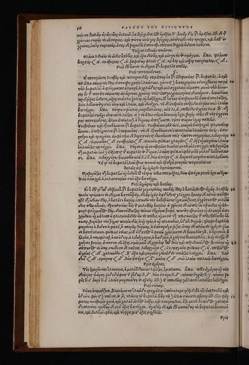 46 RAYAÓOY TOY BITIN'HT'OY “τάντα βαλὼν ἐς drréoy ὑελοιῦ κα Bot ysdron ἀϑὲ nd eee 9 Lavdy δὲς Qd yore ὡδὶ σὲ ὃ »κῆσφως eig ποαύταρκες, xo dUTW απόγγου βρίχωρ, addo σὰς pl Xe, Lad v» jgawasy aD συμπιᾶν ὅταν δὲ Enpowdn aont σάπτωνι ϑερμῷ ὕσϊα τὶ λυθεντι, τούχας λδυκας ποιῆσαε, : QA qus λδυκῆς τὸ ἄνθος li p κοὰ ὄξει JEU tox uio ye cie P σμήγμα, AM. φλύόμυ — | ξιαρπὸν e. sua molte «C .Χ ῥαφαύων φλοιῦ «Cn. xo^Lop ποὰ μίξον τοιυρόκολομι (i. ΟῚ περὶ ἡ)άατα τὸ δέρμα QV soie rada, | περὶ 777 Voxdosoe, y. Ἡ σιτυοίασις Maifüp κοὰ avrveoadidy σωμάτων ἐκφὶ ἀδιφανέας qi ἱεφαλῆς» sto er ἄλλο σώματός y ἀπότηξις χωρὶς ἑλκώστεως, γίγνετ 5 κακοχυμίας οὐενεχθεισης παρὰ *9 | σἰὼ lp lud A φλεγμωροε ἁλμυρδ, ἢ χολώδος κοὰ μελαγχολικὸ αἵμαο, μετὰ quu ἴάνω- e ὃν 7. σπανῸς σώματος ὡς εἰριστοίι, yeso τιχῖς NATO pct pego σϊωυάμεσι λ ἰωμωλίαιῳ arpoÉps Eat ὕσῖατι, ub pop aer As χυλὸν, νὼ Li fecptss C oot ee ἀποξκρανθῇ, eraut eoroxw Gee, Adis A away σιὼ οἴνῳ κοὰ s Acuto, qoi d'lod yes. πῇ δὲ ὑςόραξᾳ s Qi lo ἀγρίαν aw ἐλαίῳ ζιατάχροι. ἄλλο, πνίσρυ σφίκλης, μυροθαλάνωμ, cuia λι,α s QQidug ἀγρίας λι α S5 ls qeu) σμῆχε οἴνῳ αὐτὸ A (ec. ἐ ὃ τὸ ἄλλο σῶμα ἰνκσμὸν eeu, Engty. mac δὲ τὰς ὕγροτε ρας πιτυοιοίσεις, ἅλμῃ ἀπύκλυᾷ, i ϑέρμων ἀστοζεματι, τότο πέραν eoyoy πολλίώ, ψυσοάκια xoi ὀξανθήματα φὶ ἰκφαλῆς. Vud]ecam μδ eimi , μικραὶ ὑπόροχαὶ φλυκτίσιῳ ὅμοιαε, ὑστόρέχουσοι QV ἐπηφανέας. τὰ δὲ δδανθήματο ἐπιπολαίαι λκώσεις εἰσὶν.» ὑπ loot tto ἔχε, ἐμφότόδα dt So«zreueo διιυαϊμεσι“τοῖς Naso Tert yuqias. λιθχορύρα 26 ρυθροι κοῖς τραχείαεο, αμφοτόρα e 70 μ e γμγναις λιθαῤγυρα 38 «C aulas. de ευσηποίχος Θ᾿ arrows φύλλων χλωρῶν .6 δξ4 1 μυρσίνῳ ἐλαίῳ ἐχλαώξας κατάχοις. Αλλο, πήγανου τὸ ουσηϊοίων λεῶύας μετὰ μελιύΡο yes πεοξυρηίς ef ipie. iow! 5 «Quite τ κεφαλῆς Ὁ δερμα,ελαίας φύλλα ἑφθὰ usle μελιτ' (αἰζπλασ' σε, Αλλο, Δι θαργύρσνψιμμυθισ eua [5.1 6. 9e &amp;zrves «c ἐπ noo μυρσίνῃ αὐαλάμβανε, τὰ qi τῇ le M ἐλκύφρια ovra κοὰ (voa μικραῖς ποαραπλήσια ϑυλαῖς ἀῷ m iy&amp;psb: Qe THNOV TOU, ju Tipofupn Ges d S spe d) ὕσταῖι G vim aba ποσμηξαρ,ϑάῳ ἀπύρῳ μετὰ aos ou lao trés Adio Je) i μολαντπρίων aW ὄξει ἰαπτάλριε, ᾿ à Περὶ ἀχώρωμ κοὰ lotto. : Ev 6.3 qv G9. dian. QA esee γιγνομλύωυ σταθῶν Ue ὃ Καλόμ G^ ἀχώρ, λεσῆοῖς $6 ἥσανυ πρήμασι τὸ σίερμα lerra σι! ὧν ἰχὼρ edid lomo γλίσιρος, ὅμοιον δὲ αὐτῷ zr $871 iden ὄδιν, ὃ καλῆσι loko red ln τὰς ἰιααβήσεις tet μείζονας, ὑγρότατθ᾽' μελήώ οἷος πόδιεκζικεὶς, δα πλύσίως Gig T μελιήῶν ἰμιοζοις, ἡ γηύεσις δὲ αὐῬῬῖς ἐκ νιβώσῖϊος ὁ &amp;A- μυρῦ φλίγμαῖθ᾽ ὄξίν.οἹιαιταδδωίαν τοίναυ δυχύμῳ oci, route δριμξως ὁ ἁλμυρδ ἀπε agudo.) μάλισὼ εἰ φλεγμον δῖ» ein 7o στθος, v) μετὰ Ἄ qiios (y *- σϑδιδύονῶς ls νώσιψ, Evo ee oe Piece πουοία dic, ὦ pie ὃ πλεοναϊκις, ud ets ϑερμῷ,, οὐαφενψνμθύης μυρσίνης ἢ βαϊτο à Qoi, n πικρῶν ϑέρμων, ἢ ἀασαραΐγο ῥίζας, ὅταν δὲ πλεῖον δῖ iydoét- 2m ei Locri aeos φύλλοις ἱτίας μιϑ' Ud ar d aito. χρίσματα δὲ ἰωμωλία γῆ. ἢ Lowzinu Cei ἢ πομφόλυξ, ἢ aodio, Aided pyuooc à cd uot ἢ χαίρτας ἰεκαυμλνος.. ἢ τὸ τὸ οἵα χαύρτο ἕκοίον. ἅσταντα dli ὄξος, o uir jac δὲ xonstop Sd ϑές κοὰ zrép dua d G7 δοτάνος xj £8 σάπων G^ 3o ieey.ouulere σὲ τοῦτα, λιθαογύρα «΄. το,τσυγως φύλλων C. 8 . ek Qu G- iuo CHE χαλκαὐύθο «C . B7. ὄξει κοὰ μυρσίνῃ γλοι διότ. roi o ἐπίχρις.. ἄλλο. — Xa IX dU. σμύρνης «C .d* ϑές ἀπύρο «C. une «C «δ᾽ συὼ ἐλαίῳ σταλακῷ orit Ot. Πρὸς ἀχώρας. A 5 ^ a D f I y! LU LU ON — Tac χώρόντας ελκύσμα, H μολυξσίχεναν Ade; ἔμπλαάοσε, Αλλο. are ἄχῶρας 10) Tue οἰιύγρος ψώρας. ῥοδοσιζῴνης '? pado Jo, d Bets ἀπύρν Jo.d πίοσης ὑγρᾶς [0.7 .zriosuc Eit I ec Io.r nos Jo.S ἀλαίσ uvoniod ru Ἢ αῤκῶν, G2 5) P σπιισϊίων γάλακτι &amp;xAV Gc ζαϊαίγριε, I'co; σύκων. ᾿Σύκα ὀνομαίζοσι͵ βλαςήματα Ἑλκώδῳ φρο ύλα κασύσκληρα qué) d UU. οἷς c b Aves tois od'uvn, d ὃ TU TU Ὁ [A πλέον qu lae As. ἂμ τῷ ἢ ἄλλῳ σώματι. UPISOU A. ὧδ Qe 53 INA («eto ευσήκοία du sti io χαλκὲ ἀνθ. bzfov, tots ταυρόκολνα, V. arit Ard O^ χαλκοῦ | ᾿ διπλασίας, πρίξωμ δὲ μετ ὄξος ἑατάχρις, atyelóy δὲ «gu δῇ μιχινίδωυ oe lee eue | Va xou βολθοὶ «qol, «oa τέφρα μετ᾽ δξὸς pax dae, m a vx: πρὸς