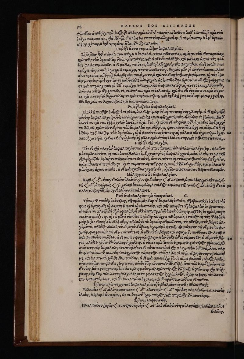 ;8 PATAOI TOX AIIINHTIOTY ἁψινθίας toro Gp γμαῖ e] QU ἀλόκο,κοὰ αὐτὸ πὶ πικρᾶς e adl len? eeu Tlush oou ὀλίγα σκαμμωνία, voc TW σχ 3 ἀλόκο κατα ποτίωμ aao eus δὲ τὸ μύτωστον à Gg) ἐροκών dd τρυχίσκῳ (Ὁ τριγώνῳ. 8 yi δὴν ἄφαπλησίωμ.  I«ot QU xz συμητάδφαν ἀεφαλαλγίαρ, Ei Ν ὅλῳ Ted σώμαξ συμστίσιοι ἡ ἱεφαλὴ, τότο πενοφτίομ, πρός T rl σίυσκρασίαν γερὰ πρὸς lua loce ep UA lur ονισαμθύαος ol εἰ pU? eii RU D ol μάλισα ἐκατὰ τὰς AS ἔχοι φλιεξοτομμμᾶν, ei δὲ μᾶλλον στοιότης, καθαρζωκῷ χουσόμεθα Φαρμαίκῳ. &amp; δὲ μορίῳσυμ στισχοι οἷον ἡγταίον yes ἢ soja yw, TIS Boy9wTkoy ὃ ϑερμῆς uA oi αὐνρῖς Nasoxeiduins dlycxexoiat, αν dr ὑσϊαρς oras σπταρεχοντικ, κρὰ T σϊιαχόναρων ῥοφήματα. ij mist fo θγν μετρίως ἐμψυχό(ας τε colt Gv (ep ἀδιθροχὰς, ὡς ἐμτεθοῦϑον ἐρετοὰ εἰ dt σία γλίσιρους τὸ σε κοὰ σπταχέίς χυμὸς οὗ Ὅρ᾽ φομαίχῳ πόδιεχομθνος ζεφαλαλιοῖον, vc) πότος ἐκμοχλδύσομαν, ὑξύμελι σίνάν ἡἥφεχοντόιν, τόχτε ἁπλοιιῦ 9i τὸ ἰσλιουνιὸν, eg. Οἷς dA ὑοσώπε τε κοὰ bera vo, xol πότων εἰοϑερμοτόβοις τε volt τμφζικωτόβοις, κοὰ Gg). deg ῥαφανίδων uiro xoussoU GÀ βροχαῖς τε ϑιρμοτόβαες κοὰ καταπλάσμασιμ. περί QUdzoirs ἀεφαλαλγίαφ, Ὁ E; uA? ἄπεηγθ’ ὃ oi 7t μλνοι,μελόύφν ἐμὰν ὕδωρ τοεσολώτας χλιαρόν. εἰ δὲ κοὰ μές noy ἀεφαλαλγοῖν. ie ἐμψύχσσι xo ἀπρκραςικοῖς χρησόμεθα, οἷομ ὄξιψ 70 δόσϊινον, Lc ἑαυτό τε κοὰ συὺ 64. χυλῷ luos. ἢ ἐρρώμξυς. νὸ αὐτὰ δὲ τὰ φύλλα QV ἀράμξαης ἀχξραχοῦ er ϑόῤμῷ, κοὰ “όδιτεθονσα lo ἰεφαλίω «ois δεθονχα, φυσικῶς οὐὐι τοζο 4 38i usn. dé j xj ἐῶίεν C air rli one τὸ ἡ φακὴ rre rini, μάλιφα obs ὑγροτόμαν ἔχουν 29 quas fy yas ὦ una δὲ v) Pontes vo) Aet ois ri ἐδϑιετωσαμοκοὶς vdJoozros eru ay. Περι Qi dla: σπληγίώ, τὸς σὲ d] πληγίω ἀιφαλαλγῆντας, εἰ μὴ σγανταστασιψ ἀδιστολέως ἐπλόγκ(αν «φλείο» μήσωμᾶν αὐτίκα v) ταῖς ἰαταλλήλοις ἐμθροχαῖς οὐ τῇ ἐεφαλῇ χρησώμεθα, ἐλαζῳ τε γλυκᾷ οἹαθρεχούσιυ, ἐρίοις τε πόδισκέστοντοι cuir ois τε τότος τὸ σιπίων ἀοβροτόμων ἀπέχονΐες, κρὰ iod Aust εἰ τουρεῆοιφν. τὸ 7o σύμπαν ὡς gre φλεγμονίμ TW vévoudldy, xo μάλισα ep μίωίγγων ὡρμοσώμεθᾳ. ἃ δὲ xoi τραῦμα γεγονὸς ὄπ. o) eo προσηκόντως ϑόραπδύσωμδν, μάλαγμα πῶς ἰεφαλαλγίαν. Ἱκιερδ ζ΄. .ἀμυγσϊαλίνο ἐλαΐσ o, y τοδεβινθίνης «C « .Ψδ ξνοῦ, lupos xe And ett ὧν va «C .σἵ᾽ ἀιοσήρεως y χαλκῇ ἰμκουμλο,λεπί δ᾽’ φομώματΘ΄ odd C. i δοκᾷ go σκλπρότόρου eil, ἀμυγσϊαλίνῳ αὐᾳμάλαοσε, Περὶ ζεφαλαλγίας κοὰ ἡμικραδιαρ, €. τότωμ 7? erxüdy Gxctrdpoy, δα μόνιμός sw 7 specie δοϊωύπ, ἴδοξωυομῆύᾳ tri τε 5L φοις τὸ lioauy oie τὸ λαμπρῷ φωτὶ và οἰγοστοσίᾳ, tou Εἷς πλαρᾶσιε TA ἐεφαλίω ὀσφραντποῖς, σϊοκδσι τε 5j deo) Δ epus, οἱ uA ἅπασαν, οἱ δὲ ξατὰ ϑάτερον ud, Be κοὰ ἡμικρα νικὸς ὀνομάζοσιψ. s οἷς μὰ ἡ dud eric sido ᾿παάρχει τδι ἐερανίσ ὃ zr0vG- ἐς τὰς ὀφθαλ μῶν ῥίζας dnd. οἷ; δὲ Flu, πόδὶ αὐπὸ τὸ ἔερανίον ὑσϊωνὦνστοκε, πὰ p) ὃν μετὰ βάρος ἀλ- γήματα, πλῆθθ’ σϊαλοῖ, τὰ δὲ μετὰ δαξεως,ἢ χυμῶν ἢ ἀτμὼν 4)οιμύτγτι, τὰ δὲ μετὰ av^ γμώγ,φλεγμον[ώ. τὰ δὲ μετὰ τάσεως, ei uA αὖδυ βάρος κοὰ cQvyus, πονδύματιΘ΄ λεσῆηοῦ gue; muU G- qv7oc PW vus oy ἰχόμᾶνον. ei σῖεπε xoi (ὡ πες ὅχυμος ϑερμότορι Θ’ iuro C eu) πυρυτῷ ἰεφαλαλγᾶσι, πσυρξῆσσι dt τό πῖπαν 9) οἱ o]: φλεγμονίω ὑσϊωυώμϑνοι. πλν θωοικῶ “οἴνων T τσαντος σσάρχοντι΄ σώματ᾽, rl φλίθδα τέμνφν, ἀφορῶντας τῇ σϊαυαῖ μά,κοὰ EA vous 30529] duse éote. ei δὲ ox πλεονάζν ti τὸ αἷμα φαΐξνοιῷ. ὁ ef ῥινῶν, εὐὐασομώ(αντας φλέβα, ἀρνωτίον culos doy αὔταρκοι Εἶν dog. ἄτα rl) ἱεροῦ ὀξαύαντας δοτίου, liz d ve xenseoy Gic ἀποφλεγμαΐϊεσμοῖοκοὶὰ ταῖς eae τῇ ῥινῶν ludos wp d]. v ἐῤ᾽ ῥίνων, οἷου ὄξιν τ᾿ ἐλατποίσ ὃχυλός μετὰ γάλακτΘ’ ἐγχεύμῆν Θ΄. ἤγομ i) Siglo tuc eo ἐμῴνος ὠμᾶνογ, xoi QV luxe is ὃχυλὸς, κοὰ arcos s.m Dere dé orm. Éfwoy πρός « yeovicee ἐεφαλαλγίας vj ὀφθαλμέας y) mrs ἀδιλκοηικώς. | ἐλαίῳ, ἢ ἰοίνῳ ἢ ἀυπρίνῳ , ale τε ζπρωπὴ ἔχειν 77: θ΄, κρὰ σαράσησ TW μυκτήρωμ, ; Ἐῤῥινον e Quos TOV. | σ᾽. [od PA Το ? ^ VAR, * 5! ? $2 * f , Ἐνκλαμίνον ἕκρᾷς C ui viov seules «dU sew δὲ αὐτῇ vi Ta eA TR ORO ἐμβώλλοις, Cd V BA boy,