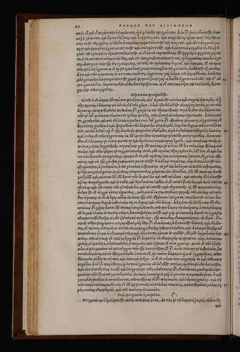65 RAYXAOY ΤΟΥ AIIINHTOY eyed σὲ κοὰ δακρύοντας à λημῶντας,νὸ ἢ γλῷ κα πραχαύντοι, lis φὶ ῥινὸς αὔμα τ’ Pro sx£d: γίνον otc L;poxudli (ooi. gi lecopoNo yai. X9 o ugez]sciy o£ ete τσαῤ CAoy δινο c haic Gr του xeovoy.g? Bade ἀιχκθηθως ἐμφωλδ ὕοντι Θ΄ τό τουρετό. xo ciu σφυγμοὺς μι- κρὸς xoi aqu djesc ἴχόσι μετα τιν QU. gx ngorys Θ΄, xo fi QUI CIT VOR μεγαίλῳ 7e ét xj ΓΖ gau Τό ἐγκεφάλυ πρωῬσταθο uirrGr.« δὲ cre συμπαθειαν PW φρονῶν à φργνῖτις γίγνοι 70, T αὐαπνοὴὶ αὐώμαλός Sy οὶ, πὰ συυχόνα)οια οὐχ ασ Grote, ve) ϑερμασίαν ἱκανίι fora giy.dlazie αὖ τοῖς σα PV ἐγκέφαλου, σὰ 7160170 πρόσωπον ϑερμαί, κοὰ ὕφαιμα, C πλήρὰς qc φλεθαν ἔχοντα, εἰ δὲ 1) φλεγμαϊζωιὸς χυμὸς αὐαμιχθειι a χολωσῖει, αβάπτόβ “ἢ teria ὕτω κοὰ τίὼ ὀνομασίαν ἰμτατοίι uer y.eyevzrvoy ye liaec πο(ῳγορδύντοι. (αθόλου φλεγματώδες. loutrodids αὖθις ἐκταφόβοντοι, οἱ δὲ στκλακωτόβοι τοι E uo, luere xeu Gap zr&amp;ewyopóvop, Amis: Θόλαπεια Qewizidl gr. Ejzrép ἡ σταύαμις ἀδνηοίπει φλεξογρμᾶν, ea. ἀγκῶν Θ᾽ αὐτίκα κοὰ συχνὸν ἀφαιρᾶν. ἐ ὃ “ἱδαφρονῶν ὃ ἐκάμνων μὴ Gad ld τὼ χξιρα y ἃ loco Gal) dis O^ αἱ μοῤῥαγίας eim. eret rd lieri «σαραῆομλνας πσολλάκις Φὶ χειρὸς ἐκ τό! “ἰδακοσυηικῶς παρα eon rop ἰάμνοντα, qii οὐ Gd. μετώπῳ τέμνοντοι ὑρθίαν φλέβα, σῶς ἁσταξ αὐτάρκως ἀφελωμᾶῆν. Uim utat 7x χουσόμεβα.κοὰ Οἷς dA Notas ἢ od sys στ G9 χυλῷ φὶ σἤισάνης, queque ἀγριπνίας δὲ (ρατόσυς. ῥοσίινῳ ἢ xoi ὀξυροσίίνῳ al» spei lo Aero pd sip ὅτε ϑερμῷ rr onore Aw «οῦ curso ὕσιαι.νὸ T σα κωσῖυὧν φαρμαίκο dl) GuRw, εἰ μὴ ἡ σϊαύαμις Gu ἀωλύει, κοὰ erdba δὲ are ἀγρυπνίαν ἐκ PR εμπροῦδῳν εἰρυμθύων γντοιῶθα μυτῳνεγκτίου. Leere t σὲ δ loop qu τόπῳ φωτός τε xoi ἐραίσεως συμμέτρως Ἐχονίς, qot zr Ay τινῶν &amp;- πηλλαγυθύῳ ζωγραφιῶν.ταρακίωκὸμ tp TW gera. g ᾧ lee TW ἐξα ταν μέωψ Φίλων ἐσέ mrt (Ix κοὰ σπεοσφόρως qr Vy yowerrang 777 μὲν πραίως Tío apri eod. ὅτε σὲ κρὰ ἔα “απληήἤοντόυ' αὐτηρότόρου. τροφὴ dt τὸ uA vred rey «sa usare ἔπειτα δὲ χυλὸς σῆι- σάνπς, xot τὰ οὔ xor 4)ου ῥοφήματα μετὰ τίν Θ᾽ 7 Adice πτομώτωυ, οἵου ἀπομελισιθ'ὶ ὅν εβοοροοσάτο, pod lop. TB γλυκέως ódjenuhAa, 70 y de ἰαιξύρας οἰνῶσϊσι: d]oounAsv; οὐ bis μικροῖς ἀγγέιοις φορόμθινογ,ταραιτκτίορ, χείρονας ots βλαΐδας, 2 δὴν ποιότων ἀστόρ yet COLS. olt μάλιτα GÀ yo ἀατὰ rl ἀεφαλίω κρὰ πρῶ πέψεως. «ox πλυτου δ᾽ ὑσῖατθ’ ατου πσαραϊοζωμῆν, xit tv ru Cet, xol ϑριδ' χκίνας pae, εἰ σὲ σπτολλὴ ζέσις ein troi μὰ τοῦτα Udla'z G^ δὲ ψυχρ τότος ἀφυκτίομ, μούλιςα εἰ ἐκ συμπαθείας posu alo αἰτίαν r6 oret θος εὕροιμεν. δὲ το δου αὐοῖς ὡς εἰκὸς οἵᾳ vl ἥδάνοιων ἐπέχοιτο, στοιύζεντόν' ἁλέαν Lic σαντλήσωμε ϑερμῷ ὑσ)ρελαξῳ τό,τε hiryoop κοὰ lo Lust . lord dli ἀιθεσεως TW σῖα.- κτύλωμ Φὶ χφρὸς κατὰ δ» πόπων ἐπερεισϊοντόι, το τρέψωμῳ εἰς ἀπτόρκσιψ.ἐσταλέμψομεμ οὲ ϑερμῷ ἐλαίῳ τὸ λοιπὸμ σῶμα, laeto] uuo curi aos γοῦ qu ἀκινυσίᾳ ἔρμα πὰ o ἐγχωρδῳ e uQuAe fee ep. ei pU Cod asd wt ἀν. d]g. wool σϊιακρατόμενοι. ek σὲ μὴ, , de σμοὶς πόδισφυγγόμενοι.συγκοσῆικη yodo sy QA σϊαυάμεως, ἡ ἄτακτ’ rig κοὰ di ἄλ-: Ay σὲ τρόπογ σϊσυμοῖς οἱ 7rod dts dicor uro a Ix ror XS Ioui Nn et pet Go n αὖ σιαπαίσεως ζνεκα. ei δὲ μακρότόδου ott σϊύσλυτμ γίνοι: P r9 O7, δὴν u9? ἱξαρωϊωοκῶν ἐφε sro rear May σὲ ταῖς ἐμθροχαῖς φὶ ἰεφαλῆς τὰ σἹιαφορειν τοσεφυκότα,. οἷον, ὑσϊυόσμα χυλόμ, ἢ ἐρπύλλσ, A locat urne, yos Yo ἐῤῥινοις δὲ πότε youstoy . μετὰ δὲ τίἰὼ &amp;Ggflo» μείω ἐ φλεγμαίνοι πὰ aor A dy vet τοῖς σὰ λινοασόβμο, (ὦ QV μῆς λύσεως qv ὑφβρελαΐῳ, ἔκ “ἀπλαϊσμασι αὐτὰ σδκγορπίομαν rer σὲ, ὁ σικύας ἀδφας, ὁ uer ἐγχαράξεως, “πῶσ ξχλωμῶν our Gic τε τότοις, κοὶι WV QU. ῥαΐχει e δὲ zo σῶμα λιων αὐχμηρόμ σε κοὶ πόδυιχες soya Guo, sl εἶς τουρὶ ἤοιγν, ie) λοτροῖς xenseou dli ud |» στοτίμυ, νὼ ἀλοιφῇ σϊαψιλεςόμιᾳ, cott οἷνυ ἀπτοσϊοτίοψ A«zi[s κοὰ Ὀλιγροφόρσ. πρὸς αὐαίκτασιμ φὶ σϊαναίμεως, μκσϊαμῶς ὑφο- gauóurse aluo δ αὐτό yum gula ὡς εἰκὸς, esti. yet ὃ γίνυτοι πσαρακμῆς ὅσης. ti κοὶζ yquousum ῥασίίως ἀτοκαθιφατοι. mr eoo nif ue σὲ el ποχρακμῆς, κοὶι ἑώρας yes oU » κοὰ 738 “ππῶσυκάσῃ pa cio pad s. τὰς σὲ TW φργνιτικὼν eue Meere ποιψτίου, QuARa]opuras μέθας, oo ye cui σἹιαφθοροο. κοὶ 7r aor ey ἡλιοκαΐαρ, Περὶ φλεγμονῆς eyxsQa As. e ' φλεγμαίνωμ ὃ ἐγκιφαλθ᾽ oid li στολλάκις ὅτως 7 ὡς τὰς οὐ τῇ ls ῥαφὰς else. «94 ῃ to ! n e 20 | 30 49 ul $9 | | | TU ῇ 7 N