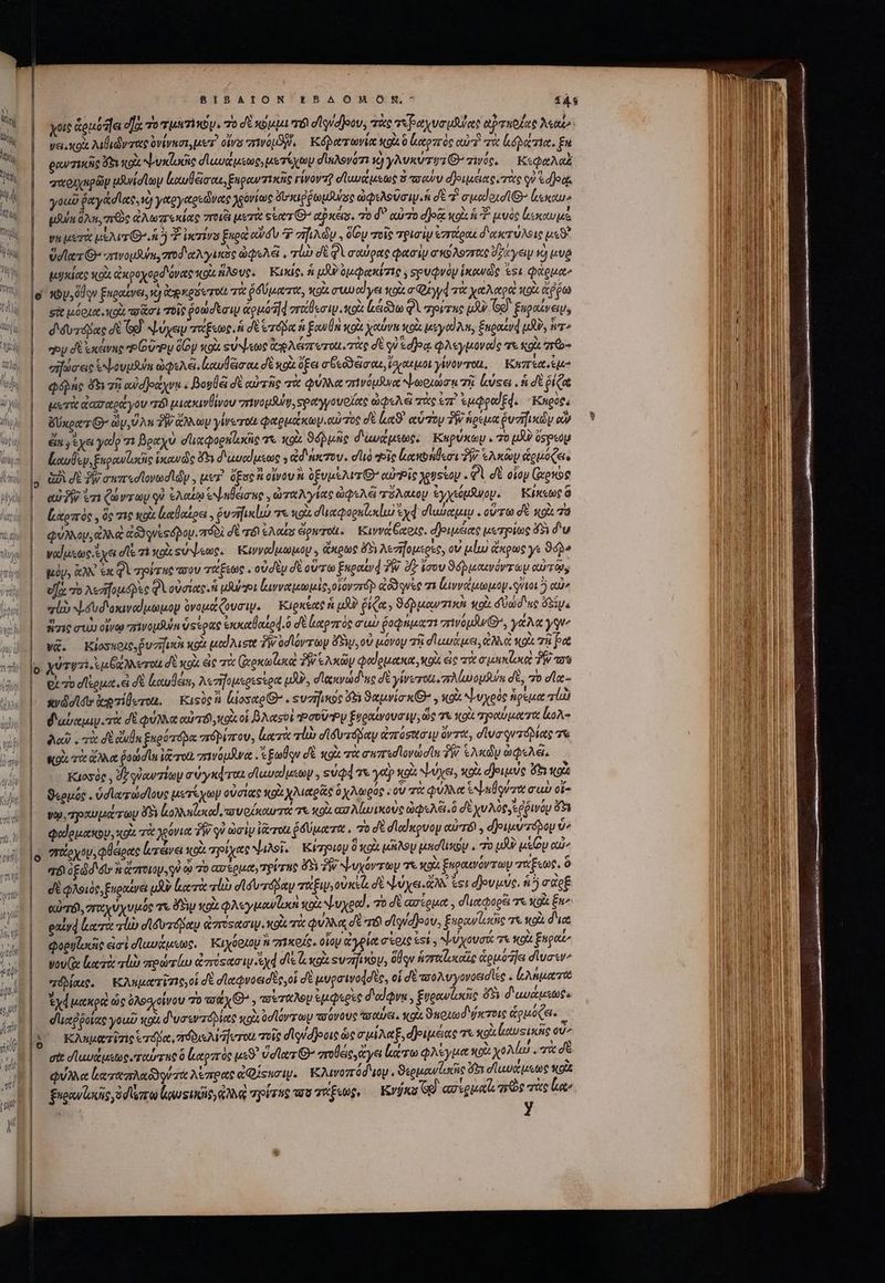 yt ^h YN 0g Jj Ι lo ᾿ BIBATON £BAOHMOHR ^ iÁs χοὶς &amp;enodle d] To Tw TW. 70 δὲ κομμι τὶ d Aid Jet, τὰς τεραχυσμῆδας ἀρ σκοίας Aetio: pa. xoà λιθιῶντας ὀνίνασι, μετ᾽ ovs zrwouS gi, Κόλατωνίᾳ κρὰ ὃ lucozroo αὐτὴ τὰ lueret. En ραντικὴς by κοὰ ψυκὰκῆς σδϊαυάμεως, us Tet σϊηλονότι s) γλυκύτυ τί zie, Κεφαλαξ᾿ γαριυσιρῶν uuidoy ἰικαυβᾷσαι, ξεραντικῆς γίνόντῇ σϊαυάμεως ὃ πσαὺν douanes τὰς qu dod youd gary dle, Ὁ γαργαρεῶνας λρόνίως diragpnuJuiasc ὠφελοῦσιψ ἡ dt 7 σμαϑοισί: ἰεκαυ. pif ὅλη, rre ἀλωπεκίας rue μετὰ sor Θ᾽ αὐκέισ. πὸ d αὐτὸ ded κοὶ ἡ μυὸς locns vh μετὰ μέλιτι. ἡ ἡ T ieri ξκρα αὐσὺ ^P σηιλώυ. Oy τοῖς τρισὶν ἐπάρας διχκτύλοις μεϑ᾽ ὕσιατιθ- σινομδύπ, σοδιαλγικὸς ὠφολέ!, rl σὲ φὶ σαύρας φασὶν σκώλοστας ὕζάγειμ v9 ivo μηκίας wo ἀκροχορδόνας κοὶ ἥλους. Κικίς, ἡ uA ὀμφακίτις, seuQvoy inowde tsi φάρμα» «bU Uv ξηραίνει, vc) ἀσρκρδυτοίι τὰ ῥδύματα, xoi uod yer eol n Quy τὰ χαλαροὶ κοὰ ἄῤῥω sit μόρια 00. πσᾶσι Τοῖς ῥοωώσεσιψ ἀρμόπ4-παθεσιμ. κοὰ lero QA πρύτας uo G9 ξιραίνειν, διδυπόμας δὲ Ge] ψύχειν rope. ἡ δὲ eerie ἃ ξανθὰ κοὰ χαύνη κοὰ yd Ay ἕπραίνᾳ qd, r^ ey σὲ ἐκένηοῬούῬυ δίὸν κοὰ «ὐψετως (eg Aeizrerou. τὰς dt qu εόῆρᾳ φλεγμοναΐς τὰ Kot πτὼ- σώσεις &amp;bouusum ὠφελεῖ. lw Giro δὲ κοὰ ὄξει a God ela tus, (ueniet γίνονται, KNzr eet eft φόλής dhvzi eidjoayva « Boyle δὲ αὐτῆς τὰ φύλλα πινόμδινα ψωριώσᾳ τῇ (ύςει, ἡ δὲ ῥίζα μετὴ ἀασαράγου πόὶ μιακινθίνου ινομδύν, sper yyoveleec ὠφελέ τὰς ἐπὶ ἐμφραξ4. “Καρὸς, δύκρατ ὧν, UA TW ἄλλων γίνωτοι φαρμάκων αὐτὸς σὲ La αὑτον TW ios Quafi eov en γ Ἔχει γαῦρ 71 βραχὺ dioec 7 xol ϑόῤμῆς d'uudpstoc, Kupuxay « 70 [JU 0speóy lol, ξκρανίωσις iode 15s διαυαίμεως y ἀδηκήου. duo οἷς lentnlücou TW. SA op ἄρμόζεις ἀδὶ σὲ Sie owarsdlovedldy , μετ᾽ δξος n οἴνου n ὀξυμέλιτίθ cdi yetisoy « Φὶ σὲ οἷον (χορὸς αὐ δῇ on ζώντων qi ἐλαίῳ evade ue , ὠταλγίας ὠφελᾷ τόλαεου ἐγχεόμβνον. Κίκεως à xoc , ὃς τις κοὰ ἰκαβθαέρει. ῥυσημκίώ a «oi duxpoguloxlu sd σιαύαμιμ.. οὕτω σὲ oi Τα φύλλου, ἀλκὰ Go ques pou. πόδὶ σὲ τό Aca cipurot. Kuvva Geere. djouuciee μετρίως ὄδ δὰ γαίώεως ἔχει dle τὶ xoisu bene. Kavvoduaneny , ἄκρως S3 Asaifousose, ov μίω ἄκρως γε 9 μὸν, ἀλλ ex QV τοίτκο σου τάξεως - oudty δὲ οὕπω Engaw] δὴν Z7 ἔσου ϑόβιεχενόντωμ αὐτῷς faz πὸ λεήϊομοβὲς δὰ οὐσίας. ἡ uut ἰινναμωμὶς,οἱόνστόρ odquee τε ἄιννάμωμοψ. νοι ὃ αὖ» eb ψσυδιοκιναίμωμον ὀνομάζουσιν. Κιρκέας ἡ μὴν ῥίζα; ϑόῤμαντικὴ wo dod uc Si Sizie σιὼ οἴνῳ πινομλύη ὑςέρας éoclotod.à δὲ καρπὸς σι ῥοφήματι zrwoudurG, γάλα yque v&amp;. Κιίοσποις, ῥυσήικαι «ot μαὐλισις δῇ οσϊόντων Sw, οὐ μόνου τῇ dur uet, ἀλλὰ κοὰ τῇ pet χύτυτι, ub ero δὲ κοὰ ἂς τὰ (χοκωϊυκὰ TW λκῶψ φαίομακα, xoi εἰς πὰ oct TW τὸ οἱ τὸ eligat εἰ δὲ luin, λεσηομερεεέρα uU, σ᾽ ακνώδ'ας σὲ γίνυτοιι, πλίωομϑνα σὲ, πὸ σῖα- ανϑοϊδι izilerom. Κιςὸς αὶ ἀίοσαρίΘ'. ευσῆϊκος ὅδι ϑαμνίσκθ,. κοὰ ψυχοὸς ἡρίμα 70 διαύαμιν.τὰ δὲ φύλλα cuo οἱ βλασοὶ Pro U Ty ξυραίνουσιψ, ὡς τὰ «oi. πραύματα ἔκολ- Jodi τὰ δὲ ul ξερότόρα πόρίπου, lere alis σϊδυτόμαν ἀπόσκσιυ ὄντα, dua quzdptete 7 κοὰ τὰ ἄλλα ῥοωσῖα ἰζ τοῦ “ινόμᾶνᾳ «Ἔξωθῳν σὲ xoi πὰ σππτεσϊονώσιε δὴν € Aud ὠφελέ, Kiosóe , dy qieurzioy σύγκφται σϊαυαίμεων. «ὐφᾷτε yep κοὰ ψύχει, κοὰ δβοιμύς 6 κοὰ ϑερμός. ὑσϊατὠσϊους μετέχων οὐσίας κοι χλιαρᾶς χλωρὸς « oU τὰ φύλλα ἐψαθούχα σαὺ ot va) τραυμάτων δ ἀολληζοκο, av o rrt τε κοὰ ασλίωικοὺς ὠφελξι.ὃ δὲχυλὸς,εῤῥινόρ ὄδι φαίομακου. xoa τὰ aine 3I qd ὠσὶν ἰᾶτοι ῥδύματα, πὸ δὲ dlediovoy αὐτό). σ]ριμντόδου ^ σρχον, φθειρας ἔτεινε co “πρίχας ψιλοῖ, Κίτιον ὃ κοὰ μδιλομ p un 7o uA μέθυ αὖ’ σοὶ TATUR QOL QU ᾧ 70 ασέρμα, Tiri ὅδι δὲν ψυχόντων τὰ X3 ξηραινόντωμ ταξεως, ὃ δὲ φλοιός, ξνραίνει μὰν κατὰ vli σϊδυτόμαν rtu od cel δὲ ψύχει. ἄλλ ἔς: δουμύς, ἡ σὰρξ αὐτόϊ, roc vico τὰ Sip κοὰ φλεγικανζοοὶ scott ψυχραί. 76 δὲ ασίρμα. απιαφορξι τε X0 £n ealyd Laert τί d Adoro ἀπύτασιψι κοὰ τὰ φύλνα δὲ T8 dlgid]oov, £ paw Lusdie τὰ κοὰ dioe φορηϊωοκῆς εἰσὶ σανάμεως, KuyGoLoy ἢ πικοίς, οἷον ἀγρία cout est y Ψύχουσά τε κοὰ ξπραί, yov Ge leri rli ποώτίω ἀπόςασιμ χά dle ὦ, κοὰ yz, ὅθῳν ἡγεαϊζυκαῖς ἁομόῆει diuasv^ πόλίαις. Καλαματῖτις,οἱ σὲ σϊαφνοεισὲς, οἱ dt μυρσινοφσὲς, οἱ δὲ πσολυγονοεισῖες . Gne ἐχάμακριὰ ὡς ὀλοσχοίνου τὸ oat y O^ , arro ἐμφερὲς d'odyu , £uoewlacie ὄδι διαυάμεως: σδιιαῤῥοίας youd κοὰ δυσεντόρίας wo ὀσϊόντωυ τούνους ᾿σαύει. κοὰ ϑαοιωδῴκτοις guai Κληματῖσις roc, πδδιελιήστοι τοῖς dlud]ooic ὡς σμίλαξ, δριμέας τε xo αυεικὴς οὔ σὰ σἱαυζμεως ταύτης ὃ ἰιαρπτὸς us vele G^ ποθές, ἀγει κάτω φλέγμα x0 χολίω. τὰ δὲ QUA leri edu Tie λέπρας ἀφ ίςησιψ. KAuvozród oy . Seguawlacic ὄξι dau uoc κοὰ ξωρανζικῆς, od lr o ζρυφικ 0h, τρίτης τοῦ ταξεώρν Κνήκυ G9 ασερμαί, χρὼς τὰς lee | Υ