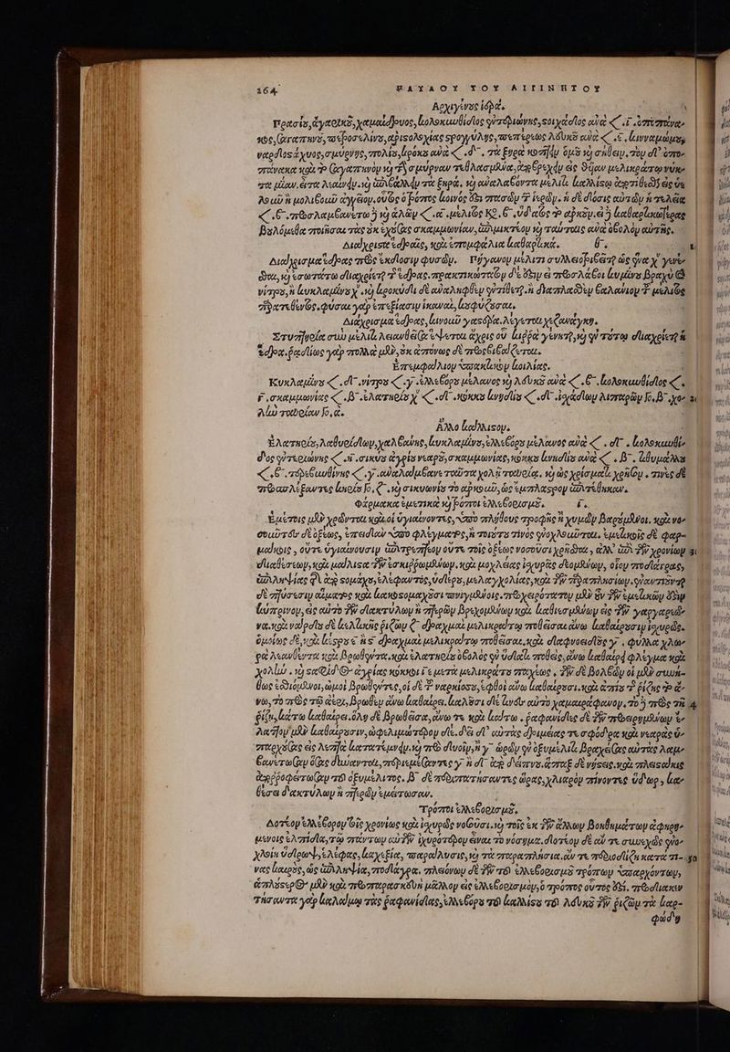Αρχιγίνος ioa. πρασίσ, ἀγαοικδ,χαμοίσουος, κοολοκωυθισῖος οὐσόδιώνκο, τοι χασῖος awe «C «i (ὐπύστανα, sc (ἀγαπηνδ, vapor eAirs p rsoAs ylece spoyyu Mg τουπέρεως λόὺκῦ cuo. « vs avviata, ναρσϊος ἀχυοςυσμύονψο, vro legas οὶ «d. σὰ ξυρο «ozijdu ips xd cnley, τὸν dU vam σπανακα κοὰ P (ἀγαπανὸρ τὸ ἢ σμύρναν πεύλασμϑυύα, ἀφβρεχάν εἰς 9dow μελικράτῳνύκκ | M ἡ σὰ μίαν, τα Natr du νὰ a GR qu τὰ ξηρά, à αὐᾳλαβόντα μελιζ, lutis ἀγπιθεὼ eode ὦ ^ As uv ἃ μολιξοωῦ aye. ous 0 βόστος ἰμοινός $a vro dy T I«ody. ἡ σὲ σϊόσις αὐτῶν ἁσπιλς 6 ἢ «΄.Σ΄.-πὠσλαμβανετω 1 ἁλῶν C «οἱ μελιῶς ΚΟ, Θ΄ Ud αἷὸς Ὁ tiu. Ὁ ἐαθαρζοιώϊερας β ud βολόμιθα ποιῆσαι τὰς 3x js ee σκαμμωνίαν, Go aereo o ταύταις οὐκὶ ὑξολὸν αὐτῆ, | 3 ὁ Auedyeiste «dJeoie, soi ἐπομφάλια lads. Ü. oa Wi Aud eure ed ]eece “πῶς exdlociy Qua dy. πῴγωνομ μέλισι συλλειοριβ τῇ ὡς jy yat yh doa ὁ ἐσωτάτω σϊιαχρίετῇ τ᾽ ἑα]ρας. πρακτικώτοίζου δ Gay εἰ πσλάξοι ἀυμένυ βραχὺ δ΄ 0s visos, κυκλαμίνοχ' 0) ἐροκύσῖι δὲ ewe Miley qurileng n διαπλαδδὲν Genio - μελίὸς | — uu ἡδατεθενῶς, φύσαε γα ἐπεξίασιν ἱκαναὶ, las Qon ou, ᾿ διάχρισιμᾳ ed Joote ἰμινοιῦ yas ép. Moy χεζανάγκφ, dei - Στυσγοία συὼ uu Ael Ge Nero. ἄχρις οὗ ἰιῤῥᾳ γενατῇ, νὴ qi τότῳ σϊιαχοίεη | o ταρχ. ῥασίίως ye πολλὰ uRP,3sc ἀπόνως δὲ aréoe ea eod (errou. | ἐπεμφαίλιομ αακίωον ἰοιλίας, ' Κυκλαμῖνυ 4 dU νίτρου «C y Me Gops μέλανος v) Mux aua «Θ΄ ξολοκαυβίσῖος «C. F σκαμμωνίας «΄ .β᾽ «ἐλατποίσχ «, dU soc lugalis «C «dU ἰσιασίων λιγγωρῶν Jo, B7 χα’ :ι Alo τανοίων Jo, . 37 A20 [καἰλλιςομ, | Ἐλατκοίο,λαθυοίσϊων,χαλβαύκο, Luxe tva, QN Cops μέλανος αὐ «dt Lbohoxuvli δος γὐτερχώνης 4 i σικύσ ἀγρία νεαρδρσκαμμωνίαφ,κύκκο Ludis ow. «΄. β΄, ἀθυμάλλα «(Οὐ τοβῥεθαυθίνης «C. y. eua od ocv Tote Xo si ταῦοίᾳ, Ij ὡς χοίσμαΐο xenOy . πινὰς dt “πθασλίξαντες ἰσιρίσ Jo, Q^, σικυωνίς T0 αρκοαῦ, ὡς ἐμπλάφρον Garvrelunour. Φάρμακα Suzie vo βόπτοι ἐλλεέορχσμδ, P ueztie μὴ χρῶνται κοὰ οἱ ὑγιαίνοντες, No πλήθους πηροφῆς n χυμῶν βαρομῆνοι, give» συαῦόυ' σὲ ξεως, ἐπεισϊαν N290 φλίγμοαο, ἢ Torr σὶνὸς φὐοχλοιῶσοιι, ἐμεζωκοῖς δὲ φαρ- μαίκοις, οὔτε ὑγιαίνουσιν ἀδυτρεσῆξου οὔτε ποῖς ξεως νοσοῦσι χρη οι, ἀλλ ἀδὶ δὲν χρονίων 3 eurer ep coz uod Aus et PW ἐσκιῤῥωμθύωψ. κοὰ μοχλάας ἰσιυρᾷς σξομβνων, οἷου στοσϊάγρας» ἑϑιληψίας QU ies) sopa A pow τὸς, ud legs, μελαγχολίας, κοὰ T vette Moy οὐανπιδὲντῇ υὲ σῆύσεσιν oeste κοὰ loti so tuy ot τανιγμδύοις. ποχειρότατου uA Sv TW ejus loco δδψ {ύπρινου, eic αὐτὸ TW acer Ay à σηερῶν βρεχομδύωμ κοὰ ἐκαθιεσμδύων ἐς δὴ γαργαρεῶν γα οὶ ναϊρσῖσ δὲ lee Mace ῥιζῶν ζ δραχμαὶ μελικραΐτῳ στοδέίσιαι ἄνω ἐκαθαίρυσιψ ἰογυρῶε. ὁμοίως δὲ οὶ bises e ἢ ς δραχμαὶ μελικραύχῳ ποθ eia ous xoi. σϊχφνοεισῖδο y , φύλλα mU a λεανύεντα κοὰ βρωβονσκικοὶ ἐλαταοίς 060A 06 qu velle στοθεὶς, arto ἀκθαίρᾳ φλέγμα κοὰ χολίώ, νὸ se Qd C ἀγρίας κόκκοι τε μετὰ μελικρώτο σπαχέως, 3 δὲ βολξών οἱ ud wn θως ἐδδιομδυνοι, ὠμοὶ Bout rte οἱ δὲ ὃ ναρκίοσο,ς φθοὶ αὔω ἰαθαίρυσι.κοὰ ros τ ῥίζας Ὁ ἄν yto,70 are τῷ aot, Bowls ἄνω ἰαθαέρει. lerra d ardt αὐτὸ χαμαιράφονογ, 70 5 πρὸς τῷ 4 Qin latro ἰκαθαίρει ὅλῳ δὲ βρωθξσα, ἄνω τι κοὰ ἀώτω. ῥαφανίσῖες dt δὴν σεοαρυμένων ἵν λα ον ud καβθαίροσιν, ὠφελιμώτομνου ve. d'&amp; dU αὐτὰς σριμέας τε c qid eo sti νεαρὰς σταρχσίᾷς εἰς Me loeroeeerdu-sa n doi, γ᾽ ὡρῶν qi ὑἐξυμελίζ βραχά(ἀς αὐτὰς λαμ» βανετωίαν ὅζᾳς διωαντοὶι, repas Ino γ ἃ στ an d'érvs.&amp;vrot δὲ νύφεις,κοὰ πλειτακις Ier ἀχῤῥοφέτωίαν 8 ὀξυμελιτος, B^ δὲ πδδιτχτήσαντες ὥρας, χλιαρὸμ πίνοντες ὕδωρ; ee Mi [ira d'exz V Amy ἃ σηιρῶν ἐμέτωσων. fud «qu τρόποι ἰλλεβξορησμδ, | Δοτξον ἐλλέβορον Gic χρονίως κοὰ ἰχυρῶς νο(οῦσι. 10) τοῖς ἐκ TW ἄλλων βοκθεμάτων iQ (0 uj μένοις eAczrid lazo στοίντων αὐδῇ ἰχυρόπόδου ewau τὸ νόσψμα. dAokoy δὲ αὖ 7 συνεχῶς qua^ μ χλοίκ ὕσίρωψ, ἐλέφας, καχεξία, τταραϊλυσις, νὼ τὰ σταραπλήσια, οὖν χε πόδιοσϊιζι κατά 71-0 Wale νας lauoso, ὡς UG ML, mod lyon, πλειόνων di TfP τόν ἐλλεβοσισμῇ τρόπων “σσαρχόνπων, E és oO ul? NOU ποσταρασκδυὶὶ μᾶλλομ εἰς SAN o o10 QV, 0 τηρόστος οὗ τὸς i. πῶσϊιακι ἢ ὃ Τῆσανττε γοῖρ lcd un τὰς ῥαφανίσίας, ελλεθόρυ TÓ ludus τοι Ad una T ῥιζῶμτὰ αρ- (3 ἣν | WIMI; Qu e 9 -.  ] r