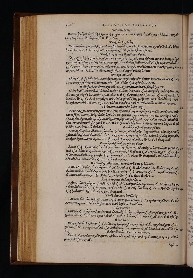 ὁ σϊιοασολίτεο, Κυμένυ ix pay s Oo ὄξει κοὰ aeu yulule Jo. τουπέρεως ,ζιγγιβέρεως m f D wy νου χλωρὸ Jo.« D. mizpov «C. B. μέλι, : τὸ d]z καλαμίνθας, ν τρηουσελίνσ, γλήχων θη, σεσίλεως, ἰαλαμίνθης ea fo. y ours azsoptdv lo. vus Go, vb y Jo.&amp; . MÉvsixz Jo.dU πασεπέρεως «/ .i 6, utu C zo ακοωῦ. τὸ οἵᾳ luspis, τοῖς βρασϊυπετῆδοιν. O£ac ΚΘ y lupis Cognos λι, e. ὑοσώπσ, τοπγανσ ὀριγαύσ eua σίδι μΐδιον. νυχθύμερον Govt χυύτα οὐ Gd ife een εἰς ἀφβιτωσιν. xj ἐμηηαδγύτα ῥίσηοντρ. 6d 4 Ed ucyrum μελίζς ξα΄, κοὰ παλιν ve me μελιτώσῖος συσάσεως, Ozap dt aussi ὑπλπλάοσετῇ eite», μην τσε- πέρεως λδὺυκδ αὐὰ Jo. B. σϊόσις, κοχλιαίφιον &amp; «πρωὶ κρὰ εἰς (οἰτίω, | Hixga YeAlws. ; m ἘΝ ᾿ AM nt «C δ Εὐλοξαλσάμς, uasiyue, ponas, vicedlosa xv G^ dattos, Lovveeiues owe « e S. vise κοὰ guttis ἄνθος κοὰ loatosieee ew «( ς΄. δισῖς «C ju eode. H dli ὀξυμέλιτθ’ πικραὶ gre Ξομαχικὸς, Mae, ὑςόμαν, ϑοθοωστα, j A Aóne Ko, dT φύλλυ Jo B ἰός, αοσίας, pae ἴρεως αὐλὶ « n μαραϑθρυ ῥίζας φλοὶδ At, &amp; «μαείχυο,νάρσισ ἰκολτικῆς, Cry Gene cuia «C Let τσεπέρεως C οἷ, ufo «C .α «ὄξους E. Θιμέλισθ' ξα΄, S. τὸ μαίραθρον arias qu Go ὄξει, frziferou «e ἀλβαλλοτῇ 70 Ut δι. «gà μετὰ P ea lure ἄχοι μελυτώσισς συταίσεως, τὰ λοιπὰ λαωθενχα ἀδιγτζοσυσαι. τὸ οἵᾳ λυκίσ ἥγτατιΘ-,καὐλλιςου, Γφνζαύες, χαμαιπίσυος, τουτηοοσελίνου, πρασία, X. ajxov, vir Vot σκολοπονόβρίου, “τῶ; vae ῥίζης, ers, δῥυθροσῖανο, onu e ασέρματίθ, αβιξολοχίας μακρᾶς, τουπίρεως A» x, ναρσῖος αἰγυος, loss, Uus ασίρματος, πρυγγίς ῥίζας, gre Mas ἐχίσ, dort Peas , αῤκόυβί- ey, λυκίς tortor eA uias ἔχ μέλιτι arem eua Aa Cows. ἡ σϊόσις στοντικξ ἄαρυν τὸ μᾷ y G^, σωὺ οἰνομέλιᾷ ἀπέφθῳ, ς Θεσσϊώρα Ὁ dli αὐακαροίίωψ, idm i Ανακαρσίίωμ Jo.oc S. liponas, καοσίας, Qu Mas, ναρσῖος αἴχυ Θ΄, ἀαρυοφύλλσ; μήν, ἐγαρικῇ, eyolvis αὐύας, Pes, Gau uas αὐ «΄ σ᾽ ἀκύρυ, πεπέρεως adi [6.οδ. S. Aene fo. y .«(ἀρξιφαγδὸν μιαφἰχπογίρεως IM verxdio, ew Jo, e£ S uoo Go ety Jose ATO AL, S. σὸ ακουῦ, Θεοσϊώρητ G^ ἡ dyes αὐχκαρσίίωψ. τὺ ἢ wA Dunes - 7 ! εἴ €- 9? f [4 Αλόης C ξ΄ ἀγαοικὲ «C exc d eoosos, eeosiae, fes vrovzixi, ἄκορου, lavveuuius, μαςίχηο, eua «C A ἰός, τσεγαύον axrkeuuor G-ywszrepetog λόυκδ owe «( .$ vepdloskyu B «y fu Ao GLA gatus, ἀσάρου, xeuotdjov Θ΄, μῆου aia «΄. δ΄, μὲλισιθ’ 7o αὐκοιῶ we καντοῶθα,. οὐᾳκάρσια duo d σϊόδις «C B^ μετὰ μελικράπο. | KvQaedlne πὼς Nase mw C κοὰ Oe τὰ qi ϑώρακι, XcuQiÁ (retbe oce ἔρόκον «C iet nudus «C. Bc ota (CS. Καρδίας «C. 5. ἀινναμώμου pi GoASu vododls βιώ θυλογ. σροίνα «(. 8, σμύρνης «C. d τορεθωυθίνης «΄, d .«ἀασαλάθου ῥινήμαχτιθ δξυλοὶ i βι μέλιτι’ «΄. ls. οἴνου πὸ αῤκουῦ, ἄλλο, Alv Qoed ic ÀAMs£awdjoov. | Κρόκου ; ἀιννναμώμου, βοϊελλίου eid «΄. δ΄ σμύρνης ἀαλαίμου οὐκὶ B. ἀσφάλου, oiov ἄνθους αὐκὶ «΄.γ. ακοσίας, vido αὐ « . et . πόδειμυθίνας οἷς, σα δ Q- Groxoe 4o E MArc- AS S. oiov yv E ET ji M : τὸ οἵχ βακαύου ἡσταϊιώμ, Βακαύου Jo.« όςου Jo. φύλλου Fg. «πσεπέρεως λόυκῦ rg-s . vepdlosed yu ro. s . ut^ ATO τὸ ακοιῦ, did ou LoyDuedoxoy μετὰ ἐράσεως kovellizov H ζωπύριθ». Σμύρνης «C ρύκου,ἰχοσίας οὐκὶ δραχμῶν di ἰμνναμώμου «΄.γναρδοςάχυος «C 7, * , 5f ο(θίνου οἴνθους «^ B^ παεπίρεως λόυκξ d : &amp; .Θ.λιξαύου «7 αἰ. liés «C iet idu? σὺ PRU. H wouoviet. XavoexG- ἀαλαμᾶτου «es «λιβάνου, ἀμώμον, loonbv αὐ Jo. a .8. γαρσίοςαἶχυος «^ .s, φύλλο «΄. β΄ .τοιπίρεως λδυκᾷ «Cs «κρὰ bows «Ct σμύρνης Jo. «ἰός Jo. et μέλι Ὁ α- τα. ΓΕ τὰ σϊοσιθίου ἰκτασπότια, ἡγγχίυαι, Αλόης Jo x veredflosod yu QUI ev, sov αὐ Fs yaQuxS rg A, μαςίχις γρεῖγ. Go pov rg. d, fiov rg. Ὀξύμω