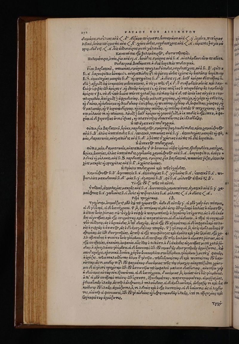 σδιαμώμε;σεσίλεως αὐ «C. d dU(mps ασἱρμας, ἰινναμώμυ ed «C .y e pitvs πιπίρεως A duxi, ἀνίκα ασέρματος οὐα «C E σοίνα aile veredloso voc αὐ «(α΄ oquaTog pays μύ spoy.dlid'osg.« a: (Οἷς ἀδδενεςέροις μετὰ γάλακζς, Κατασότιᾳ σα ξνλομάκερθ᾽, σίυσεν τόδικοῖς, Ξυλομάκερος, 07115, pes αὐ rg «s Lud δος, σμύρνης eui Jo.et .«αὐαλάμβανε οἴνῳ coz rz, ποσὶ κγρικεὶ βοκθάματα, ἡ diua ἰοραλλίς ποσϊαγρική, PXcv βαρβαρικῇ, πιαιωνίας,σιμύρνκς ρωγλωδιύτισῖος,ναρσϊοστίχυος, οὐὐὰ Jo. B^ φύλλα fo, ἃ «Καρυοφύλινυ ἰκόκκοι is. αὐαχγαλλίσιος Qi τὸ uri eWÜoc ἐχόσες ἣν ἐκλᾶσιν (οράλλιομ fo. S. ἀριςολοχίας μακρᾶς Jo.d*- à σρογγύλας Jo. d* (ἡ δύσις rg. et lou ἡμέραν δύπεσηηκο G. dlà^5 aye da ἰσημερίας μεβοπτωρινῆς, ti σῖς γε πόδὶ τὴ κ δ. oezifaGols μίωος. κοὰ λαμ’ ξαύᾳν ἐφεξῆς δὶ ἡμέρας v 1d dYisa ἡμέρας Ls. ὅτως ποίᾳ ἕως δ πλερωθώσιν ἃς λαμθανᾷς ἡμέρας τὶ Es. δὲ xao lutpat πάντα oo Mod (iy ra Tesi dp X dl. ro isis ἕως αὐγός S T Vis “πλερεμϑύσ, aree] ἢ ἀφροσϊισίωμ, lpsdy μάλιστ χοιρεέίων, v) πταρίχο, ὦ yen v) σδύτλο, y) δ αὐκο,νὸ ἡσϊυνόσμο γὸ ϑοιδαἰκων ἀπεφθων, νὼ τεπῦνωνἰχύϑων δὲ, lp Amp you τὸ P utt, 7 ospewodlopap. uj ὀασρίωμ στανίων, ὦ σταγίων ἁπλὼς 7 σαχυχύμωψ. ὁ ok νου μέλανός τε Y) πλείονος. Aso] ^) Lc ἡμέραν vd) γυμνά Co] ἐκ rod loc ἢ eos ἵστα, ἢ φα-- r e n DOR,  1 , V δ Ὁ gem, οἱ d ξεροτόμας ov uo εξεως , vy πλατυ τόμον σϊιαυτηθεντες ἐκ e GA ed uz. H τό ἀγαπητὲ 7rd αγρική, oU, je βαρθαουκῶ, pasos vere dlosetyu E, σμεύρνης Ῥωγλωσϊ ὑτὶσῖος, κοςυ,χαμαΐόθουθ’ αὐὰ Jo. .ἀλόας ἡστατίτισῖος [0.ζ. ασεοκῦ, στιχιωνίας οὐαὶ [6.7. ἀθιφολοχίας μακρᾶς ve) φῦ, μήν, Παμασωνίσ, euet ye Nd og ow &amp; Jo. d .o όπτος τὶ χρήσεως ὃ αὐτὸς 73i δε κοραλλίσ. ἢ eur Gr 7rdleyeix£. | QUAS ufa 'eweertovis ὐκγαλλίσῖος T do ἐνανοωῦ αἴθος ἐχόσας, δῥ υθροσϊάνυ, μασίχας, [ιρύκο, ἑαοσίας, ove ἀσειχτέτιδιος, yu Gowtie χαμαίσθου E αὐὰ Jo.et . laeua Aa, Gates » λόυκὲ vj μέλανος, auia: [0.3. ναρσϊοστίχνος, σμύρνης, fes βαρξχοικδ,τσαεωνίας ῥίζυεοἀοισολο, χίας μακρᾶς voy σρογγύλης αὐ o. G ἡ χρῆσιφ ὁμοίω. 0 H Πρόκλὺ ποσϊαγρικὴ wot mre χιασῖας, Χαμαίσθουθ’ Κ.8΄. ρντουρίν Jo. si ἀριφολοχίας Jo. ζ΄. yqulowne Jo. s, σεοικδ Io. . τε ῥοσελίνα μακεσϊονικδ Jo dV utis [5.7Υ.«ἀγαοικδ Jo. ^ . Q3 [5 μάλισθ’ a] ΚΕ β΄. ' τὸ οἵᾳ TW (^ are τὰ αὐτὰ, Ὑπόδυκδ, ἀριουλοχίας μακρᾶς αὐὰ [0.αἷ.ἐκεντοιυρίσ,χαμαισίτυος, ἐγαοικ οὐρὰ Jo. y . et^ μαξαῆουος [0.5 γωΐίανας [6.5 «ree τὸ ποεροσελίνυ [ρα μέλιτος «΄ «Ὁ, ἡ σϊόσις C .α, I'd) “ηροχίσκωψ. iD. Tpoyta tbt, ovapod (ovre uU de τὸ ἀζήματθθ. ἐἰσῖα δὲ αὐτῶν γ΄. οἱ uA ydp ἀσι rozipuot, οἱ δὲ γὐεζικοὶ, οἱ δὲ ἐξα τάχοιςοι, P ἡὰ ὃν πτοπίμωμ οἱ ufui εἰσιν θλοχεϊωκοὶ lou Meee ἃ αἴματθ’, ἢ ἄλλος loe ῥύσεως, τῷ ψύχάν ἢ «ὐφᾷν ἢ πσαρεμστάοσᾳν ἢ ξυραίνειν ἐπέχοντες, ὡς ὃ dli ἐκᾶν θυς αἰγυπηϊαςυκοὰ οἵχ ασερμάτωμ,κοὰ οἱ τταραπλήσιοι, οἱ δὲ αὐώσϊωυδι, ἢ ἥδ To vau ud al» cago, ὡς ὃ ἐξροκωσῖας, ἢ Go) deep, ὡς οἱ ex PW αρωμάτων οἱ δὲ ἐκφρακίσιοὶ ax Aie Voc ἢ νεφρῶμ A rer G^, deo δὲ ἀμυγσϊάλων πικρῶν. 7 5 οὐετων οἱ A ἀσὶν ἀμθλαυζωοὶ 7 σῇριμεων, ὡς ἀϑὶ σ᾽υσῳντόδίας, ὥςστόβ οἱ σα τοομφόλυγος xoi God Nos κοὰ γῆς Gate, e] χυ- λδ zifiosedvge n γιούπτο loc φὐιεμῆνοι. οἱ σὲ «υσηικοὶ δὴ πόδὶ low ἢ αἡμας ῥύσεως, ὡς οἱ [a sv zifue ioo, κακίας, ὑμφακίσ. οἷός eap ὃ Φιλλίπο, ἢ δὲ ἀκάνθας ey variat μυτὰ χυλξ ῥό- doy, tray Moss qeisuduot.oi σὲ ἀκυςικοὶ G2 TW νομωδιὼμ diva qezábudy &amp;euóQovaee , qo στενδ' ἀραίχες, αῤσενικᾷ, leretyas, xtteGv LexowpSuov PATI HTL TT TRCDIHTS T YE, μετὰχ' φακὼν, | a ügu Qut .ποαποκλυῶεντος Aun T irá V πε οθεθρωκότωμ δὲ κοὰ πσεποκότων TW Latt vovrtysdier μησῖεμ 71 QU PW φαρμάκων σϊωνάμεως πες τὸν suyo cua zrot («dv χρῆσιν μοι d οἱ quei προχίσκοι GA PW ἑᾳ τωτόμω πϑ ὀμφαλοῦ μαλιςα σϊιαθέσεων, αὐωτόδω ya? ἡ σϊαύαμις TAI οὐκ ὄξικνεοιι. οἱ σὲ ἀατάχριτοι, διαυάμεως jJ ὁμοίας ἐστὶ Οἷς φυνιεμῆνοις. ἀλλ᾽ οἱ uR? «υσήικοὶ πτοιδσιμν ἀδιτεοπερς, δδανθαμάπτωμψ, ποχραπιμμαίτωυ, αὐμοῤῥαγίας, ͵ κούθεσιν PW e Axdy, ἁρμόζοντες, 0, Te Ad xoc κρὰ ὃ ea: λωταρίωμ οἱ σὲ Lotovase. ὡς οἱ λεχθὲν 7X5, οἱουστόρ οἱ φαυςιρνοί, δὶ δὴν qu αἰσίοίοις νὴ τσ]ρᾳ νομωσϊῶν Scy ἐπί τε σγερυγίωμ κοὰ 3 L4 [3 (χρκωμάτωμ ἀρμόζοντες, Tei I | | [qur | gu y LÀ | , | un | T ει f ET 323 4 ULT Nr LU | UN T | ait | Bt | m M l TIS