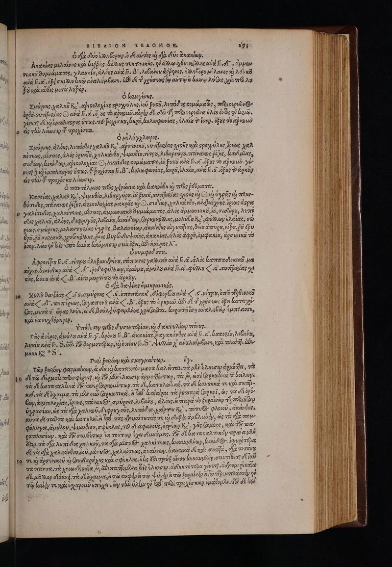 Y idt | Mj TA dU gil ( T | BIBATONM t58AO0MON v ὁ df divo Qs Copeop. ὃ δὲ αὐτὸς νὸ σὰ divo ἀκακίωμ, ἀκακίας μελαίνας κοὰ lugpice 63 uc retine, qe ἄλλῳ iyÜu: nonc αὐρὸ feud epe νιχκῇ ϑυμιάματος, γλαυκίογλόφς αὐ Jo. 7 aÉowov ἄῤῥᾳνος, ελλεβόρα μ' Acwoc v) λόὺ κῦ |. eua [o.c Ed σκιλλυζικῷ αὐαλώμξανε. QD σὲ τ xenaremg [op αὐτῷ ἢ low M xe acis m Ns Ῥδ κοὰ αὖθις μετὰ λοβόψ, ! Ó L.osoyevue. Σμύρνης, χαλκῇ Κι ajusoAe int σρογγύλας, ἰοῦ ξυςὅ, λεπίδος ςομώμαῶς, πϑδιτερεῶν Ge | ael, svaifuoíte Ὁ eJ [ΚΟ αἱ ,0, uc Τὸ a Piu .oody δὲ clà T πόδι: «ρεὦνα Aus ὅν Ὡς qv lou. γίνετῦ Μὲ ὦ ἐμπλάσρος ὅτῳς.Τόϊ βυοχίσκα,πρδ, loo viec Aus T. Foo. 0st Τὸ αὐκοαῦ lo εἰς alu λέωσι προχίσκυ, | | ὁ μελάγχλωρός, ' Σμύρνης. ἀλόπο,λεσισῖος χαλκὸ Κεῖ, ῥσενικῦ,ευπἤκοίας duisi oit «ρογγύλης ἴρεως χαλ si etc ula voc, ἁλὸς ὑρυκίδ, χαλκανύς, ἐμυθίσινίτρυ, λιθαργύρδ,στανακος ῥίζης, ἰλασίμζας, σιδιων, ἰικίδωμ, αξιςολοχίας Ο),λεσβσῖος ςομώμα 15 Eus eua Jo.c ,(Οξος τὸ ανοαῦ. γί» yer ) v) ἐμπλάςρος ὅτως. ρυχίσκυ I. ζολωφωνίας, lunes eas, αὐρὶ Joss (ὄξος Ὁ ἀρκδῳ εἰς πίω 7 “ροχίσκο Am. | ὁ παντόλμιος πες χφρώνια to ἑακοήθη se) πὼς ῥδύματα, Ἑασσίας,χαλκῦ Κι ,ψιμυθίσ,λιθαογύρε.. δ ξυςδ, sveruoíos duse ὦ Ὁ τὸ ὑγρᾶς ij πληνο θύτιδος͵ σπτάνακος ῥιζυςγἀοιθολοχίας μακρᾶς Xj Qaid ey, χαλκάνθο, eud]eatyvue. ἴρεως aser Ὁ γαλιτισῖος, xau Tete, ua voc, d aquovicex ϑυμιάματπός. ἁλὸς ἀμμωνιακδ, i, mid ligo, λεσῇ ᾿ς οἷος χαλκϑ,ἀλόυς, διφρυγδς,λιθανσ, ἰεικίδωμ, (ἀρκοκόλλας, uou 6s Κα, φύλλων ἐλαίας, σώ | ρεωφ,σμύρνης, μελωντύοίας voe βαλαυςίων, ἀκαίνθης axyvaifixe, es ar ves vi ps, 65 δὲν BC σιοιακῦ, γενύκόλλας, poor BugGdtesLuncie, κακίας, ἁλὸς ἀφρδ)ῦμφακίο, ἀρσενικὸ 78 ἐσου.λέσ οὐ Gig NA? lube ἰχύμασιν συὼ Ee, ὠλήμερας N Ó vvu.dod'ozz. Ádpwips o. viros ἐλεξαν dJows, σάπωνος γαλλικ eua fo. «Aot ἰκαστπαοϊοκικδ μα | sti luxidloy αὐεὶ «7 d ῥοδοφύλλωυ, ἀμώμο,ἀμύλῃ eue Joe QUAM « (κα «SUI io/otg ot | she δου ἀνὰ «D. ois μυρτίπο To ἀρκῦν. | ὁ efa ϑαψίας ἡμικρανιποφ, je Χυλύϑανίας «C. s. σμύρνης «καὶ ὑποντοίνανὅ δὐφορξις eua «C .s ονἱηου,πῦ vio uin | guid σ΄, πεπίρεως, ἀγαπυνῦ ow «C D. opus o ρκοωῦ. GA δὲ “ὃ χούσεως pa oerte (ὰς, μετὰ ς ὥρας λοῦς, εἰ δὲ βοώλφυφειμλψως χρη χῶνα, κπερωτᾷ ἔσῃ αὐαχλαβὼν ἐμπλαοσε, | κοὰ τα νυχθύμερον, * r | Vni dery πῶς δυσεντόλίαν,νὸ διακτυλίωμ στόνος. l ost 5r EE n ͵ ve jr TA t $3 € L ᾿ ] ας ἀςερῦς, uuu A8 oW fo.y apos o. κἀκακίας, ραγακανθῳς ew lo.« lesoote, Ae, ᾿ς Δυκίς eua Jo. BA PW. S«epuorrádtoy, ὦ 02r10V Jo,S7 υλλίοχ αὐχλοαίμθανε ge aea]. ὧν uc Kc x 9.5 [ ! / A , », | Περι ξκρζωμ xou σμηγμοῦτῶμ. bye ἢ  €  E 1 a , 1 | τῶν ξποίων φαρμαίκωμ, ἃ dn so κα τατπτίσματὰ loot x eierott ser LJ S Axsoty ἁρμοήϊει, τὰ | - 3 ^ », c , L , ^ r ᾿ o οἱὲ τῷ δϊερομαῖι πε σφέρετῇ τὸ TW μᾶν «λκεσιψ ἁρμοήοντωμ, τὰ j^ eir restet Ὁ lore | LU ῃ I “- -€ LU ^ t ^ * qi dt la rust Aloxat 1W υαερ(χρκοαστωμ τὰ di aso xc τὰ σὲ ἰαχυςηκα vs ποῖ ami Y s; icu E V c € . CES | καί, χὰ di lap puot. 0t UJ ouv (xexormixa, n Vo9 ἀχθαίραι πὰ ῥυπαρὰ (χρποῖ, ὡς τὰ e opo Ϊ ὃ ἀν ἐ ἢ ὴ - | ξων, ἀοισολοχίας, ἴρεως, zritvak Q, mpvags M Gowns GA oue. σταροὶ 7o ξυραάνθν f πόδιδίὰν j , ὑγρασίαν,ὡς Tu elo: χαλκοῦ, d'ipouyouo, λεσσ' 0t, χαῖρον Ke, ziv φλοιοῦ οἀκανθπος | — aux dt rore wo ἰκατολοῖ, A od. τὰς δριμύτετας τε τὸ cud ἀμθδλαύψν, ὡς τὰ ela avoue φύλυγος, ἐμύλου, auvÜiav, a ders τό οἱ αφανοῦς, spy Κε΄. γῆς (αμίας, κοὶ TW qu^ ραπλησίωψ.. κοὰ ϑῷσωετων ἐκ τούτων exa σαυάμεις. TW δὲ ζαταςαλτικαν pata μδώ ὄξιυν.τὰ σα λεσίδῖος χαλκοῦ, τὰ ᾿ uiav Q^ χαλκίτεως, εκαυμλύωψ, lid Gv. ἰχυρότόδα | divi dja χαλκανθον, ἰοῦ, lar y^ χαλκίτεως, ἀκαύςωμ. lowsixa δὲ gi. mue y οἷα miis | $0 7* ὁ ἀρσενικοῦ y (ἀνσϊαράχας MU. c QXxAnC. Lg ὄξι τρὺξ οἰνὸν (κκαυμθώφψισαυτιθοτῦ dt four j | “τ  -] e , D ͵ aL APA NA 7 “αστάντα τὰ vod esetloe Ny ἁϑυποῆομᾶνα Οἷς «Ao ἰσλκτύπτόρα γίνετῇ cdjeou eesetiet 7, * ; S : τ Ἂς : τ ὧν i A ne 7 Y v di μᾶλλον exvd. τὰ δὲ ἰαιακμα y TU) suQdy no ψύνέυ n TO Éngauvdy s [eo TOS UUTZEAGCOS dy d Y A o e c. ΝΠ 5 « 1 , E A τῷ Lad] τε gla ἐσκαροαῦ ὑπέχει. ὧν vUa ὕλίμ γὴ 69 πόδὶ προχίσκων stood de G9