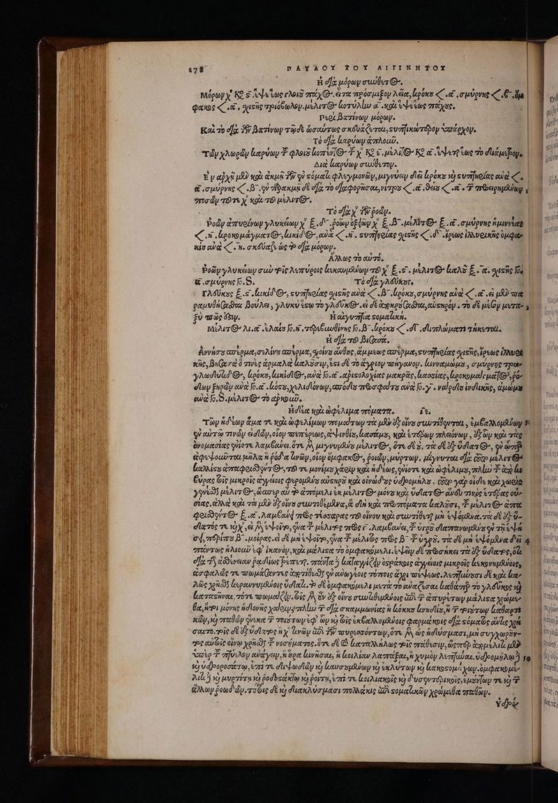 ü dz μόρωψ euer G-, | [] [] AK L] ^ , ΡῈ 4 “ L , ud * w | Mopuy x Ke s Ns voc γλοιδ TX Qe προσμιξον λεία, (gon «C σμύρνκς (€ da | ques e. Susie χρισβωλογιμελισθ' ἀοτύλίω αἱ ox Ὁψεέξως γιχος, εἰ / ^i Tor Bazivoy μόρωγ. i D 1 , ^ € r 7 € , ] 0v ἑκαὶ τὸ σΐᾳ δὲ βατίνων τῷσε ὡσαύτως σκσυάζετοι, su zr carré op σσάρχοψ. m τὸ οἵᾳ αρύων ἁπλοαῦ, |a ; [4 um ^ * of, o oU o- Lig ν o sa  1 [d E ] n τῶν χλωρῶν lapsa T φλοιδ lozrir( O^ T y. &amp;2 6 ue MIO K et ert tne τὸ dts fop, | 27. J d MW P Aue laua σι ΐδετον. Li E y αὐχῇ μϑὸ κοὰ ἀκμῇ TW qi «ὁμαῖι φλεγμονῶν, κιγνύε diei bpóxs τὸ suatfuo te αἰὰ T. ovn &amp; .cuvpyus C. o exul δὲ σᾳ τὸ σἠχφορῆσαι, ways «C .&amp; Bas «C .&amp; «T περειρημάωμ, | ὁτοσῶμ TT X. «9 76 usw, | τὸ οἵα y ἣν ῥοῶν. : * E] nu 5 ^ υ - , m - ? e | Pody ἐπυοίνων γλυκάωμ y. £.d ῥοὼν ὀξέων x. &amp;.-D wear O- ξ.αἱ, σμύρνης P E J / $V « f D -5» 5 € 5 «C .κ ροκομάγματΘ᾽, luad ^, αὐὰ «C. . svar]uelae oustic 4C. d* ove ἰλλυρικῆς oua. sàs aq «7 « 8» σκδύαζς ὡς Ὁ ela μόρωψ. | Αλλως 70 αὐτό, ; ῥοῶν γλυκέων cub Pit λεπύροις ἐκικαυμθύωψ 8 y' ἕξ «ε΄. vau Les E ας οχιοῆς s, | &amp; σμύρνης b. S. τὸ οἵᾳ y^MUkse, Γλόύκος E s uad G^, ουσηκοίας iso cuia «C D oon σμύρνης owe «C .α «εἰ μα φαμυθή(χῶτα βούλει, γλυκὺ tse τὸ γλόῦκθ΄. εἰ σὲ deg Quod αὐφηρόμ « 76 δὲ μεν μυτα- 2 fv ποῶς fay. | H ayvifie sopa toc. | MeAwz G* Ae sus [0.54 rh eu Üirne [6.8 .lrooxas «7 dU σι ιπλώματι τήκυτοῖὶ, Ἡ eor DiGxeit. Avvirs ασερμα)γσελίνν ασέρμα, oyolrs aee ἄμμεως repeat, sv zr] o fece oye ἔρεως ἤλυθ κῆς, uera ὃ τινὲς ὡρμαλ Ami, tst δὲ τὸ ἄγριον πσήγανομ. ἰινναμώμα, σμύρνψς τηρῶν yAodivid G, Loos, luda 7, o Jo.et .atpisoAsyiete μακρᾶς, ἰκχοσίας. ἐροκομαϊρμε[Ὁ», $e ello ξηρῶν ewe: Jo.et Loss ye Dud love, curd ls ra ed rs ew Jo. « ναἱροῖσ ivd'uxig, ἀμώμῳ eua b etus e “ὸ αῤκραῦ, Hdli «ox ὠφέλιμα στόματα, ít. τῶν ἡδίων ἅμα τι κοὰ ὠφελίμων σπτομαΐτωμ πὰ ud dr otras rui mil quero , ἐμξαλλομλύωμ τι qv αὐτῷ τινῶν eididy,oioy πσεπέρεως, ψινθίο, ασάμε, κοὰ rey πλειόνων, δῶν xoc τὰφ ὀνομασίας quio T λαμθαύει, ὅγε δὰ μιγνυμῆνα μέλιτι, ὅτε σὲ κα, τὰ δὲ ὃ ὕσϊα τ Qu, qu cj ἀφεψοωῦτοι μῆλα ἢ 69d « ἀνῶν, οἷον ὄμφακθ’, ῥοιῶν, pap. μίγνυνοιι el: Gio ue Avr [αλλίου ἀσπκφοιόδοντιθ' τὸ « μονίμε χάριν κοὰ ἡδέως, qiios κοὰ ὠφέλιμυ, rA Luo 3. de ἔκ δύρας Ὁϊς μικροῖς ἀγγέιοις repas onse xoi οἰνώσισς ὑδοομήλε. digo γαὺ οἱσῖε κοὰ χωρία γγίξῶ! uid G^, ὥασερ αὖ ἢ ὠπόμελι ἐκ μελιτίθ- μόνῃ ois ὕσίατίθ- ἀνδν πινὸς tac oe δίας, ἀλλὰ wol τὰ uR dz ota συωτιθεμᾶνα, ἃ dn vox πτοποόματα ἐαλξσι, T usan G- ἀστὰ qeiy/zG- E αἱ, Aer] πῶς γίοσαρας má οἴνου ox ewwzil«rg uh sauer δὲ δ᾽ uo dlaoc τὰ 10 X ὦ δὰ eNLolyo, γνα μέλιτος zrOe λαμβανει Urgs σϊαστανωμδύς qu a8 ba. | cd, πϑδρίπο β΄. μοίρας. εἰ δὲ μὴ ^oi, qve Ἔ μελιζς πτὸς β΄ T. ὑγρδ, τὰ σὲ μὴ Ἑψόμϑνα δᾷ a “τάντως ἡλιοιιῦ ἐφ᾽ ἱκανὸν, κοὰ μώλιςα To Oto ue M NL dE σσῶσήπκει τὰ δ edle, ef ἢ ἐδδίνεαν ῥᾳσίίως βεπετῦ, στανα ὃ ἀαϊαγγίζν ὀςράκοις ἀγγείοις μικροῖς lsxovupsuóig, ἀσφαλῶς τε πσωμα(ἄντες ἀγοτηθεονη οὐ αὐωγδξοις πόστοις ἄχρι πσύψεως, λεσγαύσσι δὲ κοὰ ἔνα» ῶς oi ἀεραννυμϑύοις Vd al. δὲ ὑμφακόμελε μετὰ 0 aua (eo a. Lol 70 yAdUsoc 1j [αταςῆναε, τότε ouod (du. Gic M, ὃν MT otvs rw üluduloie δῷ ἀπυρίτων μάλιςα χγώμν θα, iei μόνης ἡσϊονῆς yodosps πλίμ Ὁ σὰ σκαμμωνίας ἢ bos rues A P Ῥιότων [αθαρσὶ τιν, νὸ στχαθὼν ζνεκα ποιότων ἐφ᾽ ὧν ὁ Gic exe opone φαρμάκοις οἵᾳ «ὁμαΐῶς aae ΧΑ  t 4 9 5 γν 2. bd H ej c € , p | ; lo N σαετὸ. γοῖς dt dz ὕσίχηος hy ζινῶν ἀδὰ PW τουριοσόντων, ὅτε 6 ὡς ἡσϊύσμασι, μὰ συγχωρδν ΠΝ ᾿ς aie οἴνῳ yon 4 νοσύματος. ὅγε δὲ C ertt Ae οἷο σπτάθεσιν, ὥςπορ ἀγρμίλι δὲ: ὑπ waste Τ᾿ σήνελου ewe ys i ὅρα lavare, ἢ (οιλίαν λαστάξαε, n χυμὸμ λεσηαύαε, v d]eoui Am?) yo δὴ ^c Jt » , Ut ᾿ M? I 3 J itas $0 ὑα)ροροσίξτῳ, ἐπὶ 7&amp; σι ψωσϊν d$] Lowe spSway 10 €KÀ.U'Z GU 10 καποςομά χων.ομφακὸμι E Tm λιζ ἢ νὺ μυρτίτα τὸ ῥοσδοςἀκίῳ vo) poyru, ἐπί τε οιλιακοῖς Ὁ διυσονπόῤικοῖς,ἐμονίωυ τὰ ICD uim ἄλλων $oud dy. za Gig σὲ x) σακλύσμασι πολλάκις ἀδὶ sop χρώμεθα ary. S LEM ἠδ | ds, 3 | | |