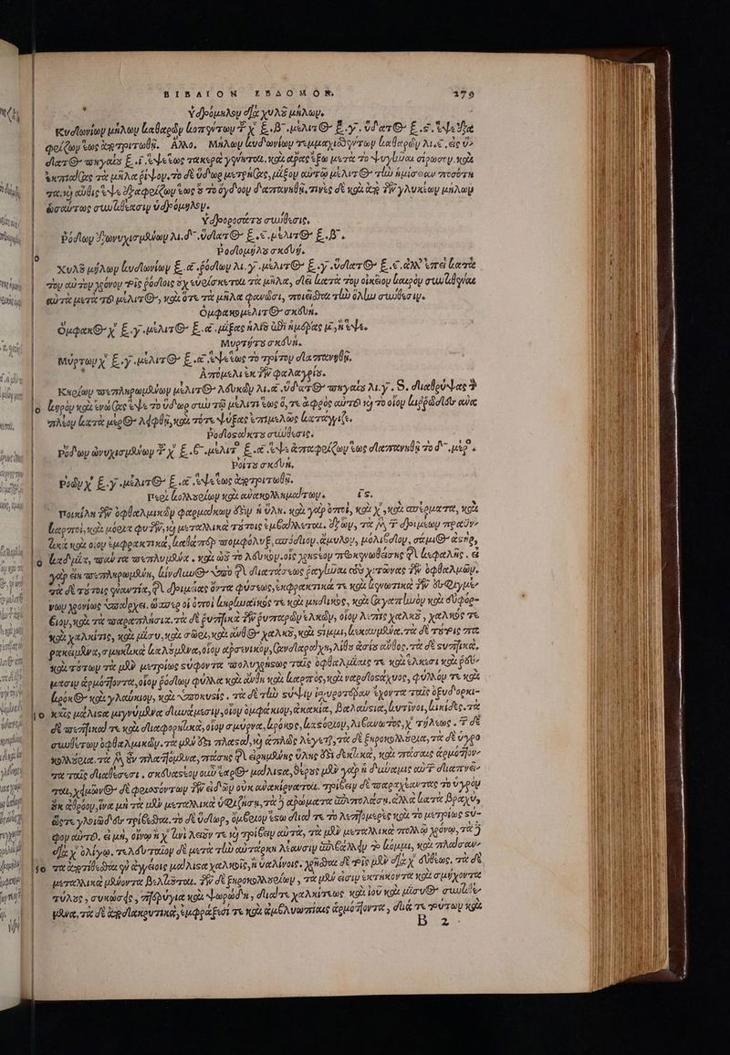 QUA m ni NS [LLLA nil nu AT gol uet yt yu ity u tu ! n j pong Jat κκυσϊωνίων μήλων Lo Doy ἀοπρφύτων ? X. E-B- us Ey vd az E S Soa ' 20 e 3 / N »! E ! ! εὦ  dez Θ- wwyabs E i Abe e τακερα yquirott, κοὰ αρας Ei μεσὰ To NbuyUea σίρωσον. κοὰ ὡσαύτως συωϊιβεασιψ 9d opa sv. Pódloy Ὑϊωνυχισμδίων Aid ὑσῖχα € ἕξ .ς μέλιτθ: EB. PodloutAs σκόυύ, XvA8 μύλων ἐυσϊωνίων £..&amp; .àdley M. y Ms wr C E. xy dte ^ E... ἀλλ vare leri , QU rà μετὰ TÓ usos O^, xou. ὁτὲ σὰ μῆλα φανῶσι, zroiéidyot τίὼ ὅλίω συυδεσιμ. ; ὀμφακομέλιτθ’ σκδυπ. E! A Li - “ἢ ς (€ ὦ ἈΝ Ὁ , - 0 OuQakO y E..y eeu G* E.« μίξας nA ἀϑὲ ἡμόρας usn e Nee MUQT/TS σκόνη. Μύρτωνχ δ γιμέλιτθ’ £x AN iun 7o τρίτου σϊαστανυθᾷ, k ἀπόύμελι ex TW φαλαγρία. Καοίων τοεπληρωμλνων uer AéUxdy M.&amp; ὑδατθ’ ποιγαΐς M. y « 9. σδιαθρύψας ἢ o. ἰμυρὸν κοὰ v ee ee τὸ vd ao συὼ τῷ uA ἕως ὅ,τε ἀφρὸς αὐτόι 1 7o οἷον ἰμῤῥσισυ αὐὰ πλίου lic uso Ad QU, κοὰ τότε ψύξας ἐπιμελῶς ἀχτάγγιζε, Ὁ ῥοσϊοςαἰκτο σιώθεσις, pod'ey ὠνυχισμδύων 7 X £.C uiu. £x ds ἀπαφοίζων ἕως dAezravuls τὸ d use « Ῥοίτο a Ut, Pody x. £-y .«μέλιτθ’ ξ e c ἀρτριτωθᾷ, περὶ losoty xo ewettoAN npud ry « i's. ποικίλη TW. οφθαλμικὼν φαρμαίκων fS) ἡ ὕλη. «oU yap ὀπτοὶ, κοὰ X 04 Gx otiam MCA * je , * fc dos ΧΑ ὦ ΣΩῚ [] Εἰ [αρποὶ, κοῖς oett QuTW, i) μεταλλικᾷ τότοις Seer dz oy, 7 [^T dlevustoy πραὺν» ἀκα ποῖ οἷον ἐμφρακτικᾷ, lloc zráp τοομφολνυξ, ασϑσῖιον. ἀμυλου, μολιθσῖον, σάμι (7 esie, N ὁ ladui, wow re τουπλυμλύα. κοὰ ὠδ το λδυκον.οἷς )ens ey “πθκφνωθεισας QU ἀεφαλῆς. εἰ p ἄπ πσεπλερωμθύα, ἰἰνσίωυθ’ Noo Φὶ σιατάσεως ῥαγίιῶ αι cda χυτῶνας ἣν ὀφθαλμῶν. qu δὲ πότοις γὐαντία, QA douce ὄντα φύσεως, ἐκφρακτικά τι κοὰ ἀρνωτικὰ TW. o Quy you λόνίως asodexet. ὥασερ οἱ ὀστοὶ ἐπρίωαϊκος τὰ (ou μησίεκος, κοὰ (ἀγαπίωὸόν κοὶὰ σὐφόρ- Éiov κοὰ τὰ πσαραπλησιαοτὰ σὲ ῥνηηικὰ W ῥυσταρὼν Ἑλκώψ, οἷου A711 χαλκδ, χαλπός 7e yox χαλκίτις, xo ula y κοὰ a ou xod ἀνθ’ χαλκδ, κοὰ sip scndlae τὰ dt τόνις 7r ρακεμδνα,σμακίυιᾳ Lo NS uoc οἷον ἀῤσινι κὧν,(ἀνσϊαρο! yos Als das αὐύος. πὰ δὲ sva, οὶ τότων τὰ μὴ μετρίως εύφοντα πσολύχρήσως ταῖς ὑφθαλμίαις τε ou ελκεσι od Pav μασιν ἁρμόζοντα, οἷον ῥοσίων φύλλα κοὰ ἀνθ κοὰ ἕαρπος, xg ναρσϊοξάχυος, φύλλόμ τὰ xo (ρόκΘ’ x9 γλαύκιου» xo αὐσυκυείο. τὰ σὲ τἰὼ su^]Ay iorvgozápow ἔχοντα ταῖς ὀξυδιορκι- δὲ wecifod τε xo σϊιαφορκίουκα, οἷον σμύρνα, Loose, [μα φόρτον, λιβανω τος, y. τύλεως. δὲ euvlerov ὀφθαλμικών.τὰ uM d πλαςαΐ, o TNCS λέγετ, τὰ d ξκροκολλόρια, τὰ σὲ ὕγρο χολλδοχα. τὰ JA ὅν πλαομᾶνα, στάσης φὶ ἐρημϑης ὕλης $3 δεκίι καὶ, xoi στοίσαις ἁομόον» era ταῖς σαθεσεσι. axes oy ou τα ρΘ’ wed Miser, δέρας uA Sato ἡ διωύκχμις αὐ σϊιαπνέι» qui, χφμῶν Θ- dt φοιοσόντων TW eid Gy οὐκ αὐακίονατοι, pie d πσαραχέαντας ro ὑγρὸν Bx ἀθρόου, ἵνα μὴ τὰ uU μεταλιικα o Qi(nou, τὰ 5 αρώματα ἀῤδιπολάσπ ἀλκὰ κατὰ βραχὺ», ὥστε γλοιῶσ' δι τρί βεόγαι. τὸ δὲ ὕσϊωρ, ὄμξοιου ἴξω dod τε τὸ λεσηνμερὲς pi τὸ μετρίως su- Qoy αὐτό, εἰ jfi, οἴνῳ ἢ X. lan λειὸν τε νὼ poles αὐτὰ, χὰ JU μοταλλικα στολλῷ χρόνῳ, τὰ ἢ οἴ y ὀλίγῳ. Te Ad v roy δὲ μετὰ vli αὐτάρκα λέανσιψ GA a dy Ὁ Loa, κοὰ Acla ew^ μεταλλικα ufulorzat βελζδτοιι. δῇ) δὲ ξκροκολλσοίων, τὰ μὴν ἐσὶν Ger nov vot «oU σμύχοντο “ , * r Ns(o re M D^ n πύλσς, cua de, σηδῥυγια «os. ψωρώδᾳ , dial τε χαλκίσεως καὶ iov xou uicvG cuuie Wwe ra σὲ ie laxtov zin ἐμφράξεσί τε I ἀμθλνωπίαις ouo Torri , du τε ύτοωυ Kg P2