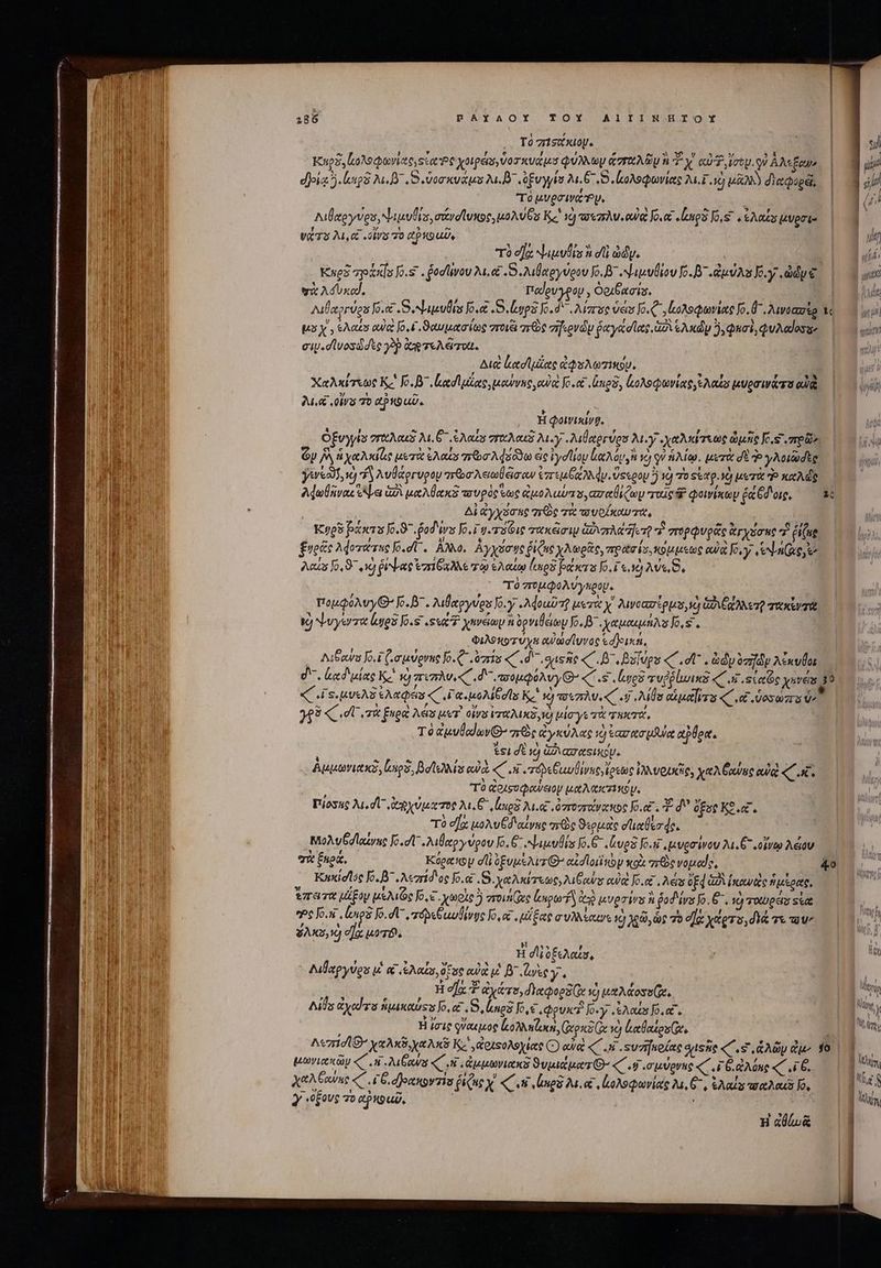 τὸ 7S0 xloy. Kos, Κολοφωνίας, sca Pe xotpens οσκυάμῦ φύλλων ἁπαλῶν ᾿ TX aU ety gi AM few. | djoia 5.lnp3 M. S. oo kv M β΄ ὐξυγγίσ λι. 6.5. ἀολοφωνίας 24.1 οὐ UON) διαφορᾷ, Ἴομυρσινχῖῦν. Nlleyves, aulis σάνσϊυκος, μολύθυ Κα ' τὸ τουπλν. eua Jo.ec «ἰεπρδ Jo,s «Aat ἀνρσι- νζτο MG «ora 70 αρκουῦς τὸ e] ψιμυδιπ n di dy. Kies spia Jo.s ῥοσίνου Au. .S ulatgyveov Jo. B^ Nuuvüiov fo. uc 2as Jo.y .ady € er λόυκω, Παίρυγρον, δοιβασίσ. | Aulacorvgs [6.0 Saulis Jo. S. eggs o. δ΄, λίπος vem o. C. loApoviae Jo. 0 λινοασὲρ τι pas x , Aes ow Jo, i ϑαυμασίως στοιξὶ qr G6 σἤερνὼν ῥαγασῖας, ἀδὶ ἑλκῶν ὃ, φασὶ, φυλαίοσαν Ὁ ci.dlvosddts γὰρ ce τελὥτοι. Aue ἀασϊμζας ἀφολωτσίκου. Χαλκίτεως Καὶ Jo. B^ (ασὶ μίας, μούνης, οὐκὶ [6.οἱ,ἀπρδ, ζολοφωνίας, As μυρσινάτα αἰᾷ | Aue oia τὸ P319 uU. | H φοινικίνφ. ὀξυγγίο »ταλαιῦ M. G7 Eats TFI λι.γ7..λιθαργύρο My χαλκέσεως ὠμῆς K.s πρῶ» ὧν δ) ya Jade μετὰ eas roa A dodo ἐς yd loy καλόν, Ν ve) qi ἡλίῳ. μετὰ σὲ T γλοιῶσες yet, ὁ λυθάργυρου aria Ae iow ἐπεμθχλλάν. ὕφερου ὃ 10) o stato. 1) μετὰ o καλῶς λφωθάνας Spes ὑδὶ μαλθακδ τουρὸς ἕως ἀμολαύασ, «σαθίζωμ roug φοινίκων ῥάξδοις, ἃς Ai ἀγχόσας χρὼς τὰ αυοζκαυτα, ἹἙυρῦ bxc Jo.97. $od'ws Jo.i gig τακᾶσιμ GovzAa d]ero “ἢ πορφυρᾶς ἄγχόσας fiue ξηρᾶς Adozeaue fo.dl. ἀλλο. Αγχύσης ῥίζας χλωρᾶς, vro ata is, κομμεως euo Jo, y: Nase Qs 0,97 3 Gib ἐπίξαλλε τῷ ἐλαίῳ (nos patera Jo. 1. 9Av« Ὁ, τὸ πομφολύγκπρομ. πομφόλυγθ᾽ Jo. B7. λιθαργύρα Jo.y «λφοωῦτῇ μετὰ X λινοασίρμο, ὦ ἀδιβάλλετῇ τακίντα V) ψυγέντα lupe Jo.s «sex? yuveimp n ὀρνιβείων Jo. B. .χαμαιμήλυ [0,5 . Φιλοχοτύχη αὐώσϊυνος edkixa, Λιβανο Κ.ἴζ σμύρνης fo. oris C. αιφῆς C. ^, Bolugs «C .ot ὡδν ofdy λίκυθοι d. ἀκόδιμίας Kj Ij TUA C d ποομφόλυγθ’ 128775 τυῤῥ(ωικδ αν ἢ scc χυνέις 3 2 CES AJ AS cA es C Γαι μολίβσς Κα vo τσεσλυ.«..7..λίθο cuir « .αὐοσωπο o « .σἵ τὰ Enpe Aes μετὶ οἵνα ἱπαλικδ,νὸ μίσγε τὰ τηκτά, Τὸ ἀμυθαίωνθ’ πῶς ἀγκύλας ὁ ea era uiua aoc. [P ὁ ἁδιασαΞικν. Αμμωνιακδ, oues, Bal eo «C «8 Té Cuv ivuc ἔρεως ἰλλυρικῆς, a A Gouite eua. C τὸ ἀοισσφανειον ua Meca. Πίοσας M.dl ἀρχύματος Au. δ΄, ἐπκρὲ Ai. ὀστοστάναπος [6.οζ. E d ofot ΚΘ εξ, τὸ οἵᾳ μολυξδιαίνας χες ϑιρμὰς σϊιαθισᾳς. Μολυθοϊαίνας Jo. «λιθαργύρου Jo. Θ΄ ψιμυθίς Jo.G- υρδ [c.n μυρσίνου λι. “οἴνῳ λέον σὰ £uoc, Κύρακομ el ἐξυμέλιτ’ αἰσϊοιϊ τὼν κοὰ rs νομαῖς, 4o Κηκίσῖός Jo.B^ λεπίδος o.« .SS. ye Ax reae, Mou owe Jo.o , Aes GEq δι ἱκανὰς ἡμέρας, ἔπάιτα μέξομ μελιῶς Jo, € χωρὶς 5 roii Ge notre μυρσινε ἡ od 'ivs o. 8. 19 TUDpcis siat Pelo. Lupi Jo. dV ép μυδένυς Jo, oc , μέξας συλλέαως 9 49,6 τὸ σᾳ χώρτο, διά τε ^ $AX5,9 e] uo. ; Ἡ σἱ ὀξελαΐσ, Λιθαργύρυ V. αἱ ἐλαΐζο, οἵας ow μὲ D se γι H σα dyes, dieqoes ἢ uxAossGe, Alb Gycd ra ἡμικαύςς Jo, oc, S ens Jo,€ φρυκτ Jo-y «ἐλαία o. . H iie φὕαιμος ἰκολληζοκη, (xen Gx τὸ boues, | A«zridl ^ ya Ax ya Ax Κα ,ἀριξολοχίας C) αὐ «΄.κ΄. «υσήκοίας dusue Sg ἁλῶν ἐμ’ 16 μωνικκὼν «C Lu uw C ἀμμωνιακὲ ϑυμιάματθ- «C σμύρνης E gone «C .Γ6, | χαλ βαύκ «΄.Γβιοχκοντίσ ῥίζας X « 8 nez Le, ἀολοφωνίας A G^, Sata τσαλαιῦ Jo, y «dove vo e'pud, | i; : Ἡ αϑωᾷ Ι Mfg S rt