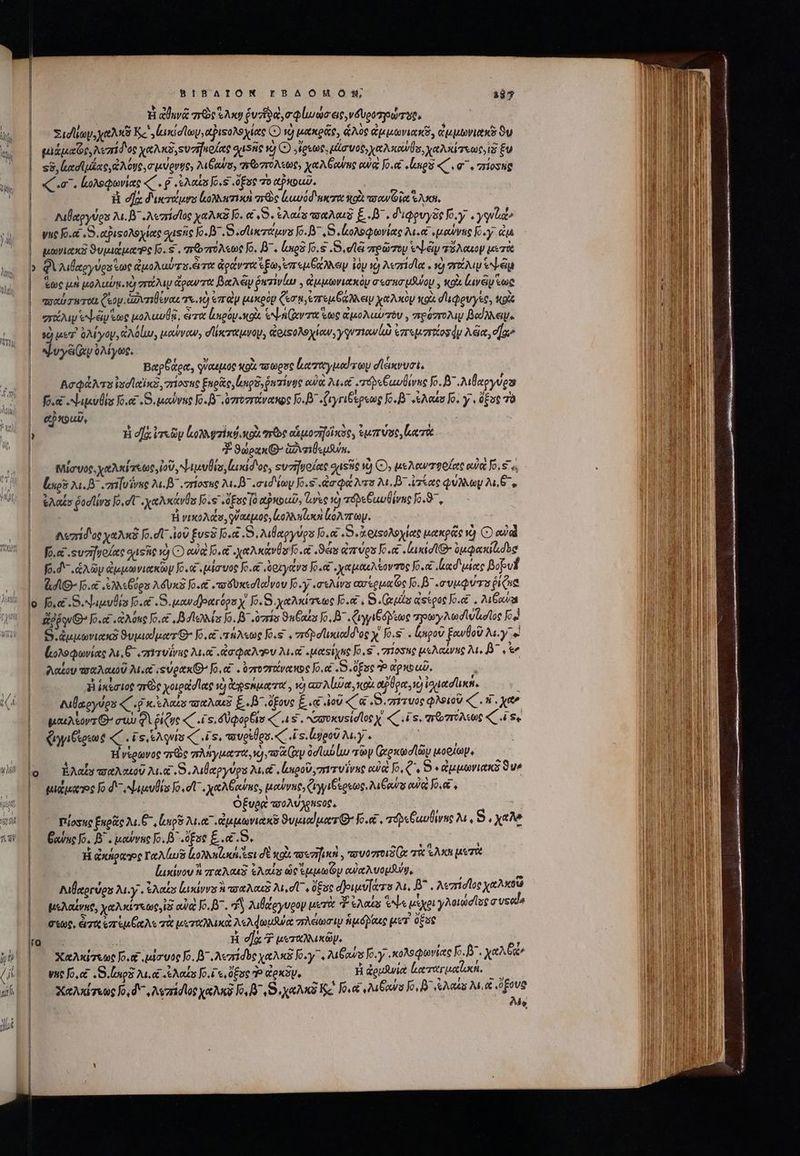 | ΒΙΒΛΙΟΝ EBAOMOHNM, 387 | | Ἡ aUu&amp; zc Ἑλκυ ῥυῆναι, σφίω ὡσ ec νδυρουγοώτυν, Σισϊων, χαλκῦ Kc ικίσϊωμ,αξιεολοχίας C) ὁ μακρᾶς, ἁλὸς ἀμμωνιακῦ, ἀμμωνιακδ Ou | gage λεπίδος χαλκδ,ευσῆκοίας σχιδῆς ὦ Ὁ οἵρεωρ, μάσυος,χαλκούθς, χαλκίτεως, Ιδ ἕν | sS, ἀκσϊμάας,ἀλόῃς, σμύρνψς» λιθαύσ, πεστόλεως, χαλξαύης pua, Jo.«t «npa C. σ΄, πίρσες Co^, (ολοφωνίας «΄. ῥ s Ants Jo. ὅξος To αῥκοωῦ. | | ἢ e]: διμκτάώμνο looi ac ξαυύδακτα κοὰ OW Vet SAX | - Αἰβαργύρα λι. β΄ A«aridloo χαλκὲ Jo. &amp; 49. ἐλαίᾳ ποαλαιὸ E. I. διφρυγᾶς fo.y «ygvlat γης fo.&amp; «δ. αφιφολοχίας σιΞῆς Κ.β᾽.5.σιικτάμνε o. 7, εἰολοφωνίας λι.α μούνας Κ. ἀμ | quic ϑυμιάμαο fo. . qr&amp;zroA«ne Jo, β΄, ἰσιρδ Jo.s S vli πρῶτομ «ψέν τόλακον μετὰ b δὶ λιθαργύραξως ἀμολαύπε, εἶτα ἀραάντα spo, ere eer ἰὸν ἡ λεπισῖα. id vix sea ἕως μὴ OAUUM Y) στάλιυ ἄραντα Baie ῥατινάω , ἀμμωνιακὸμν σεσησμῆνομ. «ox luveiy «uc | πσαύσετοιι ζέον. ἀδυτιβέναε τε. τὸ err Qu μικρὸν Cernere aes χαλκὸν κοὰ d'upovyee, wpie | γχρλιν ἐψῶμέως μολαυθᾷ, erret ἱπιρόμικοὰ sn Guy τα ἕως ἀμολαυτόυ,, πρόπολιψ Bede. | sque. ὀλίγον, ἀλόίω, μοώνοων, σἴρκταμνον, ζοιςολοχίαν, γ γντιον (ὦ ἐπτομστίοσν λα, σ͵ᾳ» | ψυγειίαν oMyot. | Βαρθάρα, φύαεμος «ol vapore ἐιαταγμαίτωμ σϊεικνυσὶ, | Ασφάλτε ἰσσϊαϊκδ, πίοσης ξκρᾶς, nga, puivae owe Met répsCuuÜivue fo. B^ λιβαργύρυ | [ ἃ οψιμυθίς Jo. «S. eoe Jo. [3 ovre fo. B^ (yri&amp;spemg Jo.B' «Aes fo. y , δξος Τὸ | πὴ tow» TAPER € PCIE ^ L ! ) Yi dla erp oin κρὰ “τὼς οἱ μοσηοϊκὸς, ἐμπύσο, κατὰ | ϑώρακθ᾽ GXvaid«usun. | — Mievog χαλκίτεως, ἰοῦ, ψιμυθίσ, εικίδος, «υσήφοίας cissie νὰ C), μελαντφοίας ea Jo, «s los 24. δ᾽ .πηυΐνας 2a. β΄ riosue 2. B7 .oid oy Jo.S .ἀσφάλτο MB ἰτίας Quy MS, ἐλαξυ ῥοσίίνα Jo, dL χαλκάνθε Jo. puc [o αὐκοαῦ, Ἰωὰς νὰ τόδεθιωυθίνας Jo.9 , ἡ νικολάσ, oup, κολληζικὴ oA 7r. |. Avezid'ot χαλκὲ fo.dU ἰοῦ ξυςδ Jo. S λιθαργύρο Jo.a S ἀριςολοχίας μακρᾶς v) C) αὐὰ | fox .suzifuodec σιοῆς x) C) ow fo, e erar fo. ct Sens ἀπύρυ Jo. luni dO üuQaxidbe || f. d. ἁλῶν ἀμμωνικκὼμ Jo. oc μέσυος Jo.oc .oxyava [6.67 yaputeeoveros Jo. lead eee βοβυΐ | σφ. Jo. ἐλλεθύρα A Ux Jo. .ποδυκεσίαίνου Joy .a'sMva ασερμαῶς Jo. B^ «συμφύτου pi ue lo o.c -S. Nuus fo. c .S.uwdjoatróos x. Jo. S χαλκίτεως o.ec , CAT. ἀςέρος Jo.et . λιβαύᾳ | didi lo.ot «ἀλόας o.c , Boos Jo. B^ aris ϑαθαέν Jo, D^ «ζιγγιβόδιως πρωγλωσινζισῖος Kcd | 9.ἀμμωνιακῇ ϑυμιαίματθ Jo. πήλεως [0.ς. zrépeliodd'og x Jo.s . Καροῦ ξανθοῦ M. y αὶ | {ιολοφωνίας λι, θ΄, πλτυΐνης λιν ἀσφαλν λι.οἱ «μαςίχας Jos πίοσπο μελαίνας M» B^ iie Λαίου τοαλαιοῦ Me iU ptex B fo, c6 . ὑποστάνακος 0.6 .8.,ὅξος Ἢ ἀρκραῦ, ἶ | ἡ ἱκίσιος πες χοιρασίας νὸ ἀροήματα, νὸ ar Alu κοὰ αθραγνὼ ἰσιιασιική, i | μαιλέξονα ^ συὼ QV ῥίζως «is. dUpagGio « s. “σοκυείσιος y. «i s, πτπόλεως Ge | ᾧιγγιβερεως «C ἔς, kAquis C is, tovesles.« s. ἰωροῦλι,γ,. | | | Ἡνέρωνος arc πλήγματα, v) a ry üd lub luo τῶν (ὡρκωσϊῶυ μορίωψ, ὁ ἐἔλαΐν τοαλαιοῦ λι.α .8.λιθαργύρα Md ngo, πυτυΐνς οὐ o. Q^. 5. εἀμμωνιακδ S u^ ᾿ μιβμανς fo d Nuevos Jo, dT, χαλξαύας, μαὐνκς,ζιγγιδέρεως, Mews ewq Jo. . | O£ve&amp; τοτολύλρηςος, | ^ mosue ξκρᾶς Ju. θ΄, ug Asa ἀμμωνιακῦ ϑυμιαίματθ' oe. adxCuulirno M , 5. χαλν ᾿ς βαύας o. β΄. μαύνης o. ^ «ὄξος E... Ἡ ἀκάρωρς Tee Maura lon ess δὲ xol τοεση μοὶ, avuto Cx σὰ ἵλκὰ μετὰ ζικίνον ἢ παλαιδ ἐλαίς ὡς ἐμμωΐζμ αὐαλυομβύν,  Nilzordes 2u.y . ἐλαξο ἐκικίννα ora λι,σῖτ, ὄξος djouevdeers 0a. D^. λεπίσῖος χαλκθώ μελαΐνας, χαλκίτεως, ἰδ uia: Jo. B. S λιθάργυρον μετὰ “Ἐ ἐλαίς VA μίχοι γλοιώσῖος a vsede | σεως, ἀχα Cr e re τὰ μιταλλικὰ λελφωμθα πλέάωσιν ipd oue μετ ὄξος ies T H οἱ T μοεταλλικῶν. ; Χαλκίσεως Jo.e quo uoc Jo, B^ Aezridbe χαλκδ o-y AMGawss Jo. y .κολοφωνιαᾶς kB. xa^ νης [o.c «8. leno Au. &amp; «ἐλαίς [o.i e, Ote TP ἀρκδυ, H deuRwia ἀαταγμαΐοκί, Li |— Xe rts Io, d^ Azriduos χαλκδ o, ^ S χαλκὸ Κα B et Mo Jo, ἐλαία λι, οὶ foveo Pisae tt ttt scita ctt