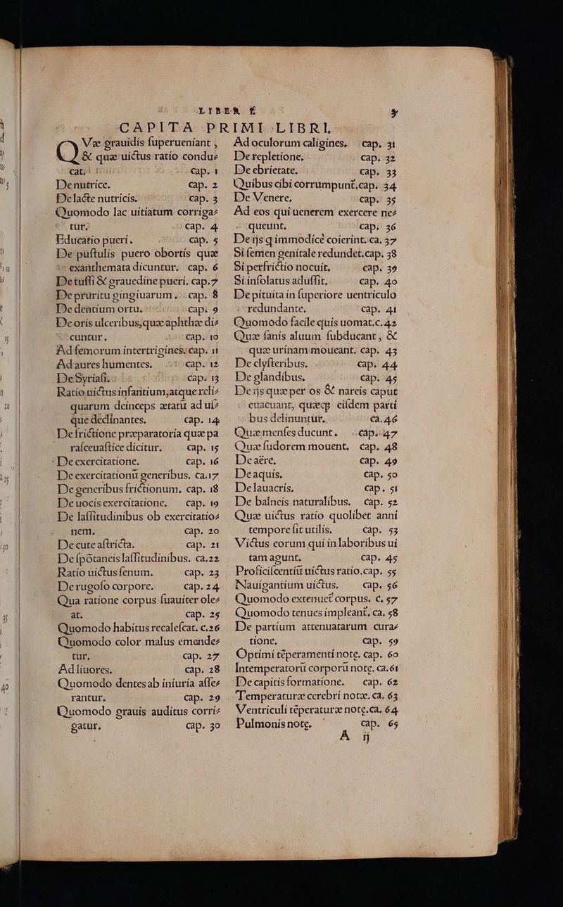 V2 erauidís fuperueníant , &amp; qua uíctus ratio condue cat, Cap. 1 Denutrice. cap. z Delacte nutricis. cap. 3 Quomodo lac uítíatum corrigaz tür, cap. 4 Bducatio puerí. cap. 5 De puftulis puero obortís quae exanthemata dicuntur. cap. é Detufli &amp; grauedíne pueri, cap.7 De prurítu gingíuarum. : cap. 8 De dentíum ortu. Cap. 9 De orís ulceribus, quae aphthee diz cuntur, Cap. 1O Adfeémorum intertrigínes cap. i Cap. i2 DeSyriafi. Cap. 13 Ratío uictus infaritium;atque rcli? quarum deinceps aetatu ad ut que declinantes. Cap. 14 Defrictione praeparatoría quae pa raíceuaftíce dícítur. ^^ cap. is : De exercitatione. Cap. 16 De exercitatíonu generibus. ca.17 De generibus fríctíonum. cap. 18 Deuocísexeratatone, — cap. 1:9 De laffitudinibus ob exercitatioz nem. Cap. 20 De cute aftricta. Cap. 21 De fpóotaneis laffitudinibus. ca.22 Ratio uíctus fenum. cap. 23 Derugofo corpore. cap.24 Qua ratione corpus fuauiter ole2 at, cap. 25 Quomodo habitus recalefcat. c.26 Quomodo color malus emende tur, cap. 27 Ad liuores. cap. 28 Quomodo dentesab íníuría affe rantur, cap. 29 Quomodo grauís audítus corri2 gatur, Cap. 3o , Adoculorum calígínes. cap. 31 De repletíone, Cap. 32 IDe ebrietate. Cap. 33 Quibus cibi corrumpunt,cap. 34 De Venere, Cap. 35 Ad eos qui uenerem exercere ne - queunt. cap. 36 De ijs qimmodicé coierint. ca, 57 Bí femen genitale redundet,cap. 38 Bi perfrictio nocuit, cap. 35 Si ínfolatus aduffit, Cap. 40 De pituita ín fuperiore uentriculo redundante, cap. 4i Quomodo facile quís uomat.c. 42 Quz fanis aluum fubducant , &amp; quz urinam moueant. cap. 43 De clyfteribus. Cap. 44 De glandibus. Cap. 45 De is quz per os &amp; nareís caput euacuant, quaecp. eíídem parti bus delinuntur. (3.4.6 Qua menfesducunt. — cap. 47 Quz fudorem mouent, cap. 48 De aére, Cap. 49 Deaquis. Cap. 5o De lauacrís, Cap. 5i De baíneís naturalibus. — cap. 52 Qua uictus ratio quolibet anní tempore fit utilis, Cap. 53 Victus eorum qui inlaboribus ui tam agunt. Cap. 45 Proficiícentíi uictus ratio.cap. 5s lNauígantíium uictus, —— cap. $6 Quomodo extenuet corpus. €, 57 Quomodo tenues impleant, ca, 58 Dee partíum attenuatarum. cura: tíone. Cap. s9 Optími téperamentí note. cap. 6o lntempetatori corporu note. ca.é1 Decapitisformatíone. ^ cap. éz Temperaturz cerebri notze. ca. 63 Ventrículí teperaturae note.ca, 64, Pulmonisnotg. Cap. 65 n