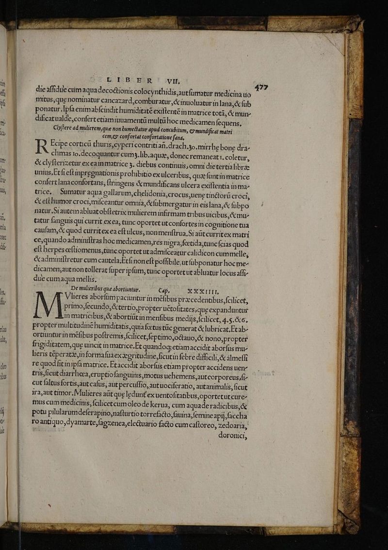 COESISBSAHAR ! wIB die affidue ctim aquadeco&ionis colocynthidis;autfütnatur tiedicina uo mitus,que nominatur cancazard,comburatur à inuoluatur in lana, &fub ponatur. Ipfa entmabfcindit humiditate exillenté in matrice totà, & mun^ dificatualde,confert etiam iuuamentü multü hoc inedicamen fequens, Clerc ad mulierem,que non bume&atur dpud concubitum, cy mutidificat matri cetm,e7 confortat confortatione fana, R Ecipe corticü thuris,cyperi contriti afi, drach.so.mirrhe bone dra^ chmas ro.decoquantur cum 5.lib.aquee, donec remaneat: coletur, & clyflerizetur ex eainmatrice s, diebus continuis; omni die tertía librae unius,Etfi eft inpregnationis prohibitio ex ulceribus, quae funt in matrice confertlanaconfortans, firgens & mundificans ulcera exiflentia intna- trice, Sumatur aqua gallaru m,chelidonía,crocus;uene tin&torü croci, & eit humor croci,mifceantur omnia, fubmeroatur In eislana,& fubpo natur .Siautetabluatobfletrix mulierem infirtmat tribus uicibus& mw tatur faneuis qui currit exea, tunc oportet utconfortesin coenitione tua caufam, & quod curritex ea eft ulcus, nontmenftrua,Si atit curritex matri ce,quando adtniniflras hoc medicamen,res niora;fcetida,tunc feras quod 477 o ^ elt herpes eítiomenus,tunc oportet ut admifceatur calidicon cummelle, &adminiflretur cum cautela;Ftfi non eft poffibile, utfübponatur hoc me- dicamen;autnon tollerat fuper ipfum, tunc oportetut abluatur locus affi due cumaqua mellis, De mulicribus queabovtiuntus. — ^ € 4p, XXXIII, Vlieres aborfüm paciuntur in mefibus prxcedentibus,fcilicet, primo,fecundo,& tertlo,propter uctofitates;que expanduntuf in matricibus, abortiüt in tnenfibus medijs, fcilicet, 4.5. &, propter multitudine humiditatis,quia factustüc generat & lubrícat,Et ab^ ortiuntur1n mefibus poftremis.fcilicet feptimo,o&auo,& hono,propter Íripiditatem,que uincit in matrice, Et quandog, etiamaccidit aborfüs mu lieris téperatzeinformafüaex *gritudine,ficutin febre difficili, & almeff re quodfit inipfa matrice, Etaccidit aborfus etiam propter accidens uen tris)ficut diarrheea,eruptio fanguinis;tnotus uehemens,aut corporeus,fi^ cut faltusfortis,aut cafus, aut perculffio, aut uociferatio, autanitnalis, ficut jra,aut timor. Mulieres aüt que leduntex uentofitatibus,oportetut cure- tnus cum medicinis, fcilicetcum oleo de kerua, cum aquade radicibus, & potu pilularumdeferapino,nafturtio torrefacto,fauina,femineapij,faccha ro antiquo, dyamarte,faozenea;electuario facto cumcafloreo, zedoaría, doronici,