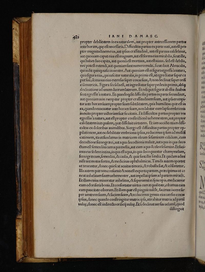 propter debilitatem ineanaturalem, aut propter anteceffionem partus antehoram,que eft neceffaria, Difficultas partus ex parte nati;auteft pro pter maenitudinemeius,aut ipfius craffitudiné, aut eft paruus valdelenis, aut quoniam caput eius efl magnutn,aut efl forma etus mirabilis ficut illej qui habetduo capita, aut quontá eft mortuus, aut eft uius, fed eft debilis, nec poteft extendi,aut quoniamfuntnumero multi, ficut dixit Abrucalis, qui uidit quinginafci inuentre, Aut quoniam eft erfigura egreffa a natura, quiafieura eius,quinafcitur naturalis;i primis eft,ut egrediatur fuper cá putíuu,d manus erus extenfas fuper coxas fuas, nondeclinat fuper orifi ciüratricis, Freura fecudaefl, utingrediatur fuper pedesim primis,abíg declinatione ad unutn duorumlaterum. Et reliquz figurae ab ifiis duabus funtegreffe a natura, Et quandog fit difficilis partus ex partefecundinze, autquontam non rumpitur propter craffitudinemfuam, aut ipfaerumpr turante horamfuam propter fuam fübtilitatem,quia humiditas quz eftin €a,quando euacuatur ante horam fuam, non labitur cum lapfu embrionis inexitu propter uictoriamfuze ficcitatis , Etdifficultas partus propter res egreflas a natura;aut eft propter conftrictioné uehementem,autpropter caliditateminzqualem,quze diffoluit uirtutem, Ft iamaccidit etiam difi^ cultas ex doloribus animalibus. Siergo eft diflicultas partus propter op- pilationem,aut ex debilitate embrionis ipfius,reducimus ipfum ad molli cationem, rta utfundamus in matricem oleum fefaminum calidum, cum &amp;umeft femenlinicumaqua mellis,aut cum aqua &amp; oleo fefamino.Etfact^ mus eas federeintina,inqua eftaqua,in qua decoquuntur chamemelum, fcenoerzecum,femenlmni,&amp; caulis, &amp; quae funtillis fitilia,Et quidam admi niftrant motus fortes, &amp; medicinas ophthalmicas, T'imida autemoportet ut teneantur, donec quiefcat acuitas timoris, &amp;robufla fiat, &amp; cofortetur, Illaantemquaenonconfueuit &amp; nonell experta partum,przcipimus ut te neatanhelitumfuumuehementer ,autimpellatipfum ad partem mirach, Ecillamcuius minoratur anhelitus, &amp; fuperuenitei lyncopis,medicamur «um odoriferis bonis.Etconfortatur uirtus cumaequalitate;cibamus eam cum paucitate ciborum.Et illamque efl pinguis ualde, facimus iacerefu per uentrem fuum, &amp; faciemfuam,&amp;reducimus genua etus uerfus coxas ipfius,donec quando conflringitur matrix ipfa;attrabitur matrix ad parte uulue,donec eft indire&amp;toorificij uulug.Etfi declinat uerfus uelamé,quod | diftinguit RH E. di lt n l7] rele cult nir fid iati inus cott dm Quit pel extat duo, TIT rp bitio tradi N ende