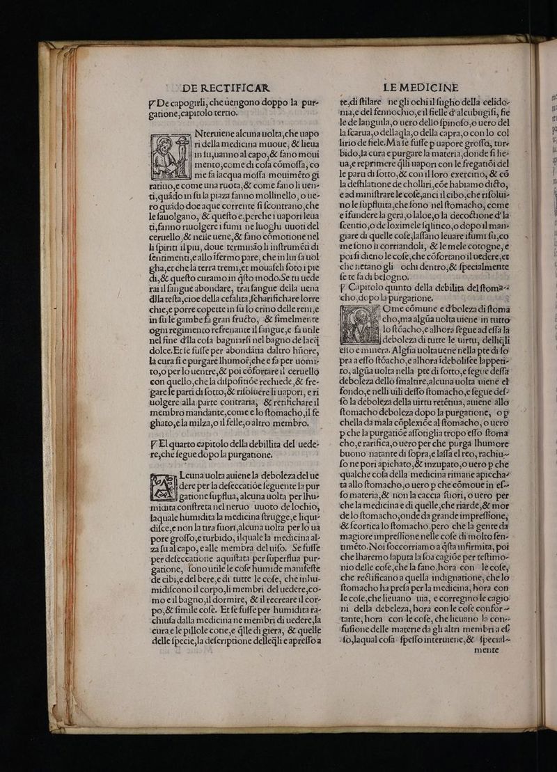De capogirli, cheuengono doppo la pur- garione,capirolo tertio. I >, Nteruiene alcuna uolta,che uapo | ri dellamedicina muoue, &amp; lieua in fu,uanno al capo,&amp; fano moui mento,come di cofa comoffa, co >] me fa acqua moffa mouiméto gi ratito,e come una ruota,&amp; come fanoli uen- ti,quido m fù la piaza fanno mollinello, o ue- ro quado doe aque corrente fi fcontrano,che le fauolgano, &amp; quelto e,perche 1 uapori leua ti, fanno ruolgere i fumi ne luoghi uuoti del ceruello,&amp; neile uene,&amp; fano comotione nel li fpiriti il piu, doue terminio li inftruméti di fenrimenu,e allo fermo pare, che in lu fa uol gha,ecchela terra tremi,er mouafeli foto i pie di,&amp; quefto curamoin gito modo.Se tu uede rail fangue abondare, trarfangue della uena dla telta,cioe della cefalita fcharificharelorre chie,e porre coperte in fu Lo crino delle reni;é in fulegambefa gran fruéto, &amp; fimelmerite ogniregimento refrenante ilfangue,e fa vnle nel fine lla cola bagniarfi nelbagno de lacg dolce.Erfe fuffe per abondatia daltro hiore, la cura fiepurgare Ihumof;che e fa per uomi: 10,0 perlo uentre,&amp; poi cOforrare il ceruello con quello,che la dilpofinbe rechiede,&amp; fre- garele parti di fotro,&amp; nifolùere li wapori, e ri uolgere:alla parte contraria, ‘&amp; rerifichare1l membro mandante,come e lo ftomacho,il fe ghato,ela milza;o 11 felle,o altro membro, pl quarto capitolo della debillita del uede- re;che fegue dopo la purgatione, Lcuna uolta auiene la deboleza del ue I dere per la defeccatide feguente la pur DI gationefupflua, alcuna uolta per ]hu- midita conftreta nel neruo uuoto de lochio, laquale humidita la medicina ftrugge, e liqui- difce,e nonla ira fuori,alcuna uolta perlo ua pore groffo,e rurbido, ilquale la medicina al za fualcapo, e alle membra deluifo. Se fuffe per defeccatione aquiftata per fuperflua pur- gatione, fonovutile le cofe humide manifefte de cibi,e del bere, edi tutte Je cofe, che inhu- midifconoil corpo,limembri deluedere;co- moeilbagno,il dormire, &amp; il recreare 1] cor- 0,&amp; fimile cofe, Et fè fuffe per humidita ra- chiufa dalla medicina ne membri di uedere;la cura ele pillole cotie,e Glle di giera, &amp; quelle delle fpecie,la defcriprione dellegli e apreffo a LE MEDICINE te,di ftilare negli ochiilfugho della celido- nia,e del fennochio, e il fielle d'alcubugifi, fre lede languila,o uero dello fpinofo;0 uero del lafcarua,o dellagla,o della capra jo conlo col lirio de fiele.Ma te fuffe puapore groffa, ture bido,la cura e purgare la materia,donde fi he» ua,e reprimere glii vapori con le freganidi del le pari di forro,&amp; conil loro exercino, &amp; cò la deftilanone de cholliri,c6e habiamo dito, eadminiftrarele cofe,anci il cibo,che rifolui- nolefupfluita,che fono nel ftomacho, come eifunderelagera,olaloe,o la deco@ione d'la fcentio,o de loximele iglinco,o dopo 1l man: giare di quelle cofe,laffano leuare ifumi fico mefono li corriandoli, &amp; le mele corogne; € porfi dienolecofe,che coforrano iluedere,et che netano gli ochi dentro;&amp; fpecialmente fete fa dibefogno, Sh V Capitolo quinto della debilita delftoma- o,dopo la purgatione, 3 p SÙ Ome comune e d'boleza di ftoma Sa cho, maalgia uolta viene in rurro: XUAREA lo ftGacho,e alhora fegue ad effa la (RESZA/4A) deboleza di tutte Je wirtu, delhéili elio eimmera, Algfia uoltauene nella pre di fo pra a effo t6acho,e alhora idebolifte lapperi- to, algila uolta nella pre di forro,e fegue della debaleza dello fmalnre,alcuna uolta wiene el fondo,e nelli uili dello ftomacho,e fegue def fo la deboleza della uirtu retétiva, amiene allo ftomacho deboleza dopo la purgatione, op chella da mala c6plex16e al ftomacho, o vero pche la purgatide affotiglia tropo effo ftoma cho,e rarifica,o uero per che purga Ihumore buono natante di fopra,e laffa el reo, rachiu-- fo ne pori apichato,&amp; inzupato;0 uero p che qualche cofa della medicina rimane apiccha?# ta allo ftomacho,o uero p che comouein ef: fo materia,&amp; nonla caccia fuori, o uèro per chela medicina di quelle,che riarde,&amp; mor delo ftomacho;onde da grande impreffione, &amp; fcorticalo ftomacho,pero chela gente da magiore impreflione nelle cofe di molto fen- timeto. Noi foccotriamo a qfta infirmita, poi che Iharemo faputa la foa cagide per teftimo- nio delle cofe,che la fano, hora con le cofe, che reGlificano a quella indignatione, che lo ftomacho ha prefa perla medicina, hora con le cofe,che lieuano uia, e corregino le cagio: ni della debeleza, hora conle cofe confor- tante; hora ‘con-lecofeè, che lieuano Ja cone fufione delle materie da ghi altra membria ef ‘fo,laqual cofa: fpeffo intermene,&amp;ipecial- mente ET