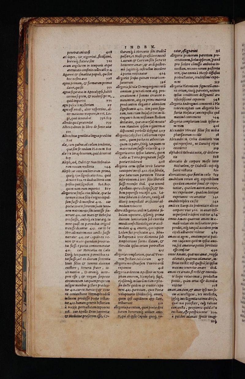 penetrat uninerfi 408 «thiopes, cur nigerrini ficci[simi, brevisq; [latura [int 763 evum angclicvm in temporis atque eternitatis confinio collocati s: 4. Agareni ev ifmaelite populi, qui fint boc noflro euo 278 agens primsm, ez formarum primus dator,qui fit 75i agnus fiauratus m Apocalypft,babét cornua feptem, ez oculos feptem, quid inportet 77A Agni pajca'is my[terium 97 agni off.rendi , alter vefpertino , al^ ter matutino reinporc,in vet, Le- ge,quid denotabat 716.819 albedo quid pretendat 775 Albenzubron in libro de fonte uite got Albrecbtus gentilitia lingua preditus 376 Ale, cum quibus ad celum tendimus, que fint fecundum Platonem 816 ale [cx serapbinorum,quid denotcnt 817 Aleph, iod, Dalet cx Nun Hebraica- rum vocum mysteria 144 Alepb cur omn'um literarum prima, queq; ejus fignificatio Bos, quid dchotet 803.ex duabia literis com pofita quid fignificet — 826.817. quem numcrum importe: — 867 allegoricus fenfus eius fabule, que Sa turnum à Loue filio eregno expul- fura fuijfe demonflrat 410.— cur pocte Iouem fororem fuam Iuno» nem matrimonio fibiiunxiffe fin» xerunt 4x, cur Mars cy Hebe[ra tres fuiffe, anboq; ex loue atq; 1u none quafi ex parentibus originé traxiffe dicuntur. 415. cur Hebe Herculi matrimonio iuncta fuiffe marratu* 413. cur Cupido ex Ve- nere eo marte quondam procrea- tus fuif: € poctis commemoratur 4211. cur Mercuruaá ex Celo Died; tánquam ex parentibus na- iu fuffe.ucl ex diorum fententia louis filius ex 1unonis alumnus exiftere ; Veneris frater , 10 uisnunti4 , D:orumq; inter- pres effe 5 er virgam. ferpente circuntextam tanquam proptrum infigne manibus ge[lare predica- fur 411.cur ex Mercurij eg Vene ris coniunctione Hermapbroditi inlucem prodij[fe poete tetan- tur 433.bumani generis bifloriam à bioy[e pertractatam exponens 558... cur Apollo Dew Sapientie € Medidne prefertim e[Je, Cy» INDSE X tharamq; à Mercurio fibi tradita pulfarect ufis prefidere:necnó Laurum cx Corvum fibi facra ve beimenter amare ey arci postre- mo [agitis ds inflructus incedere à poeti extjtunatur 414. allegorici [enfus quinam vocári con- fucuerunt 396 allegoria fabule Dcmogorgotiis verié omnium gencrationem atq; pro- creationem € [ummo creatore e- mandante, atq; ex prima materia prodcuntem eleganter admodum fignificantis 405. tám panis figu- ram, tum ctiam bujufce Dei m Si- ringam vcbemcntiffumwn studium declarans , que un:ucr[alem natu: vam Mundum ipfum regentem ac difponenté perbclle defignat 407 allegoria Celij five Caeli ortum expo nens, quem pocta ex etbere tan- quam ex patre, Dteq; tanquam cx matre natum fuiffe voluerüt 4.07 allegoria ortus ipfius Saturni , queim Celo ac Terr prognatum fuiffe pocte rctulerunt 4.08 allegoria ortu ipfius lovis Saturno tantopere invifi 410.€)« fabale, que Saturnum parentem Titanis infcrvientem à Love filio liberatu fuiffe recenfet ibid. que wnoné Apollinis opera cócepi[Je,e He- bem peperi[Je recenfet 412, Ua- tone fabulam declarans, eatuq; ad diluvij tempestaté arüficiose «d. modum reducens 413 áltera Allegoria candcm Latonee fa- bulam exponens , ipfamq; prime duorum luminarium fub exordia mundi confectioni eleganter acco- mod4ns 4,4, amoris, quo Iupiter Ledam fiut profecutus 4x5. faba le SRuprumá 1ove Alcnienne [ub Ampbitrionis forma illatum , c2 Herculis ipfius ortum pertractan tus 4.15 allegorie complurium,que ad Venc- rem fbeclant,tabularum — 417 allegoria mon[iruo[um Veneris orti exponens 4418 allegoria ardentem Apollinis in Nym pham amorem, Nympbeq: fuga, cjufdemq; in laura mctamorpho- fin dete quidem ey erudite expo nens 4.15. parentum , quos Poetae voluptuario libidinofoq; amori, quem ipfi cupidinem app: llant, tribuerunt $10 allegoria parentum, quos poete divi tiarum bonorum; utilium amo ri qui ab ipfis Cupido quoq; vo- catur afignárunt 5i allegoria primorum parentum pro- creationem»fcelus ip[orum,pouná pro [celere cómiffo ambobus in^ ius clam, necnon corum po[Lerita tent, que omnia à Moyfe diffufius pertraclantur, eruditiftime expo- nens $19 allegoria Platonicum figmentis amo- ris ortum,ciusq; parentes, necnon ipfius conditiones defignanté ar» tificiofifsime exponens $4.5 allegoria Androgutei commenti à Pla tonc excogitati cum allegoria bis ftorie Mofsice jam expofita quá máximé conveniens 14.4. allegorie complurium louis ipfius &- morum 416 Alexander Hircani filius fex millia pharifeorum occidit I Alexandri à. Orbis domitoris vim qui repreferit , ne Danubij ripas excederct 319 alphabeti Hebraici note, c declarae tio 868 altercatio de corpore Mofis inter Michaelem, cz Diabolis : cujvsds fuerit victoria 851 altercationes,que fiantim celo. 859 amabilium rerum atq; expetibilium quedam amantur fimul e expe tuntur, quedam dutem amantur, ticcexpetuntur , quedam denique expetuntur ec amantur 34L amabiletriplex exiftit 243 dmiás ex Ewripidis fententia in alieno corpore viuit 566. in amati ipfi- us perfoná trasferri videtur 4.34 omnis Amatis quatenus amans in a— matit voluntatis inclinatione pro- pendet, eid; tanquá accedens prim cipali adberere videtur — 489 amans ut agens , amatumique ut pati- ens caufa non quidem ipfius amo- ris,[cd amatorta potihs fervitutis effe cenfctur 490 omne Aráns, quatenus dmat , veipfa adamata, quatenus adamatur , n^ feriu existit: etfi quifpia fui ipfius maximo teneretur amare — ibid. dmans ex arnato,fi rcclé e emenda- té loqui voluerimus , productus pottüs , quàm ortus e(Je dicendus videtur $08 amans,amatum,c* amor ipfe non fe» cus ac mtelligens , ves intellecta, )b[aq; intelligentia catemu divifa, quatenus poteftate , ead ratione cunjuncta , propterca quód au existunt,effe perfpiciuntur / $o9, 4 pulchri adamati fpecie imagi- ned ML icu) la li hi Thef hi AM ài, he