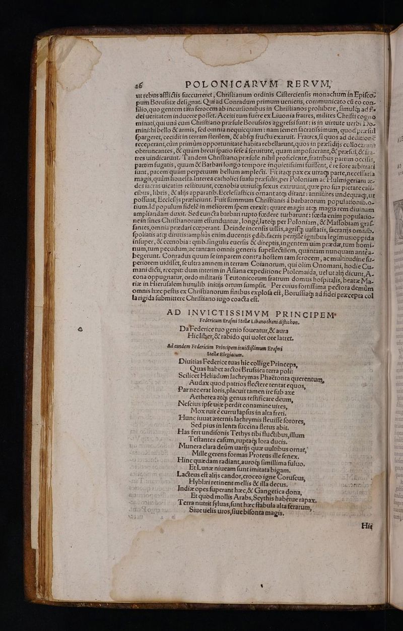 Eus RENNOTUN ut rebusafflictis fuccurreret , Chriftianum ordinis Ciftercíienfis monachum ín Epifcoz filío,quo gentem tara ferocemab íncurfioníbus ín gie m pens Ius ád f« ei ueritatem inducere poffet. Accíti tum fuere ex Líuonía fratres, milites Chri cogno Mud quU ados Cliiftiano przfule Borufsios agerefsí funt: ís ín uírtute uerbi 1Jo- minii ello &amp; armís, fedomnianequícquam : nam lp MOUTH ques. prato fpargeret, cecídítín terram fterílem, &amp;Cabfcp fructu exaruít. Fratres,fi dd TRU TRE teceperant,cüm prímum opportunitate habita rebellarunt,quos Hrs pub 35 MU ; obtruncantes , € quàm breut Ípatio fefea feruítute, HH. Mesh d praeful, » n tres uíndícarunt. l'andem Chriftíano przfule níhil pro sies ratti ; spem oed i partim fugatís, quum &amp; Barbarílomgo tempore Mb rut. simífurllent, € re E à Mos funt, pacem quám perpetuum bellum ampleci. I uode ERR enece aría magis,quám honefta.Interea catholici fuatu pracfulis,per o oníam act p migeriam &amp;- deslactas uícatím reítituunt, coenobía utriufti fexus extruunt que pro fua pietatecali- cíbus, librís, &amp; alijs apparatib.Ecclefíafticís ornantatq dítant: antíftítes undequagj,ut poffunt, Ecclefijs preeficiunt; Puít fummum Chriftianis à barbarorum populationib.o- tium.Id populum fidele ín meliorem fpem crexít: quare magis as. magís rem diuinam amplíandam duxít. Sed cuncta barbari rupto fcedere turbarunt: aeda ením populatío- neínfines Chriftíanorum effunduntur, longejlateg per Poloniam, &amp; Maffobíam graf- fantesjomnía przdarí coeperant. Deínde íncenfis uíllis,agrifz uaftatís, facraríjs omnib. fpolíatís atcg dítutísramplíüs enim duceatís edib.factís perbtle fgaibus legimus:oppida infuper, € ccenobía : quib.fingulis eueríis &amp; direptís,íngentem uim praedae,tum homí- num,tum pecudum;actantam omnís genetís fupelle&amp;tilem, quantam nunquam antéa- begerunt. Conradus quum feímparem contra hoftem tam ferocem, acmultítudíne fü. pertorem uídiífet, fe ultra amnem ín terram Coíanotum, qui olím Onomaní, hodíe Cu- maní dictí, recepit: dum ínterím ín Afiana expeditione Ptolemaída, uelut alij dícunt, A. cona oppugnaturt, ordo milítarís Teutonicorum fratrum domus hofpitalís, beatz Ma. omnís hzc peftis ex Chriftianorum fínibus explofà eft, Boruífia larígida fübmittere Chríftíano íugo coacta eft. AD INVICTISSIMVM PRINCIPEM' Federicum Erafmi Stelle Libanotbani diftichon. Da Federicetuo genío foueatur&amp; aura Hiclibet, S rabido qui uolet ote latret, Ad eundem Federicim Principem inwicifimum Erafmi * Stelle Blegiacum. Diuítías Fedetice tuashic collige Prineeps, Quas hábetarctoíBrufsica terra poli: Scilicet Helíadum lachrymas Phaétonta querentum, Audax quod patríos flectere tentat equos, j Parnecerat lorísplacuít tamen írefüb axe Aethetea at&amp; genus teflíficare deum, INeícius ipfeuiz perdit conamíne uíres, Moxtuít é currulapfus ín alta freti. Hunc iuuat&amp;ternís lachrymís fleuíffe fotores, Sed píus ínlenta füccina fletus abit, Fas fertundifonís Tethys tíbí fluctibus,illum T'eftantes cafum,rupta&amp; lora ducís. Munera claradeüm uarijs quze uultibus ornat,' Mille gerens formas Proteus ille fenex. Hincquadam radíant,aurod fimíllíma fuluo, EtLunz níueam funt inítatabígam. Lacteus eft alíjs candor;croceo igne Corufcus,  Fyblziretinent mellís &amp; illa decus, HO RR Indiz opes fuperant hec,&amp; Gangetica dona, Et quod mollís Arabs,Scythis habétue ràpax, Terranutrit fyluas;funt hac ftabula altaferarum, Sigeuelís uros,fiuebífonta magís, 4 G adfidei pracepta col ldsatm Numi; |