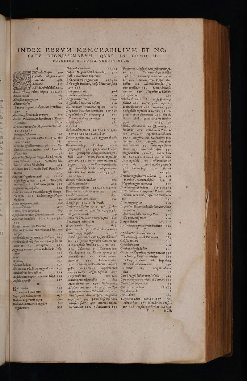 TATV A CbillesdeGrafíis — 3oo $. Adelberti reliquie à late bris erutee 4.86 /- Adamite 203 at. S AdleidaMiezislai filia 4.3 4. Aeneas Syluius Polonis iniquus | 265.430 Aetátes mundi 265 Alben[ium expugnatio 48 Albertus Caefar 705 Bauarus regnum Bobemicum repudiauit 710 ' Alberti vegif coronatio c mors Albertus Palatinus Sendomirienfis à Tartas ris occifus 601 Alexander rex cy dux Mofcouie reconciliati 248.249.360 princeps Lithuanie 397 Alexandri regismorg 228.253. 154. eus mores e: uita. ibid. Alexander gra[fatores intercipit 251. Mol dauise Palataustoritur 206. Voiuoda Vualachie 198 Alexandri Guagnini compendii: Chronicos rum Poloni 341 ' Macedonis bels lum cà Polon&amp; fabulofüm 423 Amadeus dux à Concilio Bafil. Pont. Max. creatus 799 Andreas Vngaria rex cefus 35 — Andree régis fugacy mors. 456 — Tancxishi interitus 218 — Cofixielecy mors 330 Anglie rexvegno pulfus $04 Anna ex Francia Vuladislao regis Hunga- 207 rien/pd 255 Ludouici regis nga» riz foror 2193 Anne regine corondtio 3217 Annone Charitas 483 Antoni) Zeni integritas 677 Apojtolicus orator Cracouidm uenit | 219 Aquarum inundatio | 95. 119.233.482. $59 Adla pro armis regni Polonie 4 Albertus Pontinus Minoriianus à fratribus occifut 339 leni r alovi 644 ubernator Polome | 654. Archiepifcopus g | ; Archiepifcopi refpófum animojius quám mo deraius ,. 651. iuflapoma 629 Argentee monete. prüm4 induclio in Polos niam 136 Arioli 431 Armenia, 337 Afianum bellum 497 Aflronomus T/ladislao prognoflicans. 199 Aurei nobiles fiue duplices 662 Aufl ducum cy archidyeum Origo. $64 Auflria oppre[Ja 2217 B Acbanalia $73 Baiazciis T urce mors 313 Baptizatio Litbuanovum 656 Barbara Imperatrix capta 794 Barbare Imperatricis nequitia 7o 23? tegini mors Q.VAE Bafilienfe concilium 662.694 Baflius Magnus Mofchorumdux — $02 Batbi Tartarorum Imperator 93 Bela cecus vex Vigarorum 4.554.486 Bele regis interitus , eiuid liberorum fuga 495.458 Belli gerendiratio 476 Bellum 1 $o annorum 219 Bergomatis errores 290 BefJerabia à Baiazete uaflata 246 Dialogradum Pomerania captum 7r [c Boguslai ducis Stetinenfis nupiiee Pomeraue ducis encomion Bogufei fides Bohemia 7 Bobemia depopulata , 2.3.5 1.5 2.$3.196. 197.205,230,290.474.487 Bohemis primusrex. 46$ regnum ab al'je gubernaiur 135 Bobemorim fuga ducum propagauo — 433 pugnacirca Thabor 4 Bogdanus Valachus interfeclus | 307.7 1 ZL 5 280.679 107 prmcipesin Afiam militatum proa feti — 497 «^ contra Polonos expeditio 479.471.595 hereticorum oratores ad regem óot cumDPo lonis pacificatio 453 incómoda ex difsidio religionis 7 o x refiflentia 105 clades. 225.434.478. 601.689. Bohenu Polonia excedurtt $80 Silefiám inuadunt 468 Bobemicum bellum /— 43 $.488.567.652. Boleslaus parricida uiuus exuftus $03 Bonbarda muenta 621 Borcouiorum latrocinium 626 Borufst qui 284. VidePrufsi. Boriuoiusà Cefarecapius 978. .Bobes nus ex ul reftirutus cQ rurfas pi ofugus ASz Borsifch dux occifus 29 Bofne rex a Mahomete T'urca captus 218 Boyarorum taciturrutas 214. Bosxenta arcbiepifcopus 624 Bolelaus audax qui c» efferus dicitur coros ndtu, eiuf res oe[le Bawbergá uenit cy. cum Cafare af fimiaté init «1 primuscognométo Chrobry vex gt primuscog 43 6 rex,elutGs familia 434. 2 rex. 278. 454 Caluusrex 9$ — Caluusad prin cipatiuocdtur $41. Ca'uus captus c peá Caluus excoms 229.348 cumaliberatus | 105 mumcdtus — $53 Caluus moritur 120 . Chrabry rex Polonorum, cius, res gefte 22.277.346 4-Crifpusrex 279.551.496 . Crifpusnafcitur /— 485 Crximoufli rex 279.349 marchio Morauie occifus 93 dux Mazouie moritur | . 149 à Polonis creatusefl. 282.710. dux Opa polienfis mercatores Polonos divipuit 714, filius legitimus diuinitus per D. Aegidium ámpetratus. 463 .— parnds de fe ipfe fumit interfecti fratris. 496. neneno à Rutbe- nisexincus 155. 5 Pudicusvex 253 Mafo uiu rex IN CT./OOMO TT, Pudieus rex,eiusi tita,res gefta ey tempos fd $22 Pudicus unde fic fit diclus 196.557 Pudicus principatum recupes rat $42 Pudicus terram Oppolienfem uaflat 1oz Schmeidnitenfisci fra; tremconfpirat 118 —— Sehweidnicenfis moritur — 137 — Vngáriam Q2 Silefiam depopulatur 486 Boleslaialtimore: $6 — regis feuitia co fcelera 460 more$ 470 expedio contrá Bobemos 478 — columne&amp; 445 n4uigabilis expeditioin Daciam. $6. ex« [cditio contra Pomeranos 479. eis uis Coria. — ibid. — primi uaria res feliciter efle 23.51.52.67 Boleslai infortunium | 1 o2 s periculym c» forütudo: 471 — expeditio in Pomera» no$ 47.49.95 expeditio in Bobemos 49.52 peregrinatio m Narboncfem pros iuciam ^486 peregrinationes fums ,. L ]: : ! máG liberalitas $4.— merita ergd Poioa miam. 437 uicloriadeRufiis /— 444. magndnümild$ $o1.469 morscolaus ; ^ üe$ 24.38.490.59.445 461 inPruja fiam expeditio. . 66.— teflamentum c» non 67 pueri indoles generofa 46$ Pudiifsmgd — $59 Pudict mors 192.565 Brandeburgenfis terrauaflatur /,— x08 marchio Gedanum obfidet | 1539 — in Vugaris regem corondtus 205 Brandeburgenfebellum. — $$7.558.563 Bre[le Lithuanict receptum à Polouis. $69 Brodnicia arx munita fru[trá obfefJa à Polos nis 671 Brunsbero erigitur 112 » eo Brzetislaus Bobemie dux Bohemia c» Mora uia potitur 18 Bulgarorum bella cum Imp.Rom. 425 Bulle Innocenti tenor 110 Burgundiones 124.775 Byitbonienfiwm metallorum interitus — 610 * C Adan Tartarorum princeps 94. Cafaris legatio ad Vitoudum 684. Califiia tentat4 625 Caminicy virtus 236 Cantbus infignis doctor 231 Carolus ab Vngaris ad regnum ugcatur 6 2. rex Neap.co Vngar interfectus 615 rex Vngarie moritur 162 — Imp.bisca puis, co ab imperio remotus 6AT s dmper. $64. Magnus $lauox Uucit 18 Caroli Magni bellum ewm Polonis 424. Carolo Magno quid rei fuit ci Sarmatis 27 6 Caroli Rom.Imper.mors 179 Caflitatis excmplum 118. 599 Ca[fubite unde 8 Cataclfmus 263 Cazimirusi.fexX 3247.451,8907 TéX, D Miezlaifilits | 278. filius Loketeknafcis iur 148 rex,ciusd pofleritas 2.89.90 ) in Chia