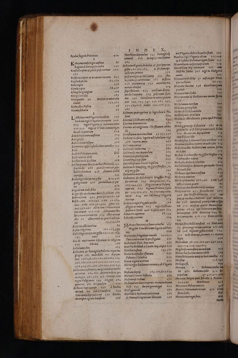 K K Amvenycenfis regio uaflata 86 Kagnetd à Samagitis cincta 150 Keyflud captus c paulo pof(moritur | 167. 192 Keiflutus captus eo in carcere necátus «635 Keyftudi proles 181.389 Kilia capta 218 Kiouia captd 68.457 Konigsberg erigitur 11 Korigal occifus 185 Kunegundis — 91 moritur cx miraculis claret 121.573 Kurko dux Rufiie S 16 Kyouid fubacia 33 L Adislaus rex Vngarie occiditur | 130 Ladislai regis Vngarie coronatio. 226. 7o9 TegisVugarie c Bobemice mors 227.292 regis c? Vitrici Comitis legas tio ad Cazimirum 719 Lancicienfis terra uaffatur 119 Lau grojü $82 Latrocinium infigne 362 Laurentius epifc.rofari odore extin&amp;us $5 $ Lech 7 DET Lech in Poloniam uenit. ibid. Lechiie unde dicti $ Lechius unde Lecbite 268 Lechus prunus dux eo autbor Polonorü 3 41 framricida ^ 268 — quando extiterit pros babilis fententia — 418, fratrem Cracü trucidat 243 Leciiregis uita e res gefle 4.19.4210 peregrindio 416 parricidium c pa nd 422 Legatorum mala fides 671 L:guicéfes a5 alienten ducis fai foluumt «88 Lefüetymon — 423 principis indoles $17 Lefco rex 269.343 6X 1 2.269. 343 31€X. 276.423.424 4feX 15. 345.341.430. Albut cum Helena matre rix creditur. 19.516 . ZAlbuscum Hes lena matre iterumvex. 19. albusmonar cha 76 — albusteriió c quarto veflituis tur 79.523.290 Lokonis albi interitus 83 Lefcus Niger rex 282.353.464. Le[ci Nigri uitd cres gefte 121.122.564. «65. mors 123 Lexde máirimonio difparium in religione 637 Rhodia s 86 Lübalanus dux. 285 Lükuania cy Samagitia Polonie regno ins feiptia. 485 undedidla 135 depopu- lata 138.1498.160.161.162465.164. 166.167.177.178.20 2.24 2. 3 5 1.253. 3496.319.3854.386.387.601.608.641 Litbuanie defcriptio, eiusd ueierni et moder silimies 284.285 ducum ordo c9 ges nealogid 381.582 c fi deinceps. cum regno Polos.unio 194. infignid 384 proceres. 3 92 Tt$ queam 235 Libuanibaptizantur | 392 à Rutbes nicae... 86. fuhaCrucferis — 639 Cuyauiam.depopulantur | 117 Sendos mirienfem agrum deua[tant «66 LI ND OD. E (X. Marchiam depopulati- 145. Samagitedy conuerfi | 286 . innuptctrucidantur 384 Litbuanorü gentis deducto. cz pracipue res geies9o.581592. | C fic deinceps. epifcopus primus ieu $50 prifca religio c idololatria 391 idos la,moresco ceremonie | 185 ucftitus 656 conttwmdcid .730 exercitus tris uarian diuifus 17$ fuperflitiones | 655 confilium de reti- nendo Caximiro — 719 peftimum facis nus 191 excurfiones in uarias prouin Cid$ 130.121. 147. 152. 162. $45. $51.489.618. clades 122.176.555. 567 Lithuanis prevogatiue cy leges date à Pos lonis 669 Liuonia à Libuanis ua[lata 695 Liuonie denominatio 281 Liuones ad religionem Chriflianam addus éi £23 Locuflarum incommodum /— 45.233.597 Lotharj Caefaris legatio ad Boleslaum reg? 488 imperat.mors 499 Lubecum civitas 312 Lubicenfis moletrina ; 680 Lublnenfis ora depopulata $61 Lucenfuum priuilegm. 695 Lucetberga oppidum 656 Lucerdis premi: li uxor iugulata $67 Ludus de Brunfwig Magijler Prufsie , eis usq res gcfle 145 Ludomille interitue 19 Ludouicus de Exlichaufen Magifler Prufz fie moritur | 229. Hungarusrex 162, 183.292.355 V ngarorum c9: Polono run rex 613 regnum Polonia fufcis pt r$4.170.171 FEX Cracouie coros ndur 614 rex Polonia cy Vngarie moritur 174 Ludouici regis Vngarie proles 168 efigiesco mores. 623 regis Galbiexs peditio in Syriá 496 Cafaris mort 6o Lune ires apparent 68.1456 Lukardismoritur.— . 124. M KA Acxko Borkotiex fame extinclus 165 Magifiri Cruciferorum legatio ad Polo nos 686 Mabometes Vngariam intddit | 230.231 Turca uulneratus c» profligatus 217 Mabometis Turc. Jmp.mors 236 Marchia Brádenb.à Carolo Imp.empta 616 Marcbia ua[lata 199.560 Maria in cuftodia afJeruata J ea Palatina Valachie 72$ Marie regine interitus 201 Marid regio diademate coronata ab V ngaris 625 Mafouia depop. $69.570,610.629 Martini Cromeri bifforie 492 Mafouienfe bellum 2000451 Ma fouiorum duces expertes incommodorwm belli 69x . ducumgenealogia — 695 Maffagete ubi 285 Matthias à Michouid uaticinium 32$ de Huniad € captiuitateliberauss— 227 oit rex T ngarie dolos Cáziníro fitit | 230 pn c Vladislai Bobemie regum fadus: 23$ f i Maximilianus aufpex nuptiarum 338 |  j  Maximiliam Imp.coronatio — 297 — «um !  : Mofchis fadus 317. regis in Hungariá ! 4 A motut (0 291 | jt Maxouidtndedicla 31 uaflataper Prute— | ui nos Barbaros $6.563 | Maxouie ducatus. 298 — duces homagium prabuit 20$ Maxzowiorum clades $$$. | | Mazouitarum € Ruthenorum mutua fpolia — | — 126 ^ | p! fcdiolanum euerfum $09 Medicina prodigiofa 251 Medici Fili defraudatio 152 Melfling mors preclara 644 657 gemuncdus poft fidei prauaricator factus ii: Mozouiam depopulatur 114. cum filis occifus 284 Mercenarij alites externi an utiles fmt. 654. tus à fuis $1 Micbadl Cocbmeifler Magifler Pruftie 204 Cocbmeifler captus 664 Michaelis Helinskei facinus 304 Micbalowienfem ditionem quo modo Crucia feri nali fmt $81 Michoaw oppidum exufium 21$9 Micbouia exuritur 68 refüitutionem quarit v3 Miecxlaus dux Ratiborienfis moritur — 8$ Miexislausrex 433. fecundusrex. 2777 446 fue Miefto terüusrex. 352 . eda pius e exctius à Bobemis 447. uulneras tut $16 .— iterumad principatum ddfpis rat $15. tertió co quarto Monarchiam potus 78.79 opePomeranormm ditios nérecuperat 508. Senexrex $04. $e. nexiterumrex 518.512. Senex tertium rex £19 Miexlai fenis belli inteflini/ 2 6. Senis mors 79 primiregis rerum udrietds 277 exis lià $o8. regisres gefle c uita $04. $os. cv fic deinceps,tyrannis co eiymoa logia 43t Miraculum. 38.123.179.437.441-449* 494.$04.539.$49.613 Mogilenfis monaflerij incendium PT Monarche facinus memorabile $89 Monafleria uaria uarijs in locis condita. 7$ Mon]trd 118.245 Moraqua ft 694. Morauid 7 Bobemie rurfus iut da 46$ Bohemiscedit 452 de populata 47.4.5 5.471.487 Morauie magna pars fubacta à Polonis 439.449 Marchiones 455 Moreuiam Poloni amisére 449 | Moraui Germaniam uexant — 430 — Chris fliani fadi. ibid, ; Morauorum regni fiis, ibi, (| Kai M Motli