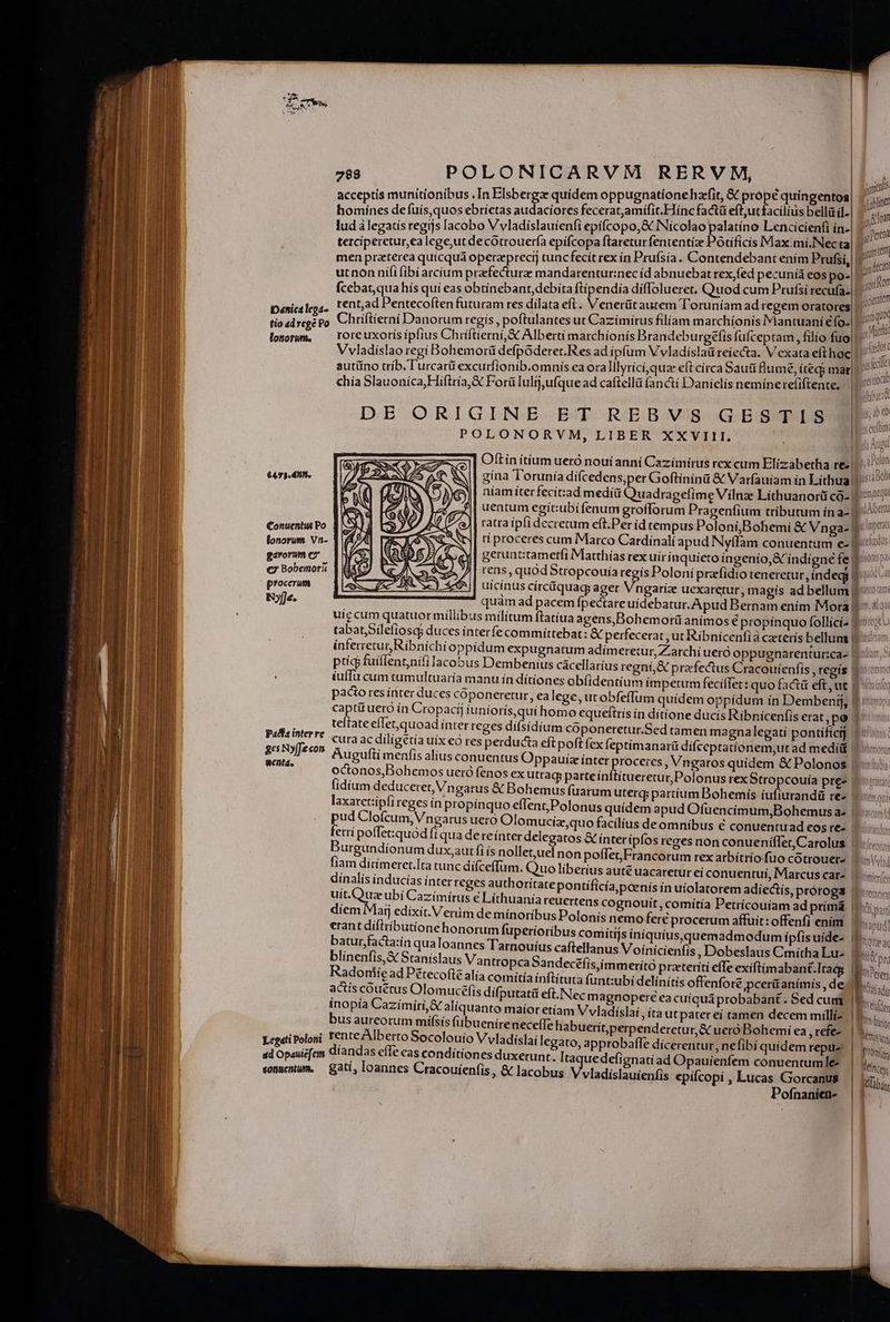 He. ^ i E. KC É ! ; Mj. a. 1 289 POLONICARVM RERVM, qnl | a ^ ? a ; o y I acceptis munitionibus .In Elsberga: quidem oppugnationehzrfit, &amp; prope quingentos, 2 vi IL homínes defuís,quos ebríetas audacíores feceratamifit.Hínc factá eft,utfaciliüs bellá il. y ton | ES RIBRR lud àlegatís regijs lacobo V vladíslauienfi epífcopo,&amp; INícolao palatíno Lenci cienfi in| NT ! i NI terciperetur,ea lege,ut decóotrouería epífcopa flrareturfententíze Potíficis Max.mi.Nec t3 en HAE men praeterea quicquaá operaprectj cunc fecit rex in Prufsía . Contendebant ením Prufsi, dto | ucnon ni(i fibi arcíum praefecturze mandarentur:nec íd abnuebat rex,fed pecuníá eos po. Y Ícebat,qua hís quí eas obtinebant, debita flípendía díffolueret, Quod cum Prufsírecu(az Lousitm rentad Pentecoften futuram res dilata eft. Venerüt autem Toruníam ad regem oratores | SINDR e Chriftierni Danorum regis , poftulantes ut Cazímírus filiam marchionis Mantuani efo-. gu jiopib ie * roreuxoris ipfius Chríftierni,&amp; Alberti marchíonís Brandeburgefis füfcep ram, . fuo vidi Vvladislao regi Bohemorü defpoderet.Res ad ípíum Vvladíslaü reiecta. V exata eft hoc, Pdf autüno trib. l'urcarü excurfionib.omnis ea oralllyrící,qua eft círca Sauii lume, ít€cb mar. ^ : 2 Ri eee A : TIC í f [ [ ü € € ifie te. ! jns 2j chía Slauoníca,Hiftría, € Forü Iulij, ufque ad caftellü (anctí Danielis nemíneref(iften Eu DE ORIGINE ET REBVS GESTIS | POLONORVM, LIBER XXVIII. IE. i Oftin ítíum ueró noui anni Cazimírus rex cum Elizabetha re^ ^ INA gína Torunía dífcedens,per Goftinínt &amp; Varfauiam in Lithua po níamíterfecit:ad mediü Quadra getime Vílna Líthuanorü co- | Mice uentum egiít:ubífenum groflorum Pragenfium tributum ín a- J prim ratra ipfi decretum eft.Per íd tempus Poloni,Bohemi &amp; Vn gaz gm ri proceres cum Marco Cardinali apud Nyífam conuentum e- E gerunt:tametíi Marthías rex uír ínquieto ingenio, S indígne fe pus J| rens, quod Btropcouíaregís Poloni przfidio teneretur, índegg $009 ] uícínus circáquag ager M ipae uexaretur, magís ad bellum [pm quam ad pacem fpectare uidebatur. Apud Bernam ením Mora f ».s: uie cum quatuormiliibus militum ftatíua agens,Bohemoriüi anímos € propínquo follici» 2. tabat,Silefíosq; duces ínterfe committebat: &amp; perfecerat , ut Ribnicenfi à caeterís bellum p «i inferretur, Ribnichí oppidum expugnatum adímeretur, Z.archí ueró oppugnarentur:cas ciiam o ptíc fuiffent,nífi lacobus Dembenius cácellaríus regní,&amp; prafectus Cracouienfis , regis guion iuffu cum tumultuaría manu ín dítíones obíidentíum impetum feciífet: quo facti eft ,ut ae $475. diff. Conuentus Po lonorwn Vn- garorum C. €» Bobemori proccruam R»fje. I pacto res íriter duces COponeretur , ea lege, utobfeffum quidem oppídum ín Dembend, 1 ii captitueró in Cropacij iuníiorís,qui homo equeftris ín dítíone ducís Ríbnicenfis erat,pa 1^ j teftate effet,quoad ínter reges dífsídium coponeretur.Sed tamen magnalegati pontíficij 1i Pacta interre. cura ac diligétia uíx eo res perducta eft poft (ex Íeptímanarü difceptatíonem;ut ad medí&amp; |) ges Noffecon Augufti menfis alius conuentus Oppauiz ínter proceres, Vngaros quídem &amp; Polonos | bis octonos)Bohemos ueró fenos ex utrag parte inftitueretur, Polonus rex Stropcouía pres 1» fidíum deduceret, Vngarus &amp; Bohemus fuarum utergs partíum Bohemis íufiurandü re- ; SE laxarctiipfi reges ín propínquo effent,Polonus quidem apud Ofuencímum,Bohemusa- |. pud Clofcum,Vngarus uero Olomuciz,quo facilius de omnibus € conuentuad eos re- | ferri poffet:quod fi qua dereinter delegatos &amp; interípíos rezes non conueníffet,Carolus /../.. un Burgundionum dux,aut fi ís nollet;uel non poffet;Francorum rex atbítrio fuo cótrouere Lulu fiam dírimeret.Ita tunc dífceffum. Quo liberius auté uacaretur ei conuentui, Marcus cat« || sio. dínalis inducias ínter reges authorítatepontificía,poenís ín uiolatorem adíectís, proroga «s Minfeor ubí Cazímírus € Líthuanía reuertens cognouit, comítía Petrícouiam ad prímáà | diem Maij edíxit. Verum de mínoribus Polonis nemo fere procerum affuit: offenfi enim. 0... il erant diftributione honorum fuperioríbus comiítijs iníquíusquemadmodum ífpfisuide- |. qa F l batur facta:ín qualoannes Tarnouíus caftellanus Voínicienfis , Dobeslaus CmíthaLu- vy pt. l blinenfis,&amp; Stanislaus Vantropca Sandecéfis,immerító przterítí effe exiftimabant.Itacg EL M Radoniie ad Pétecofle alía comiítía inftítuta funt:ubi delinitís offenfore pcerüanímís, deu i i acis couétus Olomucefis dífputati eft.Nec magnopere ea cuíquá probabant . Sed cum | Bi d inopía Cazímiri,&amp; aliquanto maíor etíam V vladislai Ítautpatereí tamen decem millíz. | MM | 31i us aureorum mifsís fübuenirenece(Te habuerit,perpenderetur,&amp; ueró Bohemi ea ,tefe- | bs ! Legeti Poloni rente Alberto Socolouío V vladislaí legato, approbafle dícerentur, nefibí quidem repu | TN ad Opauicfem díandas effe eas conditiones duxerunt. Itaquedefi gnatíad Opauienfem conuentumles | lento, eonentum — gati, loannes Cracouíenfis, &amp; lacobus Vvladislauienfis epifcopi , Lucas Gorcanug bifiban Pofnanien-
