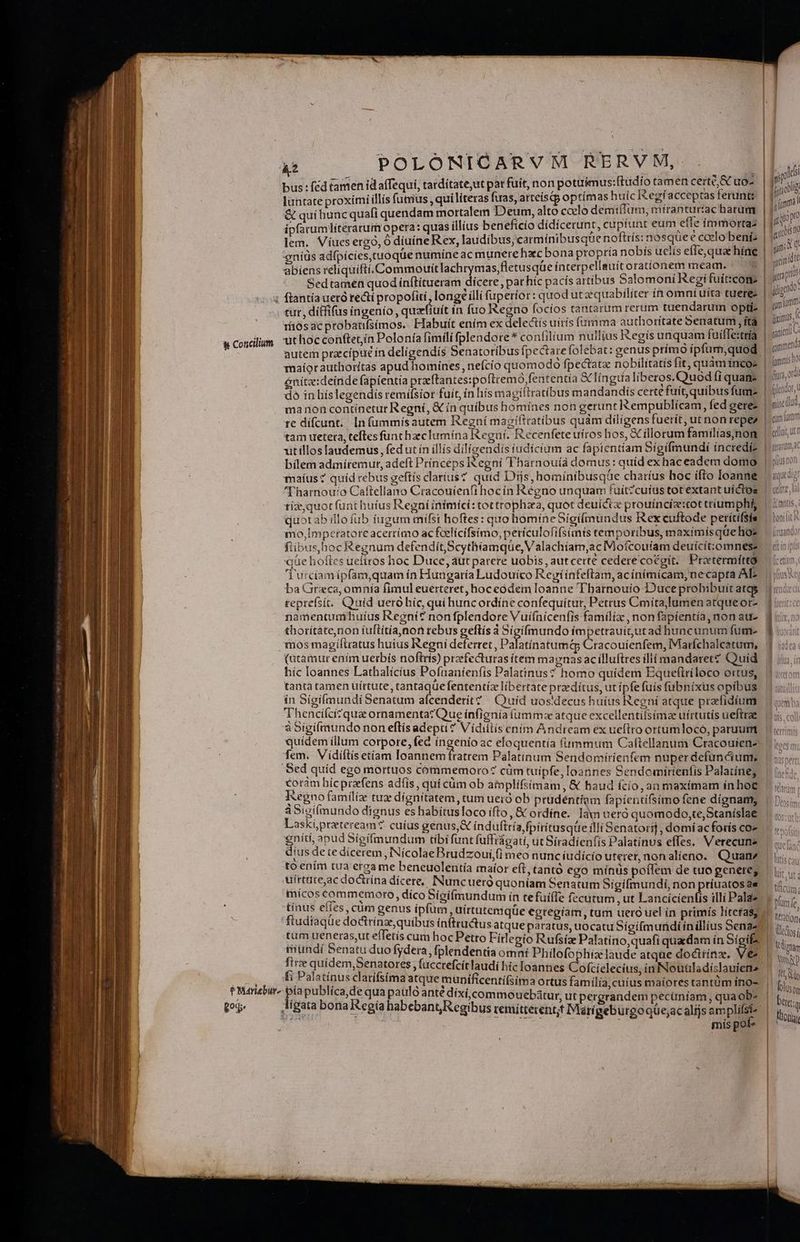 E bus : féd tamen id affequi, tardítate;ut pat fuit, non potu&amp;mus:ftud ío tamen certe, &amp; uo- luntate proximi illis futrius , quíliteras fuas, arteístp optimas huic Kegfacceptas ferunte &amp; quihuncquafi quendam mortalem Deum, alto coclo demiffum; míranturtac barum ipfarumlíterarum opera: quas illius beneficio didícerunt, cupiunt eum efte immortas lem. Víues ergo, o diuíne Rex, laudíbus;carmínibusque noftris:nosque e coelo bení eníüs adfpíciestuoque numíne ac munere hacbona propría nobis uciís eíle,qua híne abiens reliquifti. Commouítlachrymas,fletusque ínterpeliauit orationem meam. Sedtamen quod inftitueram dícere, par híc pacis artibus Salomoni Regi fuíticon w Concilium tut, ditfifus ingenio, quzfiuít in fuo Regno focíos tantarum rerum tuendarum opti: riiósac probatifsímos.. Habuit ením ex delectís uirís (urnma authorítate Senatum , ítà énítz:deinde fapientia prftantes:poftremó fententía &amp;lingia liberos. Quod (i quan: tam uetera, teftes funthaeclumina Reguí. Recenfete uiros hos, &amp; illorum familias,non bilem admítemut, adeft Prínceps Regní Tharnouíá domus: quid exhaceadem domo Tharnou:o Caftellano Cracouíienfi hoc in Régno unquam fuít?cuífus tot extant uictoz tíz,quotfunthuífus Regníinimici: totttophza, quot deuictx prouíncíz:tot triumphi quotab illo fub iugum mifsi hoftes: quo homíneSigi(mundus tex cuftode perítifste mo,Imperatore acerrimo ac fcelícifsimo, perículofifsimts temporibus, maximisque hoz «ue hoftes ueliros hoc Duce, áüt parere uobis , aut certe cederecotgit. Pretermíttó ute) npn (ipeo: D. | ML DUA iius, yanic *-— fimmmis 2o jluidor Ü miae ill, cum farm celluit ferat, yüusnon aque dígt [loro 1 Ult , i aL Ants., thorítàte,non íuftitía,non rebus geftís a Sigí(mundo ímpetrauit;utad huncunum fum- $ Mariebur- híc Ioannes Lathalícíus Pofuanítenfis Palatinus? homo quídem Equeftriloco oitus, tanta tamen üíttute, tantaqüe fententiz libertate praedítus, ut ípfe fuis fübnixus opibus ín Sigifmundi Senatum afcenderít? uid uosidecus huius Regni atque prefidium Thencifci?qua ornamenta? Que ínfignía íummz atque excellentiisimze uírtutís ueftrae ábigifmundo non eftísadepti ? Vídiitís enim Andream ex ueftro ortumloco, paruutmt quidem illum corpore, fec íngenio ac eloquentía (iimmum Caftellanum Cracouífen2 fem. Vidiítis etíam loannem fratrem Palatinum Sendomirienfem nuper defunciunn Sed quíd ego mortuos commemoro? càm tuípfe, Ioannes Sendomirienfis Palatine; coram hícprafens adfis, qui cüm ob aplífstmam, &amp; baud fcio, an maximam ín hoc Regno familiz tuz dignitatem, tum ueió ob prüdéntioam fapientifsímo fene dignam, à Sigifmundo dignus es habitusloco ifto, &amp; ordine. Iam uero quomodo,te,Staníslae Laskípreteream? cuíus genus,&amp; ind uftría fpirítusqüe illi Senatorij , domíacfotís coz eníti, apud Sigifmundum tíbifunt fuffrágati, utSiradienfis Palatinus effes. Verecune dius de te dicerem , INícolae Brudzoui,(i meo nunc íudícío uterer, nonalíeno. Quan to enim tua ergame beneuolentía maíor eft, tantó ego mínüs poílem de turo genere; uírtate,ac doctrína dícere, INuncueró quoniam Senatum Sigifmundi, non priuatos ae micos commemoro, dico Sigiímundum ín te fuifTe fecutum, ut Lancicienlis illi Palaz tinus eiies, cum genus ípfum ,uírtutemqüe egregíam, tum uero uel in primís lítefas; D ^ ' « ftudiaque do cirínzequibus inftructus atque paratus, uocatu Sigiífmundi ínillius Senaz tum ueneras,ut effetís cum hoc Petro Fi mündí Senatu duo fydera, fplendentia Itrze quídem,Senatores , faccrefcit laudi fi Palatínus clarifsimaatque munificen pn publíca,de qua pauló anté díxi,com i omní Philofophixlaude atque doctrínz. Ve hícIoannes Cofcielecius, inNouüladislauiene EMIT familia, cuius maiores tantum íno- ;commouebátur, ut pergrandem pecüniam , quaob- gata bona Regia habebantRegibus remitterent;t Marigeburgoqüe;ac alijs am ps | ; mis pote dt ín pli nli Wo Mn tedio (D (1n Uy folus on btt fhoriar